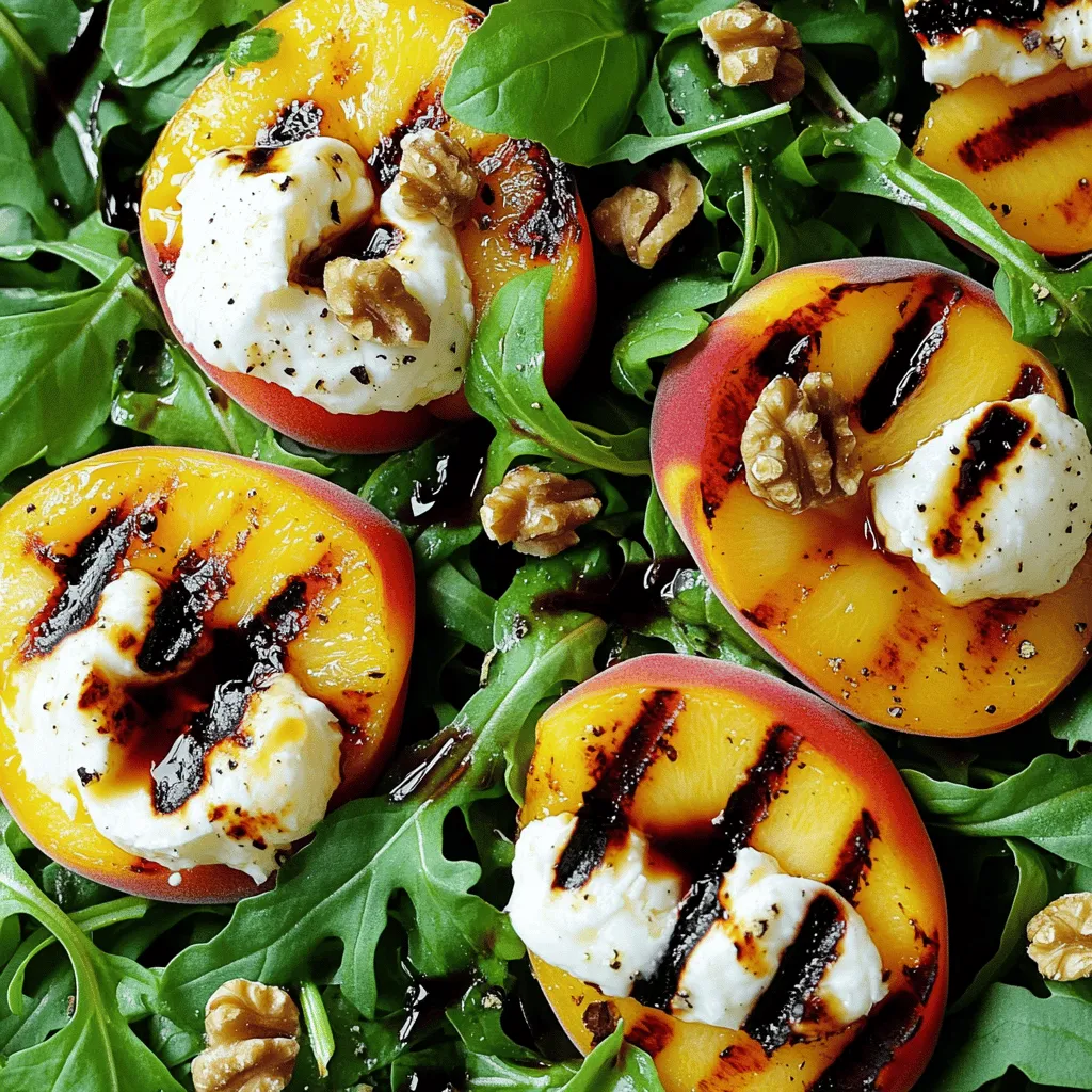 Für diesen Salat brauchen Sie: - 2 reife Pfirsiche, halbiert und entkernt - 225 g Burrata-Käse - 4 Tassen Rucola - 1/4 Tasse geröstete Walnüsse, grob gehackt Diese Zutaten bilden die Basis für den gegrillten Pfirsich- und Burrata-Salat. Der süße Pfirsich harmoniert schön mit dem cremigen Burrata. Der Rucola bringt etwas Schärfe. Die Walnüsse fügen einen tollen Crunch hinzu. Zusätzlich zu den Hauptzutaten verwenden wir: - 2 Esslöffel Olivenöl - 1 Esslöffel Balsamico-Glasur - Salz und Pfeffer nach Geschmack Das Olivenöl sorgt für einen reinen Geschmack. Die Balsamico-Glasur fügt eine süße Säure hinzu. Salz und Pfeffer heben die Aromen hervor. Diese Gewürze sind einfach, aber sehr wichtig. Wählen Sie reife Pfirsiche, die leicht weich sind. Sie sollten einen süßen Duft haben. Für die Burrata, suchen Sie nach frischer Qualität. Achten Sie darauf, dass der Käse cremig und nicht zu hart ist. Frischer Rucola sollte knackig und grün sein. Die Walnüsse sollten geröstet sein, um den besten Geschmack zu bringen. Verwenden Sie gutes Olivenöl und eine hochwertige Balsamico-Glasur. Dies hebt den gesamten Salat. Für das vollständige Rezept schauen Sie sich die [Full Recipe] an. Zuerst wählen Sie zwei reife Pfirsiche aus. Diese sollten fest, aber leicht weich sein. Waschen Sie die Pfirsiche gründlich. Schneiden Sie sie dann in der Mitte durch und entfernen Sie den Kern. Dies ist einfach, wenn Sie einen scharfen Messer verwenden. Bestreichen Sie die Schnittflächen leicht mit Olivenöl. Eine Prise Salz darauf macht einen großen Unterschied. Heizen Sie Ihren Grill oder eine Grillpfanne vor. Die Hitze sollte mittel bis hoch sein. Legen Sie die Pfirsiche mit der Schnittfläche nach unten auf den Grill. Grillen Sie sie für etwa 3-4 Minuten. Sie sollten schöne Grillstreifen sehen. Wenden Sie die Pfirsiche und grillen Sie sie für weitere 1-2 Minuten. Nehmen Sie die Pfirsiche dann vom Grill und lassen Sie sie kurz abkühlen. Bereiten Sie den Rucola in einer großen Schüssel vor. Geben Sie etwas Olivenöl, Salz und Pfeffer hinzu. Mischen Sie alles vorsichtig. Verteilen Sie den Rucola auf einer Servierplatte oder Tellern. Zupfen Sie die Burrata in Stücke und legen Sie diese über den Rucola. Schneiden Sie die gegrillten Pfirsiche in Scheiben. Fächern Sie die Pfirsiche über den Salat. Streuen Sie die gerösteten Walnüsse darüber. Zum Schluss beträufeln Sie den Salat mit Balsamico-Glasur und garnieren ihn mit frischem Basilikum. Für das gesamte Rezept, schauen Sie sich die [Full Recipe] an. Um Pfirsiche perfekt zu grillen, wählen Sie reife Früchte. Sie sollten leicht weich sein und einen süßen Duft haben. Schneiden Sie die Pfirsiche in zwei Hälften und entfernen Sie den Kern. Bestreichen Sie die Schnittfläche mit Olivenöl. Das verhindert, dass die Früchte am Grill kleben bleiben. Grillen Sie die Pfirsiche bei mittlerer bis hoher Hitze. Grillen Sie sie etwa 3-4 Minuten auf der Schnittseite. Wenden Sie die Pfirsiche und grillen Sie sie weitere 1-2 Minuten. So erhalten sie schöne Grillstreifen und bleiben saftig. Burrata ist ein weicher, cremiger Käse. Er passt perfekt zu gegrillten Pfirsichen. Um Burrata zu verwenden, nehmen Sie ihn aus der Verpackung und lassen Sie ihn etwas bei Zimmertemperatur stehen. So wird er noch cremiger. Zupfen Sie den Käse in Stücke und verteilen Sie ihn gleichmäßig über den Salat. Das sorgt für eine schöne Präsentation und einen tollen Geschmack. Achten Sie darauf, die Burrata erst kurz vor dem Servieren hinzuzufügen, damit sie frisch bleibt. Um den Salat schön anzurichten, verwenden Sie eine große Servierplatte. Beginnen Sie mit dem Rucola als Basis. Verteilen Sie ihn gleichmäßig. Danach fügen Sie die Burrata-Stücke hinzu. Schneiden Sie die gegrillten Pfirsiche in Scheiben und legen Sie sie fächerartig über den Käse. Streuen Sie grob gehackte Walnüsse darüber für einen knackigen Biss. Zum Schluss beträufeln Sie den Salat mit Balsamico-Glasur. Garnieren Sie mit frischen Basilikumblättern. So sieht Ihr Salat frisch und einladend aus. Für das vollständige Rezept, schauen Sie sich die [Full Recipe] an. {{image_4}} Für eine vegetarische Variante kann man Feta-Käse statt Burrata verwenden. Feta hat einen kräftigen Geschmack, der gut mit den süßen Pfirsichen harmoniert. Du kannst auch Ziegenkäse probieren, um eine cremige Textur hinzuzufügen. Wenn du noch mehr Gemüse möchtest, füge gegrillte Zucchini oder Paprika hinzu. Diese Gemüse ergänzen den Salat farblich und geschmacklich. Um mehr Protein hinzuzufügen, kannst du gegrillte Hähnchenbrust oder Garnelen verwenden. Diese Optionen bringen eine herzhaftere Note in den Salat. Eine andere Möglichkeit ist, Kichererbsen oder schwarze Bohnen zu verwenden. Sie sind nahrhaft und passen gut zu den anderen Zutaten. Mit diesen Proteinen wird der Salat zu einer vollständigen Mahlzeit. Du kannst den Salat je nach Saison anpassen. Im Frühling sind Erdbeeren oder Himbeeren eine tolle Ergänzung. Im Herbst passen geröstete Kürbiswürfel gut zu den Pfirsichen. Diese saisonalen Früchte und Gemüse bringen frische Aromen und Farben in deinen Salat. So bleibt er stets spannend und lecker. Für das komplette Rezept schaue dir die Liste der Zutaten und die Zubereitungsschritte an. Um die Frische Ihres gegrillten Pfirsich- und Burrata-Salats zu bewahren, lagern Sie ihn in einem luftdichten Behälter. Verwenden Sie dazu am besten Glasbehälter. Wenn Sie Rucola und Burrata getrennt aufbewahren, bleibt alles länger frisch. Wickeln Sie den Burrata in ein feuchtes Tuch, bevor Sie ihn in den Kühlschrank legen. So bleibt er cremig und lecker. Für die Meal Prep können Sie die Pfirsiche im Voraus grillen und in den Kühlschrank legen. Bereiten Sie auch die Walnüsse und den Rucola vor. Mischen Sie sie jedoch erst kurz vor dem Servieren, damit der Salat knusprig bleibt. Diese Methode spart Zeit und sorgt für frische, schmackhafte Mahlzeiten während der Woche. Im Kühlschrank hält sich der Salat etwa 2 bis 3 Tage. Achten Sie darauf, dass die Zutaten gut abgedeckt sind. Wenn der Salat anfängt, matschig zu werden, ist es besser, ihn nicht mehr zu essen. Genießen Sie den Salat, solange er frisch ist, um den besten Geschmack zu erleben. Ja, Sie können andere Früchte verwenden. Nektarinen oder Aprikosen sind gute Alternativen. Diese Früchte haben ähnliche Texturen und Geschmäcker. Grille sie genauso wie die Pfirsiche. Das bringt auch einen leckeren Geschmack in den Salat. Der Salat schmeckt frisch am besten. Sie können ihn im Kühlschrank lagern. In einem luftdichten Behälter bleibt er etwa 1 bis 2 Tage frisch. Achten Sie darauf, die Burrata nicht zu lange zu lagern. Sie wird schnell weich und verliert ihren Geschmack. Zu diesem Salat passen viele Dinge. Probieren Sie geröstetes Brot oder Baguette. Ein leichter Weißwein ergänzt die Aromen gut. Auch ein fruchtiger Cocktail kann den Genuss erhöhen. Verwenden Sie frische Kräuter, um den Salat noch geschmackvoller zu machen. Für das vollständige Rezept, schauen Sie sich die [Full Recipe] an. Der gegrillte Pfirsich- und Burrata-Salat ist eine leckere Wahl. Wir haben die besten Zutaten und Gewürze besprochen. Die Anleitung hilft dir, den Salat leicht zuzubereiten. Tipps und Tricks geben dir die perfekten Ergebnisse. Variationen machen den Salat noch spannender. Schließlich haben wir auch Lagerung und Haltbarkeit behandelt. Nutze diese Ideen, um deinen Salat zu verbessern und zu genießen! Viel Spaß beim Grillen!