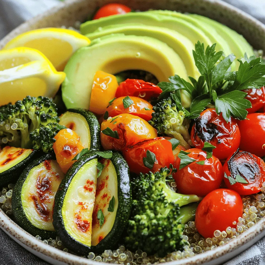 - 1 Tasse Quinoa, gut abgespült - 2 Tassen Gemüsebrühe (oder Wasser) - 1 mittelgroße Zucchini, gewürfelt - 1 rote Paprika, gewürfelt - 1 Tasse Kirschtomaten, halbiert - 1 Tasse Brokkoliröschen - 2 Esslöffel Olivenöl Die Hauptzutaten machen das Gericht bunt und gesund. Quinoa ist ein toller Lieferant von Protein und Ballaststoffen. Zucchini, Paprika, Kirschtomaten und Brokkoli bringen Vitamine und Mineralien. Olivenöl gibt Geschmack und gesunde Fette. - 1 Teelöffel Knoblauchpulver - 1 Teelöffel geräuchertes Paprika-Pulver - Salz und Pfeffer nach Geschmack Die Gewürze sind der Schlüssel zu einem guten Geschmack. Knoblauchpulver gibt ein starkes Aroma. Geräuchertes Paprika-Pulver sorgt für eine rauchige Note. Salz und Pfeffer heben alle Aromen hervor. - 1 Avocado, in Scheiben geschnitten - Frische Petersilie, gehackt zum Garnieren - Zitronenschnitze zum Servieren Die Dekoration macht das Essen schön. Avocado bringt eine cremige Textur und gesunde Fette. Frische Petersilie gibt einen frischen Kick. Zitronenschnitze fügen einen spritzigen Geschmack hinzu. Du kannst das Rezept [Full Recipe] nutzen, um alle Schritte zu sehen. - Heize den Ofen auf 220 °C vor. - Schneide die Zucchini, Paprika, Kirschtomaten und Brokkoli in kleine Stücke. - Gib das Gemüse in eine große Schüssel. - Beträufle es mit Olivenöl und würze mit Knoblauchpulver, geräuchertem Paprika, Salz und Pfeffer. - Mische alles gut, damit das Gemüse gleichmäßig gewürzt ist. - Bringe in einem Topf die Gemüsebrühe oder Wasser zum Kochen. - Füge die abgespülte Quinoa hinzu und rühre um. - Reduziere die Hitze und decke den Topf ab. - Lasse die Quinoa für 15 Minuten köcheln, bis sie die Flüssigkeit aufnimmt. - Lockere die Quinoa nach dem Kochen mit einer Gabel auf. - Verwende die Quinoa als Basis für die Bowls. - Fülle die gerösteten Gemüse darauf. - Lege die Avocadoscheiben obenauf. - Garniere mit frischer Petersilie. - Serviere die Bowls mit Zitronenschnitzen für extra Frische. Für das vollständige Rezept, schau dir die [Full Recipe] an. Um Gemüse perfekt zu rösten, ist die richtige Zeit und Temperatur wichtig. Ich empfehle, den Ofen auf 220 °C vorzuheizen. Diese hohe Temperatur sorgt für schöne Röstfarben. Röste das Gemüse für 20 bis 25 Minuten. Nach der Hälfte der Zeit solltest du das Gemüse einmal wenden. So gart es gleichmäßig und wird schön zart. Bevor du die Quinoa kochst, spüle sie gut ab. Das entfernt Bitterstoffe und sorgt für einen besseren Geschmack. Verwende kaltes Wasser und ein feines Sieb. Nach dem Spülen, koche die Quinoa in Gemüsebrühe oder Wasser. So wird sie geschmackvoll. Achte darauf, die Hitze zu reduzieren, und decke den Topf ab. Lass die Quinoa 15 Minuten köcheln. Dadurch wird sie fluffig und nicht klumpig. Um deine Bowls zu verfeinern, kannst du frische Kräuter wie Basilikum oder Koriander verwenden. Diese geben einen tollen Geschmack. Außerdem passen Toppings wie geröstete Nüsse oder Samen gut dazu. Für ein frisches Dressing kannst du Zitronensaft und Olivenöl mischen. Das bringt noch mehr Leben in deinen Quinoa Bowl. Weitere Ideen findest du in der [Full Recipe]. {{image_4}} Du kannst die Bowls ganz nach Lust und Laune anpassen. Wähle saisonales Gemüse für frische Aromen. Zum Beispiel: - Saisonale Gemüse wählen: Im Frühling sind Spargel und Erbsen toll. Im Herbst passen Kürbis und Rosenkohl gut. - Wurzelgemüse hinzufügen: Karotten, Rote Bete oder Süßkartoffeln bringen Süße und Textur. Um deine Bowl nahrhafter zu machen, füge Proteinquellen hinzu. Das macht das Gericht sättigender. Hier sind einige Ideen: - Tofu oder Kichererbsen hinzufügen: Beides bietet eine gute Proteinquelle. Tofu kannst du einfach würzen und anbraten. Kichererbsen sind ideal, wenn du es schnell magst. - Nüsse und Samen für Crunch: Mandeln, Walnüsse oder Sonnenblumenkerne sorgen für einen tollen Knusper-Effekt. Sie bringen auch gesunde Fette mit. Die Gewürze machen den Unterschied. Experimentiere mit verschiedenen Geschmäckern: - Asiatische oder mediterrane Aromen: Füge Sojasauce oder Sesamöl für asiatische Noten hinzu. Für mediterrane Aromen nutze Oregano und Zitronensaft. - Experimentieren mit Kräutern: Frische Kräuter wie Basilikum oder Koriander verleihen der Bowl einen frischen Kick. Probiere verschiedene Kombinationen aus, um deinen Favoriten zu finden. Für das komplette Rezept, schau dir den [Full Recipe] an und lasse deiner Kreativität freien Lauf! Um die frisch zubereiteten Bowls richtig zu lagern, benutze einen luftdichten Behälter. Du kannst die Bowls im Kühlschrank aufbewahren. Sie bleiben dort bis zu vier Tage frisch. Wenn du die Bowls länger aufbewahren möchtest, kannst du sie einfrieren. Achte darauf, die Bowls portionsweise einzufrieren. So kannst du nur das auftauen, was du brauchst. Um die Bowls wieder aufzuwärmen, gibt es zwei einfache Methoden. Du kannst die Bowls im Ofen oder in der Mikrowelle aufwärmen. Wenn du den Ofen benutzt, heize ihn auf 180 °C vor. Lege die Bowl auf ein Backblech und wärme sie für etwa 10 bis 15 Minuten. In der Mikrowelle dauert es nur 2 bis 3 Minuten. Füge einen kleinen Schuss Wasser hinzu, um die Feuchtigkeit zu bewahren. So bleibt die Konsistenz und der Geschmack frisch. Um die Frische der Bowls zu prüfen, achte auf das Aussehen und den Geruch. Wenn das Gemüse matschig aussieht oder einen schlechten Geruch hat, ist es besser, es nicht zu essen. Ein guter Tipp ist, die Bowls in den ersten zwei Tagen zu genießen. So hast du den besten Geschmack. Wenn du die Bowls im Gefrierfach aufbewahrst, können sie bis zu drei Monate haltbar sein. Die Zubereitungszeit für diesen Bowl beträgt insgesamt 40 Minuten. Die Vorbereitungszeit ist 15 Minuten. Während dieser Zeit können Sie das Gemüse schneiden und die Quinoa abspülen. Die Kochzeit für die Quinoa ist 15 Minuten. Das Rösten der Gemüse im Ofen dauert etwa 20 bis 25 Minuten. So haben Sie in kurzer Zeit eine gesunde Mahlzeit. Ja, Sie können andere Getreidearten verwenden. Reis ist eine gute Option, besonders brauner Reis. Couscous ist schnell zubereitet und passt gut. Auch Gerste oder Hirse sind leckere Alternativen. Jedes Getreide bringt seinen eigenen Geschmack und Nährstoffe mit. Experimentieren Sie mit dem, was Sie mögen. Viele Beilagen ergänzen diesen Bowl perfekt. Fügen Sie gebratene Kichererbsen für mehr Protein hinzu. Nüsse oder Samen wie Mandeln oder Sonnenblumenkerne geben einen schönen Crunch. Frische Kräuter wie Basilikum oder Minze bringen zusätzlichen Geschmack. Auch ein leichtes Dressing kann das Gericht aufwerten. Ja, dieses Rezept ist vegan. Es enthält nur pflanzliche Zutaten. Quinoa, Gemüse und Avocado sind alle vegan. Sie können das Gericht nach Belieben anpassen. Zum Beispiel können Sie Feta-Käse weglassen, um es vegan zu halten. So bleibt es gesund und schmackhaft. Die gesundheitlichen Vorteile stammen von den Nährstoffen in den Zutaten. Quinoa ist reich an Protein und Ballaststoffen. Gemüse liefert Vitamine und Mineralien. Tomaten sind gut für das Herz. Avocado enthält gesunde Fette. Diese Nährstoffe fördern die Gesundheit und das Wohlbefinden. In diesem Artikel habe ich gezeigt, wie Sie eine köstliche Quinoa-Bowl mit geröstetem Gemüse zubereiten. Sie haben die Hauptzutaten und die Zubereitungsschritte kennengelernt. Außerdem habe ich Tipps für die perfekte Zubereitung und viele Variationen gegeben. Denken Sie an die Lagerung und Aufbewahrung für langfristigen Genuss. Diese Bowls sind einfach, gesund und anpassbar für jeden Geschmack. Probieren Sie es aus und entdecken Sie Ihre eigene Lieblingsversion!