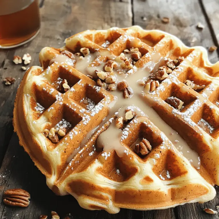Für köstliche Zimtrollen-Waffeln brauchst du nur wenige Zutaten. Hier sind die Hauptbestandteile: - 1 Dose (227 g) gekühlter Zimtrollenteig - 60 g brauner Zucker - 1 Esslöffel gemahlener Zimt - 60 ml Ahornsirup - 65 g Puderzucker - 1 Esslöffel Milch oder Sahne - 1/2 Teelöffel Vanilleextrakt Diese Zutaten geben den Waffeln ihren tollen Geschmack und die perfekte Süße. Der Zimtrollenteig ist die Basis und macht alles einfach. Du kannst die Waffeln nach deinem Geschmack anpassen. Hier sind einige optionale Zutaten: - 60 g gehackte Pekannüsse (optional) - Früchte wie Bananen oder Beeren - Schokoladenstückchen für einen süßeren Twist Diese Zutaten verleihen den Waffeln einen besonderen Pfiff. Probiere verschiedene Kombinationen aus, um deine perfekte Waffel zu finden. Die Wahl der richtigen Zutaten ist wichtig. Hier sind einige Tipps, um die besten Zutaten auszuwählen: - Wähle frischen Zimtrollenteig für den besten Geschmack. - Achte auf Qualität bei Zucker und Sirup. Hochwertige Produkte machen einen großen Unterschied. - Verwende frische Nüsse, wenn du diese hinzufügst. Sie sollten knusprig und aromatisch sein. Mit diesen Tipps bist du bestens gerüstet, um die besten Zimtrollen-Waffeln zu zaubern. Wenn du das vollständige Rezept sehen möchtest, schau dir das [Full Recipe] an. Zuerst heize dein Waffeleisen gemäß den Anweisungen auf. Ein gut vorgeheiztes Waffeleisen sorgt für eine gleichmäßige Bräunung. Stelle sicher, dass du es leicht einfettest. Das hilft, dass die Waffeln nicht kleben bleiben. Kochspray oder ein wenig Butter sind ideal dafür. Jetzt ist es Zeit für die Zimtzucker-Mischung. Nimm eine kleine Schüssel. Mische den braunen Zucker mit dem gemahlenen Zimt. Diese Mischung bringt den süßen Zimtgeschmack in die Waffeln. Mische gut, damit sich der Zimt gleichmäßig verteilt. Wenn du magst, kannst du auch gehackte Pekannüsse hinzufügen. Sie geben einen schönen Crunch. Öffne die Dose mit dem Zimtrollenteig. Trenne jeden Rollenteil und rolle sie vorsichtig aus. Streue die Zimtzucker-Mischung gleichmäßig darüber. Du kannst die Teigstücke jetzt kreativ formen. Flechte sie oder verdrehe sie einfach. Lege die vorbereiteten Stücke in die Mitte des Waffeleisens. Schließe das Waffeleisen und backe die Waffeln für 3-5 Minuten. Sie sollten goldbraun und gut durchgebacken sein. Während sie backen, bereite die Glasur aus Puderzucker, Milch und Vanilleextrakt vor. Sobald die Waffeln fertig sind, nimm sie vorsichtig heraus. Beträufle sie mit Ahornsirup und der Glasur. Serviere die Waffeln warm. Du hast nun eine einfache und leckere Speise! Um perfekte Zimtrollen-Waffeln zu machen, achte auf die Temperatur deines Waffeleisens. Es sollte gut vorgeheizt sein, damit der Teig gleichmäßig bräunt. Verwende auch genug Kochspray oder Butter, um ein Ankleben zu verhindern. Du kannst den Teig in ein geflochtenes Muster legen, um das Aussehen zu verbessern. Ein häufiger Fehler ist, den Teig zu lange zu backen. Kontrolliere die Waffeln nach 3 Minuten. Sie sollten goldbraun sein. Ein weiterer Fehler ist, nicht genug Zimtzucker zu verwenden. Streue genug Zimtzucker auf den Teig, um den vollen Geschmack zu erzielen. Achte darauf, die Waffeln nicht zu überladen, damit sie gleichmäßig backen. Serviere die Waffeln warm auf einem schönen Teller. Du kannst sie mit frischen Früchten wie Erdbeeren oder Bananen garnieren. Ein Spritzer Schlagsahne macht sie noch köstlicher. Probiere auch, die Waffeln mit Schokoladensauce oder Erdnussbutter zu toppen. Diese Kombinationen bringen eine neue Dimension zu deinem Frühstück. Für die vollständige Zubereitung der Zimtrollen-Waffeln sehe dir das [Full Recipe] an. {{image_4}} Um vegane Zimtrollen-Waffeln zu machen, ersetze die Milch durch Pflanzenmilch. Du kannst auch einen veganen Zimtrollenteig verwenden. Das sorgt für den gleichen tollen Geschmack. Nutze Kokosöl oder vegane Butter anstelle von normaler Butter. Die Glasur kann ebenfalls vegan sein, indem du Puderzucker und Pflanzenmilch mischst. Für glutenfreie Zimtrollen-Waffeln wähle einen glutenfreien Zimtrollenteig. Diese Teige sind oft aus Reis- oder Mandelmehl. Achte darauf, dass alle Zutaten glutenfrei sind. Das sorgt dafür, dass du keine Probleme hast. Die Glasur bleibt gleich, du kannst normalen Puderzucker verwenden. Wenn du neue Geschmäcker probieren willst, füge Schokoladenstückchen oder Früchte hinzu. Heidelbeeren oder Bananen passen gut zu Zimt. Eine Prise Muskatnuss kann auch eine tolle Note geben. Überlege, verschiedene Nüsse wie Walnüsse oder Mandeln zu verwenden. So machst du die Waffeln noch interessanter und schmackhafter. Für das vollständige Rezept schau dir die Zimtrollen-Waffeln an! Um Zimtrollen-Waffeln frisch zu halten, lege sie in einen luftdichten Behälter. Du kannst auch Backpapier zwischen die Waffeln legen. So bleibt die Feuchtigkeit in Schach. Lagere die Waffeln im Kühlschrank, wenn du sie innerhalb von drei Tagen essen möchtest. Um die Waffeln wieder aufzuwärmen, benutze einen Toaster oder ein Waffeleisen. Das bringt die Waffeln schnell zurück in Form. Du kannst sie auch in der Mikrowelle erwärmen, aber sie werden weniger knusprig. Ein kurzer Aufwärmzeit von 30 Sekunden sollte genügen. Zimtrollen-Waffeln halten sich im Kühlschrank etwa drei Tage. Wenn du sie länger aufbewahren möchtest, friere sie ein. Wickele jede Waffel in Frischhaltefolie, dann in Alufolie. So bleiben sie bis zu drei Monate lecker. Um sie aufzutauen, lasse sie einfach über Nacht im Kühlschrank. Um die Zimtrollen-Waffeln zu verbessern, kannst du verschiedene Toppings ausprobieren. Probiere frische Früchte wie Erdbeeren oder Bananen. Diese bringen Frische und Farbe. Du kannst auch Schokoladenstückchen oder Nüsse für extra Crunch hinzufügen. Ein Hauch von Zimt auf der Glasur macht sie noch leckerer. Überlege, wie du die Waffeln anrichtest. Eine schöne Präsentation macht sie noch besser. Ja, du kannst die Waffeln im Voraus zubereiten. Bereite den Teig wie im Full Recipe beschrieben vor. Backe die Waffeln und lasse sie abkühlen. Dann lagere sie in einem luftdichten Behälter. Du kannst die Waffeln bis zu drei Tage im Kühlschrank aufbewahren. Zum Servieren wärmst du sie im Toaster oder in der Mikrowelle auf. So bleiben sie knusprig und lecker. Zimtrollen-Waffeln sind nicht immer in Geschäften erhältlich. Manche Cafés oder Bäckereien bieten sie an. Du kannst nach speziellen Waffelrestaurants in deiner Nähe suchen. Eine andere Option ist, sie zu Hause selbst zu machen. Das Rezept ist einfach und macht viel Spaß. So kannst du die Waffeln nach deinem Geschmack anpassen. Wir haben die Zutaten, die Zubereitung und die besten Tipps für Zimtrollen-Waffeln besprochen. Du kannst mit verschiedenen Variationen wie vegan oder glutenfrei spielen. Denke daran, die Waffeln richtig zu lagern und aufzuwärmen. Diese Waffeln bieten dir viel Raum für Kreativität. Sie sind nicht nur lecker, sondern auch einfach zuzubereiten. Experimentiere ruhig mit neuen Geschmäckern und genieße. Viel Spaß beim Ausprobieren!