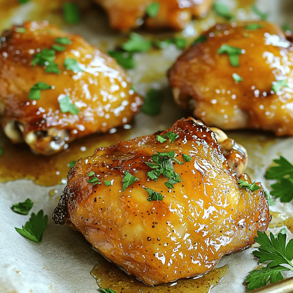 Für dieses Rezept brauche ich einige Hauptzutaten. Diese sind wichtig, um den vollen Geschmack zu erzielen. Die Hauptzutaten sind: - 4 Hühnchenoberkeulen mit Knochen und Haut - 3 Esslöffel Dijon-Senf - 3 Esslöffel Honig - 2 Esslöffel Sojasauce - 1 Esslöffel Apfelessig Jede Zutat trägt zur Gesamtheit des Geschmacks bei. Die Hühnchenoberkeulen bleiben saftig und zart. Der Dijon-Senf bringt eine leichte Schärfe, die perfekt mit dem Honig harmoniert. Die Marinade ist der Schlüssel zu diesem Gericht. Sie sorgt für einen tiefen, reichen Geschmack. Die besonderen Zutaten für die Marinade sind: - 1 Teelöffel Knoblauchpulver - 1 Teelöffel Zwiebelpulver - 1/2 Teelöffel geräucherter Paprika - Salz und Pfeffer nach Geschmack Knoblauch- und Zwiebelpulver geben der Marinade einen herzhaften Kick. Geräucherter Paprika fügt eine leichte Rauchnote hinzu. Diese Aromen machen das Gericht wirklich besonders. Die Gewürze sind wichtig, um das Gericht zu verfeinern. Sie bringen das gesamte Aroma zur Geltung. Bei diesem Rezept nutze ich: - Salz - Pfeffer Diese Gewürze sind einfach, aber sie heben die anderen Geschmäcker hervor. Das richtige Maß an Salz und Pfeffer sorgt dafür, dass das Hühnchen nicht fade schmeckt. Für mehr Tiefe kann man kreativ werden und andere Gewürze ausprobieren. Für das gesamte Rezept und die Zubereitung, schau dir das [Full Recipe] an. Zuerst mache ich die Marinade für das Hühnchen. Ich nehme eine mittelgroße Schüssel. Dort gebe ich 3 Esslöffel Dijon-Senf, 3 Esslöffel Honig und 2 Esslöffel Sojasauce. Dann füge ich 1 Esslöffel Apfelessig hinzu. Jetzt kommen 1 Teelöffel Knoblauchpulver, 1 Teelöffel Zwiebelpulver und 1/2 Teelöffel geräucherter Paprika. Schließlich würze ich die Mischung mit Salz und Pfeffer. Ich verrühre alles gut. Die Marinade sollte glatt und gleichmäßig sein. Als Nächstes bereite ich das Hühnchen vor. Ich lege die 4 Hühnchenoberkeulen in einen großen, wiederverschließbaren Plastikbeutel. Dann gieße ich die Marinade über das Hühnchen. Ich stelle sicher, dass jede Keule gut bedeckt ist. Jetzt schließe ich den Beutel oder decke die Form ab. Ich lasse das Hühnchen mindestens 1 Stunde im Kühlschrank marinieren. Am besten lasse ich es über Nacht, um mehr Geschmack zu bekommen. Wenn ich bereit bin zu kochen, heize ich den Ofen auf 220°C vor. Ich nehme das Hühnchen aus dem Beutel und lasse die überschüssige Marinade abtropfen. Dann lege ich die Hühnchenoberkeulen mit der Hautseite nach oben auf ein Backblech. Ich backe das Hühnchen für etwa 30-35 Minuten. Es sollte eine Innentemperatur von 75°C erreichen und die Haut knusprig sein. In den letzten 10 Minuten löffele ich etwas von der restlichen Marinade über das Hühnchen. Nach dem Backen lasse ich das Hühnchen 5-10 Minuten ruhen. Ich garnieren es mit frisch gehackter Petersilie. So sieht es schön aus und schmeckt toll. Für das gesamte Rezept, siehe [Full Recipe]. Um die Haut deiner Hühnchenoberkeulen knusprig zu machen, gibt es einige Tricks. Erstens, trockne die Haut gut ab, bevor du sie marinierst. Feuchtigkeit macht die Haut weich. Zweitens, erhöhe die Ofentemperatur in den letzten Minuten. Dies hilft, die Haut schön goldbraun zu machen. Du kannst auch einen Grill oben im Ofen nutzen, um die Haut extra knusprig zu bekommen. Achte darauf, dass du das Hühnchen dabei genau beobachtest, damit es nicht verbrennt. Die Marinierzeit ist wichtig für den Geschmack. Ich empfehle, das Hühnchen mindestens eine Stunde zu marinieren, aber über Nacht ist noch besser. So kann die Marinade tief in das Fleisch einziehen. Wenn du wenig Zeit hast, ist eine Stunde ausreichend, aber plane mehr Zeit ein, wenn du kannst. Je länger das Hühnchen in der Marinade bleibt, desto mehr Geschmack bekommst du. Für ein leckeres Essen passen viele Beilagen gut zu Honig-Senf-Hühnchen. Ein frischer grüner Salat bringt einen schönen Kontrast. Auch gebratene Kartoffeln oder Reis sind tolle Optionen. Du kannst auch Gemüse wie Brokkoli oder Karotten dämpfen. Diese Beilagen sind einfach und ergänzen den Geschmack des Hühnchens. Wenn du etwas mehr willst, probiere einen cremigen Kartoffelbrei. So hast du ein vollwertiges und schmackhaftes Essen. {{image_4}} Sie können Honig-Senf-Marinade auch mit anderen Fleischstücken verwenden. Zum Beispiel sind Hähnchenbrust oder Hähnchenflügel eine gute Wahl. Die Marinade funktioniert gut mit Schweinefilet oder Lammkoteletts. Achten Sie darauf, die Garzeit anzupassen. Hähnchenbrust braucht weniger Zeit als Hühnchenoberkeulen. Achten Sie immer auf die Innentemperatur für Sicherheit. Wenn Sie eine vegetarische Option suchen, probieren Sie Tofu oder Gemüse. Für Tofu verwenden Sie die gleiche Marinade. Marinieren Sie den Tofu mindestens eine Stunde, damit er den Geschmack aufnimmt. Gemüse wie Karotten, Paprika oder Zucchini sind ebenfalls lecker. Grillen oder rösten Sie das Gemüse nach dem Marinieren. So erhalten Sie ein tolles Aroma. Um den Geschmack zu variieren, können Sie Gewürze ändern. Fügen Sie Chili-Pulver für Schärfe hinzu. Oder verwenden Sie italienische Kräuter für einen anderen Twist. Thymian und Rosmarin passen gut zu Honig. Experimentieren Sie mit Ihren Lieblingsgewürzen. So können Sie jedes Mal ein neues Geschmackserlebnis schaffen. Um das Hühnchen frisch zu halten, lege die Reste in einen luftdichten Behälter. Achte darauf, dass die Haut nach oben zeigt. So bleibt die Haut knusprig. Du kannst das Hühnchen auch in Alufolie wickeln, aber der Behälter ist besser für die Frische. Wenn du das Hühnchen aufwärmen möchtest, benutze den Ofen. Heize ihn auf 180°C vor. Lege das Hühnchen auf ein Backblech und decke es mit Alufolie ab. So bleibt es saftig. Erhitze das Hühnchen für etwa 15 bis 20 Minuten. Überprüfe die Temperatur, sie sollte 75°C erreichen. Im Kühlschrank hält sich das Hühnchen etwa 3 bis 4 Tage. Stelle sicher, dass es gut verpackt ist, um Gerüche zu vermeiden. Wenn du es länger aufbewahren möchtest, kannst du es auch einfrieren. Im Gefrierraum bleibt es bis zu 3 Monate frisch. Verpacke es in einem Gefrierbeutel oder einem luftdichten Behälter. So bleibt der Geschmack erhalten. Wenn du keinen Dijon-Senf hast, benutze normalen Senf. Er wird den Geschmack gut ersetzen. Du kannst auch einen süßen Senf nehmen, um die Süße des Honigs zu ergänzen. Wenn du etwas Experimentierfreude hast, mische Senf mit ein wenig Honig. So erhältst du eine ähnliche Aromatik. Das Hühnchen ist fertig, wenn die Innentemperatur 75°C (165°F) erreicht. Nutze ein Fleischthermometer, um sicherzugehen. Die Haut sollte knusprig und goldbraun sein. Wenn du ein Stück anstechst, sollte der Saft klar sein, nicht rosa. So weißt du, dass das Hühnchen gut durchgegart ist. Ja, diese Marinade passt gut zu vielen Gerichten. Du kannst sie für Schweinefleisch, Rindfleisch oder sogar Gemüse nutzen. Marinierst du das Fleisch länger, wird der Geschmack intensiver. Du kannst auch das Hühnchen in der Marinade grillen. Das gibt ein tolles Aroma und einen schönen Grillgeschmack. Schau dir den Full Recipe für mehr Details an! Honig-Senf-Hühnchen ist einfach zuzubereiten. Wir haben die Hauptzutaten, Marinade und Gewürze besprochen. Ich zeigte Schritt für Schritt, wie du das Hühnchen marinierst, backst und servierst. Extra Tipps helfen dir, das Gericht perfekt zu machen. Variationen bieten dir viele neue Geschmäcker. Vergiss nicht, die Reste richtig zu lagern. Mit diesen einfachen Ideen wird dein Kochen zum Erfolg. Viel Spaß beim Ausprobieren und Genießen!