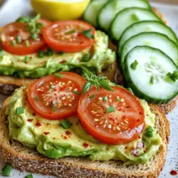 Für ein leckeres Avocado Toast brauchen wir einige Hauptzutaten. Diese sind einfach zu finden und machen das Toast gesund und lecker. Hier sind die Zutaten: - 2 reife Avocados - 4 Scheiben Vollkornbrot - 1 mittelgroße Tomate, in Scheiben geschnitten - 1 kleine rote Zwiebel, dünn geschnitten - 1 Gurke, dünn geschnitten - 1 Zitrone, ausgepresst - 1 Teelöffel rote Pfefferflocken - Frische Kräuter (Basilikum, Koriander oder Schnittlauch) - Salz und Pfeffer nach Geschmack Diese Zutaten sind die Basis für ein perfektes Avocado Toast. Die Avocado gibt uns gesunde Fette und viel Geschmack. Vollkornbrot macht das Toast nahrhaft und gibt Energie. Um dein Avocado Toast zu verfeinern, kannst du verschiedene Toppings hinzufügen. Hier sind einige Ideen: - Fetakäse für einen salzigen Kick - Pochierte Eier für mehr Protein - Räucherlachs für einen tollen Geschmack Du kannst auch andere Gemüse oder Nüsse verwenden. Sei kreativ! Avocado Toast ist nicht nur lecker, sondern auch gesund. Es enthält wichtige Nährstoffe. Hier sind einige Nährwertinformationen: - Avocados sind reich an gesunden Fetten und Vitaminen. - Vollkornbrot hat Ballaststoffe, die gut für die Verdauung sind. - Tomaten und Gurken bringen wichtige Vitamine und Antioxidantien. Diese Kombination macht das Toast zu einer nahrhaften Wahl für jede Mahlzeit. Du kannst das Rezept anpassen, um es noch gesünder zu machen. Probiere verschiedene Kombinationen aus! Um einen köstlichen Avocado Toast zu machen, beginne mit dem Toasten des Vollkornbrotes. Du brauchst zwei Scheiben pro Portion. Toast das Brot goldbraun. Während das Brot toasts, nimm zwei reife Avocados. Halbiere sie, löffle das Fruchtfleisch in eine Schüssel und zerdrücke es mit einer Gabel. Füge frischen Zitronensaft, Salz und Pfeffer hinzu. Dies hilft, den Geschmack zu verstärken. Verteile die Avocado-Mischung gleichmäßig auf dem gerösteten Brot. Du bist bereit für die ersten Variationen. Es gibt viele leckere Varianten für Avocado Toast. Du kannst mit verschiedenen Toppings spielen. Hier sind einige Ideen: - Tomaten-Variante: Lege frische Tomatenscheiben auf die Avocado. Streue eine Prise rote Pfefferflocken darüber. - Gurken-Variante: Füge dünne Gurkenscheiben hinzu. Garniere das Brot mit frischen Kräutern wie Basilikum oder Koriander. - Feta-Variante: Streue zerbröckelten Fetakäse über die Avocado. Das gibt einen tollen Geschmack. - Ei-Variante: Toppe das Toast mit einem pochierten Ei. Das macht es besonders herzhaft. - Räucherlachs-Variante: Lege einige Scheiben Räucherlachs darauf. Das gibt ein feines Aroma. Du kannst auch die Zutaten mischen, um deine eigene leckere Kombination zu finden. Um den perfekten Avocado Toast zu machen, achte auf die Auswahl des Brotes. Vollkornbrot ist gesund und gibt einen tollen Geschmack. Achte darauf, dass die Avocados reif sind. Sie sollten leicht drücken, aber nicht matschig sein. Wenn du den Toast zubereitest, serviere ihn sofort. So bleibt die Avocado frisch und die Aromen sind am besten. Für mehr Ideen schau dir das Rezept Avocado Toast Delight an. Ein häufiger Fehler ist, überreife Avocados zu wählen. Diese machen dein Toast matschig. Achte darauf, dass die Avocados fest sind, aber leicht nachgeben, wenn du sie drückst. Ein weiterer Fehler ist, die Avocado nicht rechtzeitig zu essen. Sie wird schnell braun. Verwende Zitronensaft, um dies zu verhindern. Die beste Avocado hat eine glatte Haut und ist nicht zu hart. Der Hass ist die beliebteste Sorte. Sie hat einen tollen Geschmack und eine cremige Textur. Wenn du sie kaufst, wähle die reifen, aber nicht überreifen. Lagere sie bei Raumtemperatur, bis sie reif sind. Dann kannst du sie im Kühlschrank aufbewahren. Die besten Kombinationen machen dein Avocado Toast besonders lecker. Probiere frische Tomaten für eine saftige Note. Zwiebeln geben einen tollen Biss. Gurken sorgen für Frische. Füge etwas Fetakäse oder ein pochiertes Ei hinzu, um mehr Protein zu bekommen. Diese Variationen machen dein Frühstück spannend. Du kannst auch die Zutaten aus dem Full Recipe anpassen und neue Ideen ausprobieren. {{image_4}} Der mediterrane Avocado Toast ist frisch und einfach. Beginne mit dem Basisrezept für Avocado Toast. Verteilt die cremige Avocado gleichmäßig auf das geröstete Brot. Lege dann einige Scheiben Tomate darauf. Füge dünne Ringe von roter Zwiebel hinzu. Bestreue das Ganze mit einer Prise roter Pfefferflocken. Du kannst auch einen Spritzer Zitronensaft für mehr Frische hinzufügen. Diese Kombination gibt dir den Geschmack des Mittelmeers. Für eine asiatische Variante, nimm die Avocado-Mischung und lege dünne Gurkenscheiben darauf. Streue etwas frischen Koriander darüber. Ein Spritzer Sojasauce kann das Aroma verstärken. Wenn du es würziger magst, füge etwas Sriracha hinzu. Diese Mischung bringt dir eine spannende Note. So bleibt dein Avocado Toast interessant und lecker. Für einen proteinreichen Avocado Toast, beginne wieder mit der Avocado-Basis. Füge ein pochiertes Ei darüber hinzu. Das weiche Eigelb sorgt für eine cremige Textur. Du kannst auch Räucherlachs oder Fetakäse als Topping verwenden. Diese Zutaten geben dir nicht nur mehr Protein, sondern auch mehr Geschmack. Jeder Bissen wird so zu einem Genuss. Diese Variationen machen dein Avocado Toast jeden Tag zu einem neuen Erlebnis. Du kannst die Grundrezepte einfach anpassen und kreativ sein. Für das vollständige Rezept, siehe den Abschnitt über die Zubereitung. Um Avocado Toast frisch zu halten, lagere ihn nicht länger als nötig. Toast kann schnell weich werden. Lagere die ungegessenen Stücke in einem luftdichten Behälter. Wenn du Reste hast, bewahre die Avocado-Mischung separat auf. So bleibt der Geschmack besser erhalten. Avocados neigen dazu, braun zu werden. Um dies zu verhindern, presse etwas Zitronensaft auf die Avocado. Das hilft, die Farbe zu bewahren. Du kannst auch die Avocado mit Frischhaltefolie abdecken. So bleibt sie länger frisch. Verwende luftdichte Behälter aus Glas oder BPA-freiem Plastik. Diese Behälter sind ideal, um Luft und Feuchtigkeit fernzuhalten. Kleinere Behälter sind besser für Portionen. Damit bleibt dein Avocado Toast frisch und lecker. Für mehr Informationen, schau dir das Rezept für Avocado Toast Delight an. Um die perfekte Avocado-Creme zu machen, wähle reife Avocados aus. Schneide sie auf und löffle das Fruchtfleisch in eine Schüssel. Zerdrücke die Avocados mit einer Gabel, bis sie cremig sind. Füge frischen Zitronensaft hinzu. Das sorgt für Frische und verhindert Braunfärbung. Würze die Creme mit Salz und Pfeffer. Du kannst auch Knoblauch oder Chili für extra Geschmack hinzufügen. Mit diesen Schritten hast du eine leckere Avocado-Creme. Für Avocado Toast empfehle ich Vollkornbrot. Es hat einen nussigen Geschmack und viele Nährstoffe. Du kannst auch Sauerteigbrot verwenden. Es gibt dem Toast eine tolle Textur. Andere gute Optionen sind Roggenbrot oder Dinkelbrot. Diese Brote bieten einen guten Kontrast zur cremigen Avocado. Probiere verschiedene Brotsorten aus und finde deinen Favoriten. Avocado Toast schmeckt am besten frisch. Du solltest ihn sofort essen. Wenn du ihn aufbewahren musst, decke ihn gut ab. Lagere ihn im Kühlschrank. So bleibt er für etwa ein bis zwei Stunden frisch. Die Avocado wird jedoch schnell braun. Du kannst den Toast mit Zitronensaft bestreichen, um dies zu verlangsamen. Am besten ist es, den Toast frisch zuzubereiten. So hast du den besten Geschmack und die beste Textur. Avocado Toast ist einfach zuzubereiten und sehr vielseitig. In diesem Blogbeitrag haben wir die besten Zutaten und Zubereitungstipps geteilt. Du hast auch gelernt, häufige Fehler zu vermeiden und die besten Avocados auszuwählen. Verschiedene Varianten bieten mehr Geschmack und Textur. Insgesamt ist Avocado Toast gesund und lecker. Mit den richtigen Tipps kannst du ihn perfekt machen. Genieße deine Avocado Toasts und experimentiere mit neuen Ideen!