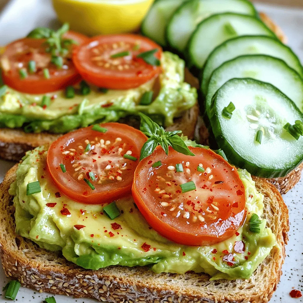 Für ein leckeres Avocado Toast brauchen wir einige Hauptzutaten. Diese sind einfach zu finden und machen das Toast gesund und lecker. Hier sind die Zutaten: - 2 reife Avocados - 4 Scheiben Vollkornbrot - 1 mittelgroße Tomate, in Scheiben geschnitten - 1 kleine rote Zwiebel, dünn geschnitten - 1 Gurke, dünn geschnitten - 1 Zitrone, ausgepresst - 1 Teelöffel rote Pfefferflocken - Frische Kräuter (Basilikum, Koriander oder Schnittlauch) - Salz und Pfeffer nach Geschmack Diese Zutaten sind die Basis für ein perfektes Avocado Toast. Die Avocado gibt uns gesunde Fette und viel Geschmack. Vollkornbrot macht das Toast nahrhaft und gibt Energie. Um dein Avocado Toast zu verfeinern, kannst du verschiedene Toppings hinzufügen. Hier sind einige Ideen: - Fetakäse für einen salzigen Kick - Pochierte Eier für mehr Protein - Räucherlachs für einen tollen Geschmack Du kannst auch andere Gemüse oder Nüsse verwenden. Sei kreativ! Avocado Toast ist nicht nur lecker, sondern auch gesund. Es enthält wichtige Nährstoffe. Hier sind einige Nährwertinformationen: - Avocados sind reich an gesunden Fetten und Vitaminen. - Vollkornbrot hat Ballaststoffe, die gut für die Verdauung sind. - Tomaten und Gurken bringen wichtige Vitamine und Antioxidantien. Diese Kombination macht das Toast zu einer nahrhaften Wahl für jede Mahlzeit. Du kannst das Rezept anpassen, um es noch gesünder zu machen. Probiere verschiedene Kombinationen aus! Um einen köstlichen Avocado Toast zu machen, beginne mit dem Toasten des Vollkornbrotes. Du brauchst zwei Scheiben pro Portion. Toast das Brot goldbraun. Während das Brot toasts, nimm zwei reife Avocados. Halbiere sie, löffle das Fruchtfleisch in eine Schüssel und zerdrücke es mit einer Gabel. Füge frischen Zitronensaft, Salz und Pfeffer hinzu. Dies hilft, den Geschmack zu verstärken. Verteile die Avocado-Mischung gleichmäßig auf dem gerösteten Brot. Du bist bereit für die ersten Variationen. Es gibt viele leckere Varianten für Avocado Toast. Du kannst mit verschiedenen Toppings spielen. Hier sind einige Ideen: - Tomaten-Variante: Lege frische Tomatenscheiben auf die Avocado. Streue eine Prise rote Pfefferflocken darüber. - Gurken-Variante: Füge dünne Gurkenscheiben hinzu. Garniere das Brot mit frischen Kräutern wie Basilikum oder Koriander. - Feta-Variante: Streue zerbröckelten Fetakäse über die Avocado. Das gibt einen tollen Geschmack. - Ei-Variante: Toppe das Toast mit einem pochierten Ei. Das macht es besonders herzhaft. - Räucherlachs-Variante: Lege einige Scheiben Räucherlachs darauf. Das gibt ein feines Aroma. Du kannst auch die Zutaten mischen, um deine eigene leckere Kombination zu finden. Um den perfekten Avocado Toast zu machen, achte auf die Auswahl des Brotes. Vollkornbrot ist gesund und gibt einen tollen Geschmack. Achte darauf, dass die Avocados reif sind. Sie sollten leicht drücken, aber nicht matschig sein. Wenn du den Toast zubereitest, serviere ihn sofort. So bleibt die Avocado frisch und die Aromen sind am besten. Für mehr Ideen schau dir das Rezept Avocado Toast Delight an. Ein häufiger Fehler ist, überreife Avocados zu wählen. Diese machen dein Toast matschig. Achte darauf, dass die Avocados fest sind, aber leicht nachgeben, wenn du sie drückst. Ein weiterer Fehler ist, die Avocado nicht rechtzeitig zu essen. Sie wird schnell braun. Verwende Zitronensaft, um dies zu verhindern. Die beste Avocado hat eine glatte Haut und ist nicht zu hart. Der Hass ist die beliebteste Sorte. Sie hat einen tollen Geschmack und eine cremige Textur. Wenn du sie kaufst, wähle die reifen, aber nicht überreifen. Lagere sie bei Raumtemperatur, bis sie reif sind. Dann kannst du sie im Kühlschrank aufbewahren. Die besten Kombinationen machen dein Avocado Toast besonders lecker. Probiere frische Tomaten für eine saftige Note. Zwiebeln geben einen tollen Biss. Gurken sorgen für Frische. Füge etwas Fetakäse oder ein pochiertes Ei hinzu, um mehr Protein zu bekommen. Diese Variationen machen dein Frühstück spannend. Du kannst auch die Zutaten aus dem Full Recipe anpassen und neue Ideen ausprobieren. {{image_4}} Der mediterrane Avocado Toast ist frisch und einfach. Beginne mit dem Basisrezept für Avocado Toast. Verteilt die cremige Avocado gleichmäßig auf das geröstete Brot. Lege dann einige Scheiben Tomate darauf. Füge dünne Ringe von roter Zwiebel hinzu. Bestreue das Ganze mit einer Prise roter Pfefferflocken. Du kannst auch einen Spritzer Zitronensaft für mehr Frische hinzufügen. Diese Kombination gibt dir den Geschmack des Mittelmeers. Für eine asiatische Variante, nimm die Avocado-Mischung und lege dünne Gurkenscheiben darauf. Streue etwas frischen Koriander darüber. Ein Spritzer Sojasauce kann das Aroma verstärken. Wenn du es würziger magst, füge etwas Sriracha hinzu. Diese Mischung bringt dir eine spannende Note. So bleibt dein Avocado Toast interessant und lecker. Für einen proteinreichen Avocado Toast, beginne wieder mit der Avocado-Basis. Füge ein pochiertes Ei darüber hinzu. Das weiche Eigelb sorgt für eine cremige Textur. Du kannst auch Räucherlachs oder Fetakäse als Topping verwenden. Diese Zutaten geben dir nicht nur mehr Protein, sondern auch mehr Geschmack. Jeder Bissen wird so zu einem Genuss. Diese Variationen machen dein Avocado Toast jeden Tag zu einem neuen Erlebnis. Du kannst die Grundrezepte einfach anpassen und kreativ sein. Für das vollständige Rezept, siehe den Abschnitt über die Zubereitung. Um Avocado Toast frisch zu halten, lagere ihn nicht länger als nötig. Toast kann schnell weich werden. Lagere die ungegessenen Stücke in einem luftdichten Behälter. Wenn du Reste hast, bewahre die Avocado-Mischung separat auf. So bleibt der Geschmack besser erhalten. Avocados neigen dazu, braun zu werden. Um dies zu verhindern, presse etwas Zitronensaft auf die Avocado. Das hilft, die Farbe zu bewahren. Du kannst auch die Avocado mit Frischhaltefolie abdecken. So bleibt sie länger frisch. Verwende luftdichte Behälter aus Glas oder BPA-freiem Plastik. Diese Behälter sind ideal, um Luft und Feuchtigkeit fernzuhalten. Kleinere Behälter sind besser für Portionen. Damit bleibt dein Avocado Toast frisch und lecker. Für mehr Informationen, schau dir das Rezept für Avocado Toast Delight an. Um die perfekte Avocado-Creme zu machen, wähle reife Avocados aus. Schneide sie auf und löffle das Fruchtfleisch in eine Schüssel. Zerdrücke die Avocados mit einer Gabel, bis sie cremig sind. Füge frischen Zitronensaft hinzu. Das sorgt für Frische und verhindert Braunfärbung. Würze die Creme mit Salz und Pfeffer. Du kannst auch Knoblauch oder Chili für extra Geschmack hinzufügen. Mit diesen Schritten hast du eine leckere Avocado-Creme. Für Avocado Toast empfehle ich Vollkornbrot. Es hat einen nussigen Geschmack und viele Nährstoffe. Du kannst auch Sauerteigbrot verwenden. Es gibt dem Toast eine tolle Textur. Andere gute Optionen sind Roggenbrot oder Dinkelbrot. Diese Brote bieten einen guten Kontrast zur cremigen Avocado. Probiere verschiedene Brotsorten aus und finde deinen Favoriten. Avocado Toast schmeckt am besten frisch. Du solltest ihn sofort essen. Wenn du ihn aufbewahren musst, decke ihn gut ab. Lagere ihn im Kühlschrank. So bleibt er für etwa ein bis zwei Stunden frisch. Die Avocado wird jedoch schnell braun. Du kannst den Toast mit Zitronensaft bestreichen, um dies zu verlangsamen. Am besten ist es, den Toast frisch zuzubereiten. So hast du den besten Geschmack und die beste Textur. Avocado Toast ist einfach zuzubereiten und sehr vielseitig. In diesem Blogbeitrag haben wir die besten Zutaten und Zubereitungstipps geteilt. Du hast auch gelernt, häufige Fehler zu vermeiden und die besten Avocados auszuwählen. Verschiedene Varianten bieten mehr Geschmack und Textur. Insgesamt ist Avocado Toast gesund und lecker. Mit den richtigen Tipps kannst du ihn perfekt machen. Genieße deine Avocado Toasts und experimentiere mit neuen Ideen!