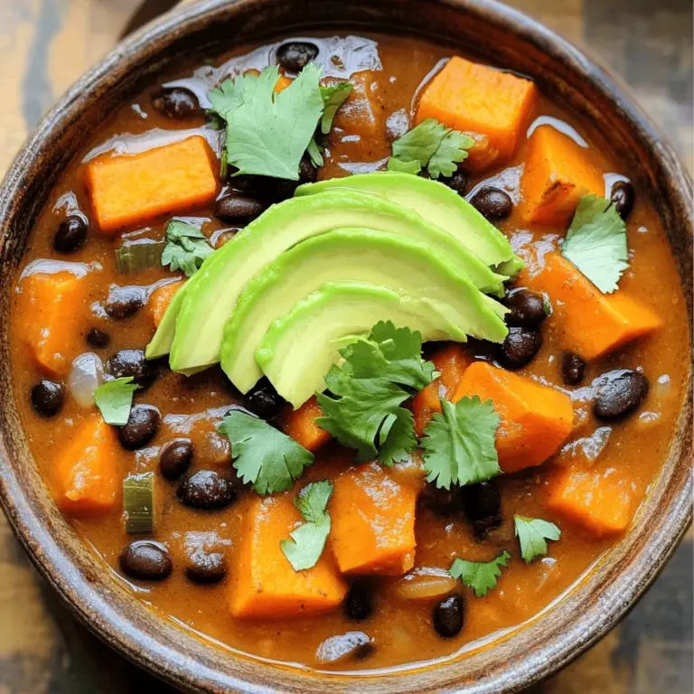 Für ein leckeres Süßkartoffel Black Bean Chili brauchst du: - 2 mittelgroße Süßkartoffeln, geschält und gewürfelt - 1 Dose (425 g) schwarze Bohnen, abgetropft und abgespült - 1 Dose (410 g) gewürfelte Tomaten (inklusive Saft) - 1 mittelgroße Zwiebel, fein gehackt - 2 Knoblauchzehen, gehackt - 1 Paprika (rot oder grün), gewürfelt - 1 Esslöffel Olivenöl - 2 Tassen Gemüsebrühe Diese Zutaten bilden die Basis deines Chilis. Die Süßkartoffeln bringen eine natürliche Süße. Die schwarzen Bohnen fügen Protein hinzu. Zusammen geben sie dir ein herzhaftes Gericht. Die richtige Würze macht den Unterschied. Für unser Chili verwenden wir: - 1 Esslöffel Chili-Pulver - 1 Teelöffel Kreuzkümmel - 1 Teelöffel geräuchertes Paprika-Pulver - Salz und Pfeffer nach Geschmack Chili-Pulver verleiht eine angenehme Schärfe. Kreuzkümmel bringt einen warmen, erdigen Geschmack. Geräuchertes Paprika-Pulver gibt dem Gericht eine rauchige Note. Ein wenig Salz und Pfeffer rundet die Aromen ab. Garnierungen machen das Gericht schöner und schmackhafter. Hier sind meine Vorschläge: - Frischer Koriander, gehackt - Avocadoscheiben Diese Garnierungen fügen Frische hinzu. Der Koriander bringt eine Kräuternote, während die Avocado cremig und reichhaltig ist. Du kannst auch Limettenspalten anbieten. Sie bringen einen spritzigen Kick. Für das vollständige Rezept schaue dir den Abschnitt "Full Recipe" an. Um das Chili zu machen, starten wir mit den Zutaten. Hier sind die Dinge, die du brauchst: - 2 mittelgroße Süßkartoffeln, geschält und gewürfelt - 1 Dose (425 g) schwarze Bohnen, abgetropft und abgespült - 1 Dose (410 g) gewürfelte Tomaten (inklusive Saft) - 1 mittelgroße Zwiebel, fein gehackt - 2 Knoblauchzehen, gehackt - 1 Paprika (rot oder grün), gewürfelt - 1 Esslöffel Olivenöl - 2 Tassen Gemüsebrühe - 1 Esslöffel Chili-Pulver - 1 Teelöffel Kreuzkümmel - 1 Teelöffel geräuchertes Paprika-Pulver - Salz und Pfeffer nach Geschmack - Frischer Koriander, gehackt (zum Garnieren) - Avocadoscheiben (zum Garnieren) Stelle sicher, dass alles bereit ist. So sparst du Zeit beim Kochen. Jetzt kommt die spannende Phase. Erhitze das Olivenöl in einem großen Topf bei mittlerer Hitze. Gib die gehackte Zwiebel hinzu und brate sie für 3-4 Minuten, bis sie weich und leicht durchsichtig wird. Füge dann den Knoblauch und die gewürfelte Paprika hinzu. Koche das Ganze für 2-3 Minuten, bis die Paprika weich ist. Jetzt kommen die Süßkartoffeln in den Topf. Rühre alles gut um und lasse es 5 Minuten kochen, damit einige Ränder bräunen. Danach füge das Chili-Pulver, Kreuzkümmel und geräuchertes Paprika-Pulver hinzu. Mische es gut und koche für eine weitere Minute, um die Gewürze zu rösten. Als Nächstes gib die gewürfelten Tomaten, schwarze Bohnen und Gemüsebrühe in den Topf. Rühre alles gut um und bringe die Mischung zum Kochen. Reduziere die Hitze, decke den Topf ab und lasse das Chili 25-30 Minuten köcheln, bis die Süßkartoffeln zart sind. Zum Schluss koste das Chili und füge nach Belieben Salz und Pfeffer hinzu. Wenn du es schärfer magst, kannst du etwas Cayennepfeffer oder scharfe Soße hinzufügen. Lass das Chili kurz abkühlen und serviere es warm, garniert mit frischem Koriander und Avocadoscheiben. Die Kochzeit kann variieren. Wenn deine Süßkartoffeln größer sind, kann es länger dauern. Prüfe sie nach 25 Minuten. Sie sollten weich, aber nicht matschig sein. Wenn du mehr Gemüse hinzufügst, kann die Zeit ebenfalls variieren. Achte darauf, dass alles gut durchgekocht ist. So bleibt der Geschmack frisch und lecker. Für die beste Erfahrung folge der [Full Recipe]. Ein häufiger Fehler ist, die Süßkartoffeln nicht richtig zu würfeln. Schneiden Sie sie gleichmäßig, damit sie gleichmäßig garen. Ein weiterer Fehler ist, das Chili nicht lange genug köcheln zu lassen. Lassen Sie es mindestens 25 Minuten köcheln. So können die Aromen gut durchziehen. Wählen Sie Süßkartoffeln, die fest und glatt sind. Vermeiden Sie solche mit Dellen oder Rissen. Frische schwarze Bohnen aus der Dose sind einfach und lecker. Spülen Sie sie gut ab, um zusätzliche Natriumwerte zu reduzieren. Um den Geschmack zu verbessern, fügen Sie frische Kräuter hinzu. Koriander oder Petersilie können wunderbare Aromen bringen. Ein Spritzer Limettensaft am Ende macht das Chili frisch und lebendig. Experimentieren Sie auch mit Gewürzen. Ein wenig Cayennepfeffer gibt dem Chili einen schönen Kick. Für das vollständige Rezept schauen Sie sich den [Full Recipe] an. {{image_4}} Das Süßkartoffel Black Bean Chili ist von Natur aus vegan. Alle Zutaten sind pflanzlich. Du kannst es einfach zubereiten, ohne tierische Produkte. Wenn du möchtest, kannst du statt Gemüsebrühe auch Wasser verwenden. Um mehr Geschmack hinzuzufügen, probiere diese Zutaten: - 1 Tasse Maiskörner für Süße und Textur - 1 kleine Zucchini, gewürfelt, für mehr Gemüse - 1-2 frische Chilischoten, gehackt, für Schärfe - Limettensaft für einen frischen Kick Diese zusätzlichen Zutaten machen das Chili noch leckerer und bunter. Wenn du Allergien hast, kannst du das Rezept anpassen: - Ersetze schwarze Bohnen durch Kidneybohnen oder Kichererbsen. - Verwende glutenfreie Brühe, wenn du auf Gluten achtest. - Lass die Zwiebeln weg, wenn du Zwiebelunverträglichkeiten hast. So bleibt das Chili köstlich und für alle genießbar. Du kannst auch die Gewürze nach deinem Geschmack anpassen. Um dein Süßkartoffel Black Bean Chili frisch zu halten, lass es zuerst abkühlen. Fülle das Chili in einen luftdichten Behälter. Du kannst es bis zu fünf Tage im Kühlschrank aufbewahren. So bleibt der Geschmack erhalten. Wenn du mehr Chili zubereitest, kannst du es einfrieren. Fülle das abgekühlte Chili in einen gefrierfesten Behälter oder einen Beutel. Achte darauf, etwas Platz zu lassen, damit es sich ausdehnen kann. So bleibt es bis zu drei Monate frisch. Wenn du das Chili wieder aufwärmst, nimm es aus dem Kühlschrank oder dem Gefrierfach. Erhitze es in einem Topf bei mittlerer Hitze. Füge etwas Wasser oder Brühe hinzu, wenn es zu dick ist. Du kannst auch die Mikrowelle nutzen. Stelle die Leistung auf mittlere Stufe und rühre das Chili nach der Hälfte der Zeit um. So bleibt es gleichmäßig warm. Für das vollständige Rezept, schaue dir die [Full Recipe] an. Ja, du kannst das Chili im Voraus zubereiten. Es schmeckt sogar besser, wenn es einige Stunden oder einen Tag im Kühlschrank steht. Die Aromen vermischen sich so gut. Koche das Chili und lasse es vollständig abkühlen. Dann fülle es in einen luftdichten Behälter. So bleibt es frisch. Wenn du bereit bist, es zu essen, erwärme es einfach auf dem Herd oder in der Mikrowelle. Es gibt viele leckere Beilagen, die gut zu diesem Chili passen. Hier sind einige Ideen: - Reis oder Quinoa für eine sättigende Basis. - Tortilla-Chips für einen knusprigen Snack. - Guacamole als cremige Ergänzung. - Ein frischer grüner Salat für etwas Crunch. - Sauerrahm oder griechischer Joghurt für eine glatte Note. Diese Beilagen machen dein Gericht noch besser und bunter. Ja, dieses Chili ist glutenfrei. Alle Zutaten sind ohne Gluten. Achte jedoch darauf, dass die Brühe und die Dosentomaten ebenfalls glutenfrei sind. Es ist immer gut, die Etiketten zu prüfen. So kannst du sicher sein, dass du ein sicheres und schmackhaftes Gericht genießt. In diesem Artikel haben wir die Hauptzutaten für Chili behandelt. Wir haben die Zubereitung Schritt für Schritt erklärt. Es gab auch wichtige Tipps, um häufige Fehler zu vermeiden. Zudem haben wir Variationen für vegane Optionen und Anpassungen an Allergien vorgestellt. Schließlich erfuhren Sie, wie man Chili richtig lagert und aufwärmt. Kochen ist einfach und macht Spaß. Mit diesen Informationen können Sie leckeres Chili zubereiten, das jeder liebt. Experimentieren Sie und finden Sie Ihre Lieblingsversion!