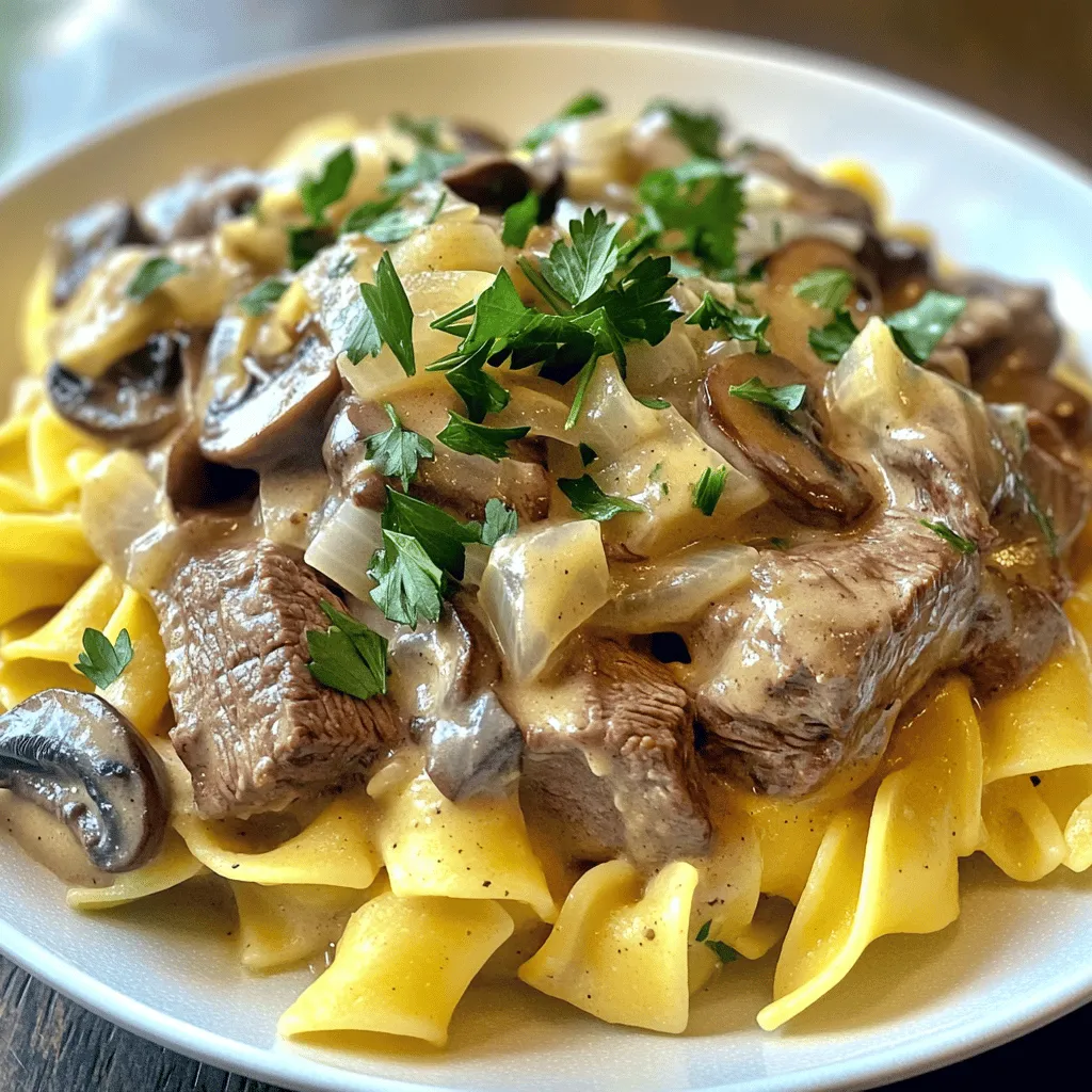Für deinen klassischen Rindfleisch Stroganoff brauchst du folgende Zutaten: - 450 g Rindfleisch-Sirloin, dünn geschnitten - 2 Esslöffel Olivenöl - 1 mittelgroße Zwiebel, fein gehackt - 3 Knoblauchzehen, gehackt - 225 g Champignons, in Scheiben geschnitten - 240 ml Rinderbrühe - 1 Esslöffel Worcestershiresauce - 1 Teelöffel Dijon-Senf - 240 ml saure Sahne - 1 Esslöffel Allzweckmehl - Salz und Pfeffer nach Geschmack - Frische Petersilie, gehackt (zum Garnieren) - Gekochte Eiernudeln oder Reis (zum Servieren) Um diesen köstlichen Stroganoff zuzubereiten, benötigst du einige einfache Küchenutensilien: - Eine große Pfanne - Ein Schneidebrett - Ein scharfes Messer - Eine Holzlöffel oder Spatel - Eine Schüssel für die Sauce - Eine Schöpfkelle Beim Einkaufen der Zutaten ist frische Qualität wichtig: - Wähle Rindfleisch mit einer schönen Marmorierung. Es sorgt für mehr Geschmack. - Frische Champignons sind fest und haben keine dunklen Flecken. - Kaufe saure Sahne ohne Zusatzstoffe. So bekommst du den besten Geschmack. - Die Zwiebeln sollten fest und schwer sein. Das zeigt ihre Frische. - Wenn möglich, verwende Bio-Zutaten für mehr Geschmack und bessere Qualität. Mit diesen Tipps wird dein Beef Stroganoff noch schmackhafter. Du kannst das vollständige Rezept [hier](#) finden. Zuerst erhitzt du das Olivenöl in einer großen Pfanne. Setze die Hitze auf mittelhoch. Füge dann das dünn geschnittene Rindfleisch hinzu. Würze es mit etwas Salz und Pfeffer. Brate das Fleisch für etwa 3-4 Minuten an. Es sollte schön braun werden. Nimm das Rindfleisch dann aus der Pfanne und stelle es beiseite. In derselben Pfanne kommen die gehackten Zwiebeln. Brate sie für etwa 3 Minuten an, bis sie glasig sind. Danach fügst du den gehackten Knoblauch und die geschnittenen Champignons hinzu. Brate die Mischung für ca. 5 Minuten weiter. Die Champignons sollten weich und lecker sein. Streue das Allzweckmehl gleichmäßig über die Pilzmischung. Rühre gut um. Das hilft, die Sauce zu dick zu machen. Jetzt gieße die Rinderbrühe nach und nach dazu. Dabei ständig rühren, damit keine Klumpen entstehen. Füge die Worcestershiresauce und den Dijon-Senf hinzu. Lass die Mischung zum Köcheln kommen. Reduziere die Hitze und rühre die saure Sahne ein. Mische alles gut, bis es cremig ist. Gib das angebratene Rindfleisch zurück in die Pfanne. Erhitze es für weitere 2-3 Minuten. Schmecke mit Salz und Pfeffer ab. Serviere es über gekochten Eiernudeln oder Reis. Garniere mit frisch gehackter Petersilie. Für das vollständige Rezept, schau dir die [Full Recipe] an. Um den perfekten Stroganoff zu machen, verwende frisches Rindfleisch. Sirloin ist ideal. Schneide das Fleisch dünn. So wird es zart und saftig. Erhitze das Olivenöl gut, bevor du das Fleisch hinzufügst. Dies gibt ihm Farbe und Geschmack. Koche die Zwiebeln, bis sie weich sind. Das bringt Süße in das Gericht. Füge die Champignons hinzu, bis sie goldbraun sind. Das macht den Geschmack intensiver. Ein häufiger Fehler ist, das Fleisch zu lange zu kochen. Das macht es zäh. Nimm das Fleisch rechtzeitig aus der Pfanne. Verwende auch die richtige Menge Mehl. Zu viel Mehl macht die Sauce klumpig. Achte darauf, die Brühe langsam einzugießen. So vermeidest du Klumpen und bekommst eine glatte Sauce. Lass die Sauce nie zu lange kochen, nach dem Hinzufügen der sauren Sahne. Sie sollte cremig bleiben, nicht gerinnen. Für mehr Geschmack füge frische Kräuter hinzu. Petersilie ist eine gute Wahl, aber auch Thymian passt gut. Du kannst auch einen Spritzer Zitrone probieren. Das gibt dem Gericht Frische. Der Dijon-Senf bringt Tiefe. Wenn du es schärfer magst, füge einen Hauch von Paprika hinzu. Experimentiere mit Gewürzen, um deinen eigenen Stil zu finden. Achte darauf, beim Würzen nach und nach zu arbeiten. So kannst du den perfekten Geschmack erreichen. Für das vollständige Rezept, schau dir die [Full Recipe] an. {{image_4}} Du kannst das klassische Rezept leicht anpassen. Statt Rindfleisch kannst du Tofu oder Seitan verwenden. Diese Alternativen sind herzhaft und nehmen gut den Geschmack der Sauce auf. Tausche die Rinderbrühe gegen Gemüsebrühe aus. So bleibst du beim vegetarischen Thema und erhältst trotzdem einen tollen Geschmack. Wenn du etwas Abwechslung möchtest, probiere andere Fleischsorten. Hähnchenbrust oder Schweinefilet schmecken auch gut in diesem Gericht. Achte darauf, die Garzeit anzupassen. Dünn geschnittenes Fleisch wird schneller gar. Das gibt dir die Freiheit, neue Aromen zu entdecken und das Gericht zu variieren. Beef Stroganoff passt gut zu vielen Beilagen. Gekochte Eiernudeln sind klassisch, aber auch Reis oder sogar polnische Knödel sind lecker. Frisches Gemüse als Beilage bringt Farbe auf den Teller. Eine frische Salatbeilage rundet das Essen ab. Für einen besonderen Touch kannst du auch frische Kräuter darüber streuen. Wenn du mehr über die Zubereitung erfahren möchtest, schau dir die [Full Recipe] an. Wenn du Rindfleisch Stroganoff übrig hast, lass ihn zuerst abkühlen. Fülle ihn dann in einen luftdichten Behälter. So bleibt er frisch. Du kannst ihn bis zu drei Tage im Kühlschrank aufbewahren. Achte darauf, dass der Behälter gut verschlossen ist. Das hilft, den Geschmack zu bewahren. Wenn du bereit bist, deinen Stroganoff wieder zu essen, erwärme ihn langsam. Nutze eine Pfanne bei mittlerer Hitze. Gib etwas Rinderbrühe hinzu, um die Sauce geschmeidig zu machen. Rühre häufig um, damit alles gleichmäßig warm wird. Du kannst auch die Mikrowelle verwenden. Stelle sicher, dass du ihn in kurzen Intervallen erhitzt. So vermeidest du, dass er austrocknet. Im Kühlschrank hält sich der Stroganoff bis zu drei Tage. Im Gefrierschrank kannst du ihn bis zu drei Monate aufbewahren. Achte darauf, ihn in einem gefrierfesten Behälter zu lagern. Wenn du ihn aufwärmst, lasse ihn zuerst im Kühlschrank auftauen. So bleibt die Textur gut. Vergiss nicht, beim Servieren nach Belieben frische Petersilie hinzuzufügen. Sie bringt Farbe und Geschmack. Für das vollständige Rezept schau dir die Rezeptanleitung an. Beef Stroganoff stammt aus Russland. Es gibt viele Geschichten über seine Herkunft. Einige sagen, ein Koch erfand das Gericht für einen Grafen Stroganov. Andere glauben, dass die ersten Rezepte im 19. Jahrhundert geschrieben wurden. Es wurde schnell beliebt. Die Kombination aus zartem Rindfleisch und einer cremigen Sauce ist bis heute ein Hit. Ja, du kannst das Rezept im Voraus zubereiten. Koche das Rindfleisch und die Sauce nach dem Rezept. Lass alles abkühlen und stelle es in den Kühlschrank. Du kannst es bis zu drei Tage aufbewahren. Wenn du bereit bist, erhitze es sanft in einer Pfanne. Füge etwas Brühe hinzu, falls die Sauce zu dick ist. Rindfleisch Stroganoff schmeckt toll mit verschiedenen Beilagen. Hier sind einige Vorschläge: - Gekochte Eiernudeln - Reis - Kartoffelpüree - Frisches Brot Diese Beilagen helfen, die köstliche Sauce aufzusaugen. Du kannst auch einen frischen Salat dazu servieren, um das Gericht abzurunden. Wiederhole die wichtigsten Punkte. Wir haben die Zutaten, die Zubereitung und nützliche Tipps behandelt. Du weißt jetzt, wie man das perfekte Beef Stroganoff zubereitet und welche Variationen es gibt. Achte darauf, die frischen Zutaten zu wählen und häufige Fehler zu vermeiden. Mit diesen Tricks wird dein Gericht lecker und ein Genuss. Jetzt bist du bereit, das Rezept auszuprobieren und zu genießen. Viel Spaß beim Kochen!