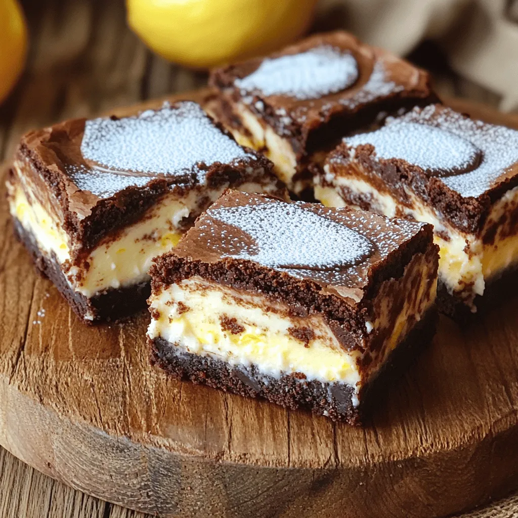 Für die Brownie-Schicht benötigst du: - 125 g ungesalzene Butter, geschmolzen - 200 g Zucker - 2 große Eier - 1 Teelöffel Vanilleextrakt - 40 g ungesüßtes Kakaopulver - 125 g Weizenmehl - 1/4 Teelöffel Salz - 1/4 Teelöffel Backpulver Diese Zutaten sind wichtig für den tiefen Schokoladengeschmack. Die Butter sorgt für die feuchte Textur. Der Zucker macht die Brownies süß und lecker. Für die Käsekuchen-Schicht brauchst du: - 225 g Frischkäse, weich - 50 g Zucker - 1 großes Ei - 1 Teelöffel Vanilleextrakt - Abrieb von 1 Zitrone Der Frischkäse macht die Schicht cremig und reichhaltig. Der Zitronenabrieb bringt eine frische Note. Hier sind einige tolle Ideen für Toppings oder Garnierungen: - Puderzucker zum Bestäuben - Ein Klecks Schlagsahne - Schokoladensirup oder Karamellsauce Diese Extras machen die Brownies noch ansprechender. Du kannst kreativ sein und deine eigenen Ideen ausprobieren. So wird jedes Stück einzigartig! Heize deinen Ofen auf 175°C vor. Nimm eine quadratische Backform, etwa 9x9 Zoll. Fette die Form gut ein oder lege sie mit Backpapier aus. So bleibt nichts kleben. In einer großen Schüssel vermenge die geschmolzene Butter und den Zucker. Rühre, bis die Mischung glatt ist. Danach füge die Eier und den Vanilleextrakt hinzu. Mische erneut, bis alles gut verbunden ist. Siebe das Kakaopulver, das Mehl, das Salz und das Backpulver in die Schüssel. Rühre vorsichtig, bis alles gemischt ist. Achte darauf, nicht zu viel zu rühren. Gieße die Hälfte des Brownie-Teigs in die Backform. Verteile ihn gleichmäßig mit einem Spatel. Nimm eine separate Schüssel und schlage den weichen Frischkäse und den Zucker cremig. Mische, bis die Masse ganz glatt ist. Füge das Ei, den Vanilleextrakt und den Zitronenabrieb hinzu. Vermenge alles gut miteinander, bis die Mischung schön cremig ist. Verteile die Käsekuchen-Mischung gleichmäßig über die Brownie-Schicht. Nimm den restlichen Brownie-Teig und löffle ihn in kleinen Portionen über die Käsekuchen-Schicht. Verwende ein Messer oder einen Zahnstocher, um die Schichten leicht zu vermischen. Backe die Brownies nun im Ofen für etwa 30-35 Minuten. Ein Zahnstocher sollte größtenteils sauber herauskommen. Lass die Brownies in der Form abkühlen, bevor du sie in Stücke schneidest. Für das gesamte Rezept, siehe [Full Recipe]. Um die perfekte Textur zu bekommen, achte auf die Mengen. Verwende die richtigen Zutaten. Schmelze die Butter gut, aber überhitze sie nicht. Mische den Teig sanft. Zu viel Rühren macht die Brownies hart. Lass den Teig nach dem Mischen etwas ruhen. So kann er sich setzen und wird saftiger. Ein häufiger Fehler ist das Überbacken. Kontrolliere die Zeit genau. Die Brownies sind fertig, wenn ein Zahnstocher fast sauber herauskommt. Ein paar feuchte Krümel sind okay. Auch das Abkühlen ist wichtig. Lass die Brownies in der Form abkühlen. So bleiben sie feucht und weich. Nutze eine quadratische Backform, etwa 9x9 Zoll. Eine Antihaftform erleichtert das Entfernen. Verwende einen Handmixer für die Käsekuchen-Schicht. So wird sie schön cremig. Ein Spatel hilft beim gleichmäßigen Verteilen der Schichten. Diese Werkzeuge machen die Zubereitung einfacher und schneller. Für das beste Ergebnis, schau dir das Full Recipe an. {{image_4}} Es gibt viele Wege, um Käsekuchen-Brownies spannend zu machen. Eine einfache Möglichkeit ist die Zugabe von Schokoladenstückchen. Diese sorgen für mehr Schokoladengeschmack und einen tollen Biss. Du kannst auch Nüsse wie Walnüsse oder Pekannüsse hinzufügen. Sie bringen einen knusprigen Kontrast zur weichen Käsekuchen-Schicht. Probiere es aus und finde deinen Lieblingsmix! Für glutenfreie Käsekuchen-Brownies kannst du einfach Gluten-freies Mehl verwenden. Es gibt viele gute Marken, die sich dafür eignen. Wenn du eine vegane Variante magst, ersetze die Eier durch Apfelmus oder Chia-Samen. Verwende auch veganen Frischkäse und pflanzliche Butter. Diese Alternativen schmecken super und machen die Brownies für alle zugänglich. Nutze saisonale Zutaten, um deine Käsekuchen-Brownies besonders zu machen. Im Sommer passen frische Beeren gut dazu. Himbeeren oder Erdbeeren geben einen fruchtigen Kick. Im Herbst kannst du Kürbis oder Zimt hinzufügen. Diese Aromen machen die Brownies noch leckerer und passen perfekt zur Jahreszeit. Lass deiner Kreativität freien Lauf und experimentiere mit neuen Geschmäckern! Um die Frische deiner Käsekuchen-Brownies zu bewahren, lagere sie in einem luftdichten Behälter. Stelle sicher, dass der Behälter gut verschlossen ist, damit keine Luft eindringt. Du kannst die Brownies auch mit Frischhaltefolie umwickeln. So bleiben sie weich und lecker. Im Kühlschrank halten sich die Brownies etwa eine Woche. Die Kühle hilft, die frische und den Geschmack zu erhalten. Wenn du die Brownies länger aufbewahren möchtest, friere sie ein. Im Gefrierschrank sind sie bis zu drei Monate haltbar. Achte darauf, sie gut zu verpacken, damit sie keinen Frostgeschmack annehmen. Um die Brownies nach dem Kühlen zu genießen, kannst du sie einfach bei Raumtemperatur stehen lassen. Wenn du sie warm magst, heize deinen Ofen auf 160°C vor. Lege die Brownies auf ein Backblech und erwärme sie für etwa 10 Minuten. Du kannst auch die Mikrowelle verwenden. Erwärme die Brownies für 20 bis 30 Sekunden. Diese Tipps helfen dir, die Käsekuchen-Brownies immer frisch und lecker zu genießen! Käsekuchen-Brownies sollten etwa 30 bis 35 Minuten im vorgeheizten Ofen backen. Die genaue Zeit kann je nach Ofen variieren. Ich überprüfe immer mit einem Zahnstocher. Er sollte größtenteils sauber herauskommen. Ein paar feuchte Krümel sind in Ordnung. So bleiben die Brownies schön saftig. Ja, du kannst Käsekuchen-Brownies einfrieren! Lass sie zuerst ganz abkühlen. Danach schneide die Brownies in Stücke. Wickel sie in Frischhaltefolie ein und lege sie in einen Gefrierbeutel. So bleiben sie frisch. Du kannst sie bis zu drei Monate im Gefrierschrank aufbewahren. Zum Aufwärmen lasse sie einfach bei Raumtemperatur auftauen. Käsekuchen-Brownies schmecken toll mit verschiedenen Beilagen. Hier sind einige Ideen: - Schlagsahne - Frische Beeren wie Himbeeren oder Erdbeeren - Eine Kugel Vanilleeis - Ein Hauch von Schokoladensoße Diese Beilagen bringen noch mehr Geschmack. Um die Käsekuchen-Masse cremiger zu machen, verwende weichen Frischkäse. Achte darauf, dass er Raumtemperatur hat. Das hilft beim Mischen. Du kannst auch etwas mehr Zucker hinzufügen. Das macht die Masse auch cremiger. Ein Spritzer Sahne kann die Konsistenz ebenfalls verbessern. Käsekuchen-Brownies sind eine leckere Kombination aus zwei beliebten Desserts. Wir haben die Zutaten, die Schritt-für-Schritt-Anleitung und hilfreiche Tipps zur perfekten Textur besprochen. Ich hoffe, du hast auch interessante Variationen entdeckt. Vergiss nicht, deine Brownies richtig zu lagern, damit sie frisch bleiben. Das nächste Mal, wenn du Lust auf etwas Süßes hast, probiere diese Brownies aus. Du wirst es nicht bereuen!