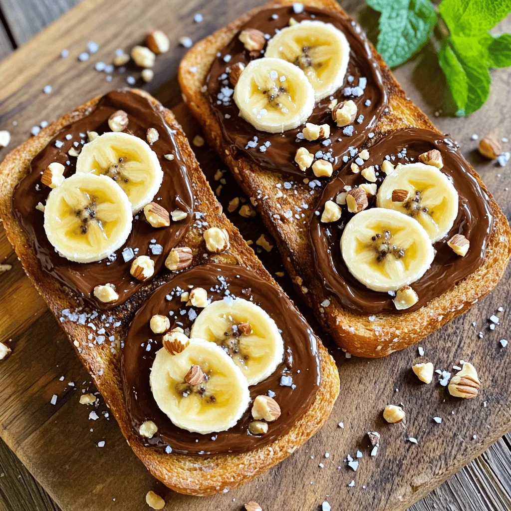 Um den perfekten Schokoladen-Haselnuss-Bananen-Toast zu machen, benötigen Sie diese frischen Zutaten: - Vollkornbrot - reife Banane - Schokoladen-Haselnuss-Aufstrich - Kokosöl - gehackte Haselnüsse - Chiasamen (optional) - Meersalz - frische Minzblätter Jede Zutat spielt eine wichtige Rolle. Das Vollkornbrot gibt Ihnen eine gesunde Basis. Es ist nahrhaft und gibt Energie. Die reife Banane bringt Süße und Frische. Sie sorgt für eine gute Textur. Der Schokoladen-Haselnuss-Aufstrich macht den Toast lecker und schokoladig. Kokosöl hilft, das Brot knusprig zu machen. Es hat auch einen tollen Geschmack. Die gehackten Haselnüsse geben einen schönen Crunch. Wenn Sie Chiasamen hinzufügen, fügen Sie Ballaststoffe hinzu. Meersalz verstärkt den Geschmack. Frische Minzblätter sind das i-Tüpfelchen. Sie bringen Farbe und Aroma auf den Toast. Zusammen schaffen diese Zutaten einen köstlichen und gesunden Snack. Sie können alles in der Küche finden. Holen Sie sich die besten Zutaten, um den Schokoladen-Haselnuss-Bananen-Toast zu genießen. Für die genauen Mengen und die Zubereitung schauen Sie sich die Full Recipe an. Zuerst heize ich den Ofen auf 180°C vor. Ich lege ein Backblech mit Backpapier aus. So bleibt das Brot nicht kleben. Ich bestreiche jede Scheibe Vollkornbrot leicht mit Kokosöl. Dann lege ich die Scheiben auf das Backblech. Ich röste das Brot für etwa 8 bis 10 Minuten. Nach 4 Minuten wende ich die Scheiben, damit sie gleichmäßig knusprig werden. Während das Brot röstet, schneide ich die reife Banane in dünne Scheiben. Sobald das Toast fertig ist, nehme ich es aus dem Ofen. Jetzt verteile ich großzügig den Schokoladen-Haselnuss-Aufstrich auf jede Scheibe. Ich belege das geröstete Brot mit den Bananenscheiben. Ich achte darauf, dass es schön aussieht. Dann streue ich die gehackten Haselnüsse darüber. Falls ich Chiasamen habe, füge ich diese auch hinzu. Eine Prise Meersalz verstärkt die Aromen. Zum Schluss garniere ich das Toast mit frischen Minzblättern. Diese Schritte machen den Schokoladen-Haselnuss-Bananen-Toast besonders lecker. Wenn du mehr Tipps möchtest, schau dir das Full Recipe an. - Variationen mit verschiedenen Brotsorten: Sie können verschiedene Brotsorten verwenden. Probieren Sie Roggenbrot für einen herzhaften Geschmack oder glutenfreies Brot für eine allergiefreundliche Option. Jedes Brot bringt seinen eigenen Charakter mit. - Substitutionen für Allergiker: Wenn Sie Nüsse meiden müssen, wählen Sie einen schokoladenmäßigen Aufstrich ohne Nüsse. Sie können auch Sonnenblumenkerne anstelle von Haselnüssen verwenden. Für eine milchfreie Option, achten Sie auf vegane Schokoladenaufstriche. - Essenspräsentation und Dekoration: Servieren Sie den Toast auf einem Holzbrett. Das gibt ihm ein rustikales Flair. Garnieren Sie mit frischen Minzblättern und zusätzlichen Bananenscheiben für mehr Farbe. Ein wenig Puderzucker kann dem Gericht auch einen süßen Akzent verleihen. - Paarung mit Getränken: Kombinieren Sie den Toast mit einer Tasse frischem Kaffee oder einem Glas Mandelmilch. Diese Getränke bringen die Aromen des Toasts gut zur Geltung. Ein frischer Fruchtsmoothie passt auch perfekt dazu. - Nährstoffgehalt von Bananen und Haselnüssen: Bananen sind reich an Kalium und Ballaststoffen. Sie helfen, den Blutdruck zu regulieren und fördern die Verdauung. Haselnüsse bieten gesunde Fette, die das Herz unterstützen. Sie sind auch eine gute Quelle für Vitamin E und Antioxidantien. - Vorteile von Chiasamen: Chiasamen stecken voller Nährstoffe. Sie sind reich an Omega-3-Fettsäuren und Ballaststoffen. Diese kleinen Samen fördern die Verdauung und sorgen für ein längeres Sättigungsgefühl. Fügen Sie sie hinzu, um den Nährwert Ihres Toasts zu erhöhen. {{image_4}} Für eine vegane Version von Schokoladen-Haselnuss-Bananen-Toast gibt es tolle Alternativen. - Alternative Aufstriche: Statt Schokoladen-Haselnuss-Aufstrich gibt es viele vegane Optionen. Nussbutter wie Mandel- oder Erdnussbutter sind lecker. Du kannst auch veganen Schokoladenaufstrich finden, der gut schmeckt. - Vegane Brotoptionen: Wähle ein Brot, das ohne Eier oder Milch ist. Vollkornbrot oder Roggenbrot sind gute Optionen. Achte darauf, dass sie vegan sind. Du kannst deinem Toast mit verschiedenen Toppings mehr Geschmack geben. - Fruchtige Ergänzungen: Füge frische Früchte hinzu. Beeren, wie Erdbeeren oder Himbeeren, passen gut. Auch Kiwi oder Apfel sind lecker. - Nüsse und Samenvariationen: Nutze verschiedene Nüsse für mehr Crunch. Mandeln oder Walnüsse sind tolle Alternativen. Chiasamen oder Leinsamen geben extra Nährstoffe und Textur. Um den perfekten Schokoladen-Haselnuss-Bananen-Toast zuzubereiten, folge diesen einfachen Schritten: 1. Bereite alle Zutaten vor. Du benötigst Vollkornbrot, eine Banane, Schokoladen-Haselnuss-Aufstrich, Kokosöl und Toppings. 2. Röste das Brot im Ofen, bis es knusprig ist. 3. Verteile den Aufstrich auf dem warmen Toast. 4. Lege die Bananenscheiben darauf und streue die gehackten Haselnüsse und optional die Chiasamen darüber. 5. Garniere den Toast mit frischen Minzblättern für einen tollen Look. Für detaillierte Anweisungen, schau dir das vollständige Rezept an. Wenn du Reste von deinem Schokoladen-Haselnuss-Bananen-Toast hast, lagere sie richtig. Du kannst den Toast im Kühlschrank aufbewahren. Wickele ihn in Frischhaltefolie oder lege ihn in einen luftdichten Behälter. So bleibt er frisch. Im Kühlschrank bleibt der Toast etwa zwei Tage genießbar. Wenn du ihn länger aufbewahren möchtest, friere die Scheiben ein. Lege Backpapier zwischen die Scheiben, damit sie nicht zusammenkleben. Im Gefrierschrank ist er bis zu einem Monat haltbar. Das hilft dir, immer einen schnellen Snack zur Hand zu haben. Um den Toast wieder aufzuwärmen, benutze einen Toaster oder den Ofen. Der Toaster ist ideal, um die Scheiben knusprig zu machen. Stelle den Toaster auf mittlere Hitze und röste die Scheiben kurz. Wenn du den Ofen nutzen möchtest, heize ihn auf 180°C vor. Lege die Scheiben auf ein Backblech und wärme sie für etwa 5 Minuten auf. Das macht den Toast schön warm und knusprig. Um die Knusprigkeit zu erhalten, achte darauf, die Scheiben nicht zu lange zu erwärmen. So bleiben die Aromen frisch und lecker. Die Vorbereitungszeit beträgt nur 5 Minuten. In nur 15 Minuten kannst du dieses leckere Gericht zubereiten. Die kurze Zeit macht es perfekt für ein schnelles Frühstück oder einen Snack. Ja, du kannst verschiedene Brotsorten verwenden. Vollkornbrot ist gesund und nährstoffreich. Weißbrot ist eine weitere Option. Für glutenfreie Alternativen eignen sich glutenfreie Brote gut. Probiere auch Roggen- oder Sauerteigbrot für einen anderen Geschmack. Ja, es ist ein gesundes Frühstück! Bananen sind reich an Kalium und Ballaststoffen. Haselnüsse liefern gesunde Fette und Proteine. Der Schokoladen-Haselnuss-Aufstrich fügt Geschmack hinzu, aber achte auf die Menge. Chiasamen steigern den Nährwert und bieten Omega-3-Fettsäuren. Zusammengefasst ist Schokoladen-Haselnuss-Banane-Toast einfach und lecker. Mit wenigen Zutaten und einer klaren Anleitung hat jeder schnellen Genuss. Variationen bieten Spielraum für jeden Geschmack. Denke an die gesundheitlichen Vorteile der Zutaten wie Bananen und Haselnüsse. Experimentiere mit Toppings oder anderen Brotsorten. So bleibt das Rezept spannend und nährstoffreich. Halte Reste frisch und genieße sie später. Mit diesem Toast startest du den Tag richtig.