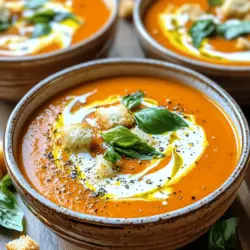 - 2 Esslöffel Olivenöl - 1 mittelgroße Zwiebel, gehackt - 3 Knoblauchzehen, fein gehackt Die Hauptzutaten sind einfach und lecker. Olivenöl gibt der Suppe einen schönen Geschmack. Zwiebeln bringen Süße und Knoblauch fügt Tiefe hinzu. Diese Zutaten sind die Basis für das ganze Gericht. - 2 Dosen (je 400 g) zerdrückte Tomaten - 2 Tassen Gemüsebrühe - 1 Teelöffel Zucker - 1 Teelöffel getrockneter Oregano - Salz und Pfeffer nach Geschmack Die zerdrückten Tomaten sind der Star der Suppe. Sie geben Farbe und Geschmack. Gemüsebrühe macht die Suppe herzhaft. Zucker hilft, die Säure der Tomaten zu balancieren. Oregano bringt ein tolles Aroma. Vergiss nicht, die Suppe mit Salz und Pfeffer abzuschmecken. - 1 Tasse Schlagsahne - 1 Tasse frische Basilikumblätter, gehackt - Croutons zum Garnieren Die Garnierung macht die Suppe besonders. Schlagsahne macht sie cremig und reichhaltig. Frische Basilikumblätter bringen Frische und Farbe. Croutons geben einen knusprigen Biss. Diese kleinen Details machen die Suppe zu einem echten Genuss. Für das vollständige Rezept schaue dir den Abschnitt "Full Recipe" an. Zuerst schneide die Zwiebel in kleine Stücke. Die Zwiebel gibt der Suppe einen guten Geschmack. Dann hacke den Knoblauch fein. Der Knoblauch bringt viel Aroma. Bereite die zerdrückten Tomaten und die Gemüsebrühe vor. Diese Zutaten sind die Basis für unsere Suppe. Erhitze das Olivenöl in einem großen Topf. Füge die Zwiebel hinzu und brate sie für fünf Minuten. Sie sollte glasig werden. Jetzt gib den Knoblauch dazu und dünste ihn für eine Minute. Dann füge die zerdrückten Tomaten, die Gemüsebrühe, den Zucker und den Oregano hinzu. Vergiss nicht, mit Salz und Pfeffer zu würzen. Lass die Mischung aufkochen. Reduziere dann die Hitze und lasse die Suppe zwanzig Minuten köcheln. Das hilft, die Aromen gut zu verbinden. Nach dem Köcheln püriere die Suppe. Du kannst dafür einen Stabmixer benutzen oder die Suppe in eine Küchenmaschine geben. Püriere sie, bis sie ganz glatt ist. Stelle die pürierte Suppe wieder in den Topf und lasse sie bei niedriger Hitze. Jetzt rühre die Schlagsahne ein. Achte darauf, dass die Suppe nicht kocht. Füge dann die gehackten Basilikumblätter hinzu und schmecke die Suppe ab. Serviere die Suppe heiß. Garniere sie mit Croutons für den perfekten Biss. Du findest die vollständige Anleitung im Full Recipe. Für die ideale Textur püriere die Suppe mit einem Stabmixer. Das macht die Suppe schön glatt. Achte darauf, die Temperatur beim Erwärmen zu berücksichtigen. Erwärme die Suppe sanft, damit sie nicht zu kochen beginnt. Zu hohe Hitze kann die cremige Konsistenz stören. Um den Geschmack zu verbessern, passe die Gewürze nach deinem Wunsch an. Füge mehr Salz oder Pfeffer hinzu, wenn es nötig ist. Du kannst auch andere Gewürze wie Paprika oder Kreuzkümmel probieren. Für zusätzliche Frische kannst du mehr Kräuter wie Thymian oder Petersilie verwenden. Diese Kräuter ergänzen den Basilikum gut und bringen neue Aromen. Wenn du die Suppe anrichtest, serviere sie in vorgewärmten Schalen. Das hält die Suppe länger warm. Du kannst die Oberfläche mit etwas zusätzlicher Sahne beträufeln. Das sieht nicht nur gut aus, sondern macht die Suppe auch cremiger. Garnier die Suppe mit einem Basilikumblatt und Croutons. Diese geben einen tollen Biss und eine schöne Präsentation. {{image_4}} Für eine vegane Version der cremigen Tomaten-Basilikum-Suppe kannst du die Schlagsahne durch Kokoscreme oder Cashewcreme ersetzen. Beide Optionen geben die nötige Cremigkeit. Achte darauf, dass deine Gemüsebrühe kein Tierfett enthält. Du kannst auch die Gewürze anpassen. Füge mehr Kräuter oder Gewürze hinzu, um den Geschmack zu intensivieren. Um die Suppe noch bunter zu machen, füge Gemüse wie Karotten oder Sellerie hinzu. Diese Gemüse geben der Suppe mehr Textur und Nährstoffe. Du kannst auch verschiedene Käsesorten verwenden. Parmesan oder Feta können einen tollen Geschmack hinzufügen und die Suppe noch reichhaltiger machen. Die italienischen Einflüsse sind klar in diesem Gericht. Du kannst jedoch auch asiatische Aromen hinzufügen. Füge etwas Ingwer oder Sojasauce hinzu, um einen neuen Twist zu bekommen. Diese Kombination gibt der Suppe eine aufregende Note. Probiere die verschiedenen Varianten aus und finde deine Lieblingsversion! Vergiss nicht, die Grundrezepte beizubehalten, um die perfekte Basis zu haben. Für das vollständige Rezept schau dir die [Full Recipe] an. Kühlung und Haltbarkeit Du kannst die cremige Tomaten-Basilikum-Suppe in einem kühlen Raum lagern. Stelle sie in ein luftdichtes Behältnis. So bleibt sie frisch. Im Kühlschrank hält sie sich bis zu fünf Tage. Achte darauf, die Suppe gut abzukühlen, bevor du sie in den Kühlschrank stellst. Gefrieroptionen Wenn du mehr Suppe hast, kannst du sie auch einfrieren. Fülle die Suppe in gefriergeeignete Behälter. Lass dabei etwas Platz, da die Suppe beim Gefrieren etwas ansteigt. So bleibt die Konsistenz gut. Im Gefrierfach hält sie bis zu drei Monate. Methoden zum Aufwärmen Um die Suppe aufzuwärmen, kannst du den Herd oder die Mikrowelle nutzen. Wenn du den Herd verwendest, erhitze die Suppe in einem Topf bei mittlerer Hitze. Rühre oft um, um ein Anbrennen zu vermeiden. In der Mikrowelle erwärmst du die Suppe in kurzen Intervallen von einer Minute. Rühre nach jeder Minute um. Tipps, um die Cremigkeit zu bewahren Um die Cremigkeit zu behalten, füge beim Aufwärmen ein wenig Sahne hinzu. So bleibt die Suppe samtig und lecker. Vermeide es, die Suppe zu stark zu kochen, da sie sonst ihre Textur verlieren kann. Rezeptideen für Reste Du kannst die Reste der Suppe kreativ nutzen. Mische sie mit Pasta für ein schnelles Gericht. Oder verwende sie als Basis für eine leckere Sauce. Auch als Füllung für Tortillas ist sie köstlich. Einfache Beilagenkombinationen Serviere die Suppe mit frischem Brot oder einem einfachen Salat. Auch gegrillter Käse passt wunderbar dazu. Für einen besonderen Touch kannst du frische Kräuter oder geriebenen Käse obenauf geben. So wird das Essen noch schmackhafter! Für die vollständige Zubereitung der Suppe schaue dir das [Full Recipe] an. Die Suppe hält sich gut im Kühlschrank. Sie bleibt frisch für etwa 3 bis 5 Tage. Achte darauf, sie in einem luftdichten Behälter zu lagern. Du kannst die Suppe auch einfrieren. In einem gefrierfesten Behälter hält sie bis zu 3 Monate. Zum Aufwärmen, lasse die Suppe im Kühlschrank auftauen und erhitze sie langsam auf dem Herd. Ja, du kannst frische Tomaten verwenden. Das gibt einen tollen Geschmack. Du musst sie jedoch zuerst schälen und entkernen. Der Nachteil ist, dass frische Tomaten mehr Zeit zum Kochen brauchen. Auch die Konsistenz kann anders sein. Zerdrückte Tomaten sind einfach und schnell. Sie sparen Zeit und Aufwand. Egal, welche Wahl du triffst, die Suppe wird lecker sein. Es gibt viele leckere Beilagen für diese Suppe. Hier sind ein paar beliebte Ideen: - Frisches Brot oder Baguette - Knoblauchbrot - Griechischer Salat - Käse-Sandwiches - Gemischter Salat Diese Beilagen ergänzen den Geschmack der Suppe perfekt und machen deine Mahlzeit noch besser. Probiere sie aus und finde deine Lieblingskombination. Du kannst auch den [Full Recipe] für weitere Ideen und Tipps nutzen. Diese Anleitung hilft dir, eine köstliche Tomaten-Basilikum-Suppe zuzubereiten. Du hast die Hauptzutaten wie Olivenöl, Zwiebeln und Knoblauch verwendet. Du hast auch gelernt, wie du die Suppe optimal zubereitest und garnierst. Tipps zur Textur und Geschmack stehen dir zur Verfügung. Denke daran, dass du die Suppe variieren und anpassen kannst. So bleibt sie spannend. Ob du sie im Kühlschrank aufbewahrst oder einfrierst, die Suppe bleibt lecker. Nutze die Reste kreativ in neuen Gerichten. Guten Appetit!