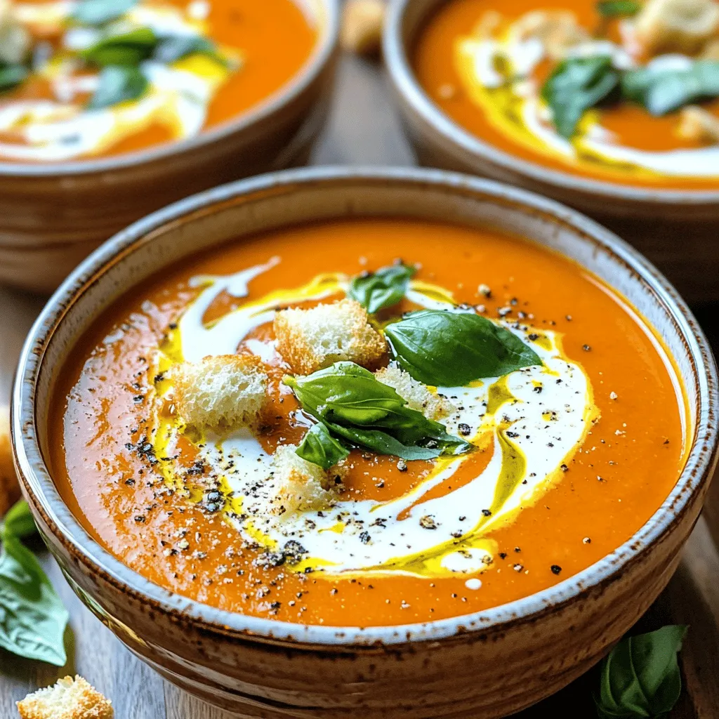 - 2 Esslöffel Olivenöl - 1 mittelgroße Zwiebel, gehackt - 3 Knoblauchzehen, fein gehackt Die Hauptzutaten sind einfach und lecker. Olivenöl gibt der Suppe einen schönen Geschmack. Zwiebeln bringen Süße und Knoblauch fügt Tiefe hinzu. Diese Zutaten sind die Basis für das ganze Gericht. - 2 Dosen (je 400 g) zerdrückte Tomaten - 2 Tassen Gemüsebrühe - 1 Teelöffel Zucker - 1 Teelöffel getrockneter Oregano - Salz und Pfeffer nach Geschmack Die zerdrückten Tomaten sind der Star der Suppe. Sie geben Farbe und Geschmack. Gemüsebrühe macht die Suppe herzhaft. Zucker hilft, die Säure der Tomaten zu balancieren. Oregano bringt ein tolles Aroma. Vergiss nicht, die Suppe mit Salz und Pfeffer abzuschmecken. - 1 Tasse Schlagsahne - 1 Tasse frische Basilikumblätter, gehackt - Croutons zum Garnieren Die Garnierung macht die Suppe besonders. Schlagsahne macht sie cremig und reichhaltig. Frische Basilikumblätter bringen Frische und Farbe. Croutons geben einen knusprigen Biss. Diese kleinen Details machen die Suppe zu einem echten Genuss. Für das vollständige Rezept schaue dir den Abschnitt "Full Recipe" an. Zuerst schneide die Zwiebel in kleine Stücke. Die Zwiebel gibt der Suppe einen guten Geschmack. Dann hacke den Knoblauch fein. Der Knoblauch bringt viel Aroma. Bereite die zerdrückten Tomaten und die Gemüsebrühe vor. Diese Zutaten sind die Basis für unsere Suppe. Erhitze das Olivenöl in einem großen Topf. Füge die Zwiebel hinzu und brate sie für fünf Minuten. Sie sollte glasig werden. Jetzt gib den Knoblauch dazu und dünste ihn für eine Minute. Dann füge die zerdrückten Tomaten, die Gemüsebrühe, den Zucker und den Oregano hinzu. Vergiss nicht, mit Salz und Pfeffer zu würzen. Lass die Mischung aufkochen. Reduziere dann die Hitze und lasse die Suppe zwanzig Minuten köcheln. Das hilft, die Aromen gut zu verbinden. Nach dem Köcheln püriere die Suppe. Du kannst dafür einen Stabmixer benutzen oder die Suppe in eine Küchenmaschine geben. Püriere sie, bis sie ganz glatt ist. Stelle die pürierte Suppe wieder in den Topf und lasse sie bei niedriger Hitze. Jetzt rühre die Schlagsahne ein. Achte darauf, dass die Suppe nicht kocht. Füge dann die gehackten Basilikumblätter hinzu und schmecke die Suppe ab. Serviere die Suppe heiß. Garniere sie mit Croutons für den perfekten Biss. Du findest die vollständige Anleitung im Full Recipe. Für die ideale Textur püriere die Suppe mit einem Stabmixer. Das macht die Suppe schön glatt. Achte darauf, die Temperatur beim Erwärmen zu berücksichtigen. Erwärme die Suppe sanft, damit sie nicht zu kochen beginnt. Zu hohe Hitze kann die cremige Konsistenz stören. Um den Geschmack zu verbessern, passe die Gewürze nach deinem Wunsch an. Füge mehr Salz oder Pfeffer hinzu, wenn es nötig ist. Du kannst auch andere Gewürze wie Paprika oder Kreuzkümmel probieren. Für zusätzliche Frische kannst du mehr Kräuter wie Thymian oder Petersilie verwenden. Diese Kräuter ergänzen den Basilikum gut und bringen neue Aromen. Wenn du die Suppe anrichtest, serviere sie in vorgewärmten Schalen. Das hält die Suppe länger warm. Du kannst die Oberfläche mit etwas zusätzlicher Sahne beträufeln. Das sieht nicht nur gut aus, sondern macht die Suppe auch cremiger. Garnier die Suppe mit einem Basilikumblatt und Croutons. Diese geben einen tollen Biss und eine schöne Präsentation. {{image_4}} Für eine vegane Version der cremigen Tomaten-Basilikum-Suppe kannst du die Schlagsahne durch Kokoscreme oder Cashewcreme ersetzen. Beide Optionen geben die nötige Cremigkeit. Achte darauf, dass deine Gemüsebrühe kein Tierfett enthält. Du kannst auch die Gewürze anpassen. Füge mehr Kräuter oder Gewürze hinzu, um den Geschmack zu intensivieren. Um die Suppe noch bunter zu machen, füge Gemüse wie Karotten oder Sellerie hinzu. Diese Gemüse geben der Suppe mehr Textur und Nährstoffe. Du kannst auch verschiedene Käsesorten verwenden. Parmesan oder Feta können einen tollen Geschmack hinzufügen und die Suppe noch reichhaltiger machen. Die italienischen Einflüsse sind klar in diesem Gericht. Du kannst jedoch auch asiatische Aromen hinzufügen. Füge etwas Ingwer oder Sojasauce hinzu, um einen neuen Twist zu bekommen. Diese Kombination gibt der Suppe eine aufregende Note. Probiere die verschiedenen Varianten aus und finde deine Lieblingsversion! Vergiss nicht, die Grundrezepte beizubehalten, um die perfekte Basis zu haben. Für das vollständige Rezept schau dir die [Full Recipe] an. Kühlung und Haltbarkeit Du kannst die cremige Tomaten-Basilikum-Suppe in einem kühlen Raum lagern. Stelle sie in ein luftdichtes Behältnis. So bleibt sie frisch. Im Kühlschrank hält sie sich bis zu fünf Tage. Achte darauf, die Suppe gut abzukühlen, bevor du sie in den Kühlschrank stellst. Gefrieroptionen Wenn du mehr Suppe hast, kannst du sie auch einfrieren. Fülle die Suppe in gefriergeeignete Behälter. Lass dabei etwas Platz, da die Suppe beim Gefrieren etwas ansteigt. So bleibt die Konsistenz gut. Im Gefrierfach hält sie bis zu drei Monate. Methoden zum Aufwärmen Um die Suppe aufzuwärmen, kannst du den Herd oder die Mikrowelle nutzen. Wenn du den Herd verwendest, erhitze die Suppe in einem Topf bei mittlerer Hitze. Rühre oft um, um ein Anbrennen zu vermeiden. In der Mikrowelle erwärmst du die Suppe in kurzen Intervallen von einer Minute. Rühre nach jeder Minute um. Tipps, um die Cremigkeit zu bewahren Um die Cremigkeit zu behalten, füge beim Aufwärmen ein wenig Sahne hinzu. So bleibt die Suppe samtig und lecker. Vermeide es, die Suppe zu stark zu kochen, da sie sonst ihre Textur verlieren kann. Rezeptideen für Reste Du kannst die Reste der Suppe kreativ nutzen. Mische sie mit Pasta für ein schnelles Gericht. Oder verwende sie als Basis für eine leckere Sauce. Auch als Füllung für Tortillas ist sie köstlich. Einfache Beilagenkombinationen Serviere die Suppe mit frischem Brot oder einem einfachen Salat. Auch gegrillter Käse passt wunderbar dazu. Für einen besonderen Touch kannst du frische Kräuter oder geriebenen Käse obenauf geben. So wird das Essen noch schmackhafter! Für die vollständige Zubereitung der Suppe schaue dir das [Full Recipe] an. Die Suppe hält sich gut im Kühlschrank. Sie bleibt frisch für etwa 3 bis 5 Tage. Achte darauf, sie in einem luftdichten Behälter zu lagern. Du kannst die Suppe auch einfrieren. In einem gefrierfesten Behälter hält sie bis zu 3 Monate. Zum Aufwärmen, lasse die Suppe im Kühlschrank auftauen und erhitze sie langsam auf dem Herd. Ja, du kannst frische Tomaten verwenden. Das gibt einen tollen Geschmack. Du musst sie jedoch zuerst schälen und entkernen. Der Nachteil ist, dass frische Tomaten mehr Zeit zum Kochen brauchen. Auch die Konsistenz kann anders sein. Zerdrückte Tomaten sind einfach und schnell. Sie sparen Zeit und Aufwand. Egal, welche Wahl du triffst, die Suppe wird lecker sein. Es gibt viele leckere Beilagen für diese Suppe. Hier sind ein paar beliebte Ideen: - Frisches Brot oder Baguette - Knoblauchbrot - Griechischer Salat - Käse-Sandwiches - Gemischter Salat Diese Beilagen ergänzen den Geschmack der Suppe perfekt und machen deine Mahlzeit noch besser. Probiere sie aus und finde deine Lieblingskombination. Du kannst auch den [Full Recipe] für weitere Ideen und Tipps nutzen. Diese Anleitung hilft dir, eine köstliche Tomaten-Basilikum-Suppe zuzubereiten. Du hast die Hauptzutaten wie Olivenöl, Zwiebeln und Knoblauch verwendet. Du hast auch gelernt, wie du die Suppe optimal zubereitest und garnierst. Tipps zur Textur und Geschmack stehen dir zur Verfügung. Denke daran, dass du die Suppe variieren und anpassen kannst. So bleibt sie spannend. Ob du sie im Kühlschrank aufbewahrst oder einfrierst, die Suppe bleibt lecker. Nutze die Reste kreativ in neuen Gerichten. Guten Appetit!
