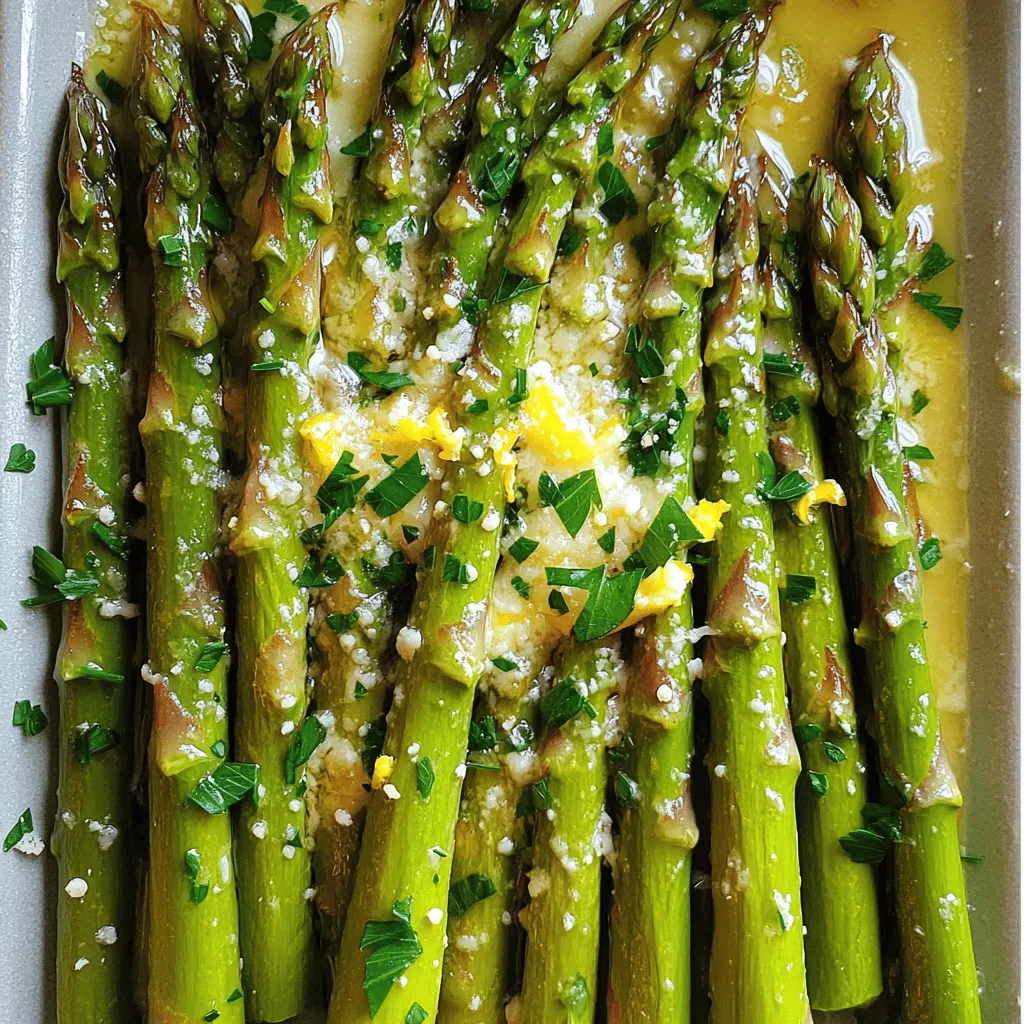- 450 g frischer Spargel - 4 Esslöffel ungesalzene Butter - 2 Esslöffel frischer Zitronensaft - 1 Esslöffel Zitronenschale - 2 Knoblauchzehen - Salz und Pfeffer nach Geschmack - 2 Esslöffel frisch geriebener Parmesan - Frische Petersilie zur Garnierung Um diesen Zitronenbutter-Spargel lecker zuzubereiten, brauchen Sie frische Zutaten. Beginnen Sie mit 450 g frischem Spargel. Der Spargel sollte gut gewaschen sein. Entfernen Sie die holzigen Enden, damit er zart bleibt. Sie benötigen auch 4 Esslöffel ungesalzene Butter. Diese Butter gibt dem Gericht einen reichen Geschmack. Zusätzlich fügen Sie 2 Esslöffel frischen Zitronensaft hinzu. Der Zitronensaft bringt Frische und eine tolle Säure. Für den Geschmack verwenden Sie 1 Esslöffel Zitronenschale. Diese verleiht dem Spargel ein schönes Aroma. Zwei gehackte Knoblauchzehen sorgen für einen herzhaften Kick. Würzen Sie das Gericht mit Salz und Pfeffer nach Geschmack. Wenn Sie es noch etwas reichhaltiger mögen, fügen Sie 2 Esslöffel frisch geriebenen Parmesan als optionale Zutat hinzu. Um das Gericht schön zu präsentieren, garnieren Sie es mit frischer Petersilie. Diese gibt eine schöne Farbe und einen frischen Geschmack. Mit dieser einfachen Liste an Zutaten sind Sie bereit, den Zitronenbutter-Spargel zu zaubern. Für das vollständige Rezept schauen Sie sich die [Full Recipe] an. Zuerst reinigen wir den frischen Spargel. Wasche ihn gut unter kaltem Wasser. Achte darauf, alle Schmutzreste zu entfernen. Dann schneide die holzigen Enden einfach ab. Diese Teile sind nicht zart und schmecken nicht gut. Nach dem Schneiden lege den Spargel in eine Schüssel mit Wasser. Lass ihn dort etwa 5 Minuten wässern. Anschließend nimm ihn heraus und lasse ihn abtropfen. So ist der Spargel bereit für die Pfanne. Jetzt kommt der spannende Teil! Nimm eine große Pfanne und schmelze die Butter bei mittlerer Hitze. Die Butter sollte nicht bräunen, also achte darauf. Sobald die Butter geschmolzen ist, füge den fein gehackten Knoblauch hinzu. Brate ihn für etwa eine Minute an, bis er duftet. Jetzt ist es Zeit, den vorbereiteten Spargel in die Pfanne zu geben. Vermenge den Spargel gut mit der geschmolzenen Butter und dem Knoblauch. Koche den Spargel für 5 bis 7 Minuten. Rühre gelegentlich um, damit er gleichmäßig gart. Der Spargel sollte zart, aber bissfest sein. Jetzt fügen wir den frischen Zitronensaft hinzu. Träufle ihn gleichmäßig über den Spargel. Dann streue die Zitronenschale darüber. Das gibt dem Gericht einen frischen Geschmack! Vermenge alles gut und erhitze es für weitere 1 bis 2 Minuten. Würze den Spargel mit Salz und Pfeffer nach deinem Geschmack. Wenn du magst, kannst du auch frisch geriebenen Parmesan darüber streuen. Dieser Schritt macht das Gericht noch cremiger. Nimm die Pfanne dann vom Herd. Garniere den Spargel mit gehackter Petersilie. So sieht das Gericht schön aus und schmeckt noch besser. Um das volle Rezept zu sehen, schau dir die [Full Recipe] an! Um den Spargel perfekt zuzubereiten, sollten Sie ihn bissfest garen. Das bedeutet, dass er zart, aber noch knackig bleibt. Kochen Sie den Spargel für 5 bis 7 Minuten. Überprüfen Sie dabei regelmäßig mit einer Gabel. Die optimale Hitze ist wichtig. Nutzen Sie mittlere Hitze, um die Butter gleichmäßig zu schmelzen. So bleibt der Knoblauch aromatisch und brennt nicht an. Ein sanfter Sizzle zeigt, dass alles gut läuft. Wenn Sie keinen Parmesan mögen, probieren Sie alternatives Topping. Feta oder geröstete Nüsse sind großartige Optionen. Sie bringen eine neue Textur und Geschmack in das Gericht. Frische Kräuter wie Basilikum oder Thymian können den Geschmack ebenfalls verbessern. Streuen Sie sie kurz vor dem Servieren über das Gericht. So bleibt der frische Geschmack erhalten. Servieren Sie den Spargel auf einem schönen weißen Teller. Das hebt die Farben hervor und macht das Gericht ansprechend. Garnieren Sie mit einer zusätzlichen Zitronenscheibe und frisch gehackter Petersilie. Für Beilagen passen Reis oder Quinoa gut. Sie ergänzen den Spargel und bieten ein vollständiges Essen. Ein frischer Salat rundet das Menü ab. Weitere Rezepte finden Sie in der [Full Recipe]. {{image_4}} Sie können das Rezept leicht anpassen, um mehr Gemüse hinzuzufügen. Brokkoli oder grüne Bohnen passen gut zu Spargel. Diese Gemüsesorten bringen Farbe und zusätzlichen Geschmack. Alternativ können Sie auch alternative Fette verwenden. Olivenöl oder Kokosöl bieten gesunde Optionen. Beide Öle verleihen dem Gericht einen anderen, aber köstlichen Geschmack. Achten Sie darauf, dass alle Zutaten glutenfrei sind. Verwenden Sie frische, unverarbeitete Produkte. Wenn Sie Beilagen wählen, entscheiden Sie sich für glutenfreie Optionen. Quinoa oder Reis sind gute Ergänzungen. Diese Kombination sorgt für eine ausgewogene Mahlzeit, die allen schmeckt. Im Frühling können Sie frische Kräuter wie Schnittlauch oder Petersilie hinzufügen. Diese Kräuter bringen einen frischen Geschmack in das Gericht. Im Sommer probieren Sie sommerliche Zitronen-Dips dazu. Ein einfaches Zitronen-Dip passt gut zu den Aromen des Spargels. So bleibt das Gericht leicht und erfrischend. Um Reste von Zitronenbutter-Spargel aufzubewahren, lege sie in einen luftdichten Behälter. So bleiben sie frisch. Stelle sicher, dass der Spargel vollständig abgekühlt ist, bevor du ihn lagerst. Im Kühlschrank hält er sich bis zu drei Tage. Für das Wiedererwärmen empfehle ich, die Reste in einer Pfanne mit etwas Wasser zu erhitzen. So bleibt der Spargel saftig und lecker. Du kannst auch die Mikrowelle nutzen, wenn es schnell gehen muss. Die empfohlene Aufbewahrungszeit für Zitronenbutter-Spargel im Kühlschrank ist drei Tage. Nach dieser Zeit kann der Geschmack nachlassen. Achte auf Anzeichen von Verderb. Wenn der Spargel schleimig wird oder einen unangenehmen Geruch hat, solltest du ihn entsorgen. Um Spargel einzufrieren, koche ihn zuerst leicht. Blanchiere ihn etwa zwei Minuten in kochendem Wasser. Danach schrecke ihn mit kaltem Wasser ab, um den Garprozess zu stoppen. Trockne den Spargel gut ab, bevor du ihn in einem luftdichten Beutel einfrierst. Zum Auftauen lege den gefrorenen Spargel einfach in den Kühlschrank. Nach ein paar Stunden ist er bereit zur Verwendung. Du kannst ihn auch direkt in die Pfanne geben, wenn du ihn kochen möchtest. Die Zubereitungszeit für Zitronenbutter-Spargel beträgt etwa 10 Minuten. Die Kochzeit liegt bei 5 bis 7 Minuten. Insgesamt benötigst du also nur 15 Minuten, um dieses schmackhafte Gericht zu servieren. So kannst du schnell ein gesundes und leckeres Gericht auf den Tisch bringen. Ja, du kannst gefrorenen Spargel verwenden. Der Vorteil ist die einfache Handhabung. Gefrorener Spargel ist oft schon geputzt und schält. Der Nachteil ist der Geschmack. Gefrorener Spargel kann weniger knackig sein. Wenn du frischen Spargel hast, ist dieser oft geschmackvoller und hat eine bessere Textur. Zitronenbutter-Spargel passt gut zu vielen Gerichten. Du kannst ihn mit gegrilltem Hähnchen oder Fisch servieren. Auch als Beilage zu Pasta oder Reis ist er lecker. Ein frischer Salat ergänzt dein Menü perfekt. Zitronenbutter-Spargel ist eine gesunde Wahl. Spargel ist reich an Vitaminen und Mineralien. Er enthält Vitamin K, Folsäure und Antioxidantien. Die Butter fügt gesunde Fette hinzu, aber in Maßen. Insgesamt ist dieses Gericht nahrhaft und voller Geschmack. Der Blogbeitrag zeigt, wie man Zitronenbutter-Spargel zubereitet. Wir haben die Zutaten, die Schritt-für-Schritt-Anleitung und nützliche Tipps behandelt. Die Wahl der Zutaten und die Garzeit sind wichtig für den besten Geschmack. Bedenke auch die verschiedenen Variationen und Aufbewahrungen. Dieses Gericht ist einfach und sehr lecker. Probiere es aus und genieße die frischen Aromen!