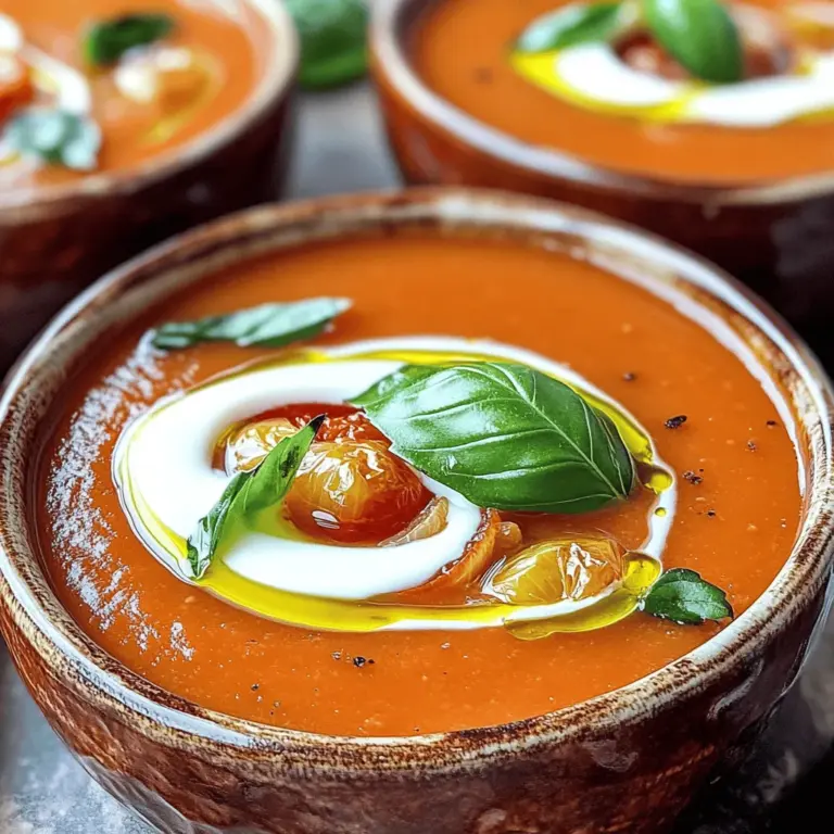 Die Basis für eine leckere geröstete Tomatensuppe sind frische, reife Zutaten. Hier ist, was du brauchst: - 900 g reife Tomaten, halbiert - 1 mittlere Zwiebel, geviertelt - 4 Knoblauchzehen, geschält - 2 Esslöffel Olivenöl - 1 Teelöffel getrocknetes Basilikum - 1 Teelöffel getrockneter Oregano - 1 Teelöffel Zucker - Salz und Pfeffer nach Geschmack - 1 Liter Gemüsebrühe Diese Zutaten sorgen für den vollen Tomatengeschmack und eine schöne Tiefe. Um deiner Suppe mehr Tiefe zu geben, kannst du weitere Gewürze hinzufügen. Hier sind einige Ideen: - 1 Teelöffel Paprikapulver für einen rauchigen Geschmack - Eine Prise Cayennepfeffer für etwas Schärfe - 1 Teelöffel Thymian für mehr Kräuteraroma Solche Gewürze können die Suppe aufpeppen und ihr eine persönliche Note verleihen. Die Garnierung macht deine Suppe noch schöner und schmackhafter. Hier sind einige Optionen: - Frische Basilikumblätter für einen frischen Geschmack - Ein Schuss Sahne für Cremigkeit - Geröstete Pinienkerne für einen nussigen Crunch - Ein Spritzer Balsamico-Essig für etwas Säure Diese Optionen machen die Suppe nicht nur schmackhaft, sondern auch optisch ansprechend. Du kannst die einfache Zubereitung mit verschiedenen Garnierungen aufpeppen. Probiere es aus mit der [Full Recipe]. Zuerst heizen Sie Ihren Ofen auf 200 °C vor. Nehmen Sie die reifen Tomaten und halbieren Sie sie. Schneiden Sie die Zwiebel in Viertel und schälen Sie die Knoblauchzehen. Legen Sie die Tomaten, die Zwiebel und die Knoblauchzehen auf ein großes Backblech. Beträufeln Sie alles mit Olivenöl. Streuen Sie getrocknetes Basilikum, Oregano, Zucker, Salz und Pfeffer darüber. Mischen Sie alles gut durch, damit die Gewürze gleichmäßig verteilt sind. Rösten Sie das Gemüse 25-30 Minuten. Es sollte weich und leicht caramelisiert sein. Nehmen Sie das Backblech aus dem Ofen. Lassen Sie es für ein paar Minuten abkühlen. Geben Sie die gerösteten Zutaten in einen großen Topf und fügen Sie die Gemüsebrühe hinzu. Verwenden Sie einen Stabmixer, um die Mischung glatt zu pürieren. Wenn Sie keinen Stabmixer haben, können Sie die Mischung in einem Standmixer pürieren. Falls gewünscht, rühren Sie die Schlagsahne ein. Diese gibt der Suppe eine cremige Textur und einen reichhaltigen Geschmack. Erwärmen Sie die Suppe bei niedriger Hitze, bis sie warm ist. Probieren Sie die Suppe und passen Sie die Gewürze nach Ihrem Geschmack an. Servieren Sie die Suppe heiß und garnieren Sie sie mit frischen Basilikumblättern. Genießen Sie die leckere Tomatensuppe! Ein häufiger Fehler ist, das Gemüse nicht genug zu rösten. Rösten bringt den süßen Geschmack heraus. Achten Sie darauf, die Tomaten gut zu würzen. Zu wenig Salz kann die Aromen schwächen. Überfüllen Sie das Backblech nicht, damit die Tomaten gleichmäßig rösten. Lassen Sie genügend Platz zwischen den Stücken. Um die Suppe aromatischer zu machen, fügen Sie frische Kräuter hinzu. Basilikum und Thymian sind großartige Optionen. Rösten Sie auch einen Hauch von Chili für etwas Schärfe. Ein Spritzer Zitronensaft kann die Aromen heben. Sie können auch etwas geräuchertes Paprikapulver verwenden, um einen tiefen Geschmack zu erzielen. Die Konsistenz der Suppe hängt von der Menge der Brühe ab. Beginnen Sie mit weniger Brühe und fügen Sie nach Bedarf mehr hinzu. Pürieren Sie die Mischung gut, um eine glatte Textur zu erzielen. Wenn Sie eine cremigere Suppe möchten, rühren Sie etwas Schlagsahne ein. Für eine leichtere Variante lassen Sie die Sahne weg und verwenden mehr Brühe. {{image_4}} Für eine cremige Tomatensuppe füge einfach Schlagsahne hinzu. Die Sahne macht die Suppe reichhaltiger und samtiger. Sie verleiht der Suppe auch eine schöne, helle Farbe. Achte darauf, die Sahne am Ende hinzuzufügen. So bleibt die Suppe frisch und lecker. Wenn du eine vegane Version machen möchtest, lasse die Sahne weg. Du kannst stattdessen Kokosmilch oder Cashewcreme verwenden. Diese Alternativen geben der Suppe eine tolle Cremigkeit. Sie sind auch gesund und lecker. So genießt jeder die Suppe, egal welche Diät er verfolgt. Du kannst auch mit anderen Gemüsesorten spielen. Möhren, Paprika oder Zucchini passen gut in die Suppe. Röste sie einfach zusammen mit den Tomaten und Zwiebeln. Sie bringen zusätzlichen Geschmack und Nährstoffe. Experimentiere, um deine perfekte Mischung zu finden. So wird deine Suppe immer spannend und neu. Du findest die vollständige Rezeptanleitung im [Full Recipe]. Suppe kann leicht im Kühlschrank aufbewahrt werden. Lassen Sie die Suppe zuerst abkühlen. Füllen Sie sie dann in einen luftdichten Behälter. So bleibt die Suppe frisch. Sie sollte innerhalb von drei bis fünf Tagen gegessen werden. Achten Sie darauf, die Suppe gut abzudecken. Wenn Sie mehr Suppe haben, frieren Sie sie ein. Teilen Sie die Suppe in Portionen. Verwenden Sie gefriergeeignete Behälter oder Beutel. Lassen Sie etwas Platz für die Ausdehnung der Flüssigkeit. Beschriften Sie die Behälter mit dem Datum. Die Suppe hält im Gefrierschrank bis zu drei Monate. Um die Suppe aufzuwärmen, gießen Sie sie in einen Topf. Erwärmen Sie sie bei niedriger Hitze. Rühren Sie häufig, um ein Anbrennen zu vermeiden. Wenn die Suppe zu dick ist, fügen Sie etwas Wasser oder Brühe hinzu. Alternativ können Sie die Suppe in der Mikrowelle aufwärmen. Verwenden Sie eine mikrowellengeeignete Schüssel und decken Sie diese ab. So bleibt die Suppe feucht und lecker. Für das vollständige Rezept, schauen Sie sich die Full Recipe an. Die Suppe hält sich gut im Kühlschrank. Sie bleibt dort etwa 3 bis 5 Tage frisch. Stellen Sie sicher, dass Sie sie in einem luftdichten Behälter aufbewahren. So bleibt der Geschmack erhalten. Wenn Sie die Suppe länger aufbewahren möchten, frieren Sie sie ein. Im Gefrierfach hält sie etwa 2 bis 3 Monate. Ja, frische Tomaten sind eine tolle Wahl. Sie verleihen der Suppe einen frischen Geschmack. Wählen Sie reife, saftige Tomaten für die beste Qualität. Achten Sie darauf, sie gut zu rösten, damit sie ihre Süße entfalten. Es gibt viele leckere Beilagen für Tomatensuppe. Hier sind einige Ideen: - Knuspriges Baguette oder Ciabatta - Gegrillter Käse-Sandwich - Frischer Salat mit einem leichten Dressing - Gebackene Croutons für zusätzlichen Crunch - Pesto oder frische Kräuter als Garnitur Diese Beilagen ergänzen den Geschmack der Suppe und machen jede Mahlzeit besonders. Für die vollständige Rezeptanleitung schauen Sie sich bitte das [Full Recipe] an. Diese Blogpost zeigt alles, was du für eine gute Tomatensuppe brauchst. Du hast wichtige Zutaten und deren Aromen kennengelernt. Ich habe dir eine einfache Anleitung gegeben, um die Suppe zu kochen. Wir haben auch Tipps besprochen, um häufige Fehler zu vermeiden. Du kannst die Suppe anpassen und Reste gut lagern. Denke daran, dass frische Tomaten toll sind. Ich hoffe, du hast viel gelernt und hast jetzt Lust, die Suppe auszuprobieren. Sie wird sicher lecker!