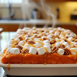 Für einen köstlichen Süßkartoffelauflauf brauchst du einige Hauptzutaten. Diese sind: - 4 große Süßkartoffeln (ca. 900 g), geschält und gewürfelt - 120 g brauner Zucker - 60 ml Milch (nach Wahl) - 60 g ungesalzene Butter, zimmerwarm - 2 große Eier - 5 ml Vanilleextrakt - 5 g gemahlener Zimt - 2 g gemahlene Muskatnuss - 1 g Salz - 200 g Mini-Marshmallows Diese Zutaten geben deinem Auflauf die perfekte Süße und Textur. Die Süßkartoffeln liefern auch einen tollen Nährwert. Wenn du Süßkartoffeln kaufst, achte auf die folgenden Punkte: - Wähle feste und glatte Süßkartoffeln ohne Druckstellen. - Die Farbe sollte lebhaft orange sein. Das zeigt, dass sie frisch sind. - Kleinere Süßkartoffeln sind oft süßer und zarter. Wenn du die besten Süßkartoffeln wählst, wird dein Auflauf noch leckerer. Für zusätzlichen Geschmack und Crunch kannst du Pekannüsse verwenden. Sie passen perfekt zu den Süßkartoffeln. Hier sind weitere Optionen für Toppings: - Gehackte Walnüsse - Karamellsauce - Extra Zimt zum Bestreuen Das Hinzufügen von Toppings macht den Auflauf interessanter. Du kannst die Zutaten ganz nach deinem Geschmack anpassen. Wenn du mehr über die Zubereitung erfahren möchtest, schau dir das Full Recipe an. Zuerst wähle ich große Süßkartoffeln aus. Ich schäle sie und schneide sie in kleine Würfel. Dies hilft beim schnelleren Kochen. Ich bringe einen großen Topf mit Wasser zum Kochen. Dann gebe ich die gewürfelten Süßkartoffeln hinein. Ich koche sie etwa 15 bis 20 Minuten, bis sie weich sind. Wenn sie zerdrückt werden können, gieße ich sie ab und lasse sie kurz abkühlen. In einer großen Schüssel püriere ich die abgekühlten Süßkartoffeln mit einer Gabel. Ich achte darauf, dass sie glatt werden. Dann füge ich den braunen Zucker, die Milch, die weiche Butter, die Eier und den Vanilleextrakt hinzu. Ich streue auch Zimt, Muskatnuss und Salz hinein. Mit einem Löffel vermische ich alles gut, bis die Masse cremig ist. Diese Mischung ist die Basis für unseren Auflauf. Ich heize meinen Ofen auf 175°C vor und fette eine Auflaufform ein. Dann gieße ich die Süßkartoffelmischung gleichmäßig in die Form. Ich backe den Auflauf für 25 Minuten. Nach dieser Zeit nehme ich ihn heraus und streue die Mini-Marshmallows darüber. Wenn ich mag, füge ich auch Pekannüsse hinzu. Dann backe ich den Auflauf für weitere 10 bis 15 Minuten, bis die Marshmallows goldbraun sind. Am Ende lasse ich den Auflauf einige Minuten abkühlen, bevor ich ihn serviere. So einfach ist es! Du kannst das gesamte Rezept auch hier finden: [Full Recipe]. Ein häufiger Fehler ist, die Süßkartoffeln nicht richtig zu kochen. Achte darauf, sie weich zu kochen, damit sie sich leicht pürieren lassen. Zu wenig Zucker kann den Geschmack schwächen. Verwende immer die richtige Menge, um die Süßkartoffeln zu betonen. Wenn du die Marshmallows zu früh hinzufügst, können sie verbrennen. Warte bis zur letzten Backzeit. Um eine cremige Textur zu erreichen, püriere die Süßkartoffeln gründlich. Mische alle Zutaten gut, bis die Masse glatt ist. Du kannst die Milch schrittweise hinzufügen, um die gewünschte Konsistenz zu finden. Ist die Mischung zu dick? Füge mehr Milch hinzu. Ist sie zu flüssig? Dann mehr Süßkartoffeln oder etwas Stärke verwenden. Um neue Geschmäcker zu entdecken, kannst du verschiedene Gewürze hinzufügen. Probiere Muskatnuss oder Ingwer für einen interessanten Kick. Auch Nüsse wie Walnüsse oder Mandeln bringen einen tollen Crunch. Wenn du Schokolade magst, füge Schokoladenstückchen hinzu. Diese Variationen machen dein Gericht einzigartig und spannend. Für das vollständige Rezept schau dir den Full Recipe an. {{image_4}} Wenn du eine vegane Version machen möchtest, gibt es einfache Alternativen. Ersetze die Eier durch Chia-Samen oder Leinsamen. Für die Milch kannst du Mandel- oder Hafermilch verwenden. Statt Butter nutze Kokosöl oder vegane Margarine. Diese Zutaten halten den Auflauf lecker und cremig. Um den Geschmack zu ändern, probiere verschiedene Gewürze aus. Statt Zimt kannst du auch Ingwer oder Kreuzkümmel verwenden. Diese Gewürze bringen einen neuen Twist. Auch eine Prise Cayennepfeffer kann für einen leichten Kick sorgen. Sei kreativ und finde deinen eigenen perfekten Mix! Wenn du keine Marshmallows magst, sind viele Alternativen möglich. Streue geröstete Mandeln oder Walnüsse über den Auflauf. Du kannst auch Schokoladenstückchen verwenden, um einen süßen Geschmack zu erzielen. Frische Früchte wie Cranberries oder Äpfel bringen Frische und Farbe in dein Gericht. Für das vollständige Rezept, schau dir den [Full Recipe] an. Um den Süßkartoffelauflauf frisch zu halten, lassen Sie ihn zuerst abkühlen. Decken Sie ihn dann mit Frischhaltefolie oder einem Deckel ab. Lagern Sie den Auflauf im Kühlschrank. Er bleibt so für bis zu fünf Tage gut. Wenn Sie mehr Zeit haben, können Sie ihn auch einfrieren. Portionieren Sie den Auflauf zuerst, damit das Auftauen leichter ist. Um Reste aufzuwärmen, nehmen Sie eine Portion aus dem Kühlschrank. Legen Sie sie auf einen Teller. Decken Sie den Teller mit einem feuchten Papiertuch ab. Mikrowellen Sie die Portion für etwa ein bis zwei Minuten. Achten Sie darauf, dass die Marshmallows nicht zu heiß werden. Sie können den Auflauf auch im Ofen aufwärmen. Heizen Sie den Ofen auf 175°C vor und backen Sie ihn für 10-15 Minuten. Der Auflauf hält sich im Kühlschrank bis zu fünf Tage. Wenn Sie ihn einfrieren, bleibt er bis zu drei Monate frisch. Achten Sie darauf, ihn gut abzudecken, um Gefrierbrand zu vermeiden. Zum Auftauen, lassen Sie ihn über Nacht im Kühlschrank. So bleibt der Geschmack und die Textur erhalten. Der Auflauf muss insgesamt etwa 35 bis 40 Minuten backen. Zuerst backe ich ihn 25 Minuten ohne Marshmallows. Danach kommen die Mini-Marshmallows oben drauf. Ich backe ihn dann weitere 10 bis 15 Minuten. Achte darauf, dass die Marshmallows goldbraun sind. So bekommst du die perfekte Süße und Textur. Ja, du kannst diesen Auflauf im Voraus machen. Bereite die Süßkartoffelmischung vor und stelle sie in den Kühlschrank. Du kannst dies bis zu einem Tag vorher tun. Wenn du bereit bist, den Auflauf zu backen, nimm ihn aus dem Kühlschrank. Lass ihn 30 Minuten bei Raumtemperatur stehen, bevor du ihn backst. So wird der Auflauf gleichmäßig warm. Um den Auflauf glutenfrei zu machen, achte darauf, dass alle Zutaten glutenfrei sind. Die Süßkartoffeln, Milch und Zucker sind von Natur aus glutenfrei. Verwende glutenfreie Toppings, wie Nüsse oder Schokoladenstückchen, anstelle der Marshmallows. Du kannst auch Kokosnussflocken oder glutenfreien Keksboden verwenden. So bleibt der Auflauf lecker und für alle geeignet. Für das vollständige Rezept, sieh dir bitte die [Full Recipe] an. Der Süßkartoffelauflauf bietet viele leckere Möglichkeiten. Wir haben die Hauptzutaten und wichtige Tipps zur Auswahl von Süßkartoffeln behandelt. Ich habe eine Schritt-für-Schritt-Anleitung gegeben, um den Auflauf perfekt zuzubereiten. Außerdem gab es nützliche Hinweise, um Fehler zu vermeiden und die Konsistenz zu verbessern. Wer neue Varianten ausprobieren möchte, findet passende Tipps in diesem Artikel. Denke beim Lagern an die Haltbarkeit im Kühlschrank und was du mit Resten machen kannst. Probiere das Rezept aus und kreiere deinen eigenen köstlichen Auflauf!