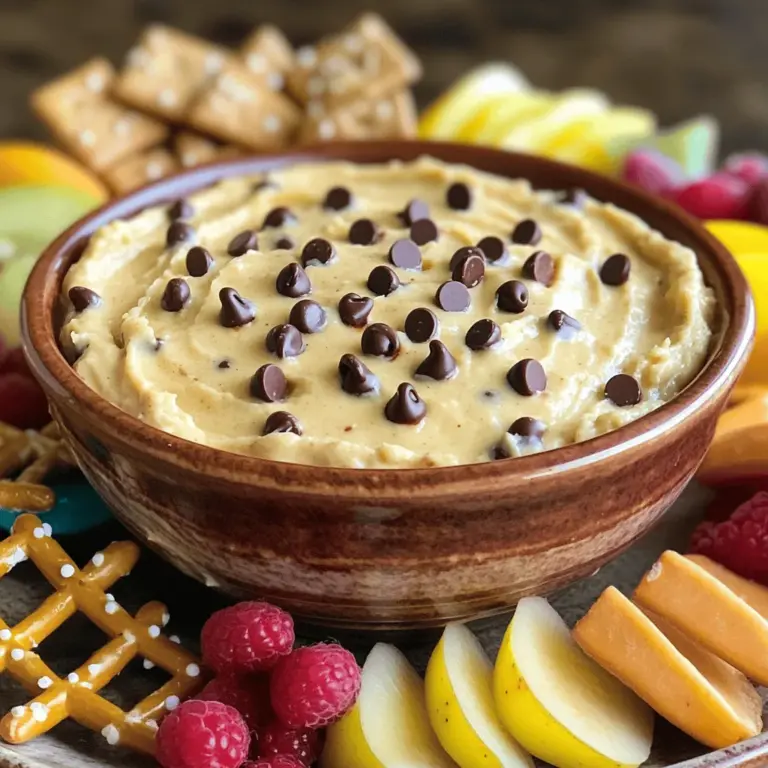 Um diesen leckeren Dip zu machen, brauchst du folgende Zutaten: - 240 g Weizenmehl - 115 g ungesalzene Butter, weich - 150 g brauner Zucker, fest gepackt - 50 g Zucker - 1 Teelöffel Vanilleextrakt - 250 g Frischkäse, weich - 180 g Mini-Schokoladenstückchen - 1/4 Teelöffel Salz - 60 g Puderzucker - Optional: verschiedene Dippmöglichkeiten (Brezeln, Obstscheiben, Graham Cracker) Jede Zutat hat ihre eigene Rolle in diesem Rezept. - Weizenmehl: Es gibt Struktur. Es macht den Dip dick und cremig. - Ungesalzene Butter: Sie sorgt für einen reichen Geschmack. Sie macht den Dip weich. - Brauner Zucker und Zucker: Sie geben Süße und helfen, die Textur zu verbessern. - Vanilleextrakt: Er fügt ein warmes Aroma hinzu. Es macht den Dip noch leckerer. - Frischkäse: Er sorgt für die cremige Basis. Er macht den Dip so gut. - Mini-Schokoladenstückchen: Sie bieten süße Stücke im Dip. Sie machen ihn schokoladig und süß. - Salz: Es verstärkt die Aromen. Ein bisschen Salz macht alles besser. - Puderzucker: Er hilft, die Konsistenz zu steuern. Er macht den Dip süß und glatt. Achte bei der Auswahl deiner Zutaten auf Qualität: - Butter: Wähle frische, ungesalzene Butter. Sie hat den besten Geschmack. - Zucker: Nutze frischen braunen Zucker. Er sollte weich und klumpenfrei sein. - Frischkäse: Nimm einen hochwertigen Frischkäse. Er sollte weich und gut gekühlt sein. - Schokoladenstückchen: Mini-Schokoladenstückchen sind ideal. Sie schmelzen gut und sind süß. - Mehl: Verwende Allzweckmehl ohne Klumpen. So wird der Dip gleichmäßig. Wenn du diese Tipps befolgst, wird dein Dip großartig schmecken! Du kannst die vollständige Rezeptanleitung in der [Full Recipe] finden. Um den Teig für den Schokoladenkeksteig-Dip zuzubereiten, beginne mit einer großen Schüssel. Schlage die weiche Butter mit braunem Zucker und Zucker. Mische alles gut für 2-3 Minuten. Die Mischung sollte cremig und luftig sein. Füge dann den weichen Frischkäse und den Vanilleextrakt hinzu. Rühre alles gut um, bis die Zutaten gut vermischt sind. In einer separaten Schüssel siebe das Weizenmehl. Das hilft, Klumpen zu entfernen. Füge das gesiebte Mehl nach und nach zur nassen Mischung hinzu. Rühre, bis alles gut vermengt ist. Jetzt kommen die Mini-Schokoladenstückchen und das Salz dazu. Diese verleihen dem Dip seinen besonderen Geschmack. Der Dip sollte schön cremig sein. Wenn er zu dick ist, füge langsam Puderzucker hinzu. Rühre gut um, bis die Mischung glatt ist. Du kannst auch einen kleinen Spritzer Milch hinzufügen, wenn du eine noch weichere Konsistenz möchtest. Achte darauf, nicht zu viel auf einmal hinzuzufügen. Die Präsentation ist wichtig. Fülle den Dip in eine schöne Servierschüssel. Du kannst ihn für 30 Minuten bis 1 Stunde in den Kühlschrank stellen. So wird er erfrischend. Serviere den Dip mit leckeren Dippmöglichkeiten wie Brezeln, Obstscheiben oder Graham Crackern. Arrangiere die Dips um die Schüssel und garniere den Dip mit Mini-Schokoladenstückchen. So sieht er noch einladender aus. Ein häufiger Fehler ist, das Mehl zu schnell hinzuzufügen. Dies führt oft zu Klumpen. Um dies zu vermeiden, siebe das Mehl immer zuerst. Ein weiterer Fehler ist, die Butter nicht weich genug zu machen. Weiche Butter erleichtert das Mischen. Stelle sicher, dass die Butter Zimmertemperatur hat. Du kannst deinen Dip ganz nach deinem Geschmack anpassen. Probiere verschiedene Schokoladenstückchen aus. Nutze weiße, dunkle oder sogar gesalzene Karamellstückchen. Wenn du Nüsse magst, füge gehackte Walnüsse oder Mandeln hinzu. Das gibt dem Dip eine knackige Textur. Für einen fruchtigen Twist kannst du auch Trockenfrüchte wie Cranberries oder Aprikosen hinzufügen. Für Glutenfreiheit wähle glutenfreies Mehl. Statt Frischkäse kannst du auch pflanzliche Alternativen verwenden. So machst du den Dip vegan. Wenn du den Zuckergehalt senken möchtest, benutze Süßstoff oder pürierte Datteln. Achte darauf, die Konsistenz zu testen, da dies den Geschmack beeinflussen kann. Für das vollständige Rezept, siehe den Abschnitt über die Zutaten. {{image_4}} Wenn du etwas Neues ausprobieren möchtest, gibt es viele Alternativen zu Schokoladenstückchen. Du kannst Nüsse wie Walnüsse oder Mandeln verwenden. Sie geben einen tollen Crunch und viel Geschmack. Auch weiße Schokolade passt gut. Für eine etwas gesündere Option kannst du Trockenfrüchte wie Cranberries oder Aprikosen hinzufügen. Diese bringen Süße und Frische in den Dip. Fruchtige Varianten machen diesen Dip noch spannender. Füge pürierte Erdbeeren oder Himbeeren hinzu, um eine fruchtige Note zu erhalten. Du kannst auch Stücke von frischen Früchten einarbeiten. Äpfel oder Bananen sind eine gute Wahl. Sie sorgen für eine süße, saftige Ergänzung. Experimentiere mit verschiedenen Früchten, um deinen Lieblingsgeschmack zu finden. Dieser Dip eignet sich hervorragend für Feiern. Du kannst ihn in einer großen Schüssel anbieten. Das zieht die Gäste an. Für besondere Anlässe kannst du den Dip mit Schokoladenstückchen dekorieren. Verwende auch essbare Blumen für einen schönen Look. So wird der Dip zum Hingucker auf jedem Tisch. Serviere ihn mit einer Auswahl an Dips wie Keksen, Obst oder Brezeln. Damit wird jeder Biss zu einem Genuss. Um den Chocolate Chip Cookie Dough Dip frisch zu halten, bewahre ihn in einem luftdichten Behälter auf. Ein guter Behälter schützt vor Gerüchen im Kühlschrank. Stelle sicher, dass der Dip gut abgedeckt ist, um ein Austrocknen zu verhindern. Wenn du den Dip länger lagern willst, ist das Einfrieren eine gute Option. Im Kühlschrank hält sich der Dip etwa 4 bis 5 Tage. Achte darauf, dass du immer einen sauberen Löffel benutzt, wenn du etwas entnimmst. So vermeidest du Bakterien, die den Dip schneller verderben könnten. Wenn du bemerkst, dass der Dip seltsam riecht oder die Farbe sich verändert, ist es besser, ihn wegzuwerfen. Um den Dip einzufrieren, fülle ihn in einen gefrierfreundlichen Behälter. Lass etwas Platz, damit sich der Dip beim Einfrieren ausdehnen kann. Du kannst ihn bis zu 3 Monate im Gefrierfach lagern. Zum Auftauen nimm den Dip einfach in den Kühlschrank und lass ihn dort über Nacht auftauen. Rühre ihn danach gut um, um die Textur wieder herzustellen. Ja, der Chocolate Chip Cookie Dough Dip ist sicher zu essen. Es enthält keine rohen Eier und kein rohes Mehl. Diese Zutaten machen viele Teige unsicher. Wir verwenden hier weiches Weizenmehl, das wir vorher backen können. Das macht es sicher. Du kannst den Dip also bedenkenlos genießen. Ja, du kannst den Dip vegan zubereiten. Ersetze die Butter durch vegane Butter. Verwende pflanzlichen Frischkäse anstelle von normalem Frischkäse. Achte darauf, dass der Zucker vegan ist. Du kannst auch pflanzliche Milch hinzufügen, um die Konsistenz anzupassen. So hast du einen leckeren, veganen Dip. Es gibt viele Dippmöglichkeiten, die gut zu diesem Dip passen. Hier sind einige leckere Vorschläge: - Brezeln: Knusprig und salzig, sie passen perfekt. - Obstscheiben: Äpfel oder Bananen bringen Frische. - Graham Cracker: Süß und knusprig, ideal für den Dip. - Kekse: Deine Lieblingskekse machen das Erlebnis noch besser. Experimentiere mit verschiedenen Dips und finde deine Favoriten! Dieser Blogpost hat alle wichtigen Aspekte des Chocolate Chip Cookie Dough Dips behandelt. Wir haben die Zutaten und deren Funktionen erklärt, Tipps zur Zubereitung gegeben und häufige Fehler besprochen. Variationen wie fruchtige Dips und vegane Alternativen bieten jedem etwas. Den Dip richtig zu lagern sichert seine Frische. Nun bist du bereit, diesen köstlichen Dip zu machen und zu genießen. Lass deiner Kreativität freien Lauf und entdecke deinen eigenen Lieblingsgeschmack!