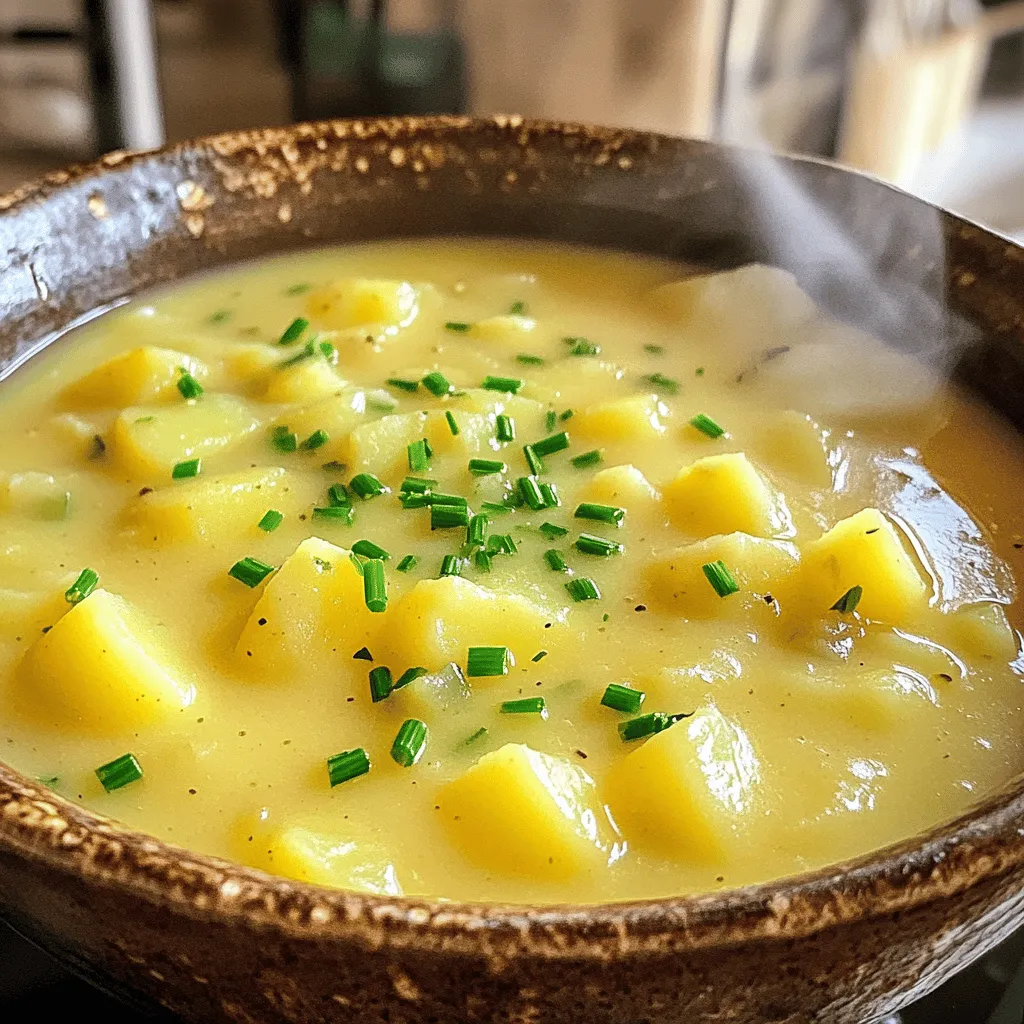 Die Zutaten für die cremige Kartoffelsuppe sind einfach und frisch. Hier ist, was du brauchst: - 4 große Russet-Kartoffeln, geschält und gewürfelt - 1 mittelgroße Zwiebel, gehackt - 3 Knoblauchzehen, fein gehackt - 4 Tassen Gemüse- oder Hühnerbrühe - 1 Tasse Schlagsahne (oder Kokoscreme für eine milchfreie Variante) - 2 Esslöffel Olivenöl - 1 Teelöffel getrockneter Thymian - Salz und Pfeffer nach Geschmack - Frische Schnittlauch oder Petersilie zum Garnieren Die Wahl der Kartoffeln ist wichtig für die Suppe. Ich empfehle, Russet-Kartoffeln zu verwenden. Sie sind stärkehaltig und machen die Suppe schön cremig. Achte darauf, dass die Kartoffeln fest und ohne grüne Stellen sind. Grüne Stellen können bitter schmecken. Wenn du eine andere Textur möchtest, probiere Yukon Gold-Kartoffeln. Sie haben einen cremigen Geschmack. Frische Kräuter bringen viel Geschmack in die Suppe. Ich empfehle, frischen Schnittlauch oder Petersilie zu verwenden. Diese Kräuter geben der Suppe einen frischen Kick. Du kannst auch anderen Gewürzen wie Muskatnuss ausprobieren. Ein Hauch von Muskatnuss verstärkt den Geschmack der Kartoffeln. Wenn du es schärfer magst, füge etwas Cayennepfeffer hinzu. Diese kleinen Änderungen machen die Suppe zu deinem eigenen Gericht. Wenn du mehr über die Zubereitung erfahren möchtest, sieh dir das [Full Recipe] an. Um die perfekte cremige Kartoffelsuppe zu machen, beginne mit der Zwiebel. Erhitze das Olivenöl in einem großen Topf bei mittlerer Hitze. Füge die gehackte Zwiebel hinzu und dünste sie. Es dauert etwa 5 Minuten, bis sie glasig wird. Jetzt kommt der Knoblauch. Rühre ihn ein und füge den getrockneten Thymian hinzu. Lass das Ganze für eine weitere Minute köcheln. Der Duft wird köstlich! Dann kommen die Kartoffeln. Gib die gewürfelten Kartoffeln in den Topf und gieße die Brühe darüber. Bringe die Mischung zum Kochen. Reduziere dann die Hitze. Lass sie 15-20 Minuten köcheln, bis die Kartoffeln weich sind. Wenn die Kartoffeln gar sind, ist es Zeit zum Pürieren. Du kannst einen Stabmixer verwenden. Püriere die Suppe vorsichtig, bis sie glatt und cremig ist. Wenn du keinen Stabmixer hast, fülle die Suppe in einen Standmixer. Pass aber auf, denn die Suppe ist heiß! Sobald die Suppe schön cremig ist, reduziere die Hitze. Rühre dann die Schlagsahne oder die Kokoscreme ein. Lass die Suppe noch 5-10 Minuten köcheln, damit sich die Aromen gut vermischen. Schmecke die Suppe mit Salz und Pfeffer ab. Serviere die Suppe heiß. Für das gewisse Etwas garniere sie mit frischem Schnittlauch oder Petersilie. Das bringt Farbe und Frische in die Suppe. Du kannst auch knusprige Brotstückchen oder Croutons dazu reichen. Das gibt einen tollen Kontrast zur Cremigkeit der Suppe. So wird deine einfache cremige Kartoffelsuppe zu einem echten Genuss. Um beim Kochen Zeit zu sparen, schäle die Kartoffeln vorher. Du kannst sie auch in kleine Stücke schneiden. Kleinere Stücke garen schneller. Nutze einen Schnellkochtopf für die Brühe. Das spart dir viel Zeit. Du kannst auch die Brühe im Voraus zubereiten und im Kühlschrank aufbewahren. Das macht das Kochen schneller. Jeder hat unterschiedliche Vorlieben. Du kannst die Suppe anpassen. Füge Käse hinzu, um sie cremiger zu machen. Wenn du es scharf magst, gib etwas Chili oder Paprika dazu. Für einen frischen Geschmack, füge Zitronensaft oder Limette hinzu. Auch verschiedene Kräuter wie Basilikum oder Oregano passen gut. Experimentiere mit den Aromen, die du magst. Die Textur ist wichtig für eine gute Suppe. Du kannst die Suppe grob oder ganz glatt pürieren. Wenn du eine stückige Suppe magst, püriere nur die Hälfte. Füge nach dem Pürieren ein paar kleine Kartoffelstücke hinzu. Das gibt der Suppe mehr Biss. Auch das Hinzufügen von Sahne oder Kokoscreme macht die Suppe reichhaltiger. Halte die Suppe am Ende warm, damit sie nicht zu dick wird. ![Vollständiges Rezept](#) für eine einfache cremige Kartoffelsuppe. {{image_4}} Du kannst die Kartoffelsuppe ganz leicht vegetarisch oder vegan machen. Statt Hühnerbrühe nimm Gemüsebrühe. Für die cremige Textur verwende Kokoscreme oder Mandelmilch. Diese Alternativen halten den Geschmack reichhaltig und lecker. Wenn du möchtest, kannst du auch Hefeflocken für einen käsigen Geschmack hinzufügen. Saisonale Zutaten bringen frische Aromen in deine Suppe. Im Frühling kannst du Spargel oder Erbsen hinzufügen. Im Herbst sind Kürbis oder Süßkartoffeln eine tolle Wahl. Diese Zutaten ergänzen die Kartoffeln gut und machen das Gericht bunter. Achte darauf, die neuen Zutaten zur richtigen Zeit in den Kochprozess einzufügen. Jeder hat andere Vorlieben. Wenn du es scharf magst, füge Paprikapulver oder Cayennepfeffer hinzu. Für mehr Tiefe kannst du geräuchertes Paprikapulver verwenden. Wenn du Kräuter liebst, probiere frischen Dill oder Thymian. Diese Anpassungen machen die Suppe interessant und einzigartig. Du kannst auch mit dem Salz und Pfeffer experimentieren, um die perfekte Mischung zu finden. Für das vollständige Rezept, schaue dir die Anleitung im Abschnitt "Vollständiges Rezept" an. Um die Kartoffelsuppe frisch zu halten, lagere sie in einem luftdichten Behälter. Lass die Suppe zuerst auf Raumtemperatur abkühlen. Dann kannst du sie für bis zu drei Tage im Kühlschrank aufbewahren. Wenn du die Suppe wieder aufwärmst, mache das bei niedriger Hitze. Rühre gut um, damit sie gleichmäßig warm wird. Du kannst die Kartoffelsuppe auch einfrieren. Fülle sie in gefriergeeignete Behälter oder Beutel. Achte darauf, etwas Platz zu lassen, da die Suppe beim Gefrieren expandiert. Die Suppe hält sich bis zu drei Monate im Gefrierfach. Zum Auftauen legst du sie über Nacht in den Kühlschrank. Erhitze sie dann langsam auf dem Herd oder in der Mikrowelle. Die Haltbarkeit der Kartoffelsuppe im Kühlschrank beträgt etwa drei Tage. Wenn du nach dieser Zeit noch Reste hast, überprüfe den Geruch. Wenn sie schlecht riecht oder die Farbe sich verändert hat, ist es am besten, sie wegzuwerfen. Es ist wichtig, auf Lebensmittelqualität zu achten, um gesund zu bleiben. Um die Suppe dicker zu machen, püriere sie länger. Du kannst auch mehr Kartoffeln hinzufügen. Eine weitere Methode ist, etwas Mehl oder Stärke mit Wasser zu mischen und dann einzurühren. Ein Schuss Sahne macht die Suppe auch cremiger. Die besten Beilagen sind frisches Brot oder Brötchen. Ein knackiger Salat passt auch gut dazu. Du kannst auch Käse, wie Cheddar, darüber streuen. Gebratene Speckwürfel sind eine weitere leckere Option. Ja, du kannst andere Gemüse hinzufügen. Karotten oder Sellerie sind tolle Ergänzungen. Auch Blumenkohl oder Brokkoli passen gut zur Kartoffelsuppe. Diese Gemüse sorgen für mehr Geschmack und Nährstoffe. Sei kreativ und teste verschiedene Kombinationen! Die Kartoffelsuppe ist einfach zuzubereiten und sehr lecker. Wir haben die besten Zutaten besprochen und wie man Kartoffeln sowie frische Kräuter auswählt. Die Schritt-für-Schritt-Anleitung hilft beim Kochen und Pürieren. Tipps für Anpassungen und das Sparen von Zeit sind wichtig. Zudem gibt es verschiedene Varianten für jeden Geschmack. Schließlich sind die Lagerung und Haltbarkeit entscheidend, damit die Suppe lange frisch bleibt. Genieße die Suppenvielfalt und kreiere deine eigene köstliche Version!