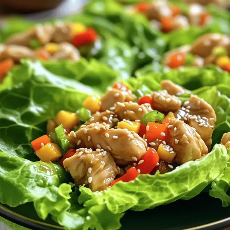 Für die Teriyaki Hähnchen-Lettuce-Wraps brauchst du einige Hauptzutaten. Diese sind: - 450 g Hähnchenbrust, fein gehackt - 1 Esslöffel Olivenöl - 3 Knoblauchzehen, gehackt - 2,5 cm frischer Ingwer, gerieben - 60 ml Teriyakisauce (alkoholfrei) - 1 Esslöffel Honig - 1 Esslöffel Sesamöl Diese Zutaten bilden die Basis für einen köstlichen Geschmack. Das Hähnchen ist zart und die Sauce ist süß und herzhaft. Die Gewürze und Saucen bringen zusätzlichen Geschmack in deine Wraps. Du benötigst: - Salz - Pfeffer Diese einfachen Gewürze helfen, die Aromen zu verstärken. Die Teriyakisauce gibt den Wraps eine tolle, süße Note. Der Honig sorgt für einen zusätzlichen Kick. Sesamöl gibt dem Gericht einen nussigen Geschmack. Gemüse macht die Wraps bunt und gesund. Hier sind einige Optionen: - 1 rote Paprika, fein gewürfelt - 1 Karotte, gerieben - 3 Frühlingszwiebeln, gehackt - 1 Kopf Butter- oder Eisbergsalat, Blätter getrennt Das Gemüse bringt Frische und Knusprigkeit. Du kannst auch anderes Gemüse verwenden, das du magst. Zum Beispiel Gurken oder Avocado. Diese Zutaten machen die Wraps noch bunter und leckerer. Für die Beilage sind die Wraps perfekt mit Reis oder einer einfachen Suppe. Für das komplette Rezept besuche die [Full Recipe]. Zuerst müssen wir alle Zutaten bereitstellen. Hier ist, was du brauchst: - 450 g Hähnchenbrust, fein gehackt - 1 Esslöffel Olivenöl - 3 Knoblauchzehen, gehackt - 2,5 cm frischer Ingwer, gerieben - 60 ml Teriyakisauce (alkoholfrei) - 1 Esslöffel Honig - 1 Esslöffel Sesamöl - 1 rote Paprika, fein gewürfelt - 1 Karotte, gerieben - 3 Frühlingszwiebeln, gehackt - 1 Kopf Butter- oder Eisbergsalat, Blätter getrennt - Sesamsamen zur Garnitur - Salz und Pfeffer nach Geschmack Stelle sicher, dass du alles bereit hast. Das macht das Kochen einfacher und schneller. Jetzt kommt der Spaß! Erhitze das Olivenöl in einer großen Pfanne bei mittlerer Hitze. Wenn das Öl heiß ist, füge den gehackten Knoblauch und den geriebenen Ingwer hinzu. Brate sie etwa 1 Minute an, bis sie duften. Dann kommt das fein gehackte Hähnchen in die Pfanne. Würze es mit Salz und Pfeffer. Brate das Hähnchen, bis es goldbraun und gut durchgegart ist. Das dauert etwa 5-7 Minuten. Rühre jetzt die Teriyakisauce, den Honig und das Sesamöl unter das Hähnchen. Mische alles gut, damit das Hähnchen die Sauce aufnimmt. Lass es 2-3 Minuten köcheln, bis die Sauce etwas dick wird. Füge die gewürfelte Paprika und die geriebene Karotte hinzu. Rühre gut um und koche das Gemüse für weitere 2 Minuten, bis es leicht zart ist. Nimm die Pfanne vom Herd und hebe die gehackten Frühlingszwiebeln unter. Jetzt ist es Zeit, die Wraps zusammenzustellen. Nimm ein Salatblatt und gib eine großzügige Menge der Teriyaki-Hähnchen-Mischung hinein. Falte das Blatt wie einen Taco. Bestreue die Wraps mit Sesamsamen für zusätzlichen Biss. So einfach ist es! Du kannst die Wraps sofort genießen. Sie sind frisch, gesund und voller Geschmack. Wenn du mehr Details brauchst, schau dir das vollständige Rezept an. Um die besten Lettuce-Wraps zu machen, achte auf frische Zutaten. Wähle knackige Blätter, die gut halten. Ich mag Butter- oder Eisbergsalat, weil sie zart sind. Schneide das Hähnchen klein, damit es schnell kocht. Brate es bis es goldbraun ist. Das gibt einen tollen Geschmack. Mische die Teriyakisauce gut unter das Hähnchen. Lass die Sauce kurz köcheln. So wird sie dick und lecker. Frische Zutaten sind der Schlüssel zu jedem guten Gericht. Gehe zum lokalen Markt oder einem Bio-Laden. Dort findest du frisches Gemüse und Fleisch. Achte darauf, dass die Blätter des Salats nicht braun sind. Die besten Paprika sind prall und glänzend. Kaufe auch frischen Ingwer und Knoblauch für den besten Geschmack. Wenn du Zeit hast, schau nach regionalen Erzeugern. Das unterstützt auch die Umwelt. Du kannst die Lettuce-Wraps an deinen Geschmack anpassen. Magst du es scharf? Füge etwas Chili oder Sriracha hinzu. Für eine süßere Note kannst du mehr Honig verwenden. Vegetarier können das Hähnchen durch Tofu ersetzen. Mische verschiedene Gemüse wie Zucchini oder Brokkoli in die Füllung. Das gibt mehr Farbe und Nährstoffe. Sei kreativ und finde deine eigene Mischung. So wird jedes Mal ein neues Geschmackserlebnis entstehen. Für das komplette Rezept, schau in den [Full Recipe]. {{image_4}} Du kannst diese Wraps einfach vegetarisch oder vegan machen. Verwende stattdessen Tofu oder Tempeh. Schneide sie in kleine Stücke und brate sie wie das Hähnchen. Das gibt dir eine leckere, pflanzliche Option. Achte darauf, eine vegane Teriyakisauce zu wählen. Diese ist meist ohne tierische Produkte. Füge mehr Gemüse wie Zucchini oder Pilze hinzu, um den Geschmack zu variieren. Wenn du kein Hähnchen magst, probiere Rind oder Schwein. Diese Fleischsorten bringen verschiedene Aromen. Du kannst auch Garnelen verwenden, die eine tolle Meeresfrüchte-Option bieten. Halte die Zubereitung ähnlich. Koche das Fleisch bis es braun ist, bevor du die Sauce hinzufügst. So bleibt der Geschmack intensiv und lecker. Teriyaki hat seine Wurzeln in Japan, aber du kannst neue Geschmäcker hinzufügen. Mische Zutaten aus anderen Küchen. Füge koreanische Gochujang-Paste hinzu, wenn du es schärfer magst. Du kannst auch frische Kräuter wie Koriander oder Minze verwenden, um die Wraps interessanter zu machen. Experimentiere mit verschiedenen Saucen, um deine eigene Version zu kreieren. So bleibt das Rezept spannend und einzigartig. Sie können die Reste der Teriyaki Hähnchen-Lettuce-Wraps in einem luftdichten Behälter aufbewahren. Lagern Sie die Wraps im Kühlschrank. Sie bleiben bis zu drei Tage frisch. Achten Sie darauf, die Hähnchenfüllung von den Salatblättern zu trennen. So bleiben die Blätter knusprig und frisch. Um die Füllung aufzuwärmen, nutzen Sie eine Pfanne bei mittlerer Hitze. Fügen Sie einen Spritzer Wasser hinzu, um die Feuchtigkeit zu erhalten. Rühren Sie die Mischung gut um. Auf diese Weise bleibt das Hähnchen saftig. Vermeiden Sie die Mikrowelle, da sie die Textur verändert. Bereiten Sie frische Salatblätter erst kurz vor dem Servieren vor. Die Zutaten halten unterschiedlich lange. Frisches Hähnchen bleibt im Kühlschrank bis zu zwei Tage haltbar. Gemüse wie Paprika und Karotten halten sich gut bis zu einer Woche. Teriyakisauce bleibt ungeöffnet mehrere Monate haltbar. Achten Sie darauf, die Frische der Zutaten regelmäßig zu überprüfen. So genießen Sie immer die besten Aromen in Ihren Wraps. Teriyaki Hähnchen-Lettuce-Wraps haben etwa 250 Kalorien pro Portion. Sie enthalten mageres Hähnchen, frisches Gemüse und wenig Öl. Diese Wraps sind ideal, wenn Sie auf Ihre Kalorien achten. Die genauen Kalorien können je nach Zutaten variieren. Ja, Sie können die Teriyakisauce ganz leicht selbst machen. Mischen Sie Sojasauce, Honig, Ingwer und Knoblauch in einem Topf. Erhitzen Sie die Mischung kurz, um die Aromen zu verbinden. Lassen Sie die Sauce leicht eindicken. So haben Sie eine frische, leckere Sauce ohne Zusatzstoffe. Zu Teriyaki Hähnchen-Lettuce-Wraps passen viele Beilagen. Hier sind einige Optionen: - Gedämpfter Reis - Quinoa-Salat - Gegrilltes Gemüse - Edamame - Miso-Suppe Diese Beilagen ergänzen die Wraps perfekt und machen das Essen noch besser. Für das vollständige Rezept schauen Sie sich die [Full Recipe] an. Teriyaki Hähnchen-Lettuce-Wraps sind lecker und einfach zuzubereiten. Wir haben gesehen, welche Zutaten du brauchst und wie du sie vorbereitest. Die Schritte sind klar, von der Zubereitung des Hähnchens bis hin zu den perfekten Wraps. Du kannst die Rezepte auch anpassen, um sie vegetarisch oder vegan zu machen. Denke daran, wie du Reste aufbewahrst und wieder aufwärmst. Diese Wraps sind nicht nur gesund, sondern auch vielseitig. Probiere sie aus und genieße die Vielfalt!