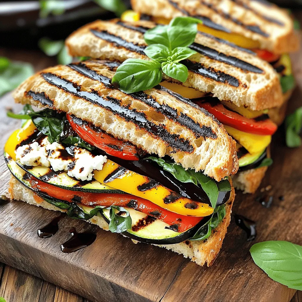 - 1 Zucchini, in dünne Runden geschnitten - 1 rote Paprika, in Streifen geschnitten - 1 gelbe Paprika, in Streifen geschnitten - 1 mittelgroße Aubergine, in Runden geschnitten - 1 mittelgroße rote Zwiebel, in Runden geschnitten - 4 Esslöffel Olivenöl - Salz und Pfeffer nach Geschmack - 1 Teelöffel getrockneter Oregano - 4 Scheiben Vollkornbrot - 1 Tasse frischer Spinat - 1 Tasse Ziegenkäse oder veganer Käse (optional) - Balsamico-Glasur zum Beträufeln Für einen köstlichen Grilled Vegetable Panini sind frische Zutaten der Schlüssel. Ich beginne mit dem Gemüse. Zucchini, Paprika, Auberginen und Zwiebeln bringen Farben und Geschmack. Diese Zutaten sind leicht zu finden und machen das Gericht besonders. Die Gewürze sind ebenso wichtig. Olivenöl sorgt für einen reichen Geschmack. Salz und Pfeffer bringen die Aromen zur Geltung. Oregano fügt eine schöne Note hinzu. Wenn Sie die Gewürze richtig nutzen, hebt das das gesamte Gericht. Für das Brot wähle ich Vollkornbrot. Es hat einen herzhaften Geschmack und passt gut zu den Gemüsefüllungen. Sie können auch frischen Spinat hinzufügen, um das Panini gesund und knackig zu machen. Ein Hauch von Ziegenkäse oder veganem Käse kann das Ganze verfeinern. Schließlich, die Balsamico-Glasur. Sie rundet jeden Bissen ab. Sie können die Glasur einfach über die fertigen Panini träufeln. Diese Zutaten sind eine einfache, aber geschmackvolle Basis für Ihr Panini. Mehr Details finden Sie im Full Recipe. Zuerst bereite ich das Gemüse vor. Dazu nehme ich eine große Schüssel. Ich vermenge Zucchini, Paprika, Aubergine und rote Zwiebel. Dann träufele ich drei Esslöffel Olivenöl darüber. Anschließend würze ich das Gemüse mit Salz, Pfeffer und Oregano. Alles gut vermischen, bis das Gemüse gleichmäßig bedeckt ist. Jetzt heize ich den Grill oder die Grillpfanne vor. Die Hitze sollte mittelhoch sein. Ich lege das vorbereitete Gemüse auf den Grill. Nach etwa 4-5 Minuten drehe ich das Gemüse um. Es ist fertig, wenn es zart ist und schöne Grillstreifen hat. Dann nehme ich das Gemüse vom Grill und lege es beiseite. Nun stelle ich die Panini zusammen. Ich lege die Brotscheiben auf eine flache Fläche. Auf eine Seite jeder Scheibe streiche ich eine dünne Schicht Olivenöl. Auf die unbefeuchtete Seite von zwei Scheiben gebe ich eine Schicht Spinat. Darauf kommt eine großzügige Menge gegrilltes Gemüse. Wenn ich möchte, füge ich Ziegenkäse oder veganen Käse hinzu. Dann lege ich die anderen Brotscheiben mit der geölten Seite nach außen darauf. Jetzt ist es Zeit, die Panini zu grillen. Ich heize die Panini-Presse oder eine Pfanne auf mittlere Hitze vor. Bei einer Pfanne benutze ich einen schweren Topf, um die Sandwiches herunterzudrücken. Ich grille die Panini etwa 3-4 Minuten auf jeder Seite. Sie sind fertig, wenn sie goldbraun sind und der Käse geschmolzen ist. Ich nehme die fertig gegrillten Panini vom Herd. Dann beträufele ich sie mit Balsamico-Glasur. Ich schneide jedes Panini in der Mitte durch und serviere sie warm. Um den perfekten Grilled Vegetable Panini zuzubereiten, ist die Grilltechnik wichtig. - Hitze richtig einstellen: Erhitze deinen Grill oder die Grillpfanne auf mittlere Hitze. Das sorgt dafür, dass das Gemüse gleichmäßig gart. Zu hohe Hitze kann das Gemüse außen verbrennen, während es innen roh bleibt. - Gemüse gleichmäßig schneiden: Schneide das Gemüse in gleichmäßige Stücke. So garen sie zur gleichen Zeit. Zum Beispiel, schneide die Zucchini und Aubergine in dünne Runden und die Paprika in Streifen. Die Wahl des Käses kann den Geschmack des Paninis stark verändern. - Unterschiede zwischen Ziegenkäse und veganem Käse: Ziegenkäse hat einen reichen, cremigen Geschmack. Vegan-Käse kann etwas milder sein. Probiere beides aus, um deinen Favoriten zu finden. - Empfehlungen für andere Käsealternativen: Wenn du etwas anderes willst, probiere Mozzarella oder Feta. Diese Käsesorten schmelzen gut und ergänzen das Gemüse perfekt. Die Präsentation macht das Essen noch ansprechender. - Ideen zur Präsentation auf einem Holzbrett: Schneide das Panini in Hälften und lege sie auf ein rustikales Holzbrett. Das sieht nicht nur gut aus, sondern sorgt auch für ein tolles Gefühl beim Servieren. - Verwendung von frischen Kräutern zur Garnierung: Frische Kräuter wie Basilikum oder Petersilie bringen Farbe und Aroma. Ein einfacher Zweig auf dem Panini macht viel aus. Du kannst die Tipps und Tricks nutzen, um das beste Grilled Vegetable Panini zu machen. Folge dem Full Recipe, um alle Schritte zu sehen. {{image_4}} Für deinen gegrillten Gemüse-Panini kannst du viele Gemüsesorten verwenden. Saisonales Gemüse bringt frische Farben und Aromen. Probiere zum Beispiel Kürbis im Herbst oder frische Tomaten im Sommer. Auch Pilze sind eine tolle Wahl. Sie geben einen herzhaften Geschmack. Spargel ist eine weitere leckere Option, besonders im Frühling. Wenn du glutenfrei essen musst, gibt es einfache Lösungen. Verwende glutenfreies Brot. Es ist leicht zu finden und schmeckt gut. Du kannst auch andere glutenfreie Alternativen ausprobieren. Achte darauf, dass alle Zutaten ebenfalls glutenfrei sind. So bleibt dein Gericht lecker und gesund. Um dein Rezept vegan zu machen, ersetze den Käse. Nutze pflanzliche Käsesorten oder Aufstriche. Sie geben dem Panini einen tollen Geschmack. Du kannst auch Hummus oder Avocado verwenden, um Cremigkeit hinzuzufügen. Diese Anpassungen machen das Gericht nährstoffreich und befriedigend. Für das vollständige Rezept schau dir die Details im Abschnitt Gegrillter Gemüse-Panini an. Wenn du Panini übrig hast, lege sie in einen luftdichten Behälter. Im Kühlschrank halten sie bis zu drei Tage frisch. Wenn du sie aufwärmen willst, benutze die Mikrowelle. Stelle die Mikrowelle auf mittlere Hitze und erwärme sie für etwa 30 Sekunden. So bleibt der Brotgeschmack gut. Alternativ kannst du die Panini im Ofen aufwärmen. Heize den Ofen auf 180 Grad vor und lege die Panini auf ein Backblech. Backe sie für etwa 5 Minuten, bis sie knusprig sind. Die Haltbarkeit der Zutaten ist wichtig. Zucchini und Paprika halten sich etwa eine Woche im Kühlschrank. Auberginen bleiben frisch für 4 bis 5 Tage. Rote Zwiebeln sind länger haltbar, bis zu zwei Wochen. Um die Haltbarkeit zu verlängern, lagere das Gemüse in einem kühlen, trockenen Bereich. Achte darauf, dass das Gemüse trocken ist, bevor du es lagerst. So vermeidest du Schimmel. Um Zeit zu sparen, kannst du das Gemüse im Voraus vorbereiten. Schneide das Gemüse und bewahre es in einem Behälter im Kühlschrank auf. Du kannst auch die Panini einfrieren. Wickele sie gut in Folie ein und lege sie in einen Gefrierbeutel. So bleiben sie bis zu drei Monate frisch. Wenn du bereit bist, sie zu essen, taue sie im Kühlschrank auf und grille sie dann. Das macht das Kochen einfach und schnell. Die Zubereitung eines gegrillten Gemüse-Panini dauert insgesamt 30 Minuten. Die Vorbereitung des Gemüses nimmt etwa 15 Minuten in Anspruch. Das Grillen des Gemüses dauert 8-10 Minuten. Das Zusammenstellen und Grillen der Panini benötigt dann weitere 6-8 Minuten. Diese Zeit ist schnell vergehen, da der Duft von gegrilltem Gemüse den Raum füllt. Ja, du kannst viele andere Brotsorten verwenden. Weißbrot und Ciabatta sind beliebte Alternativen. Diese Brote haben eine weiche Textur, die gut mit dem Gemüse harmoniert. Baguette kann auch eine tolle Wahl sein. Wenn du glutenfrei isst, probiere glutenfreies Brot. Es gibt viele Optionen auf dem Markt. Ja, der gegrillte Gemüse-Panini ist gesund. Er enthält viele Vitamine aus dem Gemüse. Zucchini, Paprika und Auberginen sind reich an Antioxidantien. Vollkornbrot bietet Ballaststoffe, die wichtig für die Verdauung sind. Wenn du Ziegenkäse verwendest, bekommst du auch Protein. Diese Kombination macht den Panini nahrhaft und lecker. Du findest gegrillte Gemüse-Panini in vielen Cafés und Restaurants. Viele italienische Restaurants bieten sie an. Auch vegetarische und vegane Lokale haben oft Panini auf der Karte. In großen Städten gibt es spezielle Sandwich-Läden, die kreative Versionen anbieten. Es lohnt sich, die Menüs zu überprüfen und neue Orte auszuprobieren. Diese Anleitung zeigt, wie man köstliche gegrillte Gemüse-Panini zubereitet. Sie benötigen frisches Gemüse, Gewürze und Vollkornbrot. Wir haben einfache Schritte für Vorbereitung, Grillen und Servieren geteilt. Achten Sie auf die richtige Technik und die Auswahl des Käses. Nutzen Sie kreative Variationen und Aufbewahrungstipps, um diese Gerichte anzupassen. Diese Panini sind nicht nur lecker, sondern auch gesund und vielseitig. Experimentieren Sie und genießen Sie die leckeren Aromen. Probieren Sie es selbst aus!