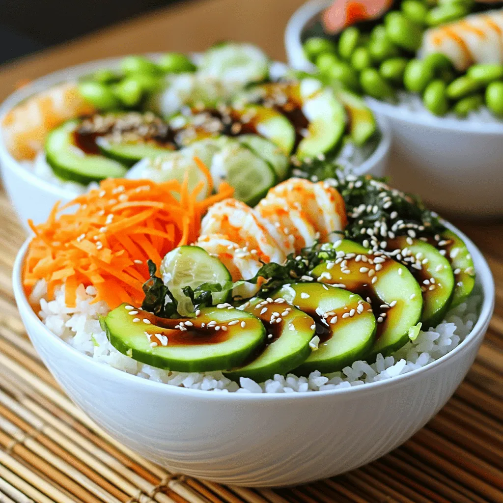 Die Grundzutaten für Ihre Sushi Roll Bowls sind einfach und frisch: - 1 Tasse Sushi-Reis - 1 1/4 Tassen Wasser - 2 Esslöffel Reisessig - 1 Esslöffel Zucker - 1/2 Teelöffel Salz - 1 kleine Gurke, in feine Streifen geschnitten - 1 Avocado, in Scheiben geschnitten - 1 Karotte, gerieben - 1/2 Tasse gekochtes Imitationskrabbenfleisch oder Garnelen - 1/4 Tasse Edamame, geschält - 2 Esslöffel Sojasauce (oder Tamari für glutenfrei) - 1 Esslöffel Sesamöl Diese Zutaten bilden die Basis eines leckeren und gesunden Gerichts. Sie sind einfach zu finden und machen jede Bowl frisch und bunt. Zusätzlich zu den Hauptzutaten können Sie auch einige leckere Toppings hinzufügen: - Seetangsalat - Geröstete Sesamsamen - Eingelegter Ingwer - Wasabi (optional) Diese Toppings bringen Textur und Geschmack in Ihre Bowls. Seetangsalat gibt einen tollen Umami-Geschmack, während die Sesamsamen für einen schönen Crunch sorgen. Frische Zutaten sind das A und O für gute Sushi Roll Bowls. Hier sind einige Tipps: - Wählen Sie festen, reifen Fisch oder Meeresfrüchte. Sie sollten frisch riechen. - Die Gurke sollte knackig und ohne Druckstellen sein. - Avocados sollten leicht weich sein, aber nicht matschig. - Suchen Sie nach leuchtend grünen Edamame, die frisch und knackig sind. Mit diesen Tipps stellen Sie sicher, dass Ihr Gericht nicht nur gut aussieht, sondern auch großartig schmeckt. Um Sushi-Reis zuzubereiten, spülen Sie zuerst 1 Tasse Sushi-Reis unter kaltem Wasser. Dies entfernt die überschüssige Stärke. Das Wasser sollte klar sein. Geben Sie den Reis dann in einen mittleren Topf. Fügen Sie 1 1/4 Tassen Wasser hinzu. Bringen Sie das Wasser zum Kochen. Reduzieren Sie die Hitze auf niedrig und decken Sie den Topf ab. Lassen Sie den Reis für 20 Minuten köcheln. Nach der Kochzeit nehmen Sie den Topf vom Herd. Lassen Sie den Reis 10 Minuten abgedeckt ruhen. Mischen Sie in einer kleinen Schüssel 2 Esslöffel Reisessig, 1 Esslöffel Zucker und 1/2 Teelöffel Salz. Rühren Sie, bis sich alles auflöst. Nehmen Sie den warmen Reis und falten Sie diese Mischung vorsichtig ein. Achten Sie darauf, die Reis-Körner nicht zu zerdrücken. Lassen Sie den gewürzten Reis auf Raumtemperatur abkühlen. Bereiten Sie die Toppings vor, während der Reis abkühlt. Schneiden Sie eine kleine Gurke in feine Streifen. Schneiden Sie eine Avocado in Scheiben. Reiben Sie eine Karotte. Wenn Sie Imitationskrabbenfleisch oder Garnelen verwenden, schneiden Sie diese in mundgerechte Stücke. Geben Sie dann eine großzügige Portion gewürzten Sushi-Reis in Servierschalen. Arrangieren Sie die Gurke, Avocado, Karotte, Krabbenfleisch oder Garnelen sowie Edamame schön oben auf dem Reis. Träufeln Sie 2 Esslöffel Sojasauce und 1 Esslöffel Sesamöl darüber. Garnieren Sie die Bowls mit Seetangsalat und streuen Sie geröstete Sesamsamen darüber. Servieren Sie jede Schale mit eingelegtem Ingwer und etwas Wasabi an der Seite. Für das vollständige Rezept schauen Sie sich das [Full Recipe] an. Ein häufiger Fehler beim Kochen von Sushi-Reis ist das nicht gründliche Spülen. Wenn du den Reis nicht gut wäscht, bleibt Stärke zurück. Dadurch wird der Reis klebrig und matschig. Spüle den Reis, bis das Wasser klar ist, um die beste Textur zu erzielen. Ein weiterer Fehler ist, den Reis nicht lange genug ruhen zu lassen. Nach dem Kochen sollte der Reis 10 Minuten abgedeckt ruhen. So wird er locker und kalt. Um Sushi Roll Bowls einfach zuzubereiten, brauchst du einige wichtige Utensilien: - Reiskocher: Er hilft, den Reis perfekt zu garen. - Schneidebrett: Ein gutes Brett erleichtert das Schneiden der Zutaten. - Scharfes Messer: Ein scharfes Messer sorgt für saubere Schnitte. - Schüssel für den Reis: Eine breite Schüssel hilft beim Mischen des gewürzten Reises. - Servierschalen: Verwende schöne Schalen, um die Bowls ansprechend zu präsentieren. Diese Utensilien machen die Zubereitung einfacher und schneller. Die Garnierung macht deine Sushi Roll Bowls besonders. Hier sind einige Tipps: - Farbenfrohe Zutaten: Nutze verschiedene Farben. Das macht die Bowl appetitlicher. - Achten auf die Anordnung: Lege die Zutaten kunstvoll an. So sieht es professionell aus. - Geröstete Sesamsamen: Diese bringen Crunch und Geschmack. Streue sie großzügig über die Bowl. - Seetangsalat: Dieser frische Salat gibt einen tollen Geschmack und sieht gut aus. Für mehr Ideen, schau dir das [Full Recipe] an. {{image_4}} Die Sushi Roll Bowl ist nicht nur lecker, sondern auch sehr anpassbar. Du kannst sie nach deinem Geschmack gestalten. Hier sind einige tolle Variationen. Für vegane Sushi Roll Bowls nutze ich frisches Gemüse und pflanzliche Proteine. Ersetze das Imitationskrabbenfleisch durch Tofu oder Tempeh. Du kannst den Tofu vorher mariniert grillen. Verwende auch mehr Avocado und Edamame für gesunde Fette und Proteine. Füge geröstete Paprika oder Radieschen für zusätzlichen Geschmack hinzu. Diese Kombination macht die Bowl bunt und nahrhaft. Für glutenfreie Sushi Roll Bowls wähle Tamari anstelle von Sojasauce. Tamari hat einen ähnlichen Geschmack, ist aber glutenfrei. Achte darauf, dass alle Zutaten, die du verwendest, ebenfalls glutenfrei sind. Das gilt besonders für den Sushi-Reis und die Toppings. Du kannst auch Quinoa verwenden, um eine glutenfreie Basis zu schaffen. Quinoa ist reich an Nährstoffen und hat einen tollen Biss. Um mehr Protein hinzuzufügen, probiere verschiedene Optionen. Garnelen oder gegrilltes Hühnchen passen gut. Du kannst auch Kichererbsen oder schwarze Bohnen verwenden. Diese Optionen sind gesund und sättigend. Für einen besonderen Geschmack, röste die Kichererbsen vorher mit Gewürzen. So erhältst du eine knusprige und leckere Proteinquelle. Die Vielfalt der Sushi Roll Bowls ist groß. Du kannst sie ganz nach deinem Geschmack gestalten. Lass deiner Kreativität freien Lauf und genieße dein Essen! Wenn du Sushi Roll Bowls übrig hast, sorge dafür, dass sie frisch bleiben. Lege die Bowls in einen luftdichten Behälter. Du kannst den Reis und die Toppings getrennt lagern. So bleibt alles knackig und lecker. Stelle sicher, dass der Behälter gut verschlossen ist. Lagere die Bowls im Kühlschrank. So sind sie bis zu drei Tage haltbar. Die Haltbarkeit der Zutaten variiert. Sushi-Reis bleibt im Kühlschrank bis zu einer Woche frisch. Gurken und Karotten können bis zu vier Tage halten. Avocados werden schnell braun. Verwende sie am besten sofort oder innerhalb von zwei Tagen. Imitationskrabbenfleisch oder Garnelen sind bis zu drei Tage haltbar. Edamame bleibt bis zu vier Tage frisch. Achte auf das Verfallsdatum der Sojasauce. Sie hält sich oft länger, wenn sie kühl bleibt. Um die Bowls wieder zu erwärmen, nutze die Mikrowelle. Stelle die Mikrowelle auf niedrig ein. Erwärme den Reis nur kurz, damit er nicht trocken wird. Füge einen kleinen Löffel Wasser hinzu, um den Reis feucht zu halten. Die Toppings kannst du kalt lassen oder kurz erwärmen. So bleiben die Aromen frisch. Vermeide es, die Bowls zu lange zu erhitzen. So bleibt der Geschmack der Zutaten erhalten. Sushi Roll Bowls sind in vielen Restaurants verfügbar. Suchen Sie nach Sushi-Lokalen oder japanischen Restaurants in Ihrer Nähe. Viele bieten Takeaway oder Lieferung an. Sie können auch Plattformen wie Lieferando oder Uber Eats nutzen. So finden Sie schnell, was Sie wollen. Schauen Sie sich die Bewertungen an, um die beste Wahl zu treffen. Ja, Sie können Sushi Roll Bowls im Voraus zubereiten. Bereiten Sie den Sushi-Reis und die Toppings getrennt vor. Lagern Sie den Reis in einem luftdichten Behälter. Der Reis bleibt frisch für etwa zwei Tage. Toppings wie Avocado und Gurke schneiden Sie am besten kurz vor dem Servieren. So bleibt alles knackig und lecker. Sushi Roll Bowls sind meist gesund. Sie enthalten frisches Gemüse, gesunde Fette und Eiweiß. Reis liefert Kohlenhydrate für Energie. Achten Sie auf die Portionsgröße. Zu viel Sojasauce kann den Salzgehalt erhöhen. Wenn Sie auf die Zutaten achten, sind diese Bowls eine nahrhafte Wahl. Sie können sogar nach dem [Full Recipe] variieren, um Ihre eigenen gesunden Optionen zu kreieren. Sushi Roll Bowls sind einfach und lecker. Wir haben die Hauptzutaten, optionale Toppings und Tipps zur Auswahl frischer Zutaten besprochen. Ich habe dir eine Schritt-für-Schritt-Anleitung zum Zubereiten gegeben. Außerdem teile ich Tipps, um häufige Fehler zu vermeiden. Es gibt viele Variationen, die du ausprobieren kannst, je nach Vorlieben und Bedürfnissen. Denke daran, Reste richtig zu lagern. Sushi Roll Bowls sind vielseitig, gesund und schnell gemacht. Probiere sie aus und genieße die Vielfalt!