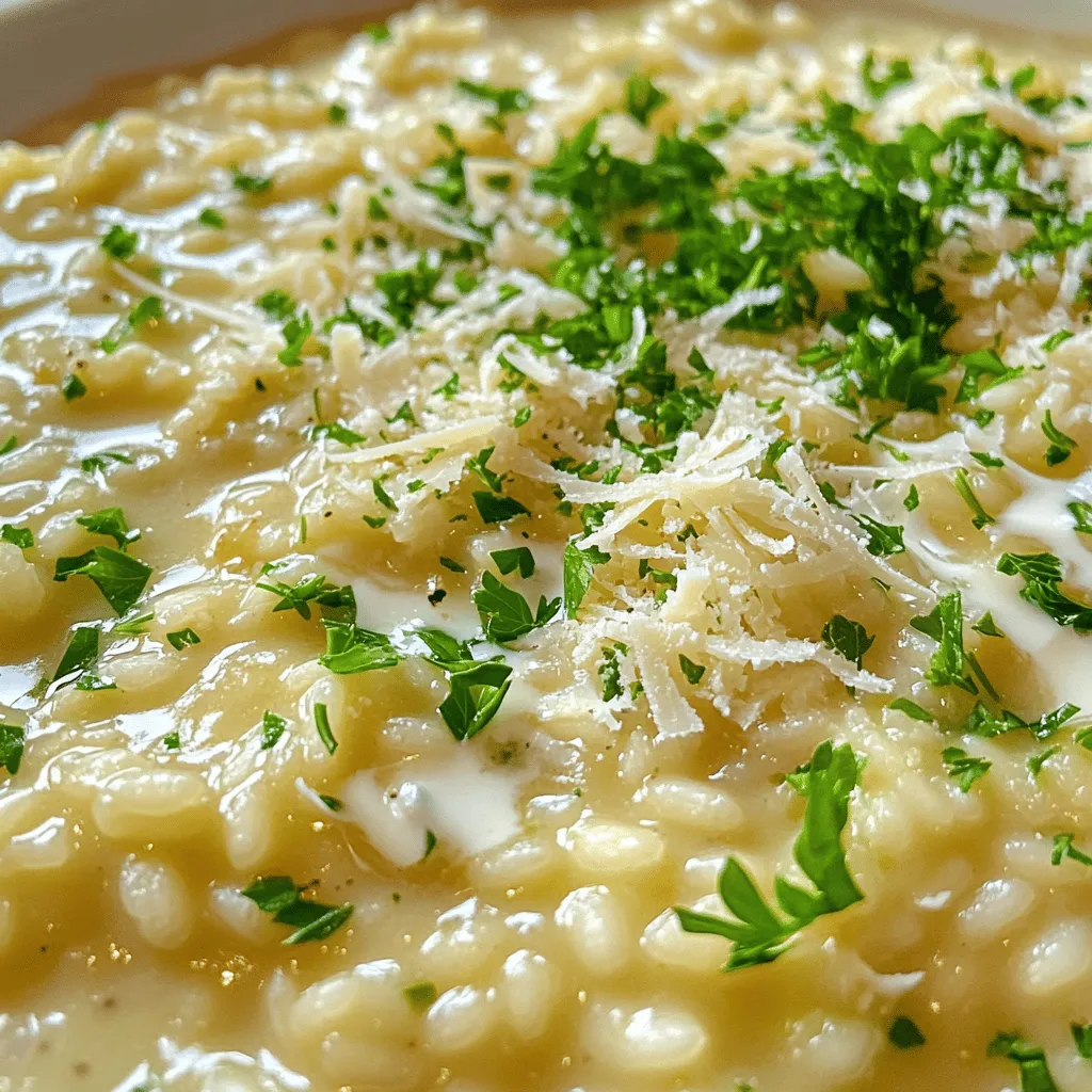 Für dieses Risotto benötigst du einige wichtige Zutaten: - 1 Tasse Arborio-Reis - 4 Tassen Gemüsebrühe - 1 kleine Zwiebel, fein gehackt - 3 Knoblauchzehen, gehackt - 1 Tasse frisch geriebener Parmesan-Käse - 1/2 Tasse Schlagsahne - 2 Esslöffel Olivenöl - 1 Esslöffel Butter - Salz und Pfeffer nach Geschmack - Frische Petersilie, gehackt (zur Garnitur) Diese Zutaten machen das Risotto cremig und vollmundig. Der Parmesan liefert einen herzhaften Geschmack, während der Knoblauch für Würze sorgt. Arborio-Reis ist der Schlüssel zu einem perfekten Risotto. Dieser Reis hat einen hohen Stärkegehalt. Diese Stärke macht das Risotto schön cremig. Während des Kochens nimmt der Reis Flüssigkeit auf und wird weich, bleibt aber al dente. Das bedeutet, dass der Reis noch einen kleinen Biss hat. Diese Textur ist wichtig für ein gelungenes Risotto. Wenn du keinen Parmesan magst oder eine Alternative brauchst, gibt es viele Optionen. Du kannst Pecorino oder Grana Padano verwenden. Diese Käsesorten haben ähnliche Geschmäcker und Texturen. Für eine vegane Option kannst du Hefeflocken nutzen. Sie geben einen umami Geschmack, der gut passt. Für das vollständige Rezept, schau dir die [Full Recipe] an. Bevor du startest, stelle sicher, dass alle Zutaten bereit sind. Hier sind die wichtigsten Schritte: - Hacke die Zwiebel und den Knoblauch fein. - Mische den Parmesan-Käse frisch, so schmilzt er besser. - Halte die Gemüsebrühe warm in einem separaten Topf. Diese Vorbereitungen helfen dir, schnell und einfach zu arbeiten, während du kochst. Die Brühe ist die Seele des Risottos. Hier ist, wie du sie vorbereitest: 1. Erhitze die Gemüsebrühe in einem mittelgroßen Topf bei schwacher Hitze. 2. Halte sie warm, damit der Reis die Brühe gut aufnehmen kann. Eine warme Brühe sorgt dafür, dass der Reis gleichmäßig kocht. Du willst keine kalten Brühe in dein Risotto geben, da dies den Kochprozess stört. Jetzt kommt der aufregendste Teil: das Kochen des Risottos. Folge diesen Schritten: 1. Erhitze in einer großen Pfanne Olivenöl und Butter bei mittlerer Hitze. 2. Füge die gehackte Zwiebel hinzu und brate sie, bis sie glasig ist (ca. 5 Minuten). 3. Rühre den Knoblauch ein und koche ihn 1-2 Minuten lang. Achte darauf, dass er nicht verbrennt. 4. Gib den Arborio-Reis in die Pfanne und rühre um, um die Körner mit dem Öl zu überziehen. 5. Röste den Reis ca. 2 Minuten, bis er leicht durchsichtig ist. 6. Füge die warme Gemüsebrühe kellenweise hinzu und rühre ständig. 7. Lass den Reis die Brühe aufnehmen, bevor du mehr hinzufügst. Dies dauert etwa 18-20 Minuten. 8. Wenn der Reis al dente und cremig ist, nimm die Pfanne vom Herd. 9. Rühre den Parmesan und die Schlagsahne ein, bis alles gut vermischt ist. 10. Würze mit Salz und Pfeffer nach Geschmack. Jetzt hast du ein cremiges und köstliches Risotto! Du kannst die Konsistenz nach Wunsch anpassen. Verwende dafür mehr Brühe oder Sahne. Das Risotto ist am besten, wenn du es frisch servierst. Um den perfekten Gargrad zu erreichen, ist Geduld wichtig. Risotto sollte al dente sein. Das bedeutet, dass der Reis weich ist, aber noch leicht bissfest bleibt. Fügen Sie Brühe eine Kelle nach der anderen hinzu und rühren Sie ständig. So stellen Sie sicher, dass die Stärke im Reis freigesetzt wird und eine cremige Textur entsteht. Ein guter Tipp: Probieren Sie den Reis nach etwa 18 Minuten. Wenn er noch zu hart ist, lassen Sie ihn noch etwas weiter kochen. Um Ihr Risotto aufzupeppen, können Sie viele Zutaten hinzufügen. Zum Beispiel frische Kräuter wie Basilikum oder Oregano. Auch gebratene Pilze oder Erbsen passen gut. Sie können auch etwas Zitronensaft oder Zitronenschale hinzufügen. Das gibt dem Gericht einen frischen Geschmack. Experimentieren Sie mit verschiedenen Zutaten, um neue Aromen zu entdecken. So wird Ihr Risotto jedes Mal besonders. Ein häufiger Fehler ist, die Brühe zu schnell hinzuzufügen. Das macht das Risotto schwer und nicht cremig. Ein weiterer Fehler ist, den Reis nicht genug zu rühren. Rühren hilft, die Stärke freizusetzen und sorgt für eine bessere Konsistenz. Achten Sie auch darauf, den Knoblauch nicht zu verbrennen, da er dann bitter wird. Wenn Sie diese Fehler vermeiden, wird Ihr Risotto perfekt. Für das beste Ergebnis folgen Sie der [Full Recipe] und genießen Sie jeden Bissen! {{image_4}} Für ein vegetarisches Risotto lasse den Parmesan-Käse weg oder ersetze ihn mit einer pflanzlichen Variante. Du kannst auch Cashew-Creme verwenden, um die Cremigkeit zu erreichen. Füge mehr Gemüse wie Spinat oder Erbsen hinzu, um den Geschmack zu verbessern und die Nährstoffe zu erhöhen. Um ein mediterranes Flair zu schaffen, füge Zutaten wie getrocknete Tomaten, schwarze Oliven und frischen Basilikum hinzu. Diese Aromen bringen einen sonnigen Geschmack in das Risotto. Du kannst auch etwas Zitronensaft für Frische hinzufügen. Diese Zutaten harmonieren gut mit dem Knoblauch und Parmesan. Nutze saisonale Gemüsesorten, um dein Risotto anzupassen. Im Frühling sind Spargel und Erbsen ideal. Im Sommer kannst du Zucchini oder Paprika verwenden. Im Herbst passen Kürbis und Pilze gut dazu. Im Winter sind Wurzelgemüse wie Karotten oder Rüben eine tolle Ergänzung. Diese Variationen machen dein Risotto immer spannend und frisch. Schau dir auch das Full Recipe an, um alle Schritte zu entdecken! Wenn Sie Reste von Ihrem cremigen Knoblauch-Parmesan-Risotto haben, bewahren Sie sie am besten in einem luftdichten Behälter auf. Lassen Sie das Risotto zuerst abkühlen, bevor Sie es lagern. Das verhindert Kondenswasser und hält es frisch. Sie können das Risotto bis zu drei Tage im Kühlschrank aufbewahren. Um das Risotto wieder aufzuwärmen, geben Sie es in einen Topf. Fügen Sie einen Schuss Gemüsebrühe oder Sahne hinzu, um die Cremigkeit zurückzubringen. Erhitzen Sie das Risotto bei mittlerer Hitze und rühren Sie gut um. So bleibt es lecker und schmeckt fast wie frisch zubereitet. Im Kühlschrank hält sich das Risotto bis zu drei Tage. Wenn Sie es länger aufbewahren möchten, können Sie es auch einfrieren. Füllen Sie das Risotto in Gefrierbeutel oder -behälter. So bleibt es bis zu zwei Monate haltbar. Denken Sie daran, es vor dem Verzehr vollständig aufzutauen und erneut zu erhitzen. Die Zubereitung von cremigem Knoblauch-Parmesan-Risotto dauert etwa 30 Minuten. Davon sind 10 Minuten für die Vorbereitung nötig. Die eigentliche Kochzeit beträgt etwa 18-20 Minuten. Während dieser Zeit rührst du häufig, um die Cremigkeit zu erreichen. Wenn du alles gut planst, kannst du in kurzer Zeit ein schmackhaftes Gericht zaubern. Ja, du kannst andere Käsesorten verwenden, wenn dir Parmesan nicht gefällt. Beliebt sind zum Beispiel Pecorino oder Grana Padano. Beide haben einen ähnlichen Geschmack, können aber die Textur leicht verändern. Wenn du etwas Besonderes möchtest, probiere Gorgonzola oder Brie. Diese Käsesorten geben dem Risotto eine cremige Note. Risotto ist in der Regel glutenfrei. Arborio-Reis, die Hauptzutat, enthält kein Gluten. Achte jedoch auf die Brühe, die du verwendest. Einige Brühen können Gluten enthalten. Lies die Etiketten, um sicher zu sein. Wenn du alles richtig machst, kannst du ein leckeres, glutenfreies Gericht genießen. Für das vollständige Rezept, schau dir unbedingt die [Full Recipe] an. Das cremige Knoblauch-Parmesan-Risotto vereint einfache Zutaten und klare Schritte. Wir haben die Hauptzutaten und ihre Bedeutung beleuchtet. Die Anleitung hilft Ihnen, das Risotto perfekt zu kochen. Tipps und Tricks zeigen, wie Sie es verbessern können. Vegetarische Optionen und andere Variationen ermöglichen kreative Anpassungen. Ich hoffe, diese Einblicke helfen Ihnen, köstliches Risotto zu genießen und zu meistern. Essen ist Freude, und gutes Risotto macht jede Mahlzeit besonders.