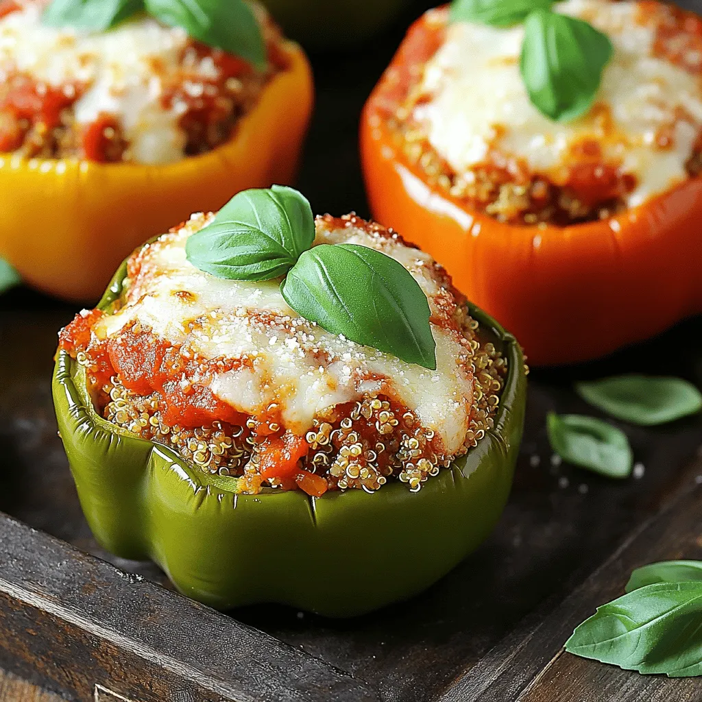 Die Zutaten für Hühnchen Parmesan gefüllte Paprika sind einfach und lecker. Hier ist, was Sie brauchen: - 4 mittelgroße Paprika (jede Farbe) - 450 g gemahlenes Hühnchen - 240 ml Marinara-Sauce - 240 g gekochte Quinoa - 120 g geriebener Mozzarella-Käse - 50 g geriebener Parmesan-Käse - 2 Knoblauchzehen, fein gehackt - 1 Teelöffel getrockneter Oregano - 1 Teelöffel getrocknetes Basilikum - Salz und Pfeffer nach Geschmack - Frische Basilikumblätter zur Garnierung Diese Zutaten schaffen eine tolle Mischung. Die Paprika geben Farbe und Geschmack. Das Hühnchen bringt die Proteine. Quinoa sorgt für einen nussigen Geschmack und ist gesund. Manchmal möchte man Dinge ändern. Hier sind einige Ideen: - Verwenden Sie Rinderhackfleisch anstelle von Hühnchen. - Fügen Sie gewürfelte Zucchini oder Spinat hinzu, um mehr Gemüse zu bekommen. - Ersetzen Sie Quinoa durch Reis oder Couscous. Diese Änderungen machen das Gericht einzigartig. Sie können auch Käse nach Wahl verwenden, wie Gouda oder Feta. Die Nährwerte können helfen, informierte Entscheidungen zu treffen. Hier ist eine grobe Schätzung pro Portion: - Kalorien: 350-400 - Protein: 30 g - Kohlenhydrate: 25 g - Fett: 15 g Die Hühnchen Parmesan gefüllten Paprika sind nahrhaft und sättigend. Sie bieten eine gute Balance aus Eiweiß und Kohlenhydraten. Diese Werte können je nach Zutaten variieren. Für genauere Nährwerte schauen Sie sich die Full Recipe an. Um die Paprika vorzubereiten, heize zuerst deinen Ofen auf 190°C vor. Wähle vier mittelgroße Paprika in verschiedenen Farben. Schneide die oberen Teile ab und entferne die Samen und Membranen. Achte darauf, die Paprika nicht zu beschädigen, da sie später die Füllung halten müssen. Stelle die vorbereiteten Paprika beiseite, während du die Füllung machst. In einer großen Pfanne bei mittlerer Hitze, füge 450 g gemahlenes Hühnchen hinzu. Brate es, bis es gleichmäßig bräunt, das dauert etwa 5 bis 7 Minuten. Füge dann zwei fein gehackte Knoblauchzehen, 1 Teelöffel getrockneten Oregano, 1 Teelöffel getrocknetes Basilikum, sowie Salz und Pfeffer nach Geschmack hinzu. Sauté die Mischung für eine weitere Minute. Danach rühre 240 g gekochte Quinoa und 240 ml Marinara-Sauce ein, bis alles gut vermischt ist. Nehme die Pfanne vom Herd und mische 120 g geriebenen Mozzarella-Käse und 50 g geriebenen Parmesan-Käse unter die Mischung, bis der Käse schmilzt. Fülle jede Paprika gleichmäßig mit der Hühnchenmischung und drücke sie leicht an. Stelle die gefüllten Paprika aufrecht in eine Auflaufform. Bestreue jede Paprika mit dem restlichen Mozzarella- und Parmesan-Käse. Decke die Form mit Aluminiumfolie ab und backe die Paprika 25 Minuten lang. Entferne dann die Folie und backe sie weitere 10 Minuten, bis der Käse sprudelt und goldbraun ist. Lass die Paprika nach dem Backen ein paar Minuten abkühlen und garniere sie vor dem Servieren mit frischen Basilikumblättern. Für die vollständige Anleitung, schaue bitte auf die Full Recipe. Ein häufiger Fehler ist, die Paprika nicht gut vorzubereiten. Achten Sie darauf, die Samen und Membranen gründlich zu entfernen. So wird die Füllung besser. Ein weiterer Fehler ist, das Hühnchen nicht genug zu braten. Braten Sie es bis es leicht braun ist. Dies gibt mehr Geschmack. Auch das Überfüllen der Paprika kann Probleme verursachen. Die Füllung sollte locker sein, damit sie gleichmäßig gart. Um den Geschmack zu steigern, können Sie die Gewürze anpassen. Fügen Sie mehr Knoblauch hinzu, wenn Sie es mögen. Eine Prise Chili-Flocken kann für etwas Schärfe sorgen. Probieren Sie auch verschiedene Kräuter wie Thymian oder Rosmarin. Diese geben dem Gericht eine neue Note. Wenn Sie Käse lieben, können Sie mehr Mozzarella verwenden. Der Käse wird beim Backen schön schmelzen. Diese gefüllten Paprika sind perfekt für ein schönes Dinner. Servieren Sie sie mit einem frischen Salat. Ein einfacher grüner Salat ergänzt die Aromen gut. Sie können auch etwas Knoblauchbrot dazu reichen. Das Brot passt gut zu der leckeren Marinara-Sauce. Für eine besondere Note, garnieren Sie die Paprika mit frischen Kräutern. Dies sieht nicht nur schön aus, sondern gibt auch mehr Geschmack. Wenn Sie Gäste haben, sind diese gefüllten Paprika ein echter Hit! Für die vollständige Anleitung und genaue Mengenangaben schauen Sie sich das [Full Recipe] an. {{image_4}} Wenn Sie eine vegetarische Option suchen, ersetzen Sie das Hühnchen durch Gemüse. Gegrillte Zucchini oder Auberginen passen gut. Sie können auch Kichererbsen für mehr Protein verwenden. Mischen Sie diese mit Quinoa und Marinara-Sauce, um den gleichen leckeren Geschmack zu erzielen. Seien Sie kreativ mit Füllungen! Fügen Sie schwarze Bohnen hinzu, um einen mexikanischen Touch zu bekommen. Oder versuchen Sie, Spinat und Ricotta für eine italienische Note zu verwenden. Auch Reis oder andere Körner sind eine tolle Grundlage. Für glutenfreie Diäten verwenden Sie Quinoa oder Reis. Wenn Sie eine ketogene Diät einhalten, reduzieren Sie die Quinoa und erhöhen den Käse. Vegane Optionen sind auch möglich; nutzen Sie pflanzliche Käsealternativen und ersetzen Sie das Hühnchen durch Tofu oder Tempeh. Diese Variationen halten das Gericht spannend und anpassungsfähig für jeden Geschmack! Für die genaue Zubereitung schauen Sie sich das Full Recipe an. Um die Hühnchen Parmesan gefüllten Paprika frisch zu halten, sollten Sie sie richtig lagern. Lassen Sie die Paprika zuerst abkühlen. Legen Sie sie dann in einen luftdichten Behälter. Diese Methode hält sie bis zu drei Tage im Kühlschrank. Wenn Sie sie länger aufbewahren möchten, sollten Sie das Einfrieren in Betracht ziehen. Wenn Sie die gefüllten Paprika einfrieren möchten, ist die Vorbereitung wichtig. Wickeln Sie jede Paprika einzeln in Frischhaltefolie. Legen Sie sie dann in einen Gefrierbeutel oder einen gefriersicheren Behälter. So bleiben sie bis zu drei Monate frisch. Achten Sie darauf, das Datum auf den Beutel zu schreiben. So wissen Sie, wann Sie sie gemacht haben. Um die gefüllten Paprika aufzuwärmen, gibt es mehrere Methoden. Die beste Methode ist, sie im Ofen zu erwärmen. Heizen Sie den Ofen auf 180°C vor. Legen Sie die Paprika in eine Auflaufform und decken Sie sie mit Aluminiumfolie ab. Backen Sie sie für etwa 20 Minuten. Sie können auch die Mikrowelle verwenden, aber die Paprika können dadurch weich werden. Erwärmen Sie sie in kurzen Abständen und überprüfen Sie oft. So bleiben sie lecker und saftig. Die Zubereitung von Hühnchen Parmesan gefüllten Paprika dauert insgesamt etwa 50 Minuten. Davon benötigen Sie 15 Minuten für die Vorbereitung und 35 Minuten zum Backen. Diese Zeit ist schnell vergangen und belohnt Sie mit einem köstlichen Gericht. Ja, Sie können die Paprika im Voraus zubereiten. Füllen Sie sie einfach und lagern Sie sie im Kühlschrank. Sie können sie bis zu 24 Stunden vorher füllen. Backen Sie sie dann, wenn Sie bereit sind, sie zu genießen. So sparen Sie Zeit an einem geschäftigen Tag. Zu Hühnchen Parmesan gefüllten Paprika passen viele Beilagen gut. Hier sind einige Vorschläge: - Ein frischer grüner Salat - Knuspriges Brot oder Knoblauchbrot - Reis oder Quinoa als Beilage - Gedünstetes Gemüse wie Brokkoli oder grüne Bohnen Diese Beilagen ergänzen das Gericht und machen die Mahlzeit abwechslungsreich. Hühnchen Parmesan gefüllte Paprika sind einfach und lecker. Wir haben die besten Zutaten und Anleitungen für dich besprochen. Du hast gelernt, wie du häufige Fehler vermeidest und das Gericht anpassen kannst. Probiere die Variationen und bewahre die Reste richtig auf. Die Tipps machen dein Essen noch besser. Experimentiere mit den Füllungen und genieße das Kochen. Du wirst sehen, dass dies ein Hit ist!
