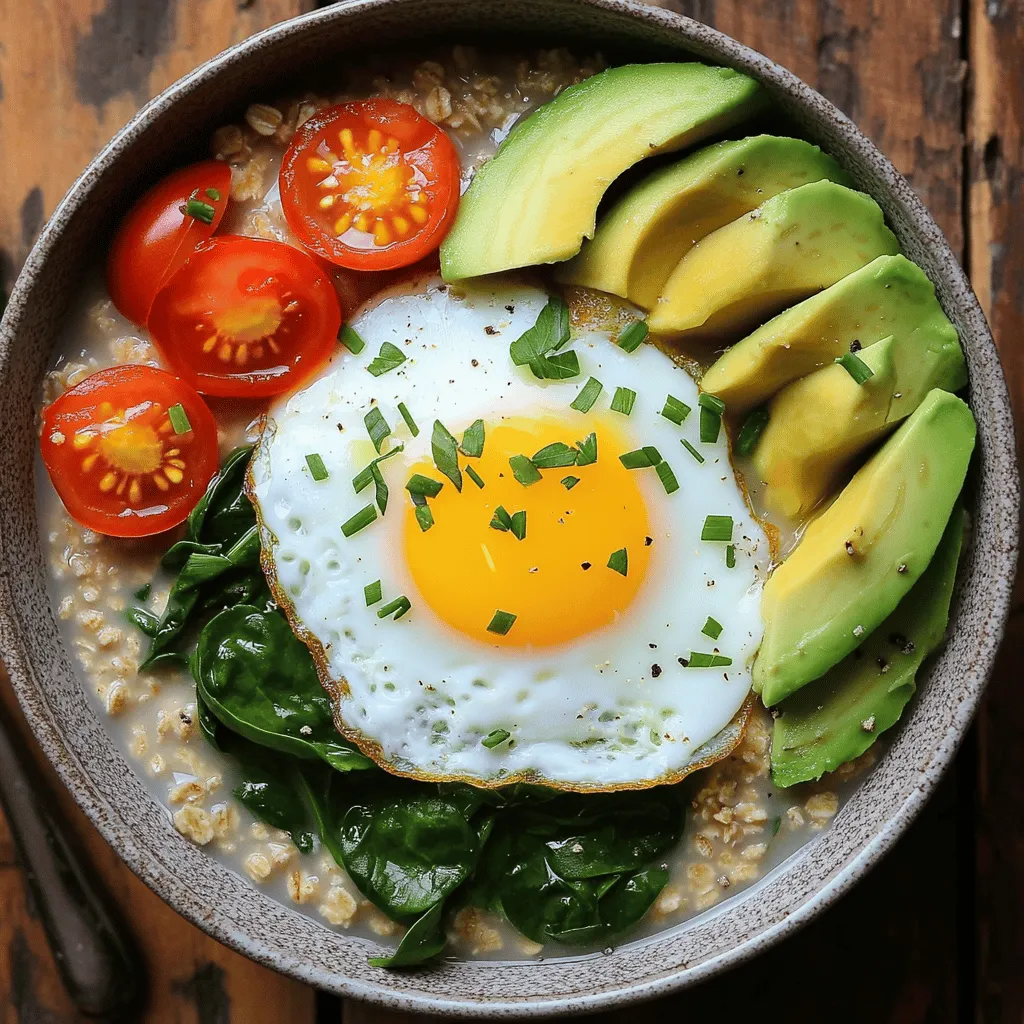 - 1 Tasse zarte Haferflocken - 2 Tassen Gemüsebrühe (oder Wasser) - 2 große Eier - 1 reife Avocado, in Scheiben geschnitten - 1/2 Tasse Kirschtomaten, halbiert - 1 Tasse frischer Spinat - 1 Esslöffel Olivenöl - 1 Teelöffel Knoblauchpulver - 1 Teelöffel geräuchertes Paprikapulver - Salz und schwarzer Pfeffer nach Geschmack - Frische Kräuter (wie Schnittlauch oder Petersilie) zur Garnitur Achte beim Kauf der Avocado darauf, dass sie leicht druckempfindlich ist. Dies zeigt, dass sie reif ist. Wähle Kirschtomaten, die fest und glänzend sind. Frischer Spinat sollte knackig und grün aussehen. Bei Haferflocken sollten die Verpackungen unbeschädigt sein. Gemüsebrühe ist am besten, wenn sie ohne künstliche Zusätze ist. Achte darauf, dass die Eier frisch sind. Das kann durch das Haltbarkeitsdatum oder durch einen Schwimmtest erfolgen. Haferflocken sind reich an Ballaststoffen und helfen, den Cholesterinspiegel zu senken. Eier liefern hochwertiges Protein und wichtige Nährstoffe wie Vitamin D. Gemüsebrühe ist kalorienarm und liefert viele Mineralien. Avocados sind eine gute Quelle für gesunde Fette und Vitamine. Spinat ist nährstoffreich und voller Antioxidantien. Kirschtomaten enthalten Lycopin, das gut für das Herz ist. Zusammen bieten diese Zutaten eine ausgewogene Mahlzeit mit vielen gesundheitlichen Vorteilen. Um den Haferbrei zuzubereiten, beginne mit 2 Tassen Gemüsebrühe. Bringe die Brühe in einem mittelgroßen Topf zum Kochen. Füge dann 1 Tasse zarte Haferflocken, 1 Teelöffel Knoblauchpulver und 1 Teelöffel geräuchertes Paprikapulver hinzu. Rühre alles gut um und gib eine Prise Salz dazu. Reduziere die Hitze auf niedrig und lasse die Mischung 5-7 Minuten lang köcheln. Rühre zwischendurch um, damit der Haferbrei nicht anbrennt. Wenn die Haferflocken cremig sind, ist der Brei fertig. Während der Haferbrei kocht, erhitze 1 Esslöffel Olivenöl in einer Pfanne bei mittlerer Hitze. Schlage die 2 großen Eier in die Pfanne. Du kannst sie als Spiegelei braten oder sie rühren, je nach Vorliebe. Koche die Eier, bis das Eiweiß fest ist und die Dotter noch flüssig sind. Wenn du die Eier würzen möchtest, füge Salz und Pfeffer nach Geschmack hinzu. In derselben Pfanne, in der du die Eier zubereitet hast, füge 1 Tasse frischen Spinat und 1/2 Tasse halbierte Kirschtomaten hinzu. Sautiere das Gemüse 2-3 Minuten lang. Der Spinat sollte welken und die Tomaten leicht weich werden. Dieses Gemüse bringt Farbe und Geschmack in dein Gericht. Für die vollständige Anleitung und weitere Details siehe das Full Recipe. Um den perfekten Haferbrei zu kochen, starte mit der richtigen Flüssigkeit. Ich empfehle Gemüsebrühe, da sie Geschmack bringt. Verwende zarte Haferflocken, da sie schnell garen. Bringe die Brühe zum Kochen und füge die Haferflocken hinzu. Rühre die Mischung gut um, damit sie nicht anbrennt. Lass sie dann bei niedriger Hitze köcheln. In 5 bis 7 Minuten wird der Haferbrei cremig. Gewürze bringen Leben in dein Gericht. Ich nutze oft Knoblauchpulver und geräuchertes Paprikapulver. Diese Gewürze geben deinem Haferbrei einen tollen Geschmack. Du kannst auch frische Kräuter wie Schnittlauch oder Petersilie hinzufügen. Diese Kräuter sorgen für Frische und Farbe. Experimentiere mit verschiedenen Gewürzen, um deinen eigenen Geschmack zu finden. Ein häufiger Fehler ist, die Haferflocken zu lange zu kochen. Das macht sie matschig. Achte darauf, die Hitze zu reduzieren, sobald die Mischung kocht. Rühre regelmäßig um, um Anbrennen zu vermeiden. Ein weiterer Fehler ist, die Zutaten nicht gut zu würzen. Probiere die Mischung während des Kochens. So kannst du den Geschmack anpassen. Mit diesen Tipps machst du einen herzhaften Haferbrei, der lecker und nahrhaft ist. Für das vollständige Rezept schaue dir die [Full Recipe] an. {{image_4}} Wenn Sie Eier meiden möchten, gibt es tolle Alternativen. Sie können Tofu verwenden. Braten Sie den Tofu in Würfeln an, bis er goldbraun ist. Ein weiterer guter Ersatz ist Kichererbsenmehl. Mischen Sie das Mehl mit Wasser, um eine Teigmischung zu machen. Braten Sie diese Mischung dann in der Pfanne. Sie können auch Avocado als cremigen Belag nutzen. Diese Optionen geben Ihrem Haferbrei eine proteinreiche Note. Um den Geschmack zu steigern, probieren Sie verschiedene Beläge. Fügen Sie Käse hinzu, um eine herzhafte Note zu erhalten. Feta oder Parmesan sind großartige Optionen. Sie können auch Nüsse oder Samen verwenden. Diese bringen Crunch und gesunde Fette. Ein Spritzer Sojasauce oder Sriracha gibt dem Gericht einen tollen Kick. Auch frische Kräuter wie Basilikum oder Koriander sorgen für mehr Aroma. Experimentieren Sie mit verschiedenen Gemüsesorten. Zucchini ist perfekt, da sie schnell gar wird. Paprika bringt Süße und Farbe. Brokkoli oder Blumenkohl sind tolle Optionen, die viele Nährstoffe bieten. Schneiden Sie das Gemüse klein, damit es schnell kocht. Das Sautieren fügt Geschmack hinzu und macht alles zart. Spielen Sie mit saisonalem Gemüse für die besten Ergebnisse. Wenn Sie Haferbrei übrig haben, lagern Sie ihn in einem luftdichten Behälter. Stellen Sie sicher, dass der Haferbrei gut abgekühlt ist, bevor Sie ihn in den Kühlschrank stellen. So bleibt er frisch. Der Haferbrei hält sich bis zu drei Tage im Kühlschrank. Wenn Sie ihn aufwärmen, fügen Sie etwas Wasser oder Brühe hinzu, um die Cremigkeit wiederherzustellen. Die Zutaten in diesem Rezept sind sehr vielseitig. Wenn Sie frischen Spinat übrig haben, können Sie ihn in einem Salat verwenden oder in ein Sandwich packen. Kirschtomaten sind perfekt für Snacks oder als Topping auf Pizza. Avocados sind großartig in einem Smoothie oder auf Toast. Eier können auch in vielen anderen Gerichten verwendet werden, wie in Omeletts oder Frittatas. So nutzen Sie alles optimal aus. Für eine schnelle Zubereitung können Sie die Haferflocken und die Gewürze im Voraus mischen. Lagern Sie die Mischung in einem Behälter. So sparen Sie Zeit, wenn Sie das Rezept machen. Sie können auch die Eier im Voraus kochen, wenn Sie Spiegeleier machen. Bewahren Sie sie im Kühlschrank auf, um sie schnell zu genießen. Gemüse wie Spinat und Tomaten können Sie ebenfalls vorher schneiden. So ist die Zubereitung am Tag selbst sehr einfach. Die Zubereitung von herzhaftem Haferbrei dauert in der Regel 15 Minuten. In den ersten 5 Minuten bringst du die Brühe zum Kochen. Danach köcheln die Haferflocken für 5-7 Minuten. Währenddessen bereitest du die Eier und das Gemüse vor. So kannst du alles gleichzeitig machen. Ja, du kannst Haferbrei im Voraus machen. Koche die Haferflocken wie im Rezept beschrieben und lasse sie abkühlen. Fülle den Haferbrei in einen luftdichten Behälter und stelle ihn in den Kühlschrank. Er bleibt bis zu 3 Tage frisch. Wenn du ihn wieder aufwärmst, füge etwas Brühe hinzu, um die Konsistenz zu verbessern. Zu herzhaftem Haferbrei passen viele leckere Zutaten. Hier sind einige Ideen: - Käse: Feta oder Parmesan für zusätzlichen Geschmack. - Nüsse: Geröstete Mandeln oder Walnüsse für einen knusprigen Biss. - Kräuter: Frischer Schnittlauch oder Petersilie zur Garnierung. - Gemüse: Paprika oder Zucchini, um mehr Farben und Nährstoffe hinzuzufügen. Experimentiere mit verschiedenen Kombinationen, um deinen perfekten Haferbrei zu finden. Du kannst auch die [Full Recipe] ausprobieren, um das Gericht schnell selbst zu machen. Zusammenfassend haben wir die wichtigsten Zutaten und ihre Nährwerte besprochen. Ich habe gezeigt, wie du Haferbrei, Eier und Gemüse zubereitest. Tipps helfen dir, häufige Fehler zu vermeiden. Zudem bieten wir Varianten für Vegetarier und Veganer an. Denke daran, Reste gut zu lagern und wiederzuverwenden. So schaffst du schmackhafte, nahrhafte Gerichte. Du wirst kreative Ideen entwickeln und alles leicht in deine Küche integrieren können. Kochen kann einfach und spannend sein!