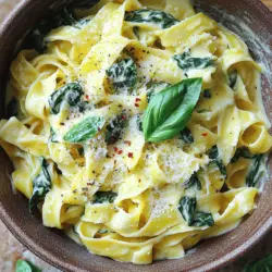 - 225 g Fettuccine-Nudeln - 2 Esslöffel Olivenöl - 4 Zehen Knoblauch, fein gehackt - 240 ml Schlagsahne - 150 g frischer Spinat, grob gehackt - 50 g geriebener Parmesan - 1/4 Teelöffel Chiliflocken (optional) - Salz und Pfeffer nach Geschmack - Frische Basilikumblätter zur Garnitur Für die Zubereitung der cremigen Knoblauch-Pasta mit Spinat brauche ich frische und einfache Zutaten. Fettuccine-Nudeln sind perfekt, weil sie die Sauce gut halten. Olivenöl bringt einen feinen Geschmack. Knoblauch gibt der Pasta einen tollen Duft. Schlagsahne macht die Sauce cremig und reichhaltig. Frischer Spinat sorgt für Farbe und Nährstoffe. Parmesan fügt eine salzige Note hinzu. Chiliflocken bringen eine leichte Schärfe, die ich liebe. Vergiss nicht, Salz und Pfeffer nach deinem Geschmack hinzuzufügen. Frische Basilikumblätter machen das Gericht schön und frisch. Mit dieser Zutatenliste bist du bereit für eine schnelle Genussreise. Du kannst alle Zutaten leicht finden. Diese Pasta ist einfach zuzubereiten und schmeckt köstlich. Schaue dir die vollständige Rezeptanleitung an, um die Schritte zu erfahren. - Kochen der Pasta Setze einen großen Topf mit gesalzenem Wasser auf. Bring das Wasser zum Kochen. Koche die Fettuccine gemäß den Anweisungen auf der Verpackung. Sie sollten al dente sein. Das dauert etwa 8-10 Minuten. Nach dem Kochen, gieße die Pasta ab. - Nudelwasser aufbewahren Bevor du die Pasta abgießt, bewahre etwa 120 ml vom Nudelwasser auf. Dieses Wasser ist wichtig. Es hilft später, die Sauce zu binden. - Anbraten des Knoblauchs Erhitze das Olivenöl in einer großen Pfanne bei mittlerer Hitze. Füge den fein gehackten Knoblauch hinzu. Brate ihn für 1-2 Minuten an. Achte darauf, dass er nicht braun wird. Der Geruch ist einfach köstlich. - Hinzufügen der Schlagsahne und der Gewürze Senke die Hitze auf mittlere bis niedrige Stufe. Gieße die Schlagsahne in die Pfanne. Rühre gut um, damit alles vermischt ist. Lass die Mischung 2-3 Minuten köcheln. Rühre gelegentlich um, damit nichts anbrennt. - Einfügen des Spinats und der Pasta Gib den gehackten Spinat in die Pfanne. Lass ihn in der Sauce zusammenfallen. Rühre regelmäßig um, damit der Spinat gleichmäßig gart. - Vermischen der Zutaten Füge die gekochten Fettuccine in die Pfanne. Vermenge alles gründlich. Wenn die Sauce zu dick ist, füge etwas vom reservierten Nudelwasser hinzu. Rühre weiter, bis alles gut vermischt ist. Jetzt bist du bereit, eine köstliche Portion cremige Knoblauch-Pasta mit Spinat zu genießen. Du findest das vollständige Rezept im Abschnitt "Zutaten". Um die Sauce perfekt zu machen, ist Nudelwasser wichtig. Es enthält Stärke, die die Sauce bindet. Wenn die Sauce zu dick ist, füge etwas vom Nudelwasser hinzu. Dies macht die Sauce cremig und geschmeidig. Die Dicke der Sauce lässt sich anpassen. Mische mehr Schlagsahne für eine reichhaltigere Sauce oder weniger für eine leichtere. Probiere es aus und finde die beste Konsistenz für deinen Geschmack. Du kannst die Pasta leicht anpassen. Hähnchen oder Garnelen passen gut zu dieser cremigen Sauce. Einfach brate sie vor dem Knoblauch an. So erhält das Gericht einen zusätzlichen Geschmack. Für die Präsentation benutze frische Basilikumblätter. Diese sorgen für Farbe und Frische. Ein schöner Teller macht das Essen noch appetitlicher. Bereite einige Sachen im Voraus vor. Hacke den Knoblauch und den Spinat schon vor dem Kochen. So sparst du Zeit, wenn du das Gericht zubereitest. Achte auf gutes Zeitmanagement. Koche die Nudeln, während du die Sauce machst. So sind alle Komponenten zur gleichen Zeit fertig. Wenn du diese Tipps befolgst, wird deine cremige Knoblauch-Pasta mit Spinat noch besser. Du findest das vollständige Rezept weiter oben. {{image_4}} Um die Pasta noch besser zu machen, kannst du den Käse ersetzen. Statt Parmesan kannst du Hefeflocken verwenden. Sie geben einen tollen Geschmack und sind vegan. Du kannst auch andere Käsesorten ausprobieren, wie zum Beispiel Feta oder Ziegenkäse. Zusätzlich kannst du verschiedene Gemüse hinzufügen. Brokkoli, Erbsen oder Zucchini passen gut. Brate sie kurz mit dem Knoblauch an. So bleiben sie knackig und lecker. Wenn du glutenfrei kochen willst, nimm glutenfreie Nudeln. Diese gibt es in vielen Sorten. Achte darauf, die Kochzeit anzupassen. Manchmal brauchen sie etwas länger oder kürzer. Für die Sauce kannst du die gleichen Zutaten verwenden. Die meisten Sahnen sind glutenfrei. Achte auf die Etiketten, um sicher zu gehen. Willst du etwas mehr Pepp? Füge zusätzliche Gewürze oder Soßen hinzu. Muskatnuss passt gut zu der cremigen Sauce. Auch ein Hauch von Zitronensaft kann helfen, die Aromen zu heben. Experimentiere mit Chiliflocken. Sie geben der Pasta eine feurige Note. Du kannst die Menge anpassen, je nach deinem Geschmack. Wenn du es milder magst, nimm weniger. - Verwende hermetisch verschlossene Behälter, um die Reste frisch zu halten. - Du kannst die Pasta bis zu drei Tage im Kühlschrank lagern. - Nutze die Mikrowelle, um die Pasta schnell zu erwärmen. - Auf dem Herd bleibt die Sauce cremiger. Füge etwas Nudelwasser hinzu, um die Konsistenz zu verbessern. - Rühre gut um, damit die Pasta gleichmäßig warm wird. Die Zubereitung dieser Pasta dauert insgesamt nur 20 Minuten. Die Vorbereitungszeit liegt bei etwa 10 Minuten. Während die Nudeln kochen, kannst du die Sauce vorbereiten. Dies macht das Kochen einfach und schnell. Ja, du kannst die Pasta im Voraus machen. Koche die Nudeln und bereite die Sauce. Lass alles abkühlen und stelle es in den Kühlschrank. Wenn du bereit bist zu essen, erhitze die Pasta in einer Pfanne. Füge ein wenig Wasser hinzu, um die Sauce wieder cremig zu machen. Wenn du keinen Parmesan hast, gibt es viele Alternativen. Du kannst Pecorino oder Grana Padano verwenden. Für eine vegane Option probiere Hefeflocken. Diese geben einen ähnlichen Geschmack, ohne Milchprodukte zu nutzen. Ja, du kannst die Pasta einfrieren. Achte darauf, die Nudeln und Sauce getrennt zu lagern. Verwende luftdichte Behälter oder Gefrierbeutel. So bleibt die Pasta frisch. Zum Aufwärmen kannst du sie direkt aus dem Gefrierschrank in die Pfanne geben. Zusammenfassend haben wir die Zutaten und Schritte für eine leckere Pasta besprochen. Fettuccine mit frischem Spinat und einer cremigen Sauce ist einfach zuzubereiten. Du kannst auch Variationen ausprobieren, wie vegetarische Optionen oder würzige Varianten. Achte auf die Lagerung von Resten und lerne, wie du sie aufwärmst. Dieses Gericht bietet viele Möglichkeiten für Kreativität und Genuss. Probiere es aus und finde deine Lieblingsversion.