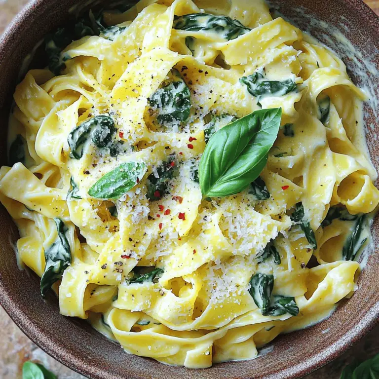 - 225 g Fettuccine-Nudeln - 2 Esslöffel Olivenöl - 4 Zehen Knoblauch, fein gehackt - 240 ml Schlagsahne - 150 g frischer Spinat, grob gehackt - 50 g geriebener Parmesan - 1/4 Teelöffel Chiliflocken (optional) - Salz und Pfeffer nach Geschmack - Frische Basilikumblätter zur Garnitur Für die Zubereitung der cremigen Knoblauch-Pasta mit Spinat brauche ich frische und einfache Zutaten. Fettuccine-Nudeln sind perfekt, weil sie die Sauce gut halten. Olivenöl bringt einen feinen Geschmack. Knoblauch gibt der Pasta einen tollen Duft. Schlagsahne macht die Sauce cremig und reichhaltig. Frischer Spinat sorgt für Farbe und Nährstoffe. Parmesan fügt eine salzige Note hinzu. Chiliflocken bringen eine leichte Schärfe, die ich liebe. Vergiss nicht, Salz und Pfeffer nach deinem Geschmack hinzuzufügen. Frische Basilikumblätter machen das Gericht schön und frisch. Mit dieser Zutatenliste bist du bereit für eine schnelle Genussreise. Du kannst alle Zutaten leicht finden. Diese Pasta ist einfach zuzubereiten und schmeckt köstlich. Schaue dir die vollständige Rezeptanleitung an, um die Schritte zu erfahren. - Kochen der Pasta Setze einen großen Topf mit gesalzenem Wasser auf. Bring das Wasser zum Kochen. Koche die Fettuccine gemäß den Anweisungen auf der Verpackung. Sie sollten al dente sein. Das dauert etwa 8-10 Minuten. Nach dem Kochen, gieße die Pasta ab. - Nudelwasser aufbewahren Bevor du die Pasta abgießt, bewahre etwa 120 ml vom Nudelwasser auf. Dieses Wasser ist wichtig. Es hilft später, die Sauce zu binden. - Anbraten des Knoblauchs Erhitze das Olivenöl in einer großen Pfanne bei mittlerer Hitze. Füge den fein gehackten Knoblauch hinzu. Brate ihn für 1-2 Minuten an. Achte darauf, dass er nicht braun wird. Der Geruch ist einfach köstlich. - Hinzufügen der Schlagsahne und der Gewürze Senke die Hitze auf mittlere bis niedrige Stufe. Gieße die Schlagsahne in die Pfanne. Rühre gut um, damit alles vermischt ist. Lass die Mischung 2-3 Minuten köcheln. Rühre gelegentlich um, damit nichts anbrennt. - Einfügen des Spinats und der Pasta Gib den gehackten Spinat in die Pfanne. Lass ihn in der Sauce zusammenfallen. Rühre regelmäßig um, damit der Spinat gleichmäßig gart. - Vermischen der Zutaten Füge die gekochten Fettuccine in die Pfanne. Vermenge alles gründlich. Wenn die Sauce zu dick ist, füge etwas vom reservierten Nudelwasser hinzu. Rühre weiter, bis alles gut vermischt ist. Jetzt bist du bereit, eine köstliche Portion cremige Knoblauch-Pasta mit Spinat zu genießen. Du findest das vollständige Rezept im Abschnitt "Zutaten". Um die Sauce perfekt zu machen, ist Nudelwasser wichtig. Es enthält Stärke, die die Sauce bindet. Wenn die Sauce zu dick ist, füge etwas vom Nudelwasser hinzu. Dies macht die Sauce cremig und geschmeidig. Die Dicke der Sauce lässt sich anpassen. Mische mehr Schlagsahne für eine reichhaltigere Sauce oder weniger für eine leichtere. Probiere es aus und finde die beste Konsistenz für deinen Geschmack. Du kannst die Pasta leicht anpassen. Hähnchen oder Garnelen passen gut zu dieser cremigen Sauce. Einfach brate sie vor dem Knoblauch an. So erhält das Gericht einen zusätzlichen Geschmack. Für die Präsentation benutze frische Basilikumblätter. Diese sorgen für Farbe und Frische. Ein schöner Teller macht das Essen noch appetitlicher. Bereite einige Sachen im Voraus vor. Hacke den Knoblauch und den Spinat schon vor dem Kochen. So sparst du Zeit, wenn du das Gericht zubereitest. Achte auf gutes Zeitmanagement. Koche die Nudeln, während du die Sauce machst. So sind alle Komponenten zur gleichen Zeit fertig. Wenn du diese Tipps befolgst, wird deine cremige Knoblauch-Pasta mit Spinat noch besser. Du findest das vollständige Rezept weiter oben. {{image_4}} Um die Pasta noch besser zu machen, kannst du den Käse ersetzen. Statt Parmesan kannst du Hefeflocken verwenden. Sie geben einen tollen Geschmack und sind vegan. Du kannst auch andere Käsesorten ausprobieren, wie zum Beispiel Feta oder Ziegenkäse. Zusätzlich kannst du verschiedene Gemüse hinzufügen. Brokkoli, Erbsen oder Zucchini passen gut. Brate sie kurz mit dem Knoblauch an. So bleiben sie knackig und lecker. Wenn du glutenfrei kochen willst, nimm glutenfreie Nudeln. Diese gibt es in vielen Sorten. Achte darauf, die Kochzeit anzupassen. Manchmal brauchen sie etwas länger oder kürzer. Für die Sauce kannst du die gleichen Zutaten verwenden. Die meisten Sahnen sind glutenfrei. Achte auf die Etiketten, um sicher zu gehen. Willst du etwas mehr Pepp? Füge zusätzliche Gewürze oder Soßen hinzu. Muskatnuss passt gut zu der cremigen Sauce. Auch ein Hauch von Zitronensaft kann helfen, die Aromen zu heben. Experimentiere mit Chiliflocken. Sie geben der Pasta eine feurige Note. Du kannst die Menge anpassen, je nach deinem Geschmack. Wenn du es milder magst, nimm weniger. - Verwende hermetisch verschlossene Behälter, um die Reste frisch zu halten. - Du kannst die Pasta bis zu drei Tage im Kühlschrank lagern. - Nutze die Mikrowelle, um die Pasta schnell zu erwärmen. - Auf dem Herd bleibt die Sauce cremiger. Füge etwas Nudelwasser hinzu, um die Konsistenz zu verbessern. - Rühre gut um, damit die Pasta gleichmäßig warm wird. Die Zubereitung dieser Pasta dauert insgesamt nur 20 Minuten. Die Vorbereitungszeit liegt bei etwa 10 Minuten. Während die Nudeln kochen, kannst du die Sauce vorbereiten. Dies macht das Kochen einfach und schnell. Ja, du kannst die Pasta im Voraus machen. Koche die Nudeln und bereite die Sauce. Lass alles abkühlen und stelle es in den Kühlschrank. Wenn du bereit bist zu essen, erhitze die Pasta in einer Pfanne. Füge ein wenig Wasser hinzu, um die Sauce wieder cremig zu machen. Wenn du keinen Parmesan hast, gibt es viele Alternativen. Du kannst Pecorino oder Grana Padano verwenden. Für eine vegane Option probiere Hefeflocken. Diese geben einen ähnlichen Geschmack, ohne Milchprodukte zu nutzen. Ja, du kannst die Pasta einfrieren. Achte darauf, die Nudeln und Sauce getrennt zu lagern. Verwende luftdichte Behälter oder Gefrierbeutel. So bleibt die Pasta frisch. Zum Aufwärmen kannst du sie direkt aus dem Gefrierschrank in die Pfanne geben. Zusammenfassend haben wir die Zutaten und Schritte für eine leckere Pasta besprochen. Fettuccine mit frischem Spinat und einer cremigen Sauce ist einfach zuzubereiten. Du kannst auch Variationen ausprobieren, wie vegetarische Optionen oder würzige Varianten. Achte auf die Lagerung von Resten und lerne, wie du sie aufwärmst. Dieses Gericht bietet viele Möglichkeiten für Kreativität und Genuss. Probiere es aus und finde deine Lieblingsversion.