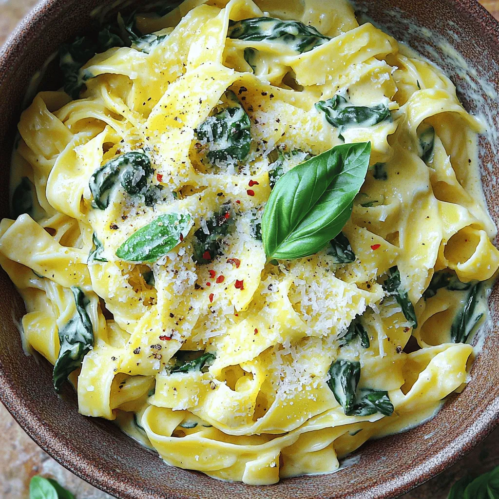 - 225 g Fettuccine-Nudeln - 2 Esslöffel Olivenöl - 4 Zehen Knoblauch, fein gehackt - 240 ml Schlagsahne - 150 g frischer Spinat, grob gehackt - 50 g geriebener Parmesan - 1/4 Teelöffel Chiliflocken (optional) - Salz und Pfeffer nach Geschmack - Frische Basilikumblätter zur Garnitur Für die Zubereitung der cremigen Knoblauch-Pasta mit Spinat brauche ich frische und einfache Zutaten. Fettuccine-Nudeln sind perfekt, weil sie die Sauce gut halten. Olivenöl bringt einen feinen Geschmack. Knoblauch gibt der Pasta einen tollen Duft. Schlagsahne macht die Sauce cremig und reichhaltig. Frischer Spinat sorgt für Farbe und Nährstoffe. Parmesan fügt eine salzige Note hinzu. Chiliflocken bringen eine leichte Schärfe, die ich liebe. Vergiss nicht, Salz und Pfeffer nach deinem Geschmack hinzuzufügen. Frische Basilikumblätter machen das Gericht schön und frisch. Mit dieser Zutatenliste bist du bereit für eine schnelle Genussreise. Du kannst alle Zutaten leicht finden. Diese Pasta ist einfach zuzubereiten und schmeckt köstlich. Schaue dir die vollständige Rezeptanleitung an, um die Schritte zu erfahren. - Kochen der Pasta Setze einen großen Topf mit gesalzenem Wasser auf. Bring das Wasser zum Kochen. Koche die Fettuccine gemäß den Anweisungen auf der Verpackung. Sie sollten al dente sein. Das dauert etwa 8-10 Minuten. Nach dem Kochen, gieße die Pasta ab. - Nudelwasser aufbewahren Bevor du die Pasta abgießt, bewahre etwa 120 ml vom Nudelwasser auf. Dieses Wasser ist wichtig. Es hilft später, die Sauce zu binden. - Anbraten des Knoblauchs Erhitze das Olivenöl in einer großen Pfanne bei mittlerer Hitze. Füge den fein gehackten Knoblauch hinzu. Brate ihn für 1-2 Minuten an. Achte darauf, dass er nicht braun wird. Der Geruch ist einfach köstlich. - Hinzufügen der Schlagsahne und der Gewürze Senke die Hitze auf mittlere bis niedrige Stufe. Gieße die Schlagsahne in die Pfanne. Rühre gut um, damit alles vermischt ist. Lass die Mischung 2-3 Minuten köcheln. Rühre gelegentlich um, damit nichts anbrennt. - Einfügen des Spinats und der Pasta Gib den gehackten Spinat in die Pfanne. Lass ihn in der Sauce zusammenfallen. Rühre regelmäßig um, damit der Spinat gleichmäßig gart. - Vermischen der Zutaten Füge die gekochten Fettuccine in die Pfanne. Vermenge alles gründlich. Wenn die Sauce zu dick ist, füge etwas vom reservierten Nudelwasser hinzu. Rühre weiter, bis alles gut vermischt ist. Jetzt bist du bereit, eine köstliche Portion cremige Knoblauch-Pasta mit Spinat zu genießen. Du findest das vollständige Rezept im Abschnitt "Zutaten". Um die Sauce perfekt zu machen, ist Nudelwasser wichtig. Es enthält Stärke, die die Sauce bindet. Wenn die Sauce zu dick ist, füge etwas vom Nudelwasser hinzu. Dies macht die Sauce cremig und geschmeidig. Die Dicke der Sauce lässt sich anpassen. Mische mehr Schlagsahne für eine reichhaltigere Sauce oder weniger für eine leichtere. Probiere es aus und finde die beste Konsistenz für deinen Geschmack. Du kannst die Pasta leicht anpassen. Hähnchen oder Garnelen passen gut zu dieser cremigen Sauce. Einfach brate sie vor dem Knoblauch an. So erhält das Gericht einen zusätzlichen Geschmack. Für die Präsentation benutze frische Basilikumblätter. Diese sorgen für Farbe und Frische. Ein schöner Teller macht das Essen noch appetitlicher. Bereite einige Sachen im Voraus vor. Hacke den Knoblauch und den Spinat schon vor dem Kochen. So sparst du Zeit, wenn du das Gericht zubereitest. Achte auf gutes Zeitmanagement. Koche die Nudeln, während du die Sauce machst. So sind alle Komponenten zur gleichen Zeit fertig. Wenn du diese Tipps befolgst, wird deine cremige Knoblauch-Pasta mit Spinat noch besser. Du findest das vollständige Rezept weiter oben. {{image_4}} Um die Pasta noch besser zu machen, kannst du den Käse ersetzen. Statt Parmesan kannst du Hefeflocken verwenden. Sie geben einen tollen Geschmack und sind vegan. Du kannst auch andere Käsesorten ausprobieren, wie zum Beispiel Feta oder Ziegenkäse. Zusätzlich kannst du verschiedene Gemüse hinzufügen. Brokkoli, Erbsen oder Zucchini passen gut. Brate sie kurz mit dem Knoblauch an. So bleiben sie knackig und lecker. Wenn du glutenfrei kochen willst, nimm glutenfreie Nudeln. Diese gibt es in vielen Sorten. Achte darauf, die Kochzeit anzupassen. Manchmal brauchen sie etwas länger oder kürzer. Für die Sauce kannst du die gleichen Zutaten verwenden. Die meisten Sahnen sind glutenfrei. Achte auf die Etiketten, um sicher zu gehen. Willst du etwas mehr Pepp? Füge zusätzliche Gewürze oder Soßen hinzu. Muskatnuss passt gut zu der cremigen Sauce. Auch ein Hauch von Zitronensaft kann helfen, die Aromen zu heben. Experimentiere mit Chiliflocken. Sie geben der Pasta eine feurige Note. Du kannst die Menge anpassen, je nach deinem Geschmack. Wenn du es milder magst, nimm weniger. - Verwende hermetisch verschlossene Behälter, um die Reste frisch zu halten. - Du kannst die Pasta bis zu drei Tage im Kühlschrank lagern. - Nutze die Mikrowelle, um die Pasta schnell zu erwärmen. - Auf dem Herd bleibt die Sauce cremiger. Füge etwas Nudelwasser hinzu, um die Konsistenz zu verbessern. - Rühre gut um, damit die Pasta gleichmäßig warm wird. Die Zubereitung dieser Pasta dauert insgesamt nur 20 Minuten. Die Vorbereitungszeit liegt bei etwa 10 Minuten. Während die Nudeln kochen, kannst du die Sauce vorbereiten. Dies macht das Kochen einfach und schnell. Ja, du kannst die Pasta im Voraus machen. Koche die Nudeln und bereite die Sauce. Lass alles abkühlen und stelle es in den Kühlschrank. Wenn du bereit bist zu essen, erhitze die Pasta in einer Pfanne. Füge ein wenig Wasser hinzu, um die Sauce wieder cremig zu machen. Wenn du keinen Parmesan hast, gibt es viele Alternativen. Du kannst Pecorino oder Grana Padano verwenden. Für eine vegane Option probiere Hefeflocken. Diese geben einen ähnlichen Geschmack, ohne Milchprodukte zu nutzen. Ja, du kannst die Pasta einfrieren. Achte darauf, die Nudeln und Sauce getrennt zu lagern. Verwende luftdichte Behälter oder Gefrierbeutel. So bleibt die Pasta frisch. Zum Aufwärmen kannst du sie direkt aus dem Gefrierschrank in die Pfanne geben. Zusammenfassend haben wir die Zutaten und Schritte für eine leckere Pasta besprochen. Fettuccine mit frischem Spinat und einer cremigen Sauce ist einfach zuzubereiten. Du kannst auch Variationen ausprobieren, wie vegetarische Optionen oder würzige Varianten. Achte auf die Lagerung von Resten und lerne, wie du sie aufwärmst. Dieses Gericht bietet viele Möglichkeiten für Kreativität und Genuss. Probiere es aus und finde deine Lieblingsversion.