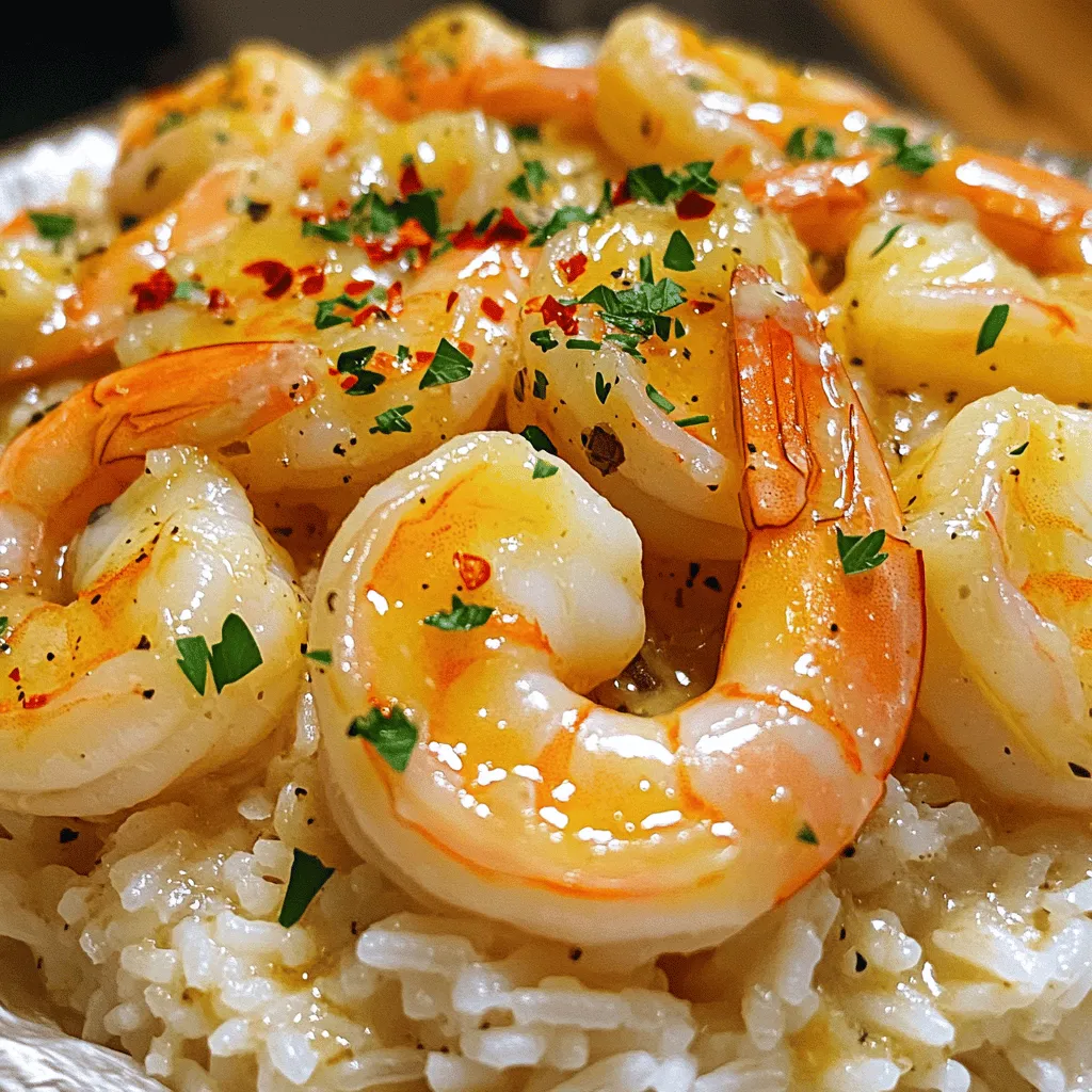Garnelen: Auswahl und Vorbereitung Für dieses Rezept verwende ich große, frische Garnelen. Du kannst auch gefrorene Garnelen nutzen. Achte darauf, sie gut abzutauen. Schale sie und entferne den Darm. So sind sie bereit für die Pfanne. Frische Garnelen haben einen süßen, zarten Geschmack, der dieses Gericht bereichert. Reis: Tipps zur Auswahl des besten Reis Ich empfehle Jasminreis für dieses Rezept. Er hat ein feines Aroma und eine lockere Konsistenz. Spüle den Reis gut unter kaltem Wasser ab. Das entfernt überschüssige Stärke und verhindert, dass der Reis klebrig wird. Verwende Hühnerbrühe für mehr Geschmack oder Gemüsebrühe für eine vegetarische Option. Gewürze und Aromen: Übersicht der verwendeten Gewürze Die Aromen sind einfach, aber wirkungsvoll. Ich nutze vier Knoblauchzehen, die für einen kräftigen Geschmack sorgen. Rote Pfefferflocken fügen eine angenehme Schärfe hinzu. Geräuchertes Paprikapulver bringt eine rauchige Note in das Gericht. Zitronensaft rundet alles ab. Vergiss nicht, Salz und Pfeffer nach Geschmack hinzuzufügen. Für das gesamte Rezept sieh dir die [Full Recipe] an. Spüle den Jasminreis unter kaltem Wasser. Dies hilft, die Stärke zu entfernen. Du möchtest, dass der Reis locker wird und nicht klebt. Nach dem Spülen gib den Reis in einen Topf. Füge die Hühnerbrühe hinzu. Koche die Mischung bei hoher Hitze. Wenn das Wasser kocht, reduziere die Hitze und decke den Topf ab. Lass den Reis 15 Minuten köcheln. Danach nimm den Topf vom Herd und lasse ihn 5 Minuten ruhen. Dies gibt dem Reis die perfekte Konsistenz. Erhitze 2 Esslöffel Butter in einer großen Pfanne. Stelle die Hitze auf mittel. Füge den gehackten Knoblauch hinzu. Brate ihn 1-2 Minuten lang an. Achte darauf, dass der Knoblauch nicht verbrennt. Danach rühre die roten Pfefferflocken und das geräucherte Paprikapulver ein. Koche es für eine weitere Minute. Jetzt ist es Zeit, die Garnelen hinzuzufügen. Würze sie mit Salz und Pfeffer. Brate die Garnelen 2-3 Minuten auf jeder Seite. Sie sollten rosa und gar sein. Wenn sie fertig sind, füge den Zitronensaft hinzu. Nimm die Pfanne vom Herd und rühre die restliche Butter ein, bis sie geschmolzen ist. Lockere den gekochten Reis mit einer Gabel auf. Mische ihn vorsichtig mit den Garnelen und der Knoblauchbuttersauce in der Pfanne. Achte darauf, dass alles gut vermischt ist. Übertrage die Knoblauchbutter Garnelen und den Reis auf eine Servierplatte oder in Schalen. Garniere sie mit frisch gehackter Petersilie. Serviere das Gericht in tiefen Tellern. So kommt die Sauce gut zur Geltung. Für einen frischen Touch kannst du auch Zitronenscheiben hinzufügen. - Überkochen des Reises: Überprüfe den Reis nach 15 Minuten. Wenn er zu weich wird, nimm ihn sofort vom Herd. Besser ist es, ihn etwas früher abzunehmen. So bleibt der Reis locker und perfekt. - Zu lange Garzeit für Garnelen: Garnelen brauchen nur 2 bis 3 Minuten pro Seite. Überkoche sie nicht, sonst werden sie gummiartig. Achte auf die Farbe. Sie sollten rosa und opak sein. - Verwendung von frischen Kräutern: Frische Petersilie bringt Farbe und Geschmack. Du kannst auch Basilikum oder Koriander verwenden. Hacke sie fein und streue sie über das fertige Gericht. - Möglichkeiten für zusätzliche Zitrusnote: Ein Spritzer frischer Zitrone hebt den Geschmack. Probiere auch Limette für eine andere Note. Zitrusfrüchte machen das Gericht frisch und lebendig. - Vorbereitungen im Voraus treffen: Bereite die Garnelen und den Reis vorher vor. Das spart Zeit, wenn du das Gericht machst. Du kannst auch den Knoblauch hacken und die Gewürze bereitstellen. - Verwendung von angepassten Kochgeräten: Nutze einen Reiskocher für den Reis. Er macht das Kochen einfach und gleichmäßig. So kannst du dich auf die Garnelen konzentrieren, während der Reis perfekt gart. {{image_4}} Wenn du keine Garnelen magst, gibt es viele tolle Ersatzmöglichkeiten. Du kannst zum Beispiel *Tofu* oder *Seitan* verwenden. Beide nehmen die Aromen gut auf. Sie sind auch proteinreich und gesund. Wenn du eine vegane Option suchst, nimm Gemüse wie *Pilze* oder *Zucchini*. Diese geben dem Gericht viel Farbe und Geschmack. Für mehr Abwechslung kannst du *Brokkoli* oder *Paprika* hinzufügen. Diese Gemüse passen gut zu den anderen Zutaten. Sie sorgen für eine knackige Textur und frische Aromen. Um das Gericht aufregender zu machen, kannst du mit verschiedenen Gewürzen experimentieren. Probiere zum Beispiel *geräuchertes Paprikapulver* oder *Chilipulver*. Diese geben dem Gericht eine scharfe Note. Du kannst auch spezielle europäische Kräutermischungen wie *Herbes de Provence* oder *italienische Gewürze* verwenden. Diese Kräuter bringen neue Geschmäcker und Düfte in dein Essen. Wage es, mit der Menge der *roten Pfefferflocken* zu spielen. Mehr davon bringt mehr Schärfe. Weniger macht es sanfter und milder. Zu Knoblauchbutter Garnelen und Reis passen frische Salate sehr gut. Ein *grüner Salat* mit *Tomaten* und *Gurke* ergänzt die Aromen perfekt. Auch ein *Cäsar-Salat* ist eine tolle Wahl. Zusätzlich kannst du *Knoblauchbrot* oder *gegrilltes Gemüse* servieren. Diese Beilagen machen dein Essen noch leckerer. Denke auch an *Saucen* wie Aioli oder eine frische *Zitronensauce*. Diese bringen einen extra Frischekick. Für das volle Geschmackserlebnis, schau dir das [Full Recipe] an. Um die Knoblauchbutter Garnelen und Reis frisch zu halten, lagere die Reste in einem luftdichten Behälter. Stelle sicher, dass der Behälter gut verschlossen ist. Die optimale Temperatur liegt bei etwa 4 Grad Celsius im Kühlschrank. So bleibt der Geschmack erhalten. Wenn du die Reste länger aufbewahren möchtest, friere sie ein. Verwende dafür einen gefrierfesten Behälter oder einen Gefrierbeutel. So bleiben die Garnelen und der Reis bis zu drei Monate frisch. Möchtest du das Gericht für schnelle Mahlzeiten vorbereiten? Koche die Garnelen und den Reis im Voraus und lasse sie abkühlen. So kannst du sie später einfach aufwärmen. Achte darauf, die Garnelen nicht zu lange zu kochen, damit sie zart bleiben. Wenn du das Gericht wieder aufwärmst, benutze eine Pfanne bei mittlerer Hitze. Füge ein wenig Wasser oder Brühe hinzu, damit es nicht austrocknet. So bleibt der Geschmack lebendig. Wie lange sind die Knoblauchbutter Garnelen und der Reis frisch? Im Kühlschrank sind sie sicher für etwa 2 bis 3 Tage. Achte darauf, die Reste schnell zu essen, um die beste Qualität zu genießen. Beim Einfrieren kannst du sie bis zu drei Monate aufbewahren. Nach dem Auftauen kannst du sie leicht in der Mikrowelle oder in der Pfanne aufwärmen. So hast du immer ein schnelles und leckeres Gericht bereit. Die Zubereitung von Knoblauchbutter Garnelen und Reis dauert insgesamt etwa 30 Minuten. Du benötigst 10 Minuten für die Vorbereitung. Das Kochen des Jasminreises dauert 15 Minuten. Während der Reis kocht, brate die Garnelen in der Pfanne. Das geht schnell, in nur 10 Minuten. So kannst du ein leckeres Gericht in weniger als einer halben Stunde genießen. Ja, du kannst das Rezept nach deinen Wünschen anpassen. Wenn du mehr Portionen brauchst, verdopple einfach die Zutaten. Für weniger Portionen halbiere die Menge. Du kannst auch verschiedene Garnelen verwenden. Kleinere Garnelen oder sogar gefrorene Garnelen sind gut. Wenn du den Reis wechseln willst, probiere Quinoa oder Couscous. Das gibt dem Gericht eine neue Note. Verwendest du Reste, gibt es viele leckere Ideen. Du kannst den Reis für Fried Rice nutzen. Einfach ein paar Gemüse und Eier hinzufügen. Mache eine Reissuppe mit Brühe und Gemüse. Du kannst auch einen Salat machen und den Reis kalt hinzufügen. So hast du ein schnelles Mittagessen. Mit den übrig gebliebenen Garnelen machst du leckere Wraps oder Sandwiches. In diesem Blogbeitrag hast du alles gelernt, was du für perfekte Knoblauchbutter Garnelen und Reis brauchst. Wir haben die besten Zutaten besprochen, Schritt-für-Schritt-Anleitungen gegeben und Tipps für die Zubereitung geteilt. Denke daran, häufige Fehler wie Überkochen zu vermeiden und deine Gerichte nach Lust und Laune zu variieren. Die Kombination aus Garnelen, Reis und frischen Kräutern sorgt für Geselligkeit am Tisch. Probiere auch die Tipps zur Lagerung und die Ideen für Reste aus. Viel Spaß beim Kochen!
