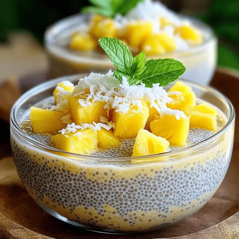 Für einen leckeren Ananas-Kokos-Chia-Pudding benötigst du einige einfache Zutaten. Hier sind die Hauptzutaten: - 1 Tasse Kokosmilch (Dose oder Karton) - 1/2 Tasse ungesüßter Ananassaft - 1/4 Tasse Chiasamen - 2 Esslöffel Honig oder Ahornsirup - 1/2 Teelöffel Vanilleextrakt - 1/2 Tasse frische Ananas, gewürfelt - Geraspelter Kokosnuss zur Garnitur - Minzblätter zur Garnitur (optional) Diese Zutaten machen den Pudding frisch und lecker. Kokosmilch gibt einen tollen Geschmack. Der Ananassaft bringt Süße und Frische. Chiasamen sorgen für die perfekte Konsistenz. Die Wahl der Kokosmilch spielt eine große Rolle. Du kannst zwischen Dosen- oder Karton-Kokosmilch wählen. Dosenmilch hat oft mehr Fett und macht den Pudding cremiger. Sie ist auch reichhaltiger im Geschmack. Karton-Kokosmilch ist leichter und weniger fettig. Diese ist gut, wenn du eine kalorienärmere Option suchst. Achte darauf, dass die Kokosmilch ungesüßt ist. So bleibt der Pudding gesund und dein eigener Süßstoff kommt zum Einsatz. Frische Ananas ist der Schlüssel für den besten Geschmack. Achte beim Kauf auf die Farbe. Eine reife Ananas hat eine gelb-goldene Farbe. Sie sollte leicht weich sein, wenn du sanft drückst. Der Geruch sollte süß und fruchtig sein. Vermeide Ananas, die braune Stellen oder Druckstellen hat. Wenn du keine frische Ananas findest, kannst du auch Dosenananas verwenden. Diese sollte jedoch ohne Zuckerzusatz sein. Frische Zutaten machen den Pudding besonders lecker. Zuerst vermischst du die Kokosmilch und den Ananassaft in einer großen Schüssel. Rühre gut um, bis alles gleichmäßig ist. Achte darauf, keine Klumpen zu haben. Danach fügst du den Honig oder den Ahornsirup hinzu, je nach deinem Geschmack. Rühre weiter, um die Süße gut zu verteilen. Zum Schluss kommt der Vanilleextrakt dazu, der dem Pudding einen tollen Geschmack gibt. Jetzt ist es Zeit, die Chiasamen hinzuzufügen. Streue sie langsam in die Mischung, während du weiter rührst. Das hilft, Klumpen zu vermeiden. Die Chiasamen saugen die Flüssigkeit auf und quellen auf. Decke die Schüssel mit Frischhaltefolie ab oder setze einen Deckel drauf. Stelle die Schüssel für mindestens vier Stunden, besser über Nacht, in den Kühlschrank. So erhält der Pudding die perfekte Konsistenz. Nach der Kühlzeit nimmst du den Pudding aus dem Kühlschrank. Rühre ihn gut um, um eventuelle Klumpen aufzulösen. Der Pudding sollte jetzt dick und cremig sein. Wenn er noch zu flüssig ist, lass ihn etwas länger im Kühlschrank. Serviere den Pudding in kleinen Schalen oder Gläsern. Füge die frische Ananas und geraspelte Kokosnuss obenauf. Für einen Hauch Frische kannst du ein Minzblatt hinzufügen. Probiere die komplette Anleitung im Full Recipe! Ein häufiger Fehler beim Chia-Pudding ist, zu wenig Chiasamen zu verwenden. Diese Samen quellen auf und machen den Pudding dick. Du solltest mindestens 1/4 Tasse Chiasamen für eine gute Konsistenz nutzen. Ein anderer Fehler ist, die Mischung nicht gut zu rühren. Wenn die Samen nicht gleichmäßig verteilt sind, bilden sie Klumpen. Achte darauf, beim Mischen stetig zu rühren. Lass den Pudding auch genug Zeit im Kühlschrank. Mindestens 4 Stunden sind notwendig, aber über Nacht ist am besten. Jeder hat einen anderen Geschmack. Wenn du es süßer magst, füge mehr Honig oder Ahornsirup hinzu. Beginne mit 2 Esslöffeln, teste und passe nach deinem Geschmack an. Für eine gesunde Option kannst du auch Agavendicksaft verwenden. Du kannst sogar frisches Obst pürieren und es als Süßungsmittel nutzen. Ananas passt perfekt zu diesem Rezept und gibt eine frische Note. Die Garnitur macht den Pudding noch schöner. Frische Ananasstücke sind ein Muss. Sie geben eine süße und saftige Note. Geraspelte Kokosnuss sorgt für einen tollen Crunch. Du kannst auch Minzblätter benutzen, um das Gericht aufzupeppen. Für mehr Farbe kannst du auch Beeren wie Himbeeren oder Erdbeeren hinzufügen. Diese sorgen für einen schönen Kontrast und machen dein Dessert noch ansprechender. {{image_4}} Du kannst anderen Früchten viel Spaß hinzufügen. Probiere Mango, Papaya oder Kiwi. Diese Früchte bringen neue Geschmäcker. Du kannst sie frisch oder püriert in den Pudding geben. Füge sie einfach nach dem Kühlen hinzu. Das sieht auch toll aus und macht den Pudding bunt. Möchtest du eine vegane Variante? Kein Problem! Ersetze den Honig durch Ahornsirup oder Agavensirup. Diese Süßstoffe sind rein pflanzlich. Du kannst auch Kokosjoghurt verwenden, um die Konsistenz zu ändern. So bleibt dein Pudding vegan und lecker. Um den Pudding proteinreicher zu machen, füge etwas pflanzliches Proteinpulver hinzu. Erbsenprotein oder Hanfprotein sind gute Optionen. Eine kleine Menge reicht aus, um den Nährwert zu steigern. Du kannst auch Nüsse oder Samen oben drauf geben. So wird der Pudding nicht nur nahrhaft, sondern auch knusprig. Diese Variationen machen deinen Ananas-Kokos-Chia-Pudding noch besser und spannender. Für das vollständige Rezept schau dir die Anleitung im [Full Recipe] an. Um deinen Ananas-Kokos-Chia-Pudding frisch zu halten, decke ihn gut ab. Du kannst Frischhaltefolie oder einen Deckel verwenden. So bleibt die Feuchtigkeit drin und der Geschmack bleibt frisch. Stelle den Pudding in den Kühlschrank. Im Kühlschrank bleibt dein Pudding bis zu fünf Tage frisch. Achte darauf, ihn in einem luftdichten Behälter zu lagern. Nach ein paar Tagen schau nach, ob sich etwas verändert hat. Wenn der Pudding komisch riecht oder aussieht, wirf ihn weg. Du kannst den Pudding auch einfrieren. Fülle ihn in einen gefrierfesten Behälter und lasse etwas Platz, da sich die Mischung beim Gefrieren ausdehnt. Der Pudding hält sich bis zu drei Monate im Gefrierfach. Beim Auftauen, stelle ihn einfach in den Kühlschrank. Rühre ihn gut durch, bevor du ihn servierst. Chia-Pudding braucht mindestens 4 Stunden im Kühlschrank. Ich empfehle, ihn über Nacht ziehen zu lassen. So wird der Pudding schön dick und cremig. Die Chiasamen saugen die Flüssigkeit auf und verwandeln sich in eine gelartige Konsistenz. Ja, du kannst diesen Pudding sehr gut im Voraus zubereiten. Er bleibt bis zu 5 Tage im Kühlschrank frisch. Das macht ihn ideal für Meal Prep. Du kannst morgens einfach einen Löffel davon nehmen. Die Aromen ziehen während der Lagerung noch besser durch. Der Ananas-Kokos-Chia-Pudding ist reich an Nährstoffen: - Chiasamen sind voll von Omega-3-Fettsäuren und Ballaststoffen. - Kokosmilch liefert gesunde Fette und ist eine gute Energiequelle. - Ananassaft bringt Vitamine, besonders Vitamin C, und Antioxidantien. - Honig oder Ahornsirup bieten natürliche Süße und einige Mineralien. Die Kombination dieser Zutaten macht den Pudding nicht nur lecker, sondern auch nahrhaft. Er ist ein gesunder Snack oder Frühstück. Wenn du mehr über das Rezept erfahren möchtest, schau dir das [Full Recipe] an. Dieser Artikel hat die Hauptzutaten für Ananas-Kokos-Chia-Pudding behandelt. Du hast gelernt, welche Kokosmilch ideal ist und wie man frische Ananas auswählt. Wir haben jeden Schritt von der Vorbereitung bis zur Lagerung detailliert erklärt. Außerdem hast du Tipps erhalten, um Fehler zu vermeiden und Zutaten zu variieren. Egal, ob du einen schnellen Snack suchst oder ein gesundes Frühstück, dieser Pudding macht Spaß. Probiere es einfach aus und passe es nach deinem Geschmack an!