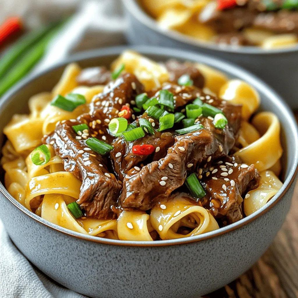 Für die Mongolian Beef Noodles benötigen Sie einige wichtige Zutaten. Diese sind: - 225 g breite Reisnudeln - 450 g Flanksteak, dünn gegen die Faser geschnitten - 2 Esslöffel Pflanzenöl - 3 Frühlingszwiebeln, gehackt (weiße und grüne Teile getrennt) - 3 Knoblauchzehen, fein gehackt - Ein 2,5 cm großes Stück Ingwer, gerieben - 60 ml Sojasauce - 30 g Hoisinsauce - 15 g brauner Zucker - 15 g Maisstärke - 5 ml Sesamöl - Salz und Pfeffer nach Geschmack - Sesamkörner zum Garnieren Diese Zutaten geben den Nudeln den besonderen Geschmack. Das Flanksteak ist zart und voller Aromen. Die Reisnudeln sorgen für eine angenehme Textur. Die Gewürze und Öle spielen eine große Rolle in diesem Gericht. Hier sind die wichtigsten: - Sojasauce: Sie gibt den Nudeln Tiefe und Umami. - Hoisinsauce: Diese süße Sauce bringt einen tollen Kontrast. - Sesamöl: Es fügt einen nussigen Geschmack hinzu. Diese Zutaten machen die Nudeln herzhaft und lecker. Sie sind einfach zu finden und machen das Kochen leicht. Mongolian Beef Noodles schmecken besser mit Beilagen. Hier sind einige Vorschläge: - Frische Frühlingszwiebeln: Sie bringen Farbe und Frische. - Sesamkörner: Sie geben einen schönen Crunch. - Frische Chili: Für einen scharfen Kick. Diese Beilagen ergänzen die Nudeln. Sie machen das Essen noch ansprechender. Probieren Sie sie aus, um das Gericht zu verbessern! Um die Reisnudeln zuzubereiten, folgen Sie den Anweisungen auf der Packung. Das Wasser sollte sprudelnd kochen. Geben Sie die Nudeln hinein und kochen Sie sie 5-7 Minuten. Nach dem Kochen gießen Sie die Nudeln ab und stellen sie beiseite. Sie können etwas Öl hinzufügen, um ein Verkleben zu verhindern. Für die Marinade nehmen Sie eine Schüssel. Fügen Sie das dünn geschnittene Flanksteak hinzu. Geben Sie Sojasauce, Maisstärke, braunen Zucker, Salz und Pfeffer hinein. Mischen Sie alles gut durch, sodass das Fleisch gleichmäßig bedeckt ist. Lassen Sie die Mischung für 15 Minuten marinieren. So wird das Fleisch zart und geschmackvoll. Erhitzen Sie in einer großen Pfanne oder einem Wok das Pflanzenöl bei mittlerer bis hoher Hitze. Geben Sie das marinierte Rindfleisch in einer einzigen Schicht hinein. Braten Sie es für 2-3 Minuten, bis es gebräunt ist. Wenden Sie das Fleisch und braten Sie es für 1-2 Minuten weiter. Nehmen Sie es dann aus der Pfanne und stellen Sie es beiseite. Fügen Sie bei Bedarf mehr Öl in die Pfanne hinzu. Geben Sie den gehackten Knoblauch, den geriebenen Ingwer und die weißen Teile der Frühlingszwiebeln hinein. Braten Sie alles für etwa 1 Minute an, bis es duftet. Danach geben Sie das gebratene Rindfleisch zurück in die Pfanne. Fügen Sie Hoisinsauce, Sesamöl und die gekochten Reisnudeln hinzu. Mischen Sie alles für 2-3 Minuten gut durch. Für die besten Ergebnisse, garnieren Sie die Rindfleisch-Nudel-Mischung mit den grünen Teilen der Frühlingszwiebeln und Sesamkörnern. Dies sorgt für einen frischen Geschmack und ein schönes Aussehen. Die Marinade macht das Rindfleisch zart und voller Geschmack. Verwende frische Zutaten. Mische Sojasauce, braunen Zucker, und Maisstärke in einer Schüssel. Füge etwas Salz und Pfeffer hinzu. Lasse das Flanksteak mindestens 15 Minuten marinieren. Du kannst auch etwas Knoblauch oder Ingwer für mehr Aroma hinzufügen. Das Braten des Rindfleischs ist der Schlüssel zum Geschmack. Erhitze das Pflanzenöl in einer großen Pfanne. Achte darauf, dass die Pfanne heiß ist, bevor du das Fleisch hinzufügst. Lege das marinierte Rindfleisch in einer einzigen Schicht in die Pfanne. Brate es 2-3 Minuten lang, bis es braun ist. Wende das Fleisch und brate es weitere 1-2 Minuten. So bleibt es saftig. Ein Wok oder eine große Pfanne ist ideal für dieses Gericht. Sie leiten die Wärme gut und sorgen für gleichmäßiges Braten. Nutze eine Zange, um das Fleisch zu wenden. Ein scharfes Messer hilft beim Schneiden des Flanksteaks. Außerdem ist eine Schüssel für die Marinade wichtig. Diese Geräte machen das Kochen einfacher und schneller. Für das vollständige Rezept, schau dir die [Full Recipe]. {{image_4}} Mongolian Beef Noodles lassen sich einfach anpassen. Statt Flanksteak kannst du Tofu verwenden. Tofu hat einen tollen Geschmack, wenn du ihn gut marinierst. Du kannst auch Seitan oder Tempeh nutzen. Beide bieten eine fleischige Textur und sind sehr nahrhaft. Mit diesen Alternativen bleibt das Gericht lecker und gesund. Wenn du mehr Protein möchtest, probiere Hähnchen oder Garnelen. Hähnchenbrust ist mager und leicht zuzubereiten. Einfach in dünne Scheiben schneiden und wie das Rindfleisch marinieren. Garnelen brauchst du nur kurz braten. Sie fügen einen tollen Meeresgeschmack hinzu. Du kannst auch ein Gemisch aus verschiedenen Fleischsorten verwenden, um Abwechslung zu schaffen. Wenn du es scharf magst, füge frische Chilischoten hinzu. Du kannst auch Chiliflocken oder Sriracha verwenden. Diese Zutaten geben dem Gericht einen zusätzlichen Kick. Achte darauf, die Mengen nach deinem Geschmack anzupassen. So wird jedes Gericht einzigartig und spannend. Reste von Mongolian Beef Noodles sind leicht zu lagern. Lassen Sie die Nudeln und das Rindfleisch auf Raumtemperatur abkühlen. Füllen Sie alles in einen luftdichten Behälter. Achten Sie darauf, dass die Reste gut abgedeckt sind, um den Geschmack zu bewahren. Um die Reste wieder zu erwärmen, können Sie eine Pfanne oder die Mikrowelle nutzen. In der Pfanne erhitzen Sie etwas Öl bei mittlerer Hitze. Geben Sie die Reste hinzu und rühren Sie gut um. In der Mikrowelle geben Sie die Nudeln in eine Schüssel und decken sie mit einem feuchten Tuch ab. Erwärmen Sie die Nudeln in Intervallen von 30 Sekunden, bis sie warm sind. Im Kühlschrank halten die Reste etwa 3 bis 4 Tage. Stellen Sie sicher, dass der Behälter gut verschlossen ist. Für längere Lagerung können Sie die Reste auch einfrieren. Im Gefrierschrank bleiben die Nudeln bis zu 3 Monate frisch. Achten Sie darauf, sie in einem gefrierfesten Behälter zu lagern. So bleiben die Aromen erhalten. Zu Mongolian Beef Noodles passen viele Beilagen gut. Ich empfehle, einen frischen Salat zu servieren. Ein einfacher Gurkensalat mit Essig und etwas Zucker ist leicht und lecker. Auch gedämpftes Gemüse, wie Brokkoli oder Karotten, bringt Farbe auf den Teller. Reis ist eine gute Wahl für eine sättigende Beilage. Wenn Sie es schärfer mögen, probieren Sie frische Chili oder scharfe Saucen. Ja, Sie können das Rezept im Voraus zubereiten. Marinieren Sie das Rindfleisch am Morgen oder sogar einen Tag vorher. So dringen die Aromen tief in das Fleisch ein. Kochen Sie die Nudeln und das Gemüse kurz vor dem Servieren. Dadurch bleiben die Nudeln frisch und die Textur bleibt gut. Lagern Sie alles in luftdichten Behältern im Kühlschrank. Mongolian Beef Noodles haben ihren Ursprung in der asiatischen Küche. Es ist ein Gericht, das oft in chinesischen Restaurants zu finden ist. Der Name kann irreführend sein, da es nicht direkt aus der Mongolei stammt. Es vereint Aromen aus der mongolischen und der chinesischen Küche. Diese Gerichte nutzen oft Rindfleisch, Sojasauce und frische Zutaten. Damit ist es ein beliebtes Gericht für viele. Mongolian Beef Noodles sind lecker und einfach zuzubereiten. Wir haben die Zutaten, Schritte und nützliche Tipps besprochen. Die Variationen zeigen dir, wie du das Gericht anpassen kannst. Vergiss nicht, Reste richtig zu lagern, damit du mehr genießen kannst. Dieses Gericht bringt Freude auf den Tisch. Probiere die Vorschläge aus und finde deinen Favoriten. Viel Spaß beim Kochen und Essen!