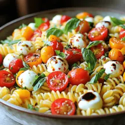 Für einen leckeren Caprese Nudelsalat brauchst du einige Hauptzutaten. Hier ist, was du benötigst: - 2 Tassen gekochte Pasta (Fusilli oder Penne sind ideal) - 1 ½ Tassen Kirschtomaten, halbiert - 1 Tasse frische Mozzarellakugeln, halbiert oder geviertelt - 1 Tasse frische Basilikumblätter, grob zerrissen Diese Zutaten sorgen für den klassischen Geschmack und die frische Note des Salats. Die richtigen Gewürze und Öle machen dein Gericht besonders. Hier sind die Zutaten, die du brauchst: - 2 Esslöffel Balsamico-Essig - 3 Esslöffel Olivenöl - 1 Teelöffel Knoblauchpulver - Salz und Pfeffer nach Geschmack - Optional: ¼ Teelöffel rote Pfefferflocken für mehr Schärfe Diese Gewürze bringen die Aromen zusammen und geben dem Salat den richtigen Kick. Frische Zutaten sind der Schlüssel zu einem großartigen Caprese Nudelsalat. Achte darauf, dass alle Zutaten frisch sind. - Verwende frische Basilikumblätter für das beste Aroma. - Wähle reife Kirschtomaten, die süß und saftig sind. - Mozzarella sollte weich und mild im Geschmack sein. Mit diesen frischen Zutaten wird dein Salat ein Hit! Du kannst das komplette Rezept [Full Recipe] nachlesen, um alle Schritte zu erfahren. Zuerst kochst du die Pasta. Nimm zwei Tassen Fusilli oder Penne. Koche sie in einem großen Topf mit Salzwasser. Folge den Anweisungen auf der Packung. Die Pasta sollte al dente sein, also noch leicht fest. Nach dem Kochen, abseihen und abkühlen lassen. Jetzt geht es ans Mischen. Nimm eine große Schüssel. Füge die gekochte Pasta, die halbierten Kirschtomaten und die Mozzarellakugeln hinein. Achte darauf, dass die Tomaten frisch sind. Zerrisse die Basilikumblätter grob und gib sie dazu. Mische alles vorsichtig, damit die Zutaten nicht zerdrückt werden. Zeit, das Dressing zu machen. Nimm eine kleine Schüssel. Gib den Balsamico-Essig, das Olivenöl und das Knoblauchpulver hinein. Füge Salz und Pfeffer nach Geschmack hinzu. Wenn du es schärfer magst, streue rote Pfefferflocken dazu. Verquirle alles gut. Gieße das Dressing über den Salat. Mische alles vorsichtig, bis die Zutaten gleichmäßig bedeckt sind. Lass den Salat 10-15 Minuten ruhen, damit die Aromen gut ziehen. Für die vollständigen Schritte schau dir das [Full Recipe] an. Um die perfekte Pasta-Konsistenz zu erreichen, koche die Nudeln al dente. Das bedeutet, sie sollen noch einen leichten Biss haben. So bleiben sie beim Mischen mit den anderen Zutaten fest. Denke daran, die Nudeln nach dem Kochen abzukühlen. Ein kaltes Wasserbad hilft dabei. So verhinderst du, dass sie zusammenkleben. Die Aromen in deinem Caprese Nudelsalat sind wichtig. Frische Kräuter wie Basilikum bringen viel Geschmack. Verwende auch gutes Olivenöl. Es verleiht dem Salat einen reichen, fruchtigen Geschmack. Wenn du magst, füge einen Spritzer Zitrone hinzu. Das bringt Frische und hebt die anderen Geschmäcker hervor. Ein bisschen Knoblauchpulver gibt dem Gericht auch eine subtile Tiefe. Das Anrichten kann den Unterschied machen. Verwende eine große Schüssel für eine schöne Präsentation. Lege einige ganze Basilikumblätter obenauf. Das sieht nicht nur gut aus, sondern bringt auch mehr Aroma. Ein paar Tropfen Balsamico-Glasur auf dem Salat machen ihn noch ansprechender. Serviere den Salat kühl oder bei Zimmertemperatur. So bleibt er frisch und lecker. Für das vollständige Rezept schaue dir die [Full Recipe] an. {{image_4}} Um deinem Caprese Nudelsalat einen besonderen Twist zu geben, kannst du einige Zutaten hinzufügen. Zum Beispiel sind Avocados eine tolle Ergänzung. Ihr cremiger Geschmack passt gut zu den frischen Zutaten. Auch geröstete Pinienkerne bringen einen nussigen Crunch. Wenn du es gerne würziger magst, füge schwarze Oliven oder Artischockenherzen hinzu. Diese Zutaten bringen mehr Tiefe und machen deinen Salat interessanter. Dieser Salat ist von Natur aus vegetarisch, aber du kannst ihn auch vegan machen. Ersetze die Mozzarella-Kugeln durch pflanzlichen Käse oder lasse sie ganz weg. Du kannst auch Cashew-Creme verwenden, um eine cremige Textur zu erhalten. Das sorgt für einen vollen Geschmack, ohne tierische Produkte zu nutzen. Achte darauf, ein veganes Dressing zu wählen, das keinen Honig enthält. Nutze die Jahreszeiten, um deinen Salat zu variieren. Im Frühling kannst du grüne Spargelstangen oder Erbsen hinzufügen. Im Sommer sind frische Früchte wie Wassermelonen oder Pfirsiche eine süße Wahl. Im Herbst passen geröstete Kürbiswürfel gut dazu. Im Winter kannst du getrocknete Tomaten verwenden, die dem Salat mehr Geschmack verleihen. Diese saisonalen Anpassungen machen das Rezept frisch und spannend. Um den Caprese Nudelsalat frisch zu halten, bewahre ihn im Kühlschrank auf. Nutze eine luftdichte Box, um die Aromen zu bewahren. So bleibt der Salat knackig und lecker. Du kannst ihn bis zu drei Tage gekühlt lagern. Achte darauf, das Dressing separat aufzubewahren, wenn möglich. So bleibt die Pasta nicht matschig. Der Nudelsalat hält sich gut, wenn du ihn richtig lagerst. Er bleibt bis zu drei Tage frisch. Nach dieser Zeit können die Zutaten an Geschmack verlieren. Wenn du Anzeichen von Verderb siehst, wie einen schlechten Geruch oder eine veränderte Farbe, wirf ihn sicherheitshalber weg. Es ist wichtig, die Haltbarkeit zu beachten, um gesundheitliche Risiken zu vermeiden. Wenn du den Salat wieder servieren möchtest, hole ihn etwa 15 Minuten vor dem Servieren aus dem Kühlschrank. Dies bringt die Aromen besser zur Geltung. Falls du ihn wieder aufwärmen willst, mache das vorsichtig. Erwärme ihn sanft in der Mikrowelle, aber sei vorsichtig, um die Mozzarella nicht zu schmelzen. Ansonsten kannst du das Dressing frisch hinzufügen, um den Geschmack aufzufrischen. Du kannst den Caprese Nudelsalat bis zu drei Tage im Kühlschrank aufbewahren. Stelle sicher, dass du ihn in einem luftdichten Behälter aufbewahrst. Wenn du ihn länger aufbewahren möchtest, kann er seine Frische verlieren. Die Tomaten und der Mozzarella können weich werden. Ja, du kannst auch andere Käsesorten verwenden. Feta oder Ziegenkäse passen gut in den Salat. Diese Käsesorten bringen einen anderen Geschmack und eine andere Textur. Achte darauf, die Käsesorte klein zu schneiden, damit sie gut mit den anderen Zutaten vermischt werden kann. Um den Salat würziger zu machen, füge mehr Knoblauchpulver oder frischen Knoblauch hinzu. Du kannst auch rote Pfefferflocken verwenden, um ihm eine scharfe Note zu geben. Experimentiere mit verschiedenen Kräutern wie Oregano oder Thymian für mehr Geschmack. Ein Spritzer Zitronensaft kann ebenfalls helfen, die Aromen zu verstärken. Der Caprese Nudelsalat ist ein einfacher, aber leckerer Genuss. Wir haben die Hauptzutaten, Gewürze und frische Produkte betrachtet. Die Schritt-für-Schritt-Anleitung zeigt dir, wie du die Pasta ideal zubereitest. Tipps helfen dir, die perfekte Konsistenz zu erreichen und Aromen zu betonen. Du kannst mit Variationen spielen und den Salat an deine Vorlieben anpassen. Denk an die Lagerung, damit dein Salat frisch bleibt. Nutze die FAQs für weitere Fragen. Probiere es aus und bringe Abwechslung auf deinen Tisch!