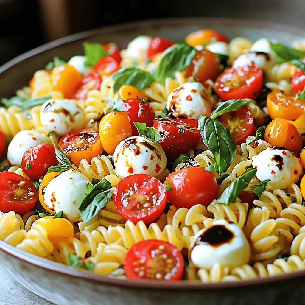Für einen leckeren Caprese Nudelsalat brauchst du einige Hauptzutaten. Hier ist, was du benötigst: - 2 Tassen gekochte Pasta (Fusilli oder Penne sind ideal) - 1 ½ Tassen Kirschtomaten, halbiert - 1 Tasse frische Mozzarellakugeln, halbiert oder geviertelt - 1 Tasse frische Basilikumblätter, grob zerrissen Diese Zutaten sorgen für den klassischen Geschmack und die frische Note des Salats. Die richtigen Gewürze und Öle machen dein Gericht besonders. Hier sind die Zutaten, die du brauchst: - 2 Esslöffel Balsamico-Essig - 3 Esslöffel Olivenöl - 1 Teelöffel Knoblauchpulver - Salz und Pfeffer nach Geschmack - Optional: ¼ Teelöffel rote Pfefferflocken für mehr Schärfe Diese Gewürze bringen die Aromen zusammen und geben dem Salat den richtigen Kick. Frische Zutaten sind der Schlüssel zu einem großartigen Caprese Nudelsalat. Achte darauf, dass alle Zutaten frisch sind. - Verwende frische Basilikumblätter für das beste Aroma. - Wähle reife Kirschtomaten, die süß und saftig sind. - Mozzarella sollte weich und mild im Geschmack sein. Mit diesen frischen Zutaten wird dein Salat ein Hit! Du kannst das komplette Rezept [Full Recipe] nachlesen, um alle Schritte zu erfahren. Zuerst kochst du die Pasta. Nimm zwei Tassen Fusilli oder Penne. Koche sie in einem großen Topf mit Salzwasser. Folge den Anweisungen auf der Packung. Die Pasta sollte al dente sein, also noch leicht fest. Nach dem Kochen, abseihen und abkühlen lassen. Jetzt geht es ans Mischen. Nimm eine große Schüssel. Füge die gekochte Pasta, die halbierten Kirschtomaten und die Mozzarellakugeln hinein. Achte darauf, dass die Tomaten frisch sind. Zerrisse die Basilikumblätter grob und gib sie dazu. Mische alles vorsichtig, damit die Zutaten nicht zerdrückt werden. Zeit, das Dressing zu machen. Nimm eine kleine Schüssel. Gib den Balsamico-Essig, das Olivenöl und das Knoblauchpulver hinein. Füge Salz und Pfeffer nach Geschmack hinzu. Wenn du es schärfer magst, streue rote Pfefferflocken dazu. Verquirle alles gut. Gieße das Dressing über den Salat. Mische alles vorsichtig, bis die Zutaten gleichmäßig bedeckt sind. Lass den Salat 10-15 Minuten ruhen, damit die Aromen gut ziehen. Für die vollständigen Schritte schau dir das [Full Recipe] an. Um die perfekte Pasta-Konsistenz zu erreichen, koche die Nudeln al dente. Das bedeutet, sie sollen noch einen leichten Biss haben. So bleiben sie beim Mischen mit den anderen Zutaten fest. Denke daran, die Nudeln nach dem Kochen abzukühlen. Ein kaltes Wasserbad hilft dabei. So verhinderst du, dass sie zusammenkleben. Die Aromen in deinem Caprese Nudelsalat sind wichtig. Frische Kräuter wie Basilikum bringen viel Geschmack. Verwende auch gutes Olivenöl. Es verleiht dem Salat einen reichen, fruchtigen Geschmack. Wenn du magst, füge einen Spritzer Zitrone hinzu. Das bringt Frische und hebt die anderen Geschmäcker hervor. Ein bisschen Knoblauchpulver gibt dem Gericht auch eine subtile Tiefe. Das Anrichten kann den Unterschied machen. Verwende eine große Schüssel für eine schöne Präsentation. Lege einige ganze Basilikumblätter obenauf. Das sieht nicht nur gut aus, sondern bringt auch mehr Aroma. Ein paar Tropfen Balsamico-Glasur auf dem Salat machen ihn noch ansprechender. Serviere den Salat kühl oder bei Zimmertemperatur. So bleibt er frisch und lecker. Für das vollständige Rezept schaue dir die [Full Recipe] an. {{image_4}} Um deinem Caprese Nudelsalat einen besonderen Twist zu geben, kannst du einige Zutaten hinzufügen. Zum Beispiel sind Avocados eine tolle Ergänzung. Ihr cremiger Geschmack passt gut zu den frischen Zutaten. Auch geröstete Pinienkerne bringen einen nussigen Crunch. Wenn du es gerne würziger magst, füge schwarze Oliven oder Artischockenherzen hinzu. Diese Zutaten bringen mehr Tiefe und machen deinen Salat interessanter. Dieser Salat ist von Natur aus vegetarisch, aber du kannst ihn auch vegan machen. Ersetze die Mozzarella-Kugeln durch pflanzlichen Käse oder lasse sie ganz weg. Du kannst auch Cashew-Creme verwenden, um eine cremige Textur zu erhalten. Das sorgt für einen vollen Geschmack, ohne tierische Produkte zu nutzen. Achte darauf, ein veganes Dressing zu wählen, das keinen Honig enthält. Nutze die Jahreszeiten, um deinen Salat zu variieren. Im Frühling kannst du grüne Spargelstangen oder Erbsen hinzufügen. Im Sommer sind frische Früchte wie Wassermelonen oder Pfirsiche eine süße Wahl. Im Herbst passen geröstete Kürbiswürfel gut dazu. Im Winter kannst du getrocknete Tomaten verwenden, die dem Salat mehr Geschmack verleihen. Diese saisonalen Anpassungen machen das Rezept frisch und spannend. Um den Caprese Nudelsalat frisch zu halten, bewahre ihn im Kühlschrank auf. Nutze eine luftdichte Box, um die Aromen zu bewahren. So bleibt der Salat knackig und lecker. Du kannst ihn bis zu drei Tage gekühlt lagern. Achte darauf, das Dressing separat aufzubewahren, wenn möglich. So bleibt die Pasta nicht matschig. Der Nudelsalat hält sich gut, wenn du ihn richtig lagerst. Er bleibt bis zu drei Tage frisch. Nach dieser Zeit können die Zutaten an Geschmack verlieren. Wenn du Anzeichen von Verderb siehst, wie einen schlechten Geruch oder eine veränderte Farbe, wirf ihn sicherheitshalber weg. Es ist wichtig, die Haltbarkeit zu beachten, um gesundheitliche Risiken zu vermeiden. Wenn du den Salat wieder servieren möchtest, hole ihn etwa 15 Minuten vor dem Servieren aus dem Kühlschrank. Dies bringt die Aromen besser zur Geltung. Falls du ihn wieder aufwärmen willst, mache das vorsichtig. Erwärme ihn sanft in der Mikrowelle, aber sei vorsichtig, um die Mozzarella nicht zu schmelzen. Ansonsten kannst du das Dressing frisch hinzufügen, um den Geschmack aufzufrischen. Du kannst den Caprese Nudelsalat bis zu drei Tage im Kühlschrank aufbewahren. Stelle sicher, dass du ihn in einem luftdichten Behälter aufbewahrst. Wenn du ihn länger aufbewahren möchtest, kann er seine Frische verlieren. Die Tomaten und der Mozzarella können weich werden. Ja, du kannst auch andere Käsesorten verwenden. Feta oder Ziegenkäse passen gut in den Salat. Diese Käsesorten bringen einen anderen Geschmack und eine andere Textur. Achte darauf, die Käsesorte klein zu schneiden, damit sie gut mit den anderen Zutaten vermischt werden kann. Um den Salat würziger zu machen, füge mehr Knoblauchpulver oder frischen Knoblauch hinzu. Du kannst auch rote Pfefferflocken verwenden, um ihm eine scharfe Note zu geben. Experimentiere mit verschiedenen Kräutern wie Oregano oder Thymian für mehr Geschmack. Ein Spritzer Zitronensaft kann ebenfalls helfen, die Aromen zu verstärken. Der Caprese Nudelsalat ist ein einfacher, aber leckerer Genuss. Wir haben die Hauptzutaten, Gewürze und frische Produkte betrachtet. Die Schritt-für-Schritt-Anleitung zeigt dir, wie du die Pasta ideal zubereitest. Tipps helfen dir, die perfekte Konsistenz zu erreichen und Aromen zu betonen. Du kannst mit Variationen spielen und den Salat an deine Vorlieben anpassen. Denk an die Lagerung, damit dein Salat frisch bleibt. Nutze die FAQs für weitere Fragen. Probiere es aus und bringe Abwechslung auf deinen Tisch!