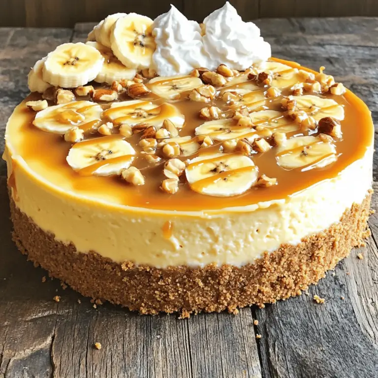 Für den perfekten Bananen-Karamell-Nuss-Cheesecake brauche ich einige wichtige Zutaten: - 1 ½ Tassen Graham-Cracker-Stücke - ½ Tasse ungesalzene Butter, geschmolzen - 2 Esslöffel Zucker - 450 g Frischkäse, weich - 1 Tasse brauner Zucker - 4 reife Bananen, zerdrückt - 1 Teelöffel Vanilleextrakt - 3 große Eier - ½ Tasse Schmand - 1 Tasse gehackte Mischnüsse (Walnüsse, Pekannüsse oder Mandeln) - ½ Tasse Karamellsauce (gekauft oder selbstgemacht) Diese Zutaten geben dem Käsekuchen seinen tollen Geschmack und die richtige Konsistenz. Reife Bananen sind der Schlüssel. Sie bringen Süße und Feuchtigkeit. Ich kann eine Karamellsauce verwenden, die ich im Laden kaufe, oder ich mache sie selbst. Selbstgemachte Sauce ist einfach. Ich koche Zucker und Butter zusammen, bis sie goldbraun sind. Dann füge ich Sahne hinzu und rühre gut um. Es ist ein echter Genuss! Wenn ich die Sauce kaufe, achte ich darauf, dass sie von guter Qualität ist. So schmeckt der Käsekuchen noch besser. Um den Käsekuchen schön zu präsentieren, kann ich einige einfache Garnituren verwenden: - Schlagsahne - Bananenscheiben - Reservierte gehackte Nüsse - Zusätzliche Karamellsauce Diese Garnituren machen den Cheesecake noch leckerer. Sie bringen Farbe und Textur auf den Teller. Ich liebe es, kreativ zu sein und verschiedene Kombinationen auszuprobieren. Für das vollständige Rezept, schau dir die [Full Recipe] an. Heize deinen Ofen auf 163°C vor. In einer mittleren Schüssel vermenge die Graham-Cracker-Stücke, die geschmolzene Butter und den Zucker gut. Die Mischung sollte fest und zusammenhängend sein. Drücke sie gleichmäßig auf den Boden einer 23 cm Springform. Backe die Kruste für 10 Minuten. Lass sie dann abkühlen. Nimm eine große Rührschüssel und gib den weichen Frischkäse und den braunen Zucker hinein. Mische alles gut, bis die Mischung glatt und cremig ist. Füge die zerdrückten Bananen und den Vanilleextrakt hinzu. Rühre alles gut um, bis es gut vermischt ist. Jetzt ist es Zeit für die Eier. Gib sie nacheinander dazu und rühre nach jeder Zugabe gut um. Füge dann den Schmand hinzu und falte ihn vorsichtig unter, bis alles leicht vermischt ist. Falte die gehackten Mischnüsse sanft unter den Teig. Behalte ein paar für die Garnitur. Gieße die Käsekuchenfüllung auf die abgekühlte Kruste und verteile sie gleichmäßig. Träufle die Karamellsauce über die Füllung und verwische sie leicht mit einem Messer, um einen schönen Marmor-Effekt zu erzielen. Backe den Käsekuchen im Ofen für etwa 50-60 Minuten. Die Ränder sollten fest sein, das Innere darf aber leicht wackeln. Schalte den Ofen aus und lasse den Käsekuchen eine Stunde im Ofen abkühlen. Nehme ihn dann heraus und lasse ihn auf Raumtemperatur abkühlen. Decke den Käsekuchen ab und stelle ihn für mindestens 4 Stunden oder über Nacht in den Kühlschrank. So bekommst du die beste Konsistenz. Genieße deinen Bananen-Karamell-Nuss-Cheesecake! Du findest das gesamte Rezept im Abschnitt „Zutaten“. Um die beste Kruste zu machen, verwenden Sie frische Graham-Cracker-Stücke. Zerkleinern Sie sie gut. Mischen Sie sie mit geschmolzener Butter und etwas Zucker. Drücken Sie die Mischung fest in die Form. So wird die Kruste knusprig und lecker. Backen Sie sie nur für 10 Minuten. Lassen Sie sie dann abkühlen, bevor Sie die Füllung hinzufügen. Ein häufiger Fehler ist, den Käsekuchen zu lange zu backen. Achten Sie darauf, dass die Ränder fest sind, das Innere aber leicht wackelt. Schalten Sie den Ofen aus und lassen Sie den Käsekuchen im Ofen abkühlen. Dies verhindert, dass er reißt. Überprüfen Sie auch die Temperatur des Ofens. Ein ungenauer Ofen kann das Ergebnis verändern. Die Füllung sollte glatt und cremig sein. Verwenden Sie weichen Frischkäse für beste Ergebnisse. Fügen Sie die Eier nacheinander hinzu und rühren Sie gut um. Mischen Sie danach den Schmand leicht unter. So bleibt die Füllung luftig und nicht zu schwer. Wenn Sie die Nüsse hinzufügen, falten Sie sie vorsichtig ein. Dies schützt die Konsistenz der Füllung. {{image_4}} Für eine glutenfreie Kruste kannst du Mandelmehl verwenden. Einfach die Graham-Cracker-Stücke durch Mandelmehl ersetzen. Mische das Mehl mit geschmolzener Butter und Zucker. Drücke die Mischung fest in die Form. Backe die Kruste wie im Rezept angegeben. So bleibt der Geschmack gleich, aber ohne Gluten. Du kannst Schokolade oder Erdnussbutter hinzufügen, um neue Geschmäcker zu kreieren. Für Schokolade füge einfach ½ Tasse Kakaopulver zur Käsekuchenfüllung hinzu. Für Erdnussbutter mische ½ Tasse Erdnussbutter in die Füllung. Beide Optionen machen den Käsekuchen noch leckerer. Für eine vegane Version ersetze den Frischkäse durch pflanzlichen Frischkäse. Verwende auch vegane Butter für die Kruste. Anstelle von Eiern kannst du Leinsamen verwenden. Mische 1 Esslöffel gemahlene Leinsamen mit 3 Esslöffeln Wasser und lasse es quellen. Das ergibt eine ähnliche Bindung. So kannst du einen köstlichen veganen Käsekuchen genießen. Erkunde die Möglichkeiten und finde deinen eigenen Lieblingsgeschmack! Für das vollständige Rezept schaue hier: [Full Recipe]. Kühlen Sie den Bananen-Karamell-Nuss-Cheesecake richtig, um seinen Geschmack zu bewahren. Lassen Sie ihn nach dem Backen auf Raumtemperatur abkühlen. Decken Sie die Springform dann gut ab. Verwenden Sie Frischhaltefolie oder einen Deckel. So bleibt er frisch und lecker. Im Kühlschrank hält der Käsekuchen bis zu fünf Tage. Stellen Sie sicher, dass er immer gut abgedeckt ist. Das schützt ihn vor dem Austrocknen und Gerüchen anderer Lebensmittel. Wenn Sie ihn länger aufbewahren möchten, sollten Sie ihn einfrieren. Um den Käsekuchen einzufrieren, lassen Sie ihn zuerst ganz abkühlen. Schneiden Sie ihn in Stücke oder lassen Sie ihn ganz. Wickeln Sie ihn fest in Frischhaltefolie. Danach legen Sie ihn in einen luftdichten Behälter. So bleibt er bis zu drei Monate frisch. Zum Auftauen stellen Sie den Käsekuchen einfach über Nacht in den Kühlschrank. Das sorgt für die beste Textur. Für das vollständige Rezept besuchen Sie die Seite für den Bananen-Karamell-Nuss-Cheesecake. Um den Käsekuchen glutenfrei zu machen, ersetzen Sie die Graham-Cracker. Verwenden Sie glutenfreie Kekse oder Mandeln. Mahlen Sie die Kekse oder Mandeln zu feinen Krümeln. Mischen Sie die Krümel mit geschmolzener Butter und Zucker. Drücken Sie die Mischung in die Springform. Backen Sie die Kruste wie im Rezept beschrieben. So bleibt die Textur knusprig und lecker. Wenn Sie keine Nüsse mögen, lassen Sie sie einfach weg. Sie können stattdessen Schokoladenstückchen oder Keksstückchen verwenden. Diese geben dem Käsekuchen eine andere, aber ebenso leckere Note. Alternativ können Sie auch mehr Bananen hinzufügen. So bleibt der Käsekuchen schön fruchtig und süß. Kühlen Sie den Käsekuchen mindestens vier Stunden lang. Besser ist es, ihn über Nacht im Kühlschrank zu lassen. Dies hilft dem Käsekuchen, fest zu werden und die Aromen sich gut zu vermischen. Kühlen macht ihn auch leichter zu schneiden. So können Sie perfekte Stücke servieren. Dieser Artikel hat dir gezeigt, wie du einen köstlichen Bananen-Karamell-Nuss-Cheesecake zubereitest. Wir haben die wichtigsten Zutaten, die Schritt-für-Schritt-Anleitung und nützliche Tipps besprochen. Außerdem hast du verschiedene Variationen und Lagerungshinweise kennengelernt. Denke daran, kreativ zu sein und deine eigenen Ideen zu nutzen. Das Backen macht Spaß, also viel Erfolg beim Ausprobieren!