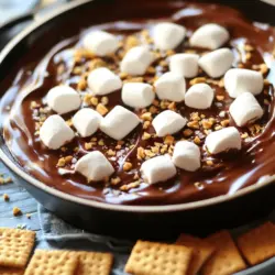 - 1 Tasse halbsüße Schokoladenstückchen - 1 Tasse Mini-Marshmallows - 1 Esslöffel ungesalzene Butter Die Hauptzutaten für S'mores Dip sind einfach. Die halbsüßen Schokoladenstückchen sind schokoladig und süß. Sie geben dem Dip die Grundlage. Die Mini-Marshmallows sorgen für eine luftige, süße Note. Diese kleinen Leckerbissen schmelzen beim Backen. Die ungesalzene Butter hilft, alles zu verbinden. Sie macht den Dip cremig und reichhaltig. - 1/2 Teelöffel Vanilleextrakt - Graham-Cracker (zum Dippen) - Gehacken Nüsse oder ein Hauch Meersalz Zusätzlich gibt es optionale Zutaten. Ein Hauch von Vanilleextrakt bringt mehr Geschmack. Graham-Cracker sind perfekt zum Dippen. Sie sind knusprig und passen gut zu der cremigen Schokolade. Gehackte Nüsse geben eine schöne Textur. Ein wenig Meersalz hebt den Geschmack hervor. Diese Extras machen den Dip noch besser. Wenn du mehr Abwechslung möchtest, probiere sie aus! Heizen Sie Ihren Ofen auf 175 °C vor. Das ist wichtig, um den Dip perfekt zu backen. Nehmen Sie eine ofenfeste Pfanne. Eine kleine Auflaufform ist auch gut geeignet. Diese Pfanne wird die Basis für Ihren S'mores Dip sein. Schmelzen Sie zuerst die Butter in der Pfanne bei schwacher Hitze. Sehen Sie zu, dass die Butter nicht bräunt. Nach dem Schmelzen nehmen Sie die Pfanne vom Herd. Fügen Sie dann die halbsüßen Schokoladenstückchen hinzu. Verteilen Sie sie gleichmäßig auf dem Boden. Jetzt gießen Sie den Vanilleextrakt über die Schokoladenstückchen. Rühren Sie vorsichtig um, bis alles gut vermischt ist. Es sollte eine cremige Mischung entstehen. Decken Sie diese Mischung jetzt mit einer Schicht Mini-Marshmallows ab. Achten Sie darauf, dass die Schokolade vollständig bedeckt ist. Stellen Sie die Pfanne in den vorgeheizten Ofen. Backen Sie den Dip 5-7 Minuten lang. Die Marshmallows sollten goldbraun und aufgebläht sein. Das sieht toll aus! Nehmen Sie die Pfanne vorsichtig aus dem Ofen. Sie können jetzt nach Belieben gehackte Nüsse oder einen Hauch Meersalz darüber streuen. Servieren Sie den Dip sofort. Nutzen Sie dazu Graham-Cracker zum Dippen. Genießen Sie diese köstliche, schokoladige Leckerei! Wenn Sie mehr Details benötigen, finden Sie die vollständige Anleitung im Full Recipe. Um die beste Konsistenz für deinen S'mores Dip zu erreichen, achte auf die Backzeit. Backe den Dip nicht zu lange. 5 bis 7 Minuten sind genau richtig. Die Marshmallows sollten goldbraun sein, wenn du sie herausnimmst. Kontrolliere die Temperatur beim Backen. Ein zu heißer Ofen kann die Marshmallows verbrennen. Halte den Ofen bei 175 °C (350 °F) konstant. Das Anrichten ist wichtig für das Aussehen. Serviere den Dip direkt in der Pfanne. So bleibt er warm und sieht einladend aus. Lege zerbrochene Graham-Cracker um die Pfanne, damit jeder dippen kann. Du kannst auch frische Früchte hinzufügen. Das gibt dem Dip einen farbenfrohen Look. Du kannst den S'mores Dip anpassen. Nutze statt halbsüßer Schokoladenstückchen dunkle Schokolade oder weiße Schokolade. Das gibt dem Dip eine neue Note. Weitere Toppings sind ebenfalls eine gute Idee. Überlege, gehackte Nüsse oder einen Hauch Meersalz hinzuzufügen. Diese Zutaten bringen zusätzlichen Geschmack und Textur. Experimentiere mit verschiedenen Variationen, um deinen perfekten S'mores Dip zu finden. {{image_4}} Eines der besten Dinge an S'mores Dip ist die Flexibilität. Sie können verschiedene Schokoladensorten verwenden. Dunkle Schokolade bietet einen reichen, tiefen Geschmack. Vollmilchschokolade macht den Dip süßer und cremiger. Beide Sorten schmecken gut. Sie können sogar eine Mischung aus beiden verwenden. Weiße Schokolade bringt eine andere Note. Sie ist süß und hat einen milden Geschmack. Diese Variante ist toll, wenn Sie etwas Neues ausprobieren möchten. Jeder kann seinen Favoriten wählen. Experimentieren Sie mit verschiedenen Schokoladensorten, um Ihren perfekten Dip zu finden. Möchten Sie eine vegane oder glutenfreie Variante? Das ist ganz einfach! Verwenden Sie vegane Schokolade, die ohne Milchprodukte ist. Diese Schokolade hat oft einen tollen Geschmack. Achten Sie darauf, dass die Schokolade auch keine tierischen Produkte enthält. Für glutenfreie Optionen wählen Sie spezielle glutenfreie Graham-Cracker. Diese sind in vielen Geschäften erhältlich. Sie schmecken genauso gut wie die normalen. So können alle mitessen und genießen. Toppings machen den S'mores Dip noch besser. Fügen Sie saisonale Toppings hinzu, um den Dip zu verschönern. Im Sommer können frische Beeren großartig sein. Im Herbst passen geröstete Nüsse gut. Für einen extra Crunch können Sie auch Keksstückchen oder Karamellsoße verwenden. Ein Hauch von Zimt kann den Geschmack vervollständigen. Seien Sie kreativ und kombinieren Sie verschiedene Zutaten. So wird Ihr Dip zum Highlight jeder Feier. Um S'mores Dip frisch zu halten, kühlen Sie ihn in einem luftdichten Behälter. Lassen Sie den Dip zuerst auf Raumtemperatur abkühlen. Dann decken Sie ihn gut ab. Lagern Sie ihn im Kühlschrank. Der Dip bleibt 2 bis 3 Tage frisch. Achten Sie darauf, dass er nicht lange draußen bleibt, da er schnell verderben kann. Wenn Sie Reste haben, können Sie diese einfach wieder aufwärmen. Nutzen Sie den Ofen oder die Mikrowelle. Für den Ofen: Heizen Sie ihn auf 175 °C vor. Stellen Sie den Dip in eine ofenfeste Form. Erwärmen Sie ihn etwa 10 Minuten lang, bis er warm ist. In der Mikrowelle: Geben Sie den Dip in eine mikrowellengeeignete Schüssel. Erwärmen Sie ihn in kurzen Intervallen von 15 bis 30 Sekunden. Rühren Sie zwischendurch um, damit er gleichmäßig warm wird. So bleibt der Dip lecker und cremig! Es dauert nur 20 Minuten, um S'mores Dip zuzubereiten. Die Vorbereitungszeit beträgt 10 Minuten. Danach backen Sie den Dip für 5 bis 7 Minuten im Ofen. In dieser kurzen Zeit können Sie eine leckere, schokoladige Köstlichkeit zaubern. Ja, Sie können den S'mores Dip im Voraus zubereiten. Bereiten Sie den Dip wie in der [Full Recipe] beschrieben vor, aber backen Sie ihn nicht sofort. Decken Sie die Pfanne ab und stellen Sie sie in den Kühlschrank. Wenn Sie bereit sind, ihn zu servieren, backen Sie ihn einfach, bis die Marshmallows goldbraun sind. Wenn Sie keine Graham-Cracker haben, gibt es viele Alternativen. Sie können auch: - Zwieback verwenden - Butterkekse ausprobieren - Puddingkekse nehmen - Obststücke wie Äpfel oder Bananen benutzen Diese Optionen bieten eine interessante Abwechslung und einen neuen Geschmack für Ihren Dip. Der S'mores Dip ist eine leckere und einfache Süßigkeit, die jeder liebt. Wir haben die Hauptzutaten wie Schokolade, Marshmallows und Butter behandelt. Die Schritt-für-Schritt-Anleitung zeigt, wie man diesen Dip schnell zubereitet und serviert. Tipps und Variationen helfen dir, kreativ zu sein. Du kannst ihn anpassen und auch vegan oder glutenfrei machen. Bei richtiger Lagerung und Erwärmung bleibt er frisch. Probiere verschiedene Toppings und genieße diesen köstlichen Dip mit Freunden und Familie!