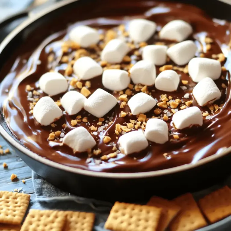 - 1 Tasse halbsüße Schokoladenstückchen - 1 Tasse Mini-Marshmallows - 1 Esslöffel ungesalzene Butter Die Hauptzutaten für S'mores Dip sind einfach. Die halbsüßen Schokoladenstückchen sind schokoladig und süß. Sie geben dem Dip die Grundlage. Die Mini-Marshmallows sorgen für eine luftige, süße Note. Diese kleinen Leckerbissen schmelzen beim Backen. Die ungesalzene Butter hilft, alles zu verbinden. Sie macht den Dip cremig und reichhaltig. - 1/2 Teelöffel Vanilleextrakt - Graham-Cracker (zum Dippen) - Gehacken Nüsse oder ein Hauch Meersalz Zusätzlich gibt es optionale Zutaten. Ein Hauch von Vanilleextrakt bringt mehr Geschmack. Graham-Cracker sind perfekt zum Dippen. Sie sind knusprig und passen gut zu der cremigen Schokolade. Gehackte Nüsse geben eine schöne Textur. Ein wenig Meersalz hebt den Geschmack hervor. Diese Extras machen den Dip noch besser. Wenn du mehr Abwechslung möchtest, probiere sie aus! Heizen Sie Ihren Ofen auf 175 °C vor. Das ist wichtig, um den Dip perfekt zu backen. Nehmen Sie eine ofenfeste Pfanne. Eine kleine Auflaufform ist auch gut geeignet. Diese Pfanne wird die Basis für Ihren S'mores Dip sein. Schmelzen Sie zuerst die Butter in der Pfanne bei schwacher Hitze. Sehen Sie zu, dass die Butter nicht bräunt. Nach dem Schmelzen nehmen Sie die Pfanne vom Herd. Fügen Sie dann die halbsüßen Schokoladenstückchen hinzu. Verteilen Sie sie gleichmäßig auf dem Boden. Jetzt gießen Sie den Vanilleextrakt über die Schokoladenstückchen. Rühren Sie vorsichtig um, bis alles gut vermischt ist. Es sollte eine cremige Mischung entstehen. Decken Sie diese Mischung jetzt mit einer Schicht Mini-Marshmallows ab. Achten Sie darauf, dass die Schokolade vollständig bedeckt ist. Stellen Sie die Pfanne in den vorgeheizten Ofen. Backen Sie den Dip 5-7 Minuten lang. Die Marshmallows sollten goldbraun und aufgebläht sein. Das sieht toll aus! Nehmen Sie die Pfanne vorsichtig aus dem Ofen. Sie können jetzt nach Belieben gehackte Nüsse oder einen Hauch Meersalz darüber streuen. Servieren Sie den Dip sofort. Nutzen Sie dazu Graham-Cracker zum Dippen. Genießen Sie diese köstliche, schokoladige Leckerei! Wenn Sie mehr Details benötigen, finden Sie die vollständige Anleitung im Full Recipe. Um die beste Konsistenz für deinen S'mores Dip zu erreichen, achte auf die Backzeit. Backe den Dip nicht zu lange. 5 bis 7 Minuten sind genau richtig. Die Marshmallows sollten goldbraun sein, wenn du sie herausnimmst. Kontrolliere die Temperatur beim Backen. Ein zu heißer Ofen kann die Marshmallows verbrennen. Halte den Ofen bei 175 °C (350 °F) konstant. Das Anrichten ist wichtig für das Aussehen. Serviere den Dip direkt in der Pfanne. So bleibt er warm und sieht einladend aus. Lege zerbrochene Graham-Cracker um die Pfanne, damit jeder dippen kann. Du kannst auch frische Früchte hinzufügen. Das gibt dem Dip einen farbenfrohen Look. Du kannst den S'mores Dip anpassen. Nutze statt halbsüßer Schokoladenstückchen dunkle Schokolade oder weiße Schokolade. Das gibt dem Dip eine neue Note. Weitere Toppings sind ebenfalls eine gute Idee. Überlege, gehackte Nüsse oder einen Hauch Meersalz hinzuzufügen. Diese Zutaten bringen zusätzlichen Geschmack und Textur. Experimentiere mit verschiedenen Variationen, um deinen perfekten S'mores Dip zu finden. {{image_4}} Eines der besten Dinge an S'mores Dip ist die Flexibilität. Sie können verschiedene Schokoladensorten verwenden. Dunkle Schokolade bietet einen reichen, tiefen Geschmack. Vollmilchschokolade macht den Dip süßer und cremiger. Beide Sorten schmecken gut. Sie können sogar eine Mischung aus beiden verwenden. Weiße Schokolade bringt eine andere Note. Sie ist süß und hat einen milden Geschmack. Diese Variante ist toll, wenn Sie etwas Neues ausprobieren möchten. Jeder kann seinen Favoriten wählen. Experimentieren Sie mit verschiedenen Schokoladensorten, um Ihren perfekten Dip zu finden. Möchten Sie eine vegane oder glutenfreie Variante? Das ist ganz einfach! Verwenden Sie vegane Schokolade, die ohne Milchprodukte ist. Diese Schokolade hat oft einen tollen Geschmack. Achten Sie darauf, dass die Schokolade auch keine tierischen Produkte enthält. Für glutenfreie Optionen wählen Sie spezielle glutenfreie Graham-Cracker. Diese sind in vielen Geschäften erhältlich. Sie schmecken genauso gut wie die normalen. So können alle mitessen und genießen. Toppings machen den S'mores Dip noch besser. Fügen Sie saisonale Toppings hinzu, um den Dip zu verschönern. Im Sommer können frische Beeren großartig sein. Im Herbst passen geröstete Nüsse gut. Für einen extra Crunch können Sie auch Keksstückchen oder Karamellsoße verwenden. Ein Hauch von Zimt kann den Geschmack vervollständigen. Seien Sie kreativ und kombinieren Sie verschiedene Zutaten. So wird Ihr Dip zum Highlight jeder Feier. Um S'mores Dip frisch zu halten, kühlen Sie ihn in einem luftdichten Behälter. Lassen Sie den Dip zuerst auf Raumtemperatur abkühlen. Dann decken Sie ihn gut ab. Lagern Sie ihn im Kühlschrank. Der Dip bleibt 2 bis 3 Tage frisch. Achten Sie darauf, dass er nicht lange draußen bleibt, da er schnell verderben kann. Wenn Sie Reste haben, können Sie diese einfach wieder aufwärmen. Nutzen Sie den Ofen oder die Mikrowelle. Für den Ofen: Heizen Sie ihn auf 175 °C vor. Stellen Sie den Dip in eine ofenfeste Form. Erwärmen Sie ihn etwa 10 Minuten lang, bis er warm ist. In der Mikrowelle: Geben Sie den Dip in eine mikrowellengeeignete Schüssel. Erwärmen Sie ihn in kurzen Intervallen von 15 bis 30 Sekunden. Rühren Sie zwischendurch um, damit er gleichmäßig warm wird. So bleibt der Dip lecker und cremig! Es dauert nur 20 Minuten, um S'mores Dip zuzubereiten. Die Vorbereitungszeit beträgt 10 Minuten. Danach backen Sie den Dip für 5 bis 7 Minuten im Ofen. In dieser kurzen Zeit können Sie eine leckere, schokoladige Köstlichkeit zaubern. Ja, Sie können den S'mores Dip im Voraus zubereiten. Bereiten Sie den Dip wie in der [Full Recipe] beschrieben vor, aber backen Sie ihn nicht sofort. Decken Sie die Pfanne ab und stellen Sie sie in den Kühlschrank. Wenn Sie bereit sind, ihn zu servieren, backen Sie ihn einfach, bis die Marshmallows goldbraun sind. Wenn Sie keine Graham-Cracker haben, gibt es viele Alternativen. Sie können auch: - Zwieback verwenden - Butterkekse ausprobieren - Puddingkekse nehmen - Obststücke wie Äpfel oder Bananen benutzen Diese Optionen bieten eine interessante Abwechslung und einen neuen Geschmack für Ihren Dip. Der S'mores Dip ist eine leckere und einfache Süßigkeit, die jeder liebt. Wir haben die Hauptzutaten wie Schokolade, Marshmallows und Butter behandelt. Die Schritt-für-Schritt-Anleitung zeigt, wie man diesen Dip schnell zubereitet und serviert. Tipps und Variationen helfen dir, kreativ zu sein. Du kannst ihn anpassen und auch vegan oder glutenfrei machen. Bei richtiger Lagerung und Erwärmung bleibt er frisch. Probiere verschiedene Toppings und genieße diesen köstlichen Dip mit Freunden und Familie!