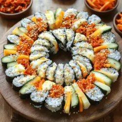 Für Korean Cheese Kimchi Kimbap braucht man einfache und frische Zutaten. Diese sind: - 2 Tassen gekochter Kurzkornerreis - 4 Blätter Nori (Seetang) - 1/2 Tasse Kimchi, gehackt - 1 Tasse Mozzarella-Käse, gerieben Gekochter Kurzkornerreis ist die Basis. Er sorgt für die richtige Konsistenz. Nori-Blätter halten alles zusammen. Kimchi bringt den besonderen Geschmack. Der Mozzarella-Käse fügt eine cremige Textur hinzu. Die Gewürze und Öle sind wichtig für den Geschmack. Du benötigst: - 2 Esslöffel Sesamöl - 1 Esslöffel Sojasauce - 1 Teelöffel Salz Sesamöl gibt ein nussiges Aroma. Sojasauce sorgt für Umami. Salz hebt die Aromen hervor und balanciert das Gericht. Gemüse macht dein Kimbap bunt und gesund. Verwende: - 1 Karotte, in feine Streifen geschnitten - 1 Gurke, in feine Streifen geschnitten - 2 Eier, verquirlt und in einem dünnen Omelett gebraten, dann in Scheiben geschnitten - 1 Esslöffel Sesamsamen zum Garnieren Karotten und Gurken bringen Frische. Die Eier fügen Protein hinzu. Sesamsamen machen das Gericht knusprig und schön. Diese Zutaten sind die Basis für ein köstliches Kimbap. Du kannst sie nach deinem Geschmack anpassen. Für das vollständige Rezept schaue dir den [Full Recipe] an. Zuerst kochst du 2 Tassen Kurzkornerreis. In einer großen Schüssel vermischst du den Reis mit 2 Esslöffeln Sesamöl, 1 Esslöffel Sojasauce und 1 Teelöffel Salz. Mische alles gut. Der Reis sollte gleichmäßig gewürzt sein. Lass ihn etwas abkühlen, bevor du weitermachst. Lege ein Nori-Blatt mit der glänzenden Seite nach unten auf eine saubere Fläche. Verteile etwa 1/2 Tasse des gewürzten Reises gleichmäßig über das Nori. Lass am oberen Rand etwa 2,5 cm frei. In der Mitte des Reises ordnest du die Füllungen an. Beginne mit 1/2 Tasse gehacktem Kimchi. Füge dann 1 Tasse geriebenen Mozzarella, in Streifen geschnittene Karotten und Gurken sowie einige Scheiben Omelett hinzu. Jetzt kommt der spannende Teil: das Rollen! Hebe die Matte vorsichtig an und beginne, das Kimbap fest zu rollen. Übe sanften Druck aus, um die Füllungen im Inneren zu halten. Rolle weiter, bis du das freiliegende Ende des Noris erreichst. Befeuchte deine Finger mit Wasser und versiegel die Kante des Noris. Wiederhole den Vorgang mit den restlichen Nori-Blättern. Wenn alle Kimbap-Rollen fertig sind, schneide jede Rolle mit einem scharfen Messer in etwa 2,5 cm dicke Stücke. Achte darauf, dass du gerade schneidest. Bestreue die Kimbap-Stücke mit Sesamsamen für mehr Crunch. Arrangiere sie kreisförmig auf einem Servierteller. Du kannst sie auch mit zusätzlichem Kimchi oder einer Dipsauce servieren. - Halte beim Rollen die Füllungen zentral. Das macht das Kimbap gleichmäßiger. - Befeuchte deine Hände leicht. So bleibt der Reis nicht kleben. - Vermeide zerbrechendes Nori, indem du es frisch hältst. Lagere es in einem luftdichten Behälter. - Für vegane Optionen ersetze den Käse durch pflanzliche Alternativen. Kokosnusskäse funktioniert gut. - Experimentiere mit anderen Käsesorten. Cheddar oder Gouda bringen einen neuen Geschmack. - Serviere Kimbap mit Sojasauce oder einer scharfen Dipsauce. Das gibt extra Geschmack. - Kleine Schalen mit zusätzlichem Kimchi machen das Gericht lebendiger. Gäste werden es lieben! {{image_4}} Korean Cheese Kimchi Kimbap zeigt viele regionale Unterschiede. In Südkorea gibt es viele Variationen. Einige verwenden mehr Gemüse, während andere sich auf Kimchi konzentrieren. Traditionelle Rezepte nutzen oft nur Gemüse und Reis. Moderne Rezepte integrieren Käse und andere Zutaten. So wird das Kimbap reichhaltiger und cremiger. Du kannst die Füllungen nach deinem Geschmack wählen. Probiere verschiedene Gemüse wie Paprika oder Spinat. Diese geben dem Kimbap einen neuen Twist. Auch Proteine sind eine gute Wahl. Hähnchen oder Tofu passen gut dazu. Du kannst sogar frische Kräuter hinzufügen. Das macht das Gericht lebendiger und bunter. Fusion-Kombinationen bieten noch mehr Möglichkeiten. Mische internationale Zutaten in dein Kimbap. Ein Hauch von Avocado bringt einen cremigen Geschmack. Auch italienischer Prosciutto kann eine interessante Wahl sein. Experimentiere mit verschiedenen Saucen, um neue Aromen zu entdecken. So wird dein Kimbap ein ganz persönliches Meisterwerk. Um Kimbap frisch zu halten, lege die Rollen in einen luftdichten Behälter. Du solltest sie auch in Frischhaltefolie einwickeln, um Feuchtigkeit zu bewahren. Kühl die Kimbap im Kühlschrank. So bleiben sie für ein paar Tage lecker. Achte darauf, sie nicht zu lange zu lagern, da sie schnell austrocknen können. Wenn du Kimbap für später aufbewahren möchtest, kannst du sie einfrieren. Rolle die Kimbap wie gewohnt und schneide sie in Stücke. Lege die Stücke auf ein Backblech und friere sie für etwa eine Stunde ein. Sobald sie fest sind, verpacke sie in einen Gefrierbeutel. Um sie aufzutauen, lasse sie einfach im Kühlschrank oder bei Raumtemperatur stehen. Kimbap bleibt frisch für etwa drei bis fünf Tage im Kühlschrank. Wenn du sie einfrierst, kannst du sie bis zu drei Monate aufbewahren. Achte darauf, sie gut zu verpacken, damit sie nicht gefrieren. So bleibt der Geschmack und die Textur optimal. Kimbap ist ein beliebtes koreanisches Gericht. Es besteht aus Reis, Nori und verschiedenen Füllungen. Man kann es mit Gemüse, Fleisch oder Fisch füllen. Kimbap ist ein beliebter Snack und wird oft für Picknicks oder als Lunch serviert. Es hat eine große kulturelle Bedeutung in Korea. Viele Familien genießen es gemeinsam. Kimbap zeigt auch die Vielfalt der koreanischen Küche. Die Kombination aus Aromen und Texturen macht es zu einem Genuss. Kimbap kann sehr gesund sein. Es enthält viele frische Zutaten, wie Gemüse und Seetang. Diese bringen Vitamine und Mineralstoffe. Kimchi, ein Hauptbestandteil, hat auch viele gesundheitliche Vorteile. Es ist reich an Probiotika und unterstützt die Verdauung. Mozzarella-Käse fügt Protein hinzu. Dies macht Kimbap zu einer ausgewogenen Mahlzeit. Die Kombination von Nährstoffen fördert ein gesundes Essen. Wenn du auf die Portionsgrößen achtest, ist Kimbap eine großartige Wahl. Ja, du kannst Kimbap im Voraus machen. Bereite die Füllungen und den Reis frühzeitig vor. Stelle sicher, dass alles frisch ist. Du kannst die Kimbap-Rollen in Frischhaltefolie wickeln. So bleiben sie frisch und lecker. Lagere sie im Kühlschrank. Kimbap hat so eine Haltbarkeit von etwa zwei bis drei Tagen. Du kannst sie auch einfrieren, aber die Textur kann sich ändern. Es ist am besten, sie frisch zu genießen. Kimbap ist einfach zuzubereiten und macht Spaß. Wir haben die Hauptzutaten besprochen, wie Reis, Nori, Kimchi und Käse. Du kannst verschiedene Gewürze und frisches Gemüse hinzufügen. Die Schritt-für-Schritt-Anleitung hilft dir beim Rollen und Anrichten. Unsere Tipps zeigen dir, wie du deine Rollen perfektionierst und variieren kannst. Denk daran, Kimbap frisch zu halten und kreativ bei den Füllungen zu sein. Mit diesen Ideen macht Kochen Freude und deine Familie wird begeistert sein.