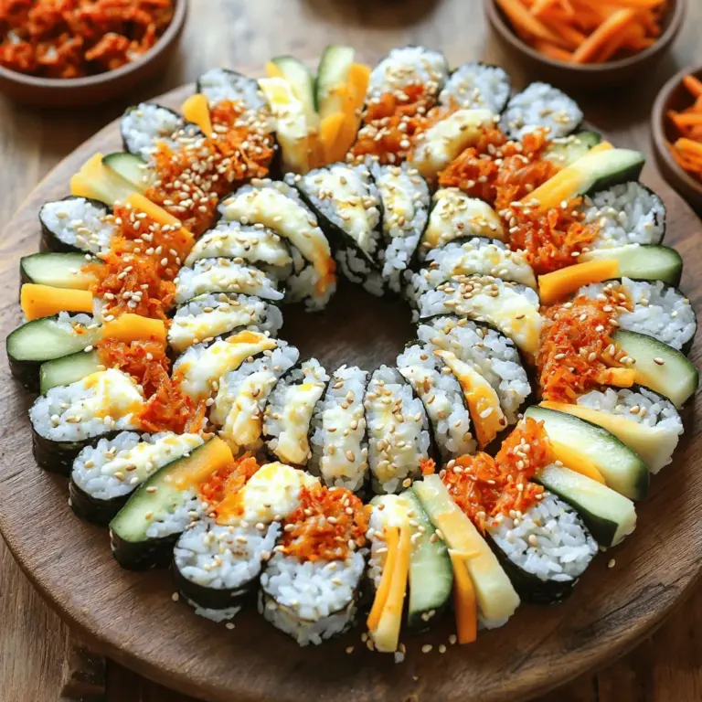 Für Korean Cheese Kimchi Kimbap braucht man einfache und frische Zutaten. Diese sind: - 2 Tassen gekochter Kurzkornerreis - 4 Blätter Nori (Seetang) - 1/2 Tasse Kimchi, gehackt - 1 Tasse Mozzarella-Käse, gerieben Gekochter Kurzkornerreis ist die Basis. Er sorgt für die richtige Konsistenz. Nori-Blätter halten alles zusammen. Kimchi bringt den besonderen Geschmack. Der Mozzarella-Käse fügt eine cremige Textur hinzu. Die Gewürze und Öle sind wichtig für den Geschmack. Du benötigst: - 2 Esslöffel Sesamöl - 1 Esslöffel Sojasauce - 1 Teelöffel Salz Sesamöl gibt ein nussiges Aroma. Sojasauce sorgt für Umami. Salz hebt die Aromen hervor und balanciert das Gericht. Gemüse macht dein Kimbap bunt und gesund. Verwende: - 1 Karotte, in feine Streifen geschnitten - 1 Gurke, in feine Streifen geschnitten - 2 Eier, verquirlt und in einem dünnen Omelett gebraten, dann in Scheiben geschnitten - 1 Esslöffel Sesamsamen zum Garnieren Karotten und Gurken bringen Frische. Die Eier fügen Protein hinzu. Sesamsamen machen das Gericht knusprig und schön. Diese Zutaten sind die Basis für ein köstliches Kimbap. Du kannst sie nach deinem Geschmack anpassen. Für das vollständige Rezept schaue dir den [Full Recipe] an. Zuerst kochst du 2 Tassen Kurzkornerreis. In einer großen Schüssel vermischst du den Reis mit 2 Esslöffeln Sesamöl, 1 Esslöffel Sojasauce und 1 Teelöffel Salz. Mische alles gut. Der Reis sollte gleichmäßig gewürzt sein. Lass ihn etwas abkühlen, bevor du weitermachst. Lege ein Nori-Blatt mit der glänzenden Seite nach unten auf eine saubere Fläche. Verteile etwa 1/2 Tasse des gewürzten Reises gleichmäßig über das Nori. Lass am oberen Rand etwa 2,5 cm frei. In der Mitte des Reises ordnest du die Füllungen an. Beginne mit 1/2 Tasse gehacktem Kimchi. Füge dann 1 Tasse geriebenen Mozzarella, in Streifen geschnittene Karotten und Gurken sowie einige Scheiben Omelett hinzu. Jetzt kommt der spannende Teil: das Rollen! Hebe die Matte vorsichtig an und beginne, das Kimbap fest zu rollen. Übe sanften Druck aus, um die Füllungen im Inneren zu halten. Rolle weiter, bis du das freiliegende Ende des Noris erreichst. Befeuchte deine Finger mit Wasser und versiegel die Kante des Noris. Wiederhole den Vorgang mit den restlichen Nori-Blättern. Wenn alle Kimbap-Rollen fertig sind, schneide jede Rolle mit einem scharfen Messer in etwa 2,5 cm dicke Stücke. Achte darauf, dass du gerade schneidest. Bestreue die Kimbap-Stücke mit Sesamsamen für mehr Crunch. Arrangiere sie kreisförmig auf einem Servierteller. Du kannst sie auch mit zusätzlichem Kimchi oder einer Dipsauce servieren. - Halte beim Rollen die Füllungen zentral. Das macht das Kimbap gleichmäßiger. - Befeuchte deine Hände leicht. So bleibt der Reis nicht kleben. - Vermeide zerbrechendes Nori, indem du es frisch hältst. Lagere es in einem luftdichten Behälter. - Für vegane Optionen ersetze den Käse durch pflanzliche Alternativen. Kokosnusskäse funktioniert gut. - Experimentiere mit anderen Käsesorten. Cheddar oder Gouda bringen einen neuen Geschmack. - Serviere Kimbap mit Sojasauce oder einer scharfen Dipsauce. Das gibt extra Geschmack. - Kleine Schalen mit zusätzlichem Kimchi machen das Gericht lebendiger. Gäste werden es lieben! {{image_4}} Korean Cheese Kimchi Kimbap zeigt viele regionale Unterschiede. In Südkorea gibt es viele Variationen. Einige verwenden mehr Gemüse, während andere sich auf Kimchi konzentrieren. Traditionelle Rezepte nutzen oft nur Gemüse und Reis. Moderne Rezepte integrieren Käse und andere Zutaten. So wird das Kimbap reichhaltiger und cremiger. Du kannst die Füllungen nach deinem Geschmack wählen. Probiere verschiedene Gemüse wie Paprika oder Spinat. Diese geben dem Kimbap einen neuen Twist. Auch Proteine sind eine gute Wahl. Hähnchen oder Tofu passen gut dazu. Du kannst sogar frische Kräuter hinzufügen. Das macht das Gericht lebendiger und bunter. Fusion-Kombinationen bieten noch mehr Möglichkeiten. Mische internationale Zutaten in dein Kimbap. Ein Hauch von Avocado bringt einen cremigen Geschmack. Auch italienischer Prosciutto kann eine interessante Wahl sein. Experimentiere mit verschiedenen Saucen, um neue Aromen zu entdecken. So wird dein Kimbap ein ganz persönliches Meisterwerk. Um Kimbap frisch zu halten, lege die Rollen in einen luftdichten Behälter. Du solltest sie auch in Frischhaltefolie einwickeln, um Feuchtigkeit zu bewahren. Kühl die Kimbap im Kühlschrank. So bleiben sie für ein paar Tage lecker. Achte darauf, sie nicht zu lange zu lagern, da sie schnell austrocknen können. Wenn du Kimbap für später aufbewahren möchtest, kannst du sie einfrieren. Rolle die Kimbap wie gewohnt und schneide sie in Stücke. Lege die Stücke auf ein Backblech und friere sie für etwa eine Stunde ein. Sobald sie fest sind, verpacke sie in einen Gefrierbeutel. Um sie aufzutauen, lasse sie einfach im Kühlschrank oder bei Raumtemperatur stehen. Kimbap bleibt frisch für etwa drei bis fünf Tage im Kühlschrank. Wenn du sie einfrierst, kannst du sie bis zu drei Monate aufbewahren. Achte darauf, sie gut zu verpacken, damit sie nicht gefrieren. So bleibt der Geschmack und die Textur optimal. Kimbap ist ein beliebtes koreanisches Gericht. Es besteht aus Reis, Nori und verschiedenen Füllungen. Man kann es mit Gemüse, Fleisch oder Fisch füllen. Kimbap ist ein beliebter Snack und wird oft für Picknicks oder als Lunch serviert. Es hat eine große kulturelle Bedeutung in Korea. Viele Familien genießen es gemeinsam. Kimbap zeigt auch die Vielfalt der koreanischen Küche. Die Kombination aus Aromen und Texturen macht es zu einem Genuss. Kimbap kann sehr gesund sein. Es enthält viele frische Zutaten, wie Gemüse und Seetang. Diese bringen Vitamine und Mineralstoffe. Kimchi, ein Hauptbestandteil, hat auch viele gesundheitliche Vorteile. Es ist reich an Probiotika und unterstützt die Verdauung. Mozzarella-Käse fügt Protein hinzu. Dies macht Kimbap zu einer ausgewogenen Mahlzeit. Die Kombination von Nährstoffen fördert ein gesundes Essen. Wenn du auf die Portionsgrößen achtest, ist Kimbap eine großartige Wahl. Ja, du kannst Kimbap im Voraus machen. Bereite die Füllungen und den Reis frühzeitig vor. Stelle sicher, dass alles frisch ist. Du kannst die Kimbap-Rollen in Frischhaltefolie wickeln. So bleiben sie frisch und lecker. Lagere sie im Kühlschrank. Kimbap hat so eine Haltbarkeit von etwa zwei bis drei Tagen. Du kannst sie auch einfrieren, aber die Textur kann sich ändern. Es ist am besten, sie frisch zu genießen. Kimbap ist einfach zuzubereiten und macht Spaß. Wir haben die Hauptzutaten besprochen, wie Reis, Nori, Kimchi und Käse. Du kannst verschiedene Gewürze und frisches Gemüse hinzufügen. Die Schritt-für-Schritt-Anleitung hilft dir beim Rollen und Anrichten. Unsere Tipps zeigen dir, wie du deine Rollen perfektionierst und variieren kannst. Denk daran, Kimbap frisch zu halten und kreativ bei den Füllungen zu sein. Mit diesen Ideen macht Kochen Freude und deine Familie wird begeistert sein.