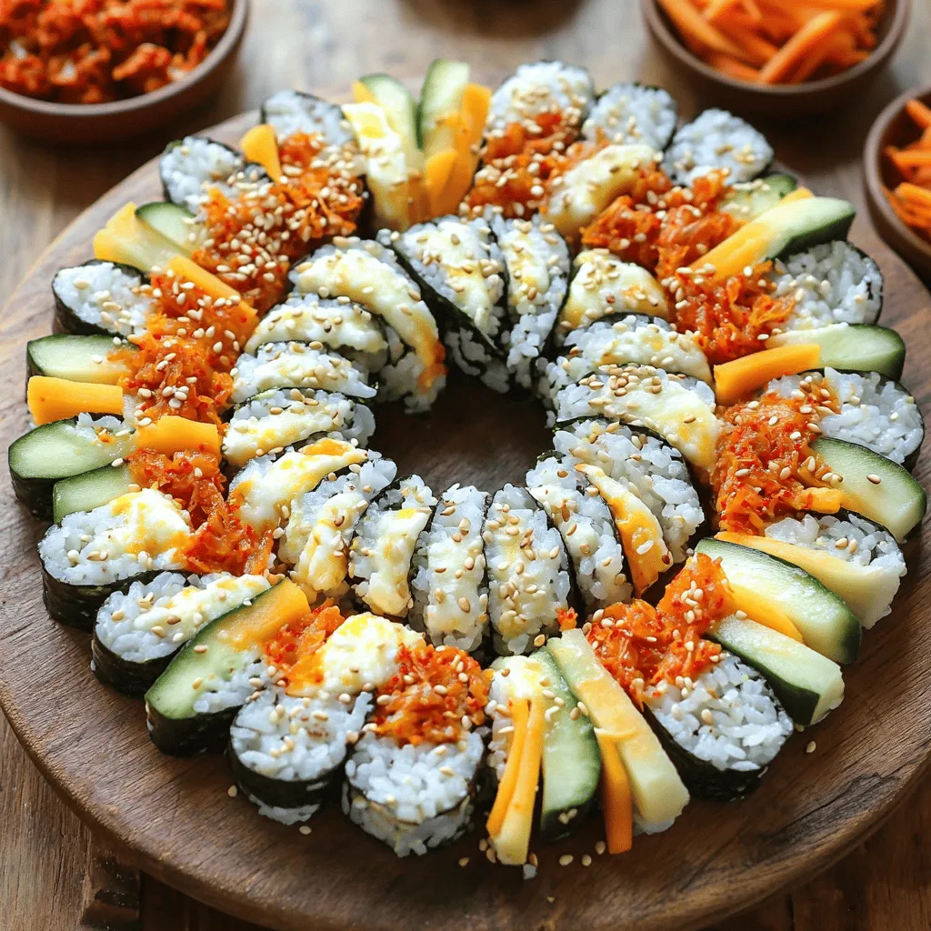 Für Korean Cheese Kimchi Kimbap braucht man einfache und frische Zutaten. Diese sind: - 2 Tassen gekochter Kurzkornerreis - 4 Blätter Nori (Seetang) - 1/2 Tasse Kimchi, gehackt - 1 Tasse Mozzarella-Käse, gerieben Gekochter Kurzkornerreis ist die Basis. Er sorgt für die richtige Konsistenz. Nori-Blätter halten alles zusammen. Kimchi bringt den besonderen Geschmack. Der Mozzarella-Käse fügt eine cremige Textur hinzu. Die Gewürze und Öle sind wichtig für den Geschmack. Du benötigst: - 2 Esslöffel Sesamöl - 1 Esslöffel Sojasauce - 1 Teelöffel Salz Sesamöl gibt ein nussiges Aroma. Sojasauce sorgt für Umami. Salz hebt die Aromen hervor und balanciert das Gericht. Gemüse macht dein Kimbap bunt und gesund. Verwende: - 1 Karotte, in feine Streifen geschnitten - 1 Gurke, in feine Streifen geschnitten - 2 Eier, verquirlt und in einem dünnen Omelett gebraten, dann in Scheiben geschnitten - 1 Esslöffel Sesamsamen zum Garnieren Karotten und Gurken bringen Frische. Die Eier fügen Protein hinzu. Sesamsamen machen das Gericht knusprig und schön. Diese Zutaten sind die Basis für ein köstliches Kimbap. Du kannst sie nach deinem Geschmack anpassen. Für das vollständige Rezept schaue dir den [Full Recipe] an. Zuerst kochst du 2 Tassen Kurzkornerreis. In einer großen Schüssel vermischst du den Reis mit 2 Esslöffeln Sesamöl, 1 Esslöffel Sojasauce und 1 Teelöffel Salz. Mische alles gut. Der Reis sollte gleichmäßig gewürzt sein. Lass ihn etwas abkühlen, bevor du weitermachst. Lege ein Nori-Blatt mit der glänzenden Seite nach unten auf eine saubere Fläche. Verteile etwa 1/2 Tasse des gewürzten Reises gleichmäßig über das Nori. Lass am oberen Rand etwa 2,5 cm frei. In der Mitte des Reises ordnest du die Füllungen an. Beginne mit 1/2 Tasse gehacktem Kimchi. Füge dann 1 Tasse geriebenen Mozzarella, in Streifen geschnittene Karotten und Gurken sowie einige Scheiben Omelett hinzu. Jetzt kommt der spannende Teil: das Rollen! Hebe die Matte vorsichtig an und beginne, das Kimbap fest zu rollen. Übe sanften Druck aus, um die Füllungen im Inneren zu halten. Rolle weiter, bis du das freiliegende Ende des Noris erreichst. Befeuchte deine Finger mit Wasser und versiegel die Kante des Noris. Wiederhole den Vorgang mit den restlichen Nori-Blättern. Wenn alle Kimbap-Rollen fertig sind, schneide jede Rolle mit einem scharfen Messer in etwa 2,5 cm dicke Stücke. Achte darauf, dass du gerade schneidest. Bestreue die Kimbap-Stücke mit Sesamsamen für mehr Crunch. Arrangiere sie kreisförmig auf einem Servierteller. Du kannst sie auch mit zusätzlichem Kimchi oder einer Dipsauce servieren. - Halte beim Rollen die Füllungen zentral. Das macht das Kimbap gleichmäßiger. - Befeuchte deine Hände leicht. So bleibt der Reis nicht kleben. - Vermeide zerbrechendes Nori, indem du es frisch hältst. Lagere es in einem luftdichten Behälter. - Für vegane Optionen ersetze den Käse durch pflanzliche Alternativen. Kokosnusskäse funktioniert gut. - Experimentiere mit anderen Käsesorten. Cheddar oder Gouda bringen einen neuen Geschmack. - Serviere Kimbap mit Sojasauce oder einer scharfen Dipsauce. Das gibt extra Geschmack. - Kleine Schalen mit zusätzlichem Kimchi machen das Gericht lebendiger. Gäste werden es lieben! {{image_4}} Korean Cheese Kimchi Kimbap zeigt viele regionale Unterschiede. In Südkorea gibt es viele Variationen. Einige verwenden mehr Gemüse, während andere sich auf Kimchi konzentrieren. Traditionelle Rezepte nutzen oft nur Gemüse und Reis. Moderne Rezepte integrieren Käse und andere Zutaten. So wird das Kimbap reichhaltiger und cremiger. Du kannst die Füllungen nach deinem Geschmack wählen. Probiere verschiedene Gemüse wie Paprika oder Spinat. Diese geben dem Kimbap einen neuen Twist. Auch Proteine sind eine gute Wahl. Hähnchen oder Tofu passen gut dazu. Du kannst sogar frische Kräuter hinzufügen. Das macht das Gericht lebendiger und bunter. Fusion-Kombinationen bieten noch mehr Möglichkeiten. Mische internationale Zutaten in dein Kimbap. Ein Hauch von Avocado bringt einen cremigen Geschmack. Auch italienischer Prosciutto kann eine interessante Wahl sein. Experimentiere mit verschiedenen Saucen, um neue Aromen zu entdecken. So wird dein Kimbap ein ganz persönliches Meisterwerk. Um Kimbap frisch zu halten, lege die Rollen in einen luftdichten Behälter. Du solltest sie auch in Frischhaltefolie einwickeln, um Feuchtigkeit zu bewahren. Kühl die Kimbap im Kühlschrank. So bleiben sie für ein paar Tage lecker. Achte darauf, sie nicht zu lange zu lagern, da sie schnell austrocknen können. Wenn du Kimbap für später aufbewahren möchtest, kannst du sie einfrieren. Rolle die Kimbap wie gewohnt und schneide sie in Stücke. Lege die Stücke auf ein Backblech und friere sie für etwa eine Stunde ein. Sobald sie fest sind, verpacke sie in einen Gefrierbeutel. Um sie aufzutauen, lasse sie einfach im Kühlschrank oder bei Raumtemperatur stehen. Kimbap bleibt frisch für etwa drei bis fünf Tage im Kühlschrank. Wenn du sie einfrierst, kannst du sie bis zu drei Monate aufbewahren. Achte darauf, sie gut zu verpacken, damit sie nicht gefrieren. So bleibt der Geschmack und die Textur optimal. Kimbap ist ein beliebtes koreanisches Gericht. Es besteht aus Reis, Nori und verschiedenen Füllungen. Man kann es mit Gemüse, Fleisch oder Fisch füllen. Kimbap ist ein beliebter Snack und wird oft für Picknicks oder als Lunch serviert. Es hat eine große kulturelle Bedeutung in Korea. Viele Familien genießen es gemeinsam. Kimbap zeigt auch die Vielfalt der koreanischen Küche. Die Kombination aus Aromen und Texturen macht es zu einem Genuss. Kimbap kann sehr gesund sein. Es enthält viele frische Zutaten, wie Gemüse und Seetang. Diese bringen Vitamine und Mineralstoffe. Kimchi, ein Hauptbestandteil, hat auch viele gesundheitliche Vorteile. Es ist reich an Probiotika und unterstützt die Verdauung. Mozzarella-Käse fügt Protein hinzu. Dies macht Kimbap zu einer ausgewogenen Mahlzeit. Die Kombination von Nährstoffen fördert ein gesundes Essen. Wenn du auf die Portionsgrößen achtest, ist Kimbap eine großartige Wahl. Ja, du kannst Kimbap im Voraus machen. Bereite die Füllungen und den Reis frühzeitig vor. Stelle sicher, dass alles frisch ist. Du kannst die Kimbap-Rollen in Frischhaltefolie wickeln. So bleiben sie frisch und lecker. Lagere sie im Kühlschrank. Kimbap hat so eine Haltbarkeit von etwa zwei bis drei Tagen. Du kannst sie auch einfrieren, aber die Textur kann sich ändern. Es ist am besten, sie frisch zu genießen. Kimbap ist einfach zuzubereiten und macht Spaß. Wir haben die Hauptzutaten besprochen, wie Reis, Nori, Kimchi und Käse. Du kannst verschiedene Gewürze und frisches Gemüse hinzufügen. Die Schritt-für-Schritt-Anleitung hilft dir beim Rollen und Anrichten. Unsere Tipps zeigen dir, wie du deine Rollen perfektionierst und variieren kannst. Denk daran, Kimbap frisch zu halten und kreativ bei den Füllungen zu sein. Mit diesen Ideen macht Kochen Freude und deine Familie wird begeistert sein.