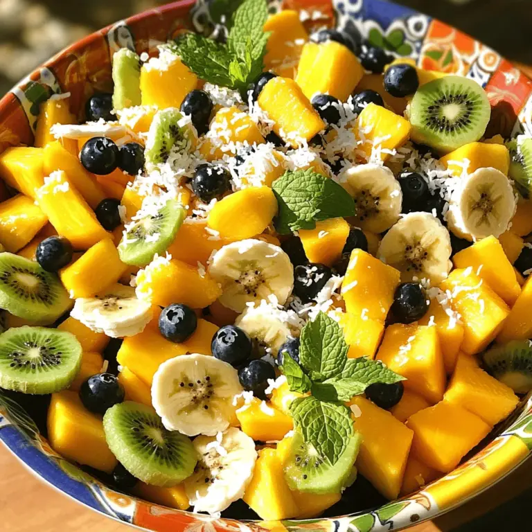 - Ananas - Kiwi - Mango - Banane - Heidelbeeren - Orange - Kokosraspeln - Limettensaft - Honig oder Agavendicksaft - Frische Minzeblätter Dieser tropische Fruchtsalat reicht für 4 bis 6 Personen. Jede Portion enthält eine Vielzahl an Nährstoffen. Der Salat ist reich an Vitaminen, Mineralien und Antioxidantien. Die bunten Früchte bringen nicht nur Geschmack, sondern auch viele Gesundheitsvorteile. Die Ananas bietet Vitamin C und Bromelain, was die Verdauung unterstützt. Kiwis sind voller Vitamin K und Vitamin E. Mangos sind süß und enthalten Vitamin A. Bananen liefern Kalium, während Heidelbeeren antioxidative Eigenschaften haben. Orangen sind eine hervorragende Quelle für Vitamin C. Die Kokosraspeln fügen gesunde Fette hinzu. Mit diesem Rezept kannst du gesunde und frische Zutaten genießen. Alle Zutaten sind leicht zu finden. Du wirst die Farben und Aromen lieben! Für das komplette Rezept schau dir den Full Recipe an. Zuerst bereite deine Früchte vor. Nimm eine reife Ananas und schäle sie. Schneide sie in kleine Würfel. Dann schäle die Kiwis und schneide sie in Scheiben. Die Mango wird ebenfalls gewürfelt. Schneide die Banane in dünne Scheiben. Schließlich teile die Orange in Segmente und filetiere sie. Achte darauf, alle Früchte gleichmäßig zu schneiden. Nimm eine große Schüssel und lege alle geschnittenen Früchte hinein. Rühre die Früchte vorsichtig um. Du möchtest, dass sie gut vermischt sind, ohne die Banane zu zerdrücken. So bleibt der Salat frisch und knackig. Für das Dressing brauchst du den Saft von einer Limette. Presse die Limette aus und füge zwei Esslöffel Honig hinzu. Vermische beides in einer kleinen Schüssel. Rühre gründlich, bis die Mischung glatt ist. Das Dressing bringt Frische und Süße in deinen Salat. Gieße das Dressing über die Früchte in der Schüssel. Verwende einen Löffel, um das Dressing sanft unter die Früchte zu heben. So werden alle Früchte gleichmäßig bedeckt. Jetzt streue die Kokosraspeln über den Salat. Mische vorsichtig, damit die Kokosraspeln sich gut verteilen. Lass den Salat mindestens 30 Minuten im Kühlschrank ruhen. So vermischen sich die Aromen perfekt. Vor dem Servieren kannst du frische Minzeblätter zur Garnierung hinzufügen. Für das vollständige Rezept schaue dir den Tropisches Oasen-Fruchtsalat an. Wähle frische und reife Früchte für deinen tropischen Fruchtsalat. Achte darauf, dass die Ananas süß und fest ist. Die Kiwis sollten weich, aber nicht matschig sein. Eine reife Mango hat ein duftendes Aroma und gibt leicht nach, wenn du sie drückst. Bananen sollten gelb mit wenigen dunklen Flecken sein. Heidelbeeren sollten prall und blau sein. Die Orangen müssen saftig und schwer in der Hand liegen. Für das Dressing kannst du Honig durch Agavendicksaft ersetzen. Das gibt eine ähnliche Süße. Du kannst auch etwas Zimt oder Ingwer hinzufügen, um den Geschmack zu verändern. Wenn du einen spritzigen Kick magst, probiere etwas frisch gepressten Orangensaft. Für eine cremigere Note kannst du griechischen Joghurt unter das Dressing mischen. Präsentation ist wichtig! Serviere den Salat in einer großen, bunten Schüssel. Du kannst auch kleine Schalen verwenden, um die Portionen zu teilen. Dekoriere den Salat mit frischen Minzeblättern und zusätzlichen Beeren. Ein paar Limettenscheiben als Garnierung erhöhen die Attraktivität. Ein schöner, ansprechender Salat macht das Essen noch mehr Spaß! {{image_4}} Nüsse bringen einen tollen Crunch in den tropischen Fruchtsalat. Mandeln, Cashews oder Walnüsse passen gut. Sie fügen auch gesunde Fette hinzu. Du kannst sie grob hacken und über den Salat streuen. Mandeln geben eine süße Note, während Cashews cremig sind. Walnüsse bieten einen kräftigen Geschmack. Probiere verschiedene Nüsse, um deine perfekte Mischung zu finden. Füge weitere tropische Früchte hinzu, um den Salat abwechslungsreich zu gestalten. Papaya ist süß und hat eine weiche Textur. Passionsfrucht bringt einen intensiven, fruchtigen Geschmack. Guave hat ein einzigartiges Aroma und ist reich an Vitaminen. Diese Früchte ergänzen die Farben und Aromen des Salats. Experimentiere mit verschiedenen Kombinationen, um neue Geschmäcker zu entdecken. Verleihe dem Salat zusätzliche Aromen mit Gewürzen oder Kräutern. Minze passt hervorragend zu Früchten und sorgt für Frische. Eine Prise Zimt kann die Süße der Früchte verstärken. Auch Ingwer verleiht einen würzigen Kick. Sei kreativ und finde deine Lieblingskombination, um den Salat zu einem besonderen Genuss zu machen. Um deinen tropischen Fruchtsalat frisch zu halten, lagere ihn im Kühlschrank. Verwende eine luftdichte Schüssel. Das schützt vor Gerüchen und Feuchtigkeit. Wenn du den Salat abdeckst, bleibt die Frische länger erhalten. Achte darauf, die Früchte kühl zu halten. Zu viel Wärme kann die Früchte schneller verderben lassen. Der Salat bleibt in der Regel 2 bis 3 Tage frisch. Nach dieser Zeit kannst du einen Verlust an Geschmack und Textur bemerken. Die Banane kann braun werden, was den Salat weniger ansprechend macht. Wenn du also den besten Geschmack willst, genieße ihn frisch. Du kannst viele Teile des Salats im Voraus vorbereiten. Schneide die Früchte und lagere sie getrennt im Kühlschrank. Mische die Zutaten erst kurz vor dem Servieren. So bleibt der Salat knackig und frisch. Das Dressing kannst du ebenfalls vorher zubereiten. Halte es aber separat, um die Frische zu bewahren. Du kannst den tropischen Fruchtsalat bis zu drei Tage im Kühlschrank aufbewahren. Stelle sicher, dass du ihn in einem luftdichten Behälter aufbewahrst. So bleibt der Salat frisch und lecker. Achte darauf, dass du ihn gut abdeckst, um ein Austrocknen zu verhindern. Nach ein oder zwei Tagen können die Früchte etwas weicher werden, aber der Geschmack bleibt. Ja, dieser tropische Fruchtsalat ist einfach vegan. Du kannst den Honig durch Agavendicksaft ersetzen. So bleibt der Salat süß und lecker, ohne tierische Produkte. Alle anderen Zutaten sind bereits pflanzlich. Damit ist er perfekt für vegane Ernährung. Die besten Früchte für einen tropischen Salat sind: - Ananas - Kiwi - Mango - Banane - Heidelbeeren - Orange Diese Früchte bringen eine tolle Mischung aus Süße und Säure. Du kannst auch andere tropische Früchte wie Papaya oder Passionsfrucht hinzufügen. Um den Salat gesünder zu machen, kannst du folgende Tipps beachten: - Verwende frische, reife Früchte. - Reduziere die Menge an Honig oder Agavendicksaft. - Füge Nüsse oder Samen hinzu für extra Nährstoffe. - Verwende ungesüßte Kokosraspeln. So bleibt der Salat lecker und nahrhaft. Ja, der Salat kann sauer werden, wenn er zu lange steht. Die Früchte geben Saft ab und verlieren ihre Frische. Um dies zu vermeiden, serviere den Salat frisch. Wenn du ihn vorbereiten musst, mache das Dressing separat und füge es kurz vor dem Servieren hinzu. So bleibt der Geschmack optimal. Du kannst das Rezept für den tropischen Oasen-Fruchtsalat auch anpassen und immer wieder neu genießen. Wir haben einen köstlichen tropischen Fruchtsalat zusammen erstellt. Wir haben die besten Zutaten, wie Ananas, Kiwi und Mango, besprochen. Die Schritt-für-Schritt-Anleitung hilft dir, diesen Salat einfach zuzubereiten. Mit unseren Tipps und Variationen machst du ihn noch besser. Vergiss nicht, wie wichtig die richtige Lagerung ist. Lass dich von den vielen Möglichkeiten inspirieren und genieße deinen Salat!