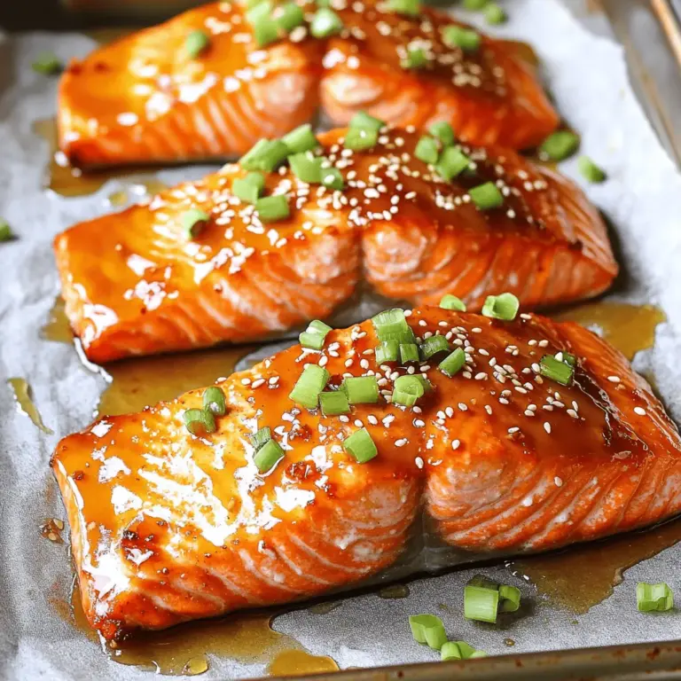 Für diesen köstlichen Honig-Knoblauch-Lachs brauchst du einige einfache Zutaten. Hier ist die Liste: - 4 Lachsfilets - 60 ml Honig - 60 ml natriumarme Sojasauce - 3 Knoblauchzehen, fein gehackt - 2,5 cm frischer Ingwer, gerieben - 1 Esslöffel Olivenöl - 1 Esslöffel Zitronensaft - Salz und Pfeffer nach Geschmack - 2 Frühlingszwiebeln, fein gehackt (zum Garnieren) - Sesamkörner (zum Garnieren) Diese Zutaten machen den Lachs saftig und voller Geschmack. Der Honig gibt eine süße Note, während der Knoblauch und der Ingwer eine würzige Tiefe bringen. Aromen sind der Schlüssel zu einem guten Gericht. Hier sind einige besondere Aspekte, die du beachten solltest: - Honig: Er sorgt für Süße und eine schöne Karamellisierung. - Sojasauce: Diese bringt Umami und salzige Tiefe. - Knoblauch: Er verleiht dem Gericht einen starken, reichen Geschmack. - Ingwer: Frischer Ingwer gibt eine pikante Frische. Die Kombination dieser Aromen macht den Honig-Knoblauch-Lachs zu einem echten Genuss. Die Qualität des Lachses ist wichtig. Hier sind einige Tipps, um frische Lachsfilets auszuwählen: - Farbe: Achte auf eine leuchtende, gleichmäßige Farbe. Frischer Lachs hat eine schöne, rosa bis orange Farbe. - Geruch: Rieche am Lachs. Er sollte frisch und leicht nach Meer riechen, nicht fischig. - Textur: Drücke leicht auf das Filet. Es sollte fest und elastisch sein. Wenn es matschig ist, lass es stehen. - Haut: Wenn du die Haut lässt, achte darauf, dass sie glänzend und nicht schuppig ist. Mit diesen Tipps findest du die besten Lachsfilets für dein Rezept. Du kannst die Zutaten für das Honig-Knoblauch-Lachs Rezept in deinem nächsten Kochabenteuer nutzen. Um den besten Geschmack zu erzielen, marinieren wir die Lachsfilets zuerst. Nimm eine mittlere Schüssel. Vermische dort 60 ml Honig mit 60 ml natriumarmer Sojasauce. Füge drei fein gehackte Knoblauchzehen und 2,5 cm geriebenen Ingwer hinzu. Dann kommen 1 Esslöffel Olivenöl und 1 Esslöffel Zitronensaft dazu. Vergiss nicht, mit Salz und Pfeffer zu würzen. Rühre alles gut um, bis es gut vermischt ist. Lege die Lachsfilets in eine flache Schale. Gieße die Marinade gleichmäßig über die Filets. So wird jedes Stück gut bedeckt. Lasse den Lachs mindestens 30 Minuten marinieren. Wenn du mehr Geschmack möchtest, lasse ihn bis zu 2 Stunden im Kühlschrank. Heize den Ofen auf 200°C vor. Lege ein Backblech mit Backpapier aus. Nimm die marinierten Lachsfilets und lege sie mit der Hautseite nach unten darauf. Backe den Lachs 12 bis 15 Minuten lang. Er ist fertig, wenn er undurchsichtig aussieht und sich leicht mit einer Gabel zerteilen lässt. Für eine goldene Kruste schalte die Grillfunktion des Ofens in den letzten 2 bis 3 Minuten ein. So karamelisiert die Oberseite des Lachses schön. Nimm den Lachs nach dem Backen aus dem Ofen und lasse ihn ein paar Minuten ruhen. Jetzt ist dein Honig-Knoblauch-Lachs bereit zum Servieren. Du kannst einige Tropfen der restlichen Marinade darüber geben und mit fein gehackten Frühlingszwiebeln und Sesamkörnern garnieren. Das sieht nicht nur gut aus, sondern schmeckt auch großartig! Serviere deinen Honig-Knoblauch-Lachs warm auf einem schönen Teller. Ein frischer Salat passt gut dazu. Du kannst auch Reis oder Quinoa als Beilage wählen. Das gibt dem Gericht mehr Struktur. Garniere den Lachs mit Frühlingszwiebeln und Sesamkörnern. Das sieht nicht nur toll aus, sondern schmeckt auch lecker. Eine Scheibe Zitrone kann zusätzlichen Geschmack bringen. Ein häufiger Fehler ist, den Lachs zu lange zu marinieren. Mehr als zwei Stunden kann den Lachs zu salzig machen. Achte auch auf die Backzeit. Wenn du ihn überbackst, wird der Lachs trocken. Um dies zu vermeiden, prüfe die Garzeit genau. Der Lachs ist fertig, wenn er leicht mit einer Gabel zerfällt. Ein weiterer Tipp: Verwende frische Zutaten. Alte Gewürze oder abgelaufener Honig können den Geschmack ruinieren. Um das Rezept zu verfeinern, füge frische Kräuter hinzu, wie Koriander oder Dill. Diese Kräuter bringen ein neues Aroma. Du kannst auch Chili hinzufügen, wenn du es scharf magst. Eine Prise Rauchsalz kann dem Lachs einen besonderen Geschmack geben. Experimentiere mit verschiedenen Sojasaucen. Einige sind süßer, andere salziger. So findest du die perfekte Balance für deinen Gaumen. Für die vollständige Zubereitung, schau dir das [Full Recipe] an. {{image_4}} Wenn du Lachs nicht magst, probiere Forelle oder Heilbutt. Beide Fische sind zart und haben einen milden Geschmack. Die Honig-Knoblauch-Marinade passt gut zu ihnen. Forelle hat eine feine Textur und ist einfach zuzubereiten. Heilbutt bietet einen festen Biss und bleibt saftig. Du kannst die gleiche Marinade verwenden und die Garzeit anpassen. Forelle braucht meist weniger Zeit, etwa 10-12 Minuten. Heilbutt benötigt etwas länger, etwa 15-18 Minuten. Für eine vegane Variante kannst du Tofu verwenden. Wähle festen Tofu für beste Ergebnisse. Schneide ihn in Scheiben und marinieren ihn wie den Lachs. Lass ihn mindestens 30 Minuten in der Marinade. Alternativ kannst du auch Seitan oder Jackfruit ausprobieren. Beide nehmen Aromen gut auf. Sie sind eiweißreich und lecker. Grille oder backe sie, bis sie goldbraun sind. Diese Optionen bieten eine tolle Abwechslung und sind gesund. Die Marinade lässt sich leicht anpassen. Probiere verschiedene Sojasaucen, wie Tamari für einen glutenfreien Geschmack. Füge mehr Knoblauch hinzu, wenn du es würziger magst. Du kannst auch frische Kräuter wie Koriander oder Basilikum einmischen. Ein Spritzer Limettensaft gibt einen frischen Kick. Experimentiere mit Chili für etwas Schärfe. Diese Anpassungen machen dein Gericht einzigartig und spannend. Wenn du Lachs übrig hast, kühl ihn sofort. Lege die Filets in einen luftdichten Behälter. So bleibt der Lachs frisch. Achte darauf, dass die Marinade nicht zu lange mit dem Lachs in Kontakt bleibt. Sie kann den Fisch weich machen. Im Kühlschrank hält sich der gekochte Lachs etwa 3 Tage. Wenn du ihn länger lagern willst, friere ihn ein. Im Gefrierschrank bleibt der Lachs bis zu 3 Monate gut. Achte darauf, ihn gut einzupacken, um Gefrierbrand zu vermeiden. Um den Lachs wieder aufzuwärmen, benutze den Ofen oder die Pfanne. Stelle den Ofen auf 150°C. Lege den Lachs auf ein Blech und decke ihn mit Folie ab. So bleibt er saftig. In der Pfanne kannst du etwas Öl hinzufügen und den Lachs bei mittlerer Hitze erwärmen. Achte darauf, ihn nicht zu überhitzen, damit er nicht trocken wird. Für die besten Ergebnisse, genieße den Lachs warm und frisch. So schmeckt er am besten! Wenn du das Rezept nachkochen möchtest, findest du die Details in der Full Recipe. Du kannst den Lachs mindestens 30 Minuten marinieren. Das gibt dem Fisch Zeit, die Aromen aufzunehmen. Wenn du mehr Geschmack möchtest, lasse ihn bis zu 2 Stunden im Kühlschrank marinieren. So wird der Honig und Knoblauch intensiver. Achte darauf, den Lachs nicht zu lange zu marinieren, da die Sojasauce den Fisch zu salzig machen könnte. Der Honig-Knoblauch-Lachs passt gut zu vielen Beilagen. Du kannst ihn mit gedünstetem Gemüse servieren. Brokkoli, grüne Bohnen oder Karotten sind lecker. Reis oder Quinoa sind auch tolle Optionen. Sie nehmen die Sauce gut auf. Ein frischer Salat mit Zitronendressing passt ebenfalls gut. So bekommst du eine schöne Balance zu dem süßen Lachs. Um zu wissen, ob der Lachs gar ist, schau dir die Farbe an. Er sollte undurchsichtig und leicht rosa sein. Eine Gabel sollte leicht in den Fisch eindringen. Wenn du den Lachs mit einer Gabel leicht zerteilen kannst, ist er fertig. Ein gutes Zeichen ist auch, wenn die Oberfläche leicht knusprig ist. Folge der Zubereitungszeit im Rezept für beste Ergebnisse. In diesem Blogbeitrag haben wir die besten Zutaten für Honig-Knoblauch-Lachs entdeckt. Wir haben über die Marinierung, das Backen und Tipps zur perfekten Kruste gesprochen. Ich habe auch praktische Tipps gegeben, um häufige Fehler zu vermeiden. Zudem gab es Ideen für Variationen, Lagerung und Antworten auf häufige Fragen. Denke daran, das Rezept nach deinem Geschmack anzupassen. So machst du jedes Mal ein leckeres Gericht. Schmecke deine Kreativität an und genieße deinen Lachs!