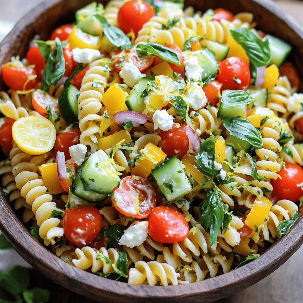 - 225 g Pasta (Fusilli oder Penne) - 1 Tasse Kirschtomaten, halbiert - 1 Gurke, gewürfelt - 1 Paprika, gewürfelt - 1/4 Tasse rote Zwiebel, fein gehackt - 1/4 Tasse Olivenöl - 3 Esslöffel Zitronensaft, frisch gepresst - 1 Teelöffel Zitronenschale Die Hauptzutaten sind einfach und frisch. Die Pasta ist die Basis und macht den Salat sättigend. Ich empfehle Fusilli oder Penne, da sie die Aromen gut halten. Kirschtomaten bringen Süße, während Gurken und Paprika für Knackigkeit sorgen. Rote Zwiebeln fügen einen sanften Biss hinzu. Das Dressing aus Olivenöl, Zitronensaft und Zitronenschale gibt dem Salat das besondere Etwas. - Frische Basilikumblätter - 1/4 Tasse Feta-Käse, zerbröckelt (optional) Frische Basilikumblätter sind ein Muss, wenn Sie den vollen Geschmack erleben möchten. Sie verleihen dem Salat einen Duft und eine Farbe, die einfach toll aussehen. Feta ist optional, aber er bringt eine salzige Note, die gut zur Zitrone passt. - Salz und Pfeffer nach Geschmack Salz und Pfeffer sind die letzten Feinheiten für den perfekten Geschmack. Sie helfen, alle Aromen zu verbinden. Schmecken Sie einfach ab, bis es Ihnen gefällt. Für die gesamte Liste der Zutaten und Anweisungen schauen Sie sich das vollständige Rezept an. Koche die Pasta in einem großen Topf mit sprudelndem, gesalzenem Wasser. Achte darauf, die Pasta al dente zu kochen. Das bedeutet, sie sollte innen noch leicht fest sein. Nach dem Kochen gieße die Pasta ab. Spüle sie dann mit kaltem Wasser ab, um den Garprozess zu stoppen. Lass sie vollständig abkühlen. Während die Pasta kocht, schneide das Gemüse. Nimm die Kirschtomaten und halbiere sie. Würfle die Gurke und die Paprika. Hacke die rote Zwiebel fein. Gebe alles in eine große Schüssel und vermische es gut. Für das Dressing nimm eine kleine Schüssel. Vermenge Olivenöl, Zitronensaft und Zitronenschale darin. Füge Salz und Pfeffer hinzu. Verquirle alles gut, bis es gut vermischt ist. Gebe die abgekühlte Pasta in die Schüssel mit dem Gemüse. Gieße das Zitronendressing darüber. Mische alles vorsichtig, damit alle Zutaten gleichmäßig bedeckt sind. Zerreiße die frischen Basilikumblätter und füge sie zur Pasta hinzu. Wenn du möchtest, kannst du auch Feta-Käse hinzufügen. Mische alles vorsichtig, damit die Pasta nicht zerbricht. Decke die Schüssel mit dem Salat ab. Lass ihn für mindestens 30 Minuten im Kühlschrank ruhen. Das hilft, die Aromen zu verbinden. Vor dem Servieren, mische den Salat noch einmal und passe die Würze nach Belieben an. Serviere den Salat kühl oder bei Raumtemperatur. Für eine schöne Präsentation, garniere ihn mit zusätzlichen Basilikumblättern und ein wenig Zitronenschale. Um die beste Pasta zu kochen, folge diesen Tipps: - Verwende einen großen Topf. So kann die Pasta gut schwimmen. - Koche die Pasta in sprudelndem, gesalzenem Wasser. Das Salz bringt den Geschmack hervor. - Halte dich an die Zeit auf der Packung. So wird die Pasta al dente. Frische Kräuter machen den Geschmack lebendig. Ich empfehle: - Verwende frischen Basilikum. Er bringt eine tolle Frische. - Füge Zitrusfrüchte wie Zitronen hinzu. Ihr Saft hellt das Gericht auf und gibt einen tollen Kick. Manchmal braucht das Dressing etwas Feinschliff: - Wenn das Dressing zu dick ist, füge ein wenig Wasser hinzu. So wird es flüssiger. - Rühre die Pasta vor dem Servieren noch einmal. So verteilt sich das Dressing besser. Mit diesen Tipps gelingt dein Lemon Basil Pasta Salad ganz sicher! Du findest das Rezept in der [Full Recipe]. {{image_4}} Möchten Sie mehr Protein in Ihren Salat bringen? Fügen Sie einfach Hähnchen oder Garnelen hinzu. Gekochtes Hähnchenbrustfilet passt gut. Marinierte Garnelen bringen einen tollen Geschmack. Beide Optionen machen den Salat sättigender. Wenn Sie eine vegane Variante möchten, probieren Sie Kichererbsen oder Linsen. Diese Hülsenfrüchte sind gesund und reich an Protein. Tofu ist auch eine gute Wahl. Er nimmt die Aromen des Dressings gut auf und macht den Salat nahrhaft. Gemüse bringt Farbe und Textur in Ihren Salat. Neben den genannten Zutaten können Sie auch andere Sorten verwenden. Zucchini, Karotten oder Brokkoli sind gute Optionen. Diese Gemüse können roh oder leicht blanchiert werden. Saisongemüse ist besonders lecker. Im Frühling können Sie Erbsen oder Spargel probieren. Im Sommer sind bunte Paprikas oder Radieschen ideal. Auch frisches Blattgemüse wie Spinat oder Rucola kann hinzugefügt werden. Es gibt viele Möglichkeiten, um den Salat noch frischer zu gestalten. Das Dressing ist der Schlüssel zu einem geschmackvollen Salat. Experimentieren Sie mit verschiedenen Ölen. Olivenöl ist klassisch, aber Avocado- oder Nussöl bringen neue Aromen. Für die Säure können Sie Alternativen zum Zitronensaft verwenden. Limettensaft oder Balsamico-Essig sind ebenfalls lecker. Probieren Sie auch etwas Honig oder Senf, um das Dressing zu verfeinern. So können Sie den Geschmack nach Ihrem Wunsch anpassen. Der Lemon Basil Pasta Salad bleibt frisch, wenn du ihn richtig lagerst. Bewahre den Salat in einem luftdichten Behälter im Kühlschrank auf. So schützt du ihn vor Luft und Feuchtigkeit. Die optimale Temperatur liegt bei etwa 4 °C. Die Haltbarkeit des Salats beträgt etwa 3 bis 5 Tage. Überprüfe vor dem Essen immer das Aussehen und den Geruch. Wenn der Salat schlecht riecht oder komisch aussieht, solltest du ihn nicht essen. Kann man den Salat einfrieren? Es ist nicht ideal, den Lemon Basil Pasta Salad einzufrieren. Die Textur ändert sich, wenn du ihn auftaut. Die frischen Zutaten verlieren ihre Knackigkeit. Wenn du jedoch Reste hast, kannst du die Pasta und das Dressing separat einfrieren. Vorschläge für das Einfrieren: Koche die Pasta und die anderen Zutaten, aber vermenge sie nicht mit dem Dressing. Friere die Pasta in einem luftdichten Behälter oder einem Gefrierbeutel ein. Das Dressing kannst du separat aufbewahren. So bleiben die Aromen beim Auftauen frisch. Vorbereitung im Voraus ist eine gute Idee. Du kannst die Pasta und das Gemüse einen Tag vorher zubereiten. So sparst du Zeit. Lass die Zutaten gut abkühlen, bevor du sie lagerst. Rezeptänderungen vor der Lagerung: Wenn du den Salat aufbewahrst, kannst du frische Kräuter wie Basilikum oder Feta erst kurz vor dem Servieren hinzufügen. So bleibt alles frisch und lecker. Lemon Basil Pasta Salad bleibt im Kühlschrank für drei bis fünf Tage frisch. Achten Sie darauf, ihn in einem luftdichten Behälter zu lagern. So bleibt der Salat knackig und die Aromen erhalten. Wenn Sie feststellen, dass der Salat matschig wird, könnte das von übermäßiger Feuchtigkeit kommen. Es ist gut, die Tomaten und Gurken erst kurz vor dem Servieren hinzuzufügen. Ja, Sie können andere Kräuter verwenden. Petersilie, Minze oder Oregano passen gut zum Salat. Diese Kräuter bringen frische Aromen und eine neue Note. Wenn Sie den Basilikum ersetzen, probieren Sie frische Kräuter, die Sie mögen. So bleibt der Salat spannend und lecker. Ja, dieser Salat kann vegan zubereitet werden. Lassen Sie einfach den Feta-Käse weg. Das Dressing aus Olivenöl und Zitronensaft bleibt vegan. Der Salat enthält gesunde Zutaten, die auch ohne Käse gut schmecken. Fügen Sie mehr Gemüse oder Nüsse hinzu, um den Geschmack zu erweitern. Um den Salat würziger zu machen, fügen Sie etwas Chili oder Pfeffer hinzu. Ein Spritzer scharfer Sauce kann ebenfalls helfen. Experimentieren Sie mit Gewürzen wie Paprika oder Kreuzkümmel. Diese geben dem Salat einen tollen Kick. Denken Sie daran, die Geschmäcker langsam zu erhöhen, damit es nicht zu scharf wird. Ja, Sie können den Salat warm servieren. Kochen Sie die Pasta und das Gemüse zusammen. Dann mischen Sie alles mit dem Dressing, während es noch warm ist. Dies gibt dem Salat eine andere Textur und Wärme. Achten Sie darauf, dass die frischen Kräuter zuletzt hinzugefügt werden, damit sie nicht welken. Der Pasta-Salat ist einfach und lecker. Wir haben die Hauptzutaten wie Pasta und frisches Gemüse verwendet. Die Anleitung führt dich Schritt für Schritt durch das Kochen und Mischen. Du kannst den Salat nach deinem Geschmack anpassen. Denk daran, mit Gewürzen und Kräutern zu experimentieren. Eine gute Lagerung verlängert die Frische. Probiere auch Variationen mit Proteinen oder anderen Dressings. Mit diesen Tipps machst du einen köstlichen Salat für jede Gelegenheit. Guten Appetit!