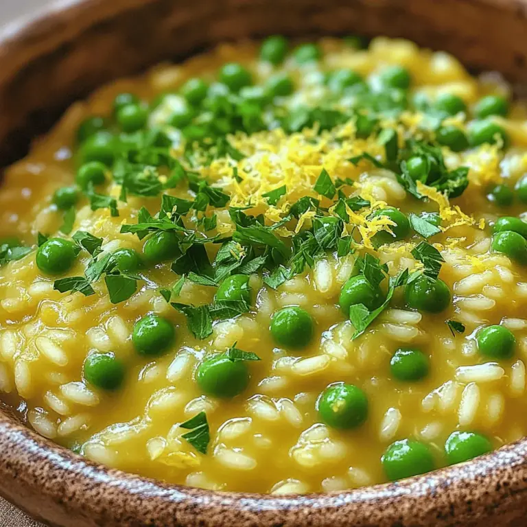 Um unser Saffran-Risotto mit Erbsen zuzubereiten, brauchst du die folgenden Zutaten: - 1 ½ Tassen Arborio-Reis - 4 Tassen Gemüsebrühe - 1 kleine Zwiebel, fein gehackt - 2 Knoblauchzehen, zerdrückt - 1 Tasse frische oder gefrorene Erbsen - 1 Teelöffel Safranfäden - ¼ Tasse Parmesan, gerieben (optional für Veganer) - 3 Esslöffel Olivenöl - Salz und Pfeffer nach Geschmack - Frische Petersilie, gehackt zum Garnieren - Abrieb von 1 Zitrone Arborio-Reis ist der beste Reis für Risotto. Er hat viel Stärke und macht das Gericht cremig. Safran gibt dem Risotto seine schöne Farbe und seinen speziellen Geschmack. Die frischen Erbsen sind süß und knackig. Wenn du gefrorene nimmst, achte darauf, sie gut aufzutauen. Parmesan bringt einen tollen Umami-Geschmack. Achte darauf, ihn erst am Ende hinzuzufügen, damit er schmilzt und das Risotto noch cremiger macht. Wenn du eine Allergie hast, gibt es Alternativen. Anstelle von Parmesan kannst du Hefeflocken verwenden, um einen ähnlichen Geschmack zu erzielen. Für eine glutenfreie Option, achte darauf, glutenfreie Brühe zu wählen. Wenn du Zwiebeln nicht verträgst, kannst du sie weglassen oder durch Lauch ersetzen. Erbsen sind oft gut verträglich, aber du kannst sie auch durch Spinat oder Zucchini ersetzen, wenn du magst. Wenn du mehr über die Zubereitung erfahren möchtest, schau dir das Full Recipe an. Beginne mit der Brühe. Erhitze die Gemüsebrühe in einem kleinen Topf bei schwacher Hitze. Füge die Safranfäden hinzu und lasse sie ziehen. Dies gibt der Brühe einen tollen Geschmack und eine schöne Farbe. Erhitze in einer großen Pfanne das Olivenöl bei mittlerer Hitze. Gib die fein gehackte Zwiebel hinein und dünste sie. Nach etwa drei bis vier Minuten wird sie glasig. Jetzt kommt der zerdrückte Knoblauch dazu. Brate ihn für eine weitere Minute an, bis er duftet. Rühre den Arborio-Reis ein und röste ihn für zwei Minuten. Die Reiskörner sollen leicht goldbraun werden. Füge nun nach und nach die Brühe hinzu. Nimm immer eine Kelle und rühre ständig um. Warte, bis die Flüssigkeit fast absorbiert ist, bevor du mehr hinzufügst. Nach 15 bis 20 Minuten ist der Reis cremig und al dente. Jetzt kommen die Erbsen dazu. Koche sie für drei bis fünf Minuten mit. Nimm die Pfanne vom Herd und rühre den geriebenen Parmesan ein, wenn du ihn verwendest. Würze mit Salz, Pfeffer und Zitronenabrieb nach Geschmack. Für die vollständige Zubereitung kannst du das [Full Recipe] anschauen. Um die perfekte Konsistenz zu erreichen, ist Geduld der Schlüssel. Rühren Sie den Reis ständig. Dies hilft, die Stärke freizusetzen. Die Stärke macht das Risotto schön cremig. Fügen Sie die Brühe langsam hinzu. Nehmen Sie sich Zeit und warten Sie, bis der Reis die Flüssigkeit aufnimmt. So bleibt das Risotto al dente und nicht matschig. Frische Erbsen bringen einen süßen, knackigen Geschmack. Sie sind ideal, wenn sie in der Saison sind. Gefrorene Erbsen sind jedoch eine tolle Option. Sie sind immer verfügbar und behalten ihren Geschmack gut. Wenn Sie gefrorene Erbsen verwenden, fügen Sie sie einfach in den letzten Minuten des Kochens hinzu. So bleiben sie leuchtend grün und knackig. Ein häufiger Fehler ist, zu viel Brühe auf einmal hinzuzufügen. Dies kann das Risotto wässrig machen. Ein weiterer Fehler ist, nicht genug zu rühren. Dabei gehen die cremigen Eigenschaften verloren. Achten Sie darauf, die Wärme konstant zu halten. Zu hohe Hitze kann den Reis außen kochen, während er innen hart bleibt. Für das beste Ergebnis folgen Sie der [Full Recipe]. {{image_4}} Wenn du eine vegane Version machen möchtest, ist das einfach. Ersetze den Parmesan durch Hefeflocken. Diese geben einen tollen, käsigen Geschmack. Du kannst auch mehr Gemüsebrühe hinzufügen, um die Cremigkeit zu erreichen. Du kannst viele Dinge hinzufügen, um dein Risotto zu variieren. Probiere Spargel oder Pilze. Diese passen gut zu Erbsen und Saffran. Wenn du Proteine hinzufügen möchtest, denke an gebratene Garnelen oder Hühnchen. Diese machen das Gericht sättigender und noch schmackhafter. Die Aromen sind wichtig. Frische Kräuter wie Basilikum oder Thymian bringen Frische ins Gericht. Du kannst auch etwas Chili für einen Schuss Schärfe hinzufügen. Experimentiere mit verschiedenen Gewürzen, um dein Risotto einzigartig zu machen. Für das komplette Rezept, schau dir das [Full Recipe] an. Wenn du Risotto übrig hast, ist die Lagerung wichtig. Lass das Risotto zuerst auf Raumtemperatur abkühlen. Fülle es dann in einen luftdichten Behälter. So bleibt der Geschmack frisch. Du kannst das Risotto bis zu drei Tage im Kühlschrank aufbewahren. Achte darauf, dass der Behälter gut verschlossen ist. So vermeidest du das Austrocknen oder das Aufnehmen von anderen Gerüchen. Um das Risotto wieder aufzuwärmen, verwende einen Topf oder eine Mikrowelle. Wenn du den Topf benutzt, füge etwas Gemüsebrühe oder Wasser hinzu. Dies hilft, die Cremigkeit wiederherzustellen. Erhitze es bei mittlerer Hitze und rühre oft um. Wenn du die Mikrowelle nutzt, decke das Risotto ab. Erhitze es in Intervallen von 1 Minute. Rühre nach jeder Minute um, um eine gleichmäßige Erwärmung zu gewährleisten. Das Risotto hält sich im Kühlschrank etwa drei Tage. Du kannst auch Reste einfrieren. Fülle das Risotto in einen gefrierfesten Behälter. Es hält sich bis zu drei Monate im Gefrierfach. Wenn du es wieder aufwärmst, achte darauf, es gut durchzuerhitzen. Du kannst die Reste auch für andere Gerichte verwenden. Mache daraus Risotto-Bällchen oder füge es zu einer Suppe hinzu. So hast du schnell ein neues Gericht! Für das komplette Rezept schau dir bitte das [Full Recipe] an. Die Zubereitung eines Saffron Risottos dauert etwa 30 Minuten. Dabei sind 10 Minuten für die Vorbereitung und 20 Minuten für das Kochen nötig. Es ist wichtig, den Reis regelmäßig zu rühren. So wird er gleichmäßig gar und schön cremig. Ja, Sie können andere Reisarten verwenden, aber Arborio ist am besten. Arborio hat einen hohen Stärkegehalt, was das Risotto cremig macht. Andere Sorten, wie Carnaroli oder Vialone Nano, sind ebenfalls gut. Vermeiden Sie jedoch Langkornreis, da er nicht die gleiche Textur hat. Zu Saffran-Risotto mit Erbsen passen viele Beilagen. Gegrilltes Gemüse ist eine tolle Wahl. Sie können auch einen frischen Salat servieren. Für Fleischliebhaber passt Hähnchen oder Garnelen gut dazu. Wenn Sie es vegan halten möchten, probieren Sie gebratene Pilze oder geröstete Nüsse aus. Besuchen Sie die [Full Recipe], um mehr zu erfahren. In diesem Blogbeitrag haben wir die Zutaten für unser Risotto genau untersucht. Du hast gelernt, wie man die Brühe vorbereitet, Zwiebel und Knoblauch anbrät und das perfekte Risotto zubereitet. Tipps für die perfekte Konsistenz und Variationen für jeden Geschmack haben wir ebenfalls behandelt. Denke daran, übrig gebliebenes Risotto richtig aufzubewahren. Probiere verschiedene Aromen und Zutaten aus. Mit etwas Übung gelingt dir ein köstliches Risotto, das alle begeistert.