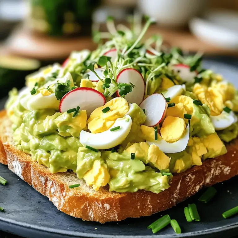 - 4 große Eier, hartgekocht und geschält - 1 reife Avocado - 2 Esslöffel griechischer Joghurt - 1 Esslöffel Dijon-Senf - 1 Esslöffel frischer Zitronensaft - 1/4 Teelöffel Knoblauchpulver - Salz und Pfeffer nach Geschmack - 2 Esslöffel frisch gehackte Schnittlauch - In Scheiben geschnittene Radieschen und Mikrogreens zum Garnieren Um einen leckeren Avocado-Ei-Salat zu machen, sind diese Zutaten wichtig. Die Eier bringen Protein, während die Avocado gesunde Fette liefert. Griechischer Joghurt macht den Salat cremig und leicht. Dijon-Senf gibt einen tollen Geschmack. Frischer Zitronensaft sorgt für Frische. Knoblauchpulver fügt das gewisse Etwas hinzu. Du kannst den Salat nach deinem Geschmack würzen. Salz und Pfeffer sind einfach, aber wichtig. Schnittlauch bringt Farbe und Geschmack. Radieschen und Mikrogreens sind ideal zum Garnieren. Sie sehen gut aus und schmecken frisch. Für das vollständige Rezept sieh dir die Anleitung an. So wird dein Avocado-Ei-Salat zum Hit! Legen Sie die Eier in einen Topf mit Wasser. Bringen Sie das Wasser zum Kochen. Sobald das Wasser kocht, decken Sie den Topf ab. Nehmen Sie den Topf vom Herd. Lassen Sie die Eier 9-12 Minuten ziehen. Danach legen Sie die Eier in ein Eisbad. Nach ein paar Minuten können Sie die Eier schälen. Nehmen Sie eine reife Avocado. Legen Sie sie in eine große Schüssel. Zerdrücken Sie die Avocado mit einer Gabel. Arbeiten Sie, bis sie cremig und glatt ist. Dies gibt Ihrem Salat die perfekte Basis. Fügen Sie nun die anderen Zutaten hinzu. Geben Sie den Joghurt, Senf, Zitronensaft, Knoblauchpulver, Salz und Pfeffer in die Schüssel. Vermengen Sie alles gut. Danach hacken Sie die hartgekochten Eier grob. Heben Sie die Eier vorsichtig unter die Avocado-Mischung. Achten Sie darauf, kleine Stücke zu belassen. So bleibt die Textur angenehm. Für das gesamte Rezept schauen Sie sich den Full Recipe an. - Serviere den Avocado-Ei-Salat auf geröstetem Brot oder in frischen Salatblättern. - Garnieren mit in Scheiben geschnittenen Radieschen und Mikrogreens sorgt für einen ansprechenden Look. - Hacke die Eier nicht zu klein, damit du eine schöne Textur behältst. - Zerdrücke die Avocado nicht zu wild, um einige Klumpen zu belassen. - Lasse den Salat 15 Minuten im Kühlschrank ziehen, bevor du ihn servierst. So verbinden sich die Aromen gut. - Füge zusätzliche Kräuter hinzu, um neue Geschmäcker zu entdecken und den Salat noch interessanter zu machen. Für die vollständige Zubereitung, schau dir das [Full Recipe] an! {{image_4}} Um Ihren Avocado-Ei-Salat aufzuwerten, können Sie Feta-Käse oder gekochten Schinken hinzufügen. Diese Zutaten bringen einen herzhaften Geschmack und mehr Protein. Feta verleiht eine salzige Note, während Schinken eine herzhafte Tiefe hinzufügt. Wenn Sie eine vegetarische Option suchen, verwenden Sie Kichererbsen. Diese sind nahrhaft und geben dem Salat eine schöne Textur. Die Gewürze machen den Unterschied. Fügen Sie etwas Paprikapulver oder Kreuzkümmel hinzu, um einen besonderen Geschmack zu erzielen. Diese Gewürze bringen Wärme und Komplexität. Wenn Sie es schärfer mögen, verwenden Sie scharfe Saucen. Ein Spritzer einer scharfen Sauce kann das Gericht aufpeppen und es interessanter machen. Sie können den Salat auf verschiedene Arten servieren. Eine Möglichkeit ist, ihn in Wraps zu füllen oder auf einem Bett aus frischem Salat zu präsentieren. Das ist leicht und frisch. Eine kreative Idee ist, die Mischung in Avocadohälften zu füllen. Das sieht toll aus und schmeckt köstlich. Für die vollständige Rezeptanleitung schauen Sie sich das [Full Recipe] an. Bewahre deinen Avocado-Ei-Salat im Kühlschrank in einem luftdichten Behälter auf. Das hilft, die Frische zu bewahren. Um die Oberfläche zu schützen, benutze Frischhaltefolie. Dies verhindert, dass der Salat austrocknet oder Gerüche aufnimmt. Der Salat sollte innerhalb von 2-3 Tagen verzehrt werden. Nach dieser Zeit kann die Qualität nachlassen. Wenn du ihn länger aufbewahren möchtest, lagere die Eier und die Avocado separat. So bleiben sie frisch und geschmackvoll. Bereite die Zutaten separat vor, um die Frische zu sichern. Kombiniere sie erst kurz vor dem Servieren. Füge die Avocado erst kurz vor dem Verzehr hinzu, um Braunfärbung zu vermeiden. So bleibt der Salat appetitlich und schön grün. Hartgekochte Eier sind im Kühlschrank bis zu einer Woche haltbar. Du kannst sie geschält oder ungeschält aufbewahren. Es ist wichtig, sie in einem luftdichten Behälter zu lagern. So bleiben sie frisch und schmackhaft. Ja, du kannst Avocado-Ei-Salat vegan machen. Ersetze einfach die Eier durch Tofu. Verwende pflanzliche Alternativen für den griechischen Joghurt. So erhältst du eine leckere, pflanzliche Version des Salats. Zu deinem Avocado-Ei-Salat passen viele Beilagen. Baguette ist eine tolle Wahl. Crackers oder ein frischer Salat sind ebenfalls gute Optionen. Diese Beilagen ergänzen den Salat perfekt. Um den Avocado-Ei-Salat würziger zu machen, füge scharfe Sauce hinzu. Frische Chilischoten sind auch eine gute Wahl. Diese Zutaten bringen mehr Geschmack und machen den Salat spannend. Wenn du mehr über die Zubereitung erfahren möchtest, schaue dir das [Full Recipe] an! Zusammenfassend haben wir die besten Zutaten, die Herstellung und Tipps für einen leckeren Avocado-Ei-Salat behandelt. Jetzt wissen Sie, wie Sie perfekt gekochte Eier zubereiten und die Avocado richtig vorbereiten. Denken Sie daran, Ihre Mischung gut zu würzen und kreativ zu garnieren. Sie können mit verschiedenen Zutaten spielen, um neue Geschmäcker zu entdecken. Lassen Sie Ihrer Fantasie freien Lauf, und genießen Sie dieses gesunde Gericht in all seinen Variationen. Ihr nächster Brunch wird ein Hit!