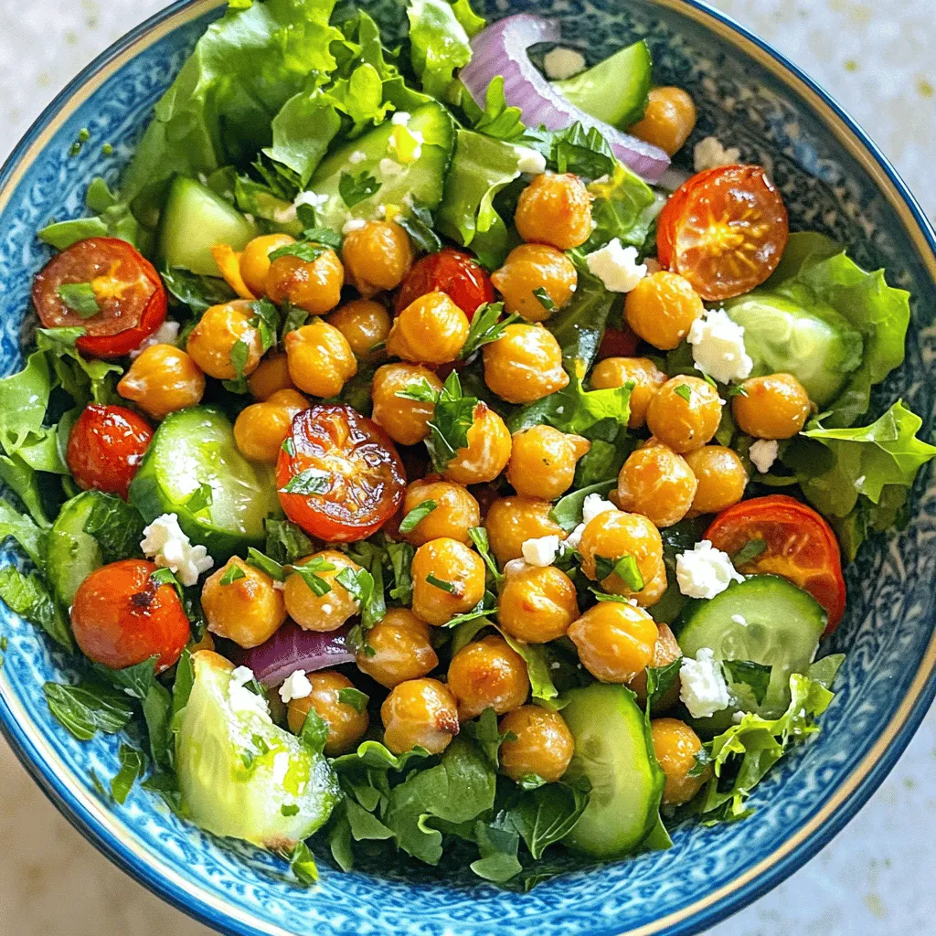 - Kichererbsen - Gemischte Blattsalate - Kirschtomaten - Gurke Die Hauptzutaten machen den Salat frisch und lecker. Kichererbsen sind die Basis. Sie liefern viele Proteine und Ballaststoffe. Gemischte Blattsalate geben dem Salat eine schöne Farbe und Textur. Kirschtomaten fügen Süße hinzu. Die Gurke bringt Knackigkeit. Zusammen ergeben diese Zutaten eine gesunde Grundlage. - Olivenöl - Geräuchertes Paprikapulver - Knoblauchpulver - Kreuzkümmel Die Gewürze und Öle sind wichtig für den Geschmack. Olivenöl ist gesund und sorgt für einen tollen Glanz. Geräuchertes Paprikapulver gibt dem Salat eine rauchige Note. Knoblauchpulver sorgt für einen kräftigen Geschmack. Kreuzkümmel bringt eine warme Note. Diese Gewürze machen den Unterschied im Geschmack. - Rote Zwiebel - Feta-Käse (optional) - Frische Petersilie - Zitronensaft Zusätzliche Zutaten bringen mehr Frische und Vielfalt. Rote Zwiebel gibt einen süßen, aber scharfen Geschmack. Feta-Käse ist optional, aber sehr lecker. Frische Petersilie macht den Salat bunt und duftend. Zitronensaft bringt eine spritzige Frische. Diese Zutaten runden das Gericht ab und machen es besonders. Für das vollständige Rezept, schaue dir bitte die Vollständige Rezept an. Heize den Ofen auf 200 °C vor. Dies ist der erste Schritt für knusprige Kichererbsen. Nimm eine Dose Kichererbsen und spüle sie gut ab. Lass sie in einem Sieb abtropfen. Tupfe die Kichererbsen mit einem Küchentuch trocken. Dadurch werden sie knuspriger. Gib die Kichererbsen in eine große Schüssel. Füge 2 Esslöffel Olivenöl hinzu. Streue 1 Teelöffel geräuchertes Paprikapulver, 1 Teelöffel Knoblauchpulver, 1/2 Teelöffel Kreuzkümmel, Salz und Pfeffer nach Geschmack dazu. Mische alles gut, bis die Kichererbsen gleichmäßig bedeckt sind. Lege die gewürzten Kichererbsen gleichmäßig auf ein mit Backpapier belegtes Backblech. Achte darauf, dass sie nicht übereinander liegen. Backe die Kichererbsen für 25 bis 30 Minuten. Schüttle das Backblech nach der Hälfte der Zeit. Dies hilft, dass sie gleichmäßig garen. Die Kichererbsen sind fertig, wenn sie goldbraun und knusprig sind. Während die Kichererbsen backen, bereite das Gemüse vor. Nimm eine große Schüssel und gib 4 Tassen gemischte Blattsalate hinein. Füge 1 Tasse halbierte Kirschtomaten und 1 gewürfelte Gurke hinzu. Schneide 1/4 rote Zwiebel dünn und gib sie ebenfalls dazu. Mische alles gut. Wenn die Kichererbsen fertig sind, lasse sie kurz abkühlen. Füge sie dann zu dem Salat hinzu und vermenge alles vorsichtig. Beträufle den Salat mit dem Saft von 1 Zitrone. Wenn du magst, streue 1/4 Tasse zerbröselten Feta-Käse darüber. So wird der Salat besonders lecker. Für die vollständige Zubereitung schaue dir das [Full Recipe] an. Um Kichererbsen richtig knusprig zu machen, beginne mit dem Trocknen. Nach dem Abspülen sollten sie gut abgetrocknet werden. Nutze ein sauberes Küchentuch, um überschüssige Feuchtigkeit zu entfernen. So wird die Knusprigkeit viel besser. Für die Gewürze empfehle ich eine Mischung aus geräuchertem Paprikapulver, Kreuzkümmel und Knoblauchpulver. Diese Kombi gibt den Kichererbsen einen tollen Geschmack. Du kannst auch etwas Cayennepfeffer hinzufügen, wenn du es schärfer magst. Du kannst deinen Salat ganz nach deinem Geschmack anpassen! Füge frisches Gemüse wie Paprika oder Karotten hinzu. Auch Avocado passt gut dazu. Wenn du mehr Protein möchtest, sind gekochte Eier oder Kichererbsen eine gute Wahl. Probier verschiedene Dressings aus! Ein einfaches Zitronen-Olivenöl-Dressing passt immer. Wenn du es cremiger magst, kannst du auch Joghurt oder Tahini verwenden. Serviere den Salat mit knusprigem Brot oder Pita. Das bringt eine schöne Textur dazu. Ein erfrischendes Getränk wie Zitronenlimonade oder Minzwasser passt perfekt. Für die Präsentation kannst du den Salat in einer großen Schüssel anrichten und die Kichererbsen oben drauf legen. So sieht es appetitlich aus. Du kannst auch frische Kräuter wie Petersilie oder Koriander darüber streuen. Das bringt Farbe und Frische in den Salat. Denke daran, den Salat direkt nach dem Mischen zu servieren. So bleiben die Kichererbsen schön knusprig. Wenn du die Kichererbsen als Topping verwendest, probiere die vollständige Rezeptur aus, um das Beste aus diesem Gericht herauszuholen: [Full Recipe]. {{image_4}} Wenn Sie den Feta-Käse nicht verwenden möchten, gibt es viele Alternativen. Einige Leute nehmen Avocado. Sie macht den Salat cremig und lecker. Eine andere Option sind Nuss- oder Soja-Alternativen. Diese geben einen tollen Geschmack und sind ebenfalls vegan. Zusätzlich können Sie mehr proteinreiche Zutaten hinzufügen. Zum Beispiel passen Quinoa oder Edamame gut. Diese Zutaten machen den Salat noch nahrhafter. Sie fügen auch eine schöne Textur hinzu. Der Crispy Chickpea Salad ist das ganze Jahr über lecker. Im Frühling können Sie frische Erbsen oder Spargel hinzufügen. Diese Zutaten bringen einen knackigen Biss. Im Sommer schmecken Paprika und Zucchini toll. Diese Gemüsesorten sind leicht und frisch. Im Herbst sind Kürbis oder Rüben eine gute Wahl. Sie bringen süße und erdige Aromen in den Salat. Im Winter können Sie auch einige gefrorene Zutaten verwenden. So bleibt der Salat das ganze Jahr über spannend. Sie können den Salat auch an verschiedene Küchen anpassen. Wenn Sie mediterrane Aromen mögen, fügen Sie Oliven oder getrocknete Tomaten hinzu. Diese Zutaten bringen einen tollen Geschmack. Für asiatische Einflüsse können Sie Sojasauce oder Sesamöl verwenden. Diese geben dem Salat einen neuen Twist. Sie können auch frischen Ingwer oder Koriander hinzufügen. Diese Kräuter und Gewürze machen den Salat aufregend und anders. Probieren Sie verschiedene Kombinationen aus. So finden Sie Ihre Lieblingsversion des Crispy Chickpea Salad. Es gibt viele Möglichkeiten! Um den Salat frisch zu halten, lege ihn in einen luftdichten Behälter. Dies hilft, den Salat knusprig zu halten. Du solltest ihn innerhalb von drei Tagen essen. Nach dieser Zeit kann der Salat weich werden. Achte darauf, die Kichererbsen nicht im Salat zu lassen. Sie werden beim Lagern weich. Um die Kichererbsen knusprig zu halten, lagere sie separat. Wenn du Reste hast, lege sie in einen festen Behälter. Du kannst sie auch im Ofen kurz aufwärmen. So bleiben sie knusprig. Lagere die Kichererbsen nach der Zubereitung immer in einem trockenen Ort. Feuchtigkeit macht sie weich und nicht mehr knusprig. Selbstgemachtes Dressing kannst du in einem Glas aufbewahren. Stelle sicher, dass das Glas gut verschlossen ist. So bleibt es frisch und lecker. Du kannst das Dressing bis zu einer Woche im Kühlschrank aufbewahren. Achte darauf, vor dem Servieren gut zu schütteln. Frische ist der Schlüssel zu einem guten Geschmack. Du kannst den Salat bis zu drei Tage im Kühlschrank aufbewahren. Achte darauf, ihn in einem luftdichten Behälter zu lagern. Wenn die Kichererbsen weich werden oder der Salat matschig aussieht, ist es Zeit, ihn wegzuwerfen. Frische ist hier wichtig, um den besten Geschmack zu genießen. Ja, du kannst die Kichererbsen vorauskochen. Wenn du sie kochst, werden sie weicher, was die Knusprigkeit beeinflusst. Für die beste Textur empfehle ich, sie zu backen, wie im [Full Recipe] beschrieben. So bleiben sie schön knusprig. Zu diesem Salat passen viele Beilagen. Du könntest gegrilltes Hähnchen oder Lachs servieren. Auch ein Stück frisches Brot oder Quinoa ist eine gute Wahl. Wenn du etwas leichtes willst, probiere Joghurt-Dips oder Hummus. Diese Optionen machen deinen Teller bunter. Ja, dieser Salat ist vegan, solange du keinen Feta-Käse hinzufügst. Alle anderen Zutaten sind pflanzlich. Das macht ihn perfekt für vegane Ernährung. Du kannst den Feta weglassen oder eine vegane Käsealternative nutzen. Ja, du kannst die Kichererbsen frittieren. Das gibt ihnen einen anderen Geschmack und eine andere Textur. Frittierte Kichererbsen sind oft sehr knusprig, aber sie sind auch fettreicher. Das Backen ist gesünder und einfacher. Ihr Salat mit Kichererbsen ist einfach zuzubereiten und sehr gesund. Die Kombination aus frischen Zutaten und würzigen Kichererbsen macht ihn zu einem Genuss. Denken Sie daran, ihn mit Ihrem Lieblingsdressing zu variieren oder saisonale Zutaten auszuprobieren. Der Salat bleibt im Kühlschrank einige Tage frisch, wenn Sie ihn richtig lagern. Genießen Sie die vielseitigen Möglichkeiten dieser Rezeptur und passen Sie sie nach Ihrem Geschmack an. Ihre Gäste werden begeistert sein!