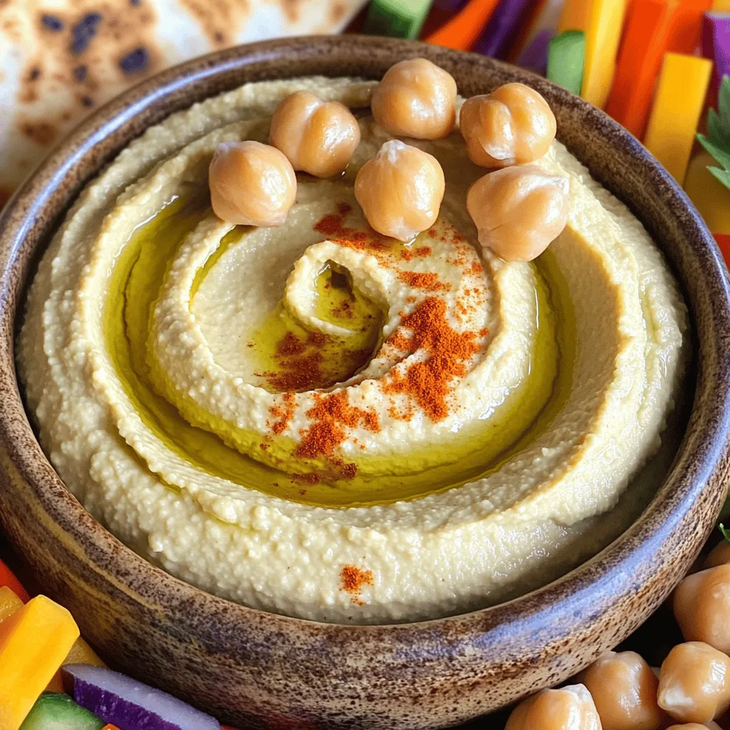 Um lecker gerösteten Knoblauch-Hummus zu machen, brauchen Sie einige einfache Zutaten: - 1 Tasse Kichererbsen aus der Dose, abgetropft und abgespült - 4 Knoblauchzehen, geröstet - 1/4 Tasse Tahini - 2 Esslöffel Olivenöl - 2 Esslöffel Zitronensaft - 1/2 Teelöffel gemahlener Kreuzkümmel - Salz nach Geschmack - Wasser nach Bedarf - Paprika und zusätzliches Olivenöl zum Garnieren Diese Zutaten sorgen für einen tollen Geschmack und eine cremige Textur. Die Kichererbsen sind die Basis des Hummus. Sie geben ihm Körper und Fülle. Der geröstete Knoblauch bringt eine süße, rauchige Note. Wenn Sie keine frischen Kichererbsen haben, verwenden Sie einfach die Dosenvariante. Diese sind schnell und einfach zu nutzen. Sie sparen Zeit und liefern trotzdem einen guten Geschmack. Wenn Sie frische Kichererbsen möchten, kochen Sie sie vorher gut, bis sie weich sind. Gerösteter Knoblauch sollte weich und süßlich sein. Die Farbe sollte goldbraun sein. Achten Sie darauf, dass er nicht verbrennt. Ein guter gerösteter Knoblauch hat einen reichen, aromatischen Duft. Wenn Sie ihn selbst machen, können Sie den Garprozess gut steuern. So bekommen Sie genau den Geschmack, den Sie mögen. Für das beste Ergebnis, verwenden Sie frischen Knoblauch. Er bringt den besten Geschmack. Die Kombination aus geröstetem Knoblauch und den anderen Zutaten macht diesen Hummus besonders. Um das volle Rezept zu sehen, schauen Sie sich die Full Recipe an. Beginnen Sie mit den Kichererbsen. Sie sollten eine Tasse Kichererbsen aus der Dose verwenden. Spülen Sie sie gut ab und lassen Sie sie abtropfen. So entfernen Sie die Konservierungsstoffe. Jetzt kümmern wir uns um den Knoblauch. Nehmen Sie vier Knoblauchzehen. Rösten Sie sie, um den Geschmack zu intensivieren. Heizen Sie Ihren Ofen auf 200°C vor. Schneiden Sie die Spitze einer ganzen Knoblauchknolle ab. Beträufeln Sie sie mit Olivenöl und wickeln Sie sie in Alufolie. Rösten Sie sie etwa 30 Minuten. So wird der Knoblauch weich und süß. Jetzt ist es Zeit, den Hummus zu machen. Geben Sie die Kichererbsen, die gerösteten Knoblauchzehen, das Tahini, Olivenöl, Zitronensaft, Kreuzkümmel und eine Prise Salz in die Küchenmaschine. Drücken Sie die Knoblauchzehen aus ihrer Haut. Pürieren Sie die Mischung, bis sie glatt ist. Manchmal müssen Sie die Seiten der Schüssel abkratzen, damit alles gut vermischt wird. Wenn der Hummus zu dick ist, fügen Sie esslöffelweise Wasser hinzu. Achten Sie darauf, dass Sie die Konsistenz nach Ihrem Geschmack anpassen. Probieren Sie den Hummus und fügen Sie mehr Salz oder Zitronensaft hinzu, wenn nötig. Die perfekte Konsistenz ist wichtig. Ein cremiger Hummus macht mehr Spaß. Wenn er zu dick ist, fügen Sie mehr Wasser hinzu. Wenn er zu dünn ist, können Sie etwas mehr Tahini oder Kichererbsen hinzufügen. Ein guter Trick ist, immer einen Löffel Wasser nach Bedarf hinzuzufügen. So steuern Sie die Dicke. Wenn Sie den Hummus servieren, formen Sie eine Vertiefung in der Mitte. Beträufeln Sie ihn mit Olivenöl und bestreuen Sie ihn mit Paprika. So sieht er nicht nur gut aus, sondern schmeckt auch gleich besser. Für weitere Details, siehe das Full Recipe. Beim Hummus machen gibt es einige häufige Fehler. Ein Fehler ist, die Kichererbsen nicht genug zu pürieren. Dies kann zu einer klumpigen Textur führen. Ein weiterer Fehler ist es, zu wenig Flüssigkeit hinzuzufügen. Der Hummus wird dann sehr dick und schwer zu essen. Achte darauf, die gerösteten Knoblauchzehen gut auszupressen. Wenn du die Haut nicht entfernst, bleibt der Knoblauch bitter. Du kannst Hummus einfach anpassen. Füge mehr Zitronensaft hinzu, um mehr Frische zu bekommen. Für einen schärferen Geschmack, gib etwas Paprika oder Cayennepfeffer dazu. Du kannst auch frische Kräuter wie Petersilie oder Koriander verwenden. Diese geben dem Hummus einen tollen Geschmack. Experimentiere mit verschiedenen Gewürzen, um deinen eigenen Stil zu finden. Um Hummus gut zu machen, brauchst du ein paar gute Küchenutensilien. Eine Küchenmaschine ist wichtig, um die Kichererbsen und den Knoblauch zu pürieren. Ein gutes Messbecher-Set hilft dir, die Zutaten genau abzuwiegen. Eine Schüssel ist nötig, um den Hummus zu servieren. Ein Spatel ist nützlich, um den Hummus aus der Maschine zu bekommen. Diese Utensilien machen die Zubereitung einfacher und schneller. Wenn du mehr über die Zubereitung erfahren möchtest, schau dir das Full Recipe an. {{image_4}} Für mehr Geschmack und Abwechslung können Sie die Basis des Hummus leicht ändern. Fügen Sie zum Beispiel Paprika für eine süße Note hinzu. Oliven bringen eine salzige Tiefe. Mögen Sie es scharf? Geben Sie etwas Chili oder Sriracha dazu. Denen, die frischen Geschmack lieben, empfehle ich, Basilikum oder Koriander hinzuzufügen. Diese Zutaten verleihen dem Hummus eine neue Dimension. Gerösteter Knoblauch-Hummus ist von Natur aus vegan und glutenfrei. Verwenden Sie einfach frische Zutaten, um sicherzustellen, dass Ihr Hummus rein bleibt. Wenn Sie auf Gluten achten, achten Sie darauf, glutenfreies Brot oder Gemüse zum Dippen zu verwenden. Beliebte Optionen sind Karotten, Sellerie oder Paprika. Diese sind nicht nur gesund, sondern auch lecker. Kräuter und Gewürze machen Hummus besonders. Thymian und Rosmarin bringen einen erdigen Geschmack. Kreuzkümmel gibt dem Hummus eine warme Note. Experimentieren Sie mit Zitronenschale für Frische. Kombinieren Sie Knoblauchpulver mit frischem Knoblauch für noch mehr Geschmack. Denken Sie daran, die Gewürze schrittweise hinzuzufügen. So finden Sie die perfekte Mischung für Ihren Gaumen. Für das vollständige Rezept, schauen Sie sich die Anleitung für gerösteten Knoblauch-Hummus an. Um Hummus frisch zu halten, lagere ihn in einem luftdichten Behälter. Stelle sicher, dass der Behälter gut verschlossen ist. Dies verhindert, dass Luft und Feuchtigkeit eindringen. Du kannst auch eine Schicht Olivenöl oben auf den Hummus gießen. Das Öl schützt den Hummus und hält ihn länger frisch. Gerösteter Knoblauch-Hummus bleibt im Kühlschrank etwa 5 bis 7 Tage haltbar. Achte darauf, ihn immer gut abzudecken. Wenn du siehst, dass sich Schimmel bildet, wirf den Hummus sofort weg. Frischer Hummus hat einen angenehmen Geruch und eine glatte Textur. Wenn er unangenehm riecht oder die Konsistenz sich verändert, ist es Zeit, ihn zu entsorgen. Du kannst gerösteten Knoblauch-Hummus auch einfrieren. Fülle ihn in einen gefrierfesten Behälter. Lass etwas Platz oben, damit er sich beim Einfrieren ausdehnen kann. Der Hummus bleibt bis zu 3 Monate im Gefrierfach haltbar. Zum Auftauen stellst du ihn einfach in den Kühlschrank. Rühre ihn gut durch, bevor du ihn servierst. Das gibt ihm die schöne, cremige Konsistenz zurück. Für das beste Ergebnis, friere nur frischen Hummus ein, nicht den, der bereits geöffnet ist. Um gerösteten Knoblauch-Hummus zu machen, benötigen Sie frische Zutaten. Beginnen Sie mit Kichererbsen, Tahini, Olivenöl, Zitronensaft und geröstetem Knoblauch. Rösten Sie den Knoblauch zuerst im Ofen. Mischen Sie dann alles in einer Küchenmaschine. Pürieren Sie die Mischung, bis sie glatt ist. Fügen Sie Wasser hinzu, um die Konsistenz zu verbessern. Das ist einfach und macht großen Spaß! Ja, viele Supermärkte verkaufen Hummus. Oft finden Sie Sorten mit geröstetem Knoblauch. Schauen Sie in der Kühlabteilung nach. Achten Sie auf die Zutatenliste. Frischer Hummus hat oft weniger Konservierungsstoffe. Selbstgemachter Hummus schmeckt jedoch ganz anders und ist viel gesünder. Zu geröstetem Knoblauch-Hummus passen viele Beilagen gut. Hier sind einige Ideen: - Warmes Pitabrot - Frische Gemüsesticks wie Karotten und Gurken - Knusprige Pita-Chips - Brotsticks oder Cracker - Gegrilltes Gemüse Diese Beilagen machen das Essen noch köstlicher und sorgen für Abwechslung. Probieren Sie auch, ein wenig Petersilie oder Kichererbsen für die Garnitur zu verwenden. Gerösteter Knoblauch-Hummus ist einfach zuzubereiten und macht Spaß. Wir haben die Hauptzutaten, die Zubereitung und Nützliche Tipps untersucht. Du lernst auch, wie du verschiedene Geschmäcker und Variationen hinzufügen kannst. Denk daran, beim Lagern sorgfältig zu sein, damit der Hummus frisch bleibt. Dieser günstige Snack kann deine Mahlzeiten bereichern. Probiere die Tipps aus und finde deinen Lieblingsgeschmack. So wird das Kochen zum Vergnügen!