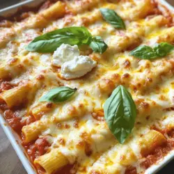 Für dieses Gericht brauche ich einige Hauptzutaten. Diese sind: - 340 g Ziti-Pasta - 480 ml Marinara-Sauce - 240 g Ricotta-Käse - 100 g Mozzarella-Käse, gerieben - 100 g Parmesan-Käse, gerieben - 1 großes Ei Diese Zutaten sind wichtig. Sie geben dem Ziti den tollen Geschmack und die richtige Konsistenz. Ich füge auch ein paar zusätzliche Zutaten hinzu. Diese machen das Gericht noch besser: - 2 Knoblauchzehen, fein gehackt - 1 Teelöffel getrockneter Oregano - 1 Teelöffel getrocknetes Basilikum - Salz und Pfeffer nach Geschmack - Frische Basilikumblätter zur Garnitur Der Knoblauch bringt einen feinen Geschmack. Die Kräuter machen das Gericht frisch und aromatisch. Wenn du keine bestimmten Zutaten hast, gibt es Alternativen. Hier sind ein paar Vorschläge: - Statt Ziti-Pasta kannst du Penne oder Fusilli verwenden. - Ricotta kann durch Hüttenkäse ersetzt werden, wenn du das magst. - Für einen veganen Ansatz, nutze pflanzliche Käsealternativen. Diese Alternativen helfen dir, das Gericht anzupassen. Du kannst nach dem [Full Recipe] kochen und die Zutaten nach deinem Geschmack variieren. Zuerst heizen Sie Ihren Ofen auf 190 °C vor. Dies sorgt dafür, dass das Baked Ziti gleichmäßig gart. Während der Ofen vorheizt, kochen Sie 340 g Ziti-Pasta. Folgen Sie den Anweisungen auf der Verpackung. Kochen Sie die Pasta, bis sie al dente ist. Achten Sie darauf, die Pasta gut abtropfen zu lassen, bevor Sie sie beiseite stellen. In einer Rührschüssel mischen Sie 240 g Ricotta-Käse mit der Hälfte des geriebenen Mozzarella und Parmesan. Fügen Sie ein großes Ei hinzu. Schneiden Sie zwei Knoblauchzehen fein und geben Sie sie ebenfalls in die Schüssel. Geben Sie einen Teelöffel getrockneten Oregano, einen Teelöffel getrocknetes Basilikum sowie Salz und Pfeffer nach Geschmack hinzu. Rühren Sie alles gut um, bis die Mischung schön cremig und gleichmäßig ist. In einer großen Schüssel vermengen Sie die abgetropfte Ziti-Pasta mit 480 ml Marinara-Sauce. Stellen Sie sicher, dass die Pasta gut mit der Sauce bedeckt ist. Nehmen Sie eine große Auflaufform und geben Sie die Hälfte der Ziti-Pasta-Mischung hinein. Setzen Sie Kleckse der Käsemischung darüber. Dann fügen Sie die restliche Ziti-Pasta-Mischung hinzu. Streuen Sie den restlichen Mozzarella und Parmesan gleichmäßig auf das Gericht. Backen Sie alles im vorgeheizten Ofen für 25-30 Minuten. Der Käse sollte sprudelnd und goldbraun sein. Nach dem Backen lassen Sie das Gericht etwa 5 Minuten ruhen. Garnieren Sie es mit frischen Basilikumblättern. Jetzt sind Sie bereit, Ihr köstliches Drei-Käse Gebackenes Ziti zu genießen! Ein häufiger Fehler beim Zubereiten ist, die Pasta zu lange zu kochen. Ziti sollte al dente sein, damit es beim Backen nicht matschig wird. Achten Sie darauf, die Anweisungen auf der Verpackung zu befolgen. Ein weiterer Fehler ist, die Käsemischung nicht gut zu vermengen. Jedes Käseelement sollte gleichmäßig verteilt sein, damit jeder Bissen cremig und lecker ist. Die Wahl der Käse spielt eine große Rolle. Ricotta gibt die nötige Cremigkeit. Mozzarella sorgt für die perfekte Decke aus geschmolzenem Käse. Parmesan bringt den herzhaften Geschmack. Experimentieren Sie mit anderen Käsesorten wie Gouda oder Fontina. Diese können interessante Aromen hinzufügen und Ihr Gericht einzigartig machen. Um Zeit zu sparen, können Sie die Ziti-Pasta und die Käsemischung im Voraus zubereiten. Lagern Sie sie dann im Kühlschrank. So können Sie den Auflauf schnell zusammenstellen, wenn Sie ihn brauchen. Wenn Sie die Marinara-Sauce selbst machen, bereiten Sie eine große Menge vor und frieren Sie sie in Portionen ein. So haben Sie immer eine leckere Grundlage bereit. Für das vollständige Rezept sehen Sie sich die [Full Recipe] an. {{image_4}} Wenn du eine vegetarische Option möchtest, gibt es viele Möglichkeiten. Du kannst Gemüse wie Spinat, Zucchini oder Paprika hinzufügen. Diese geben deinem Gericht mehr Farbe und Nährstoffe. Du kannst das Gemüse leicht anbraten, bevor du es hinzufügst. So bleibt der Geschmack frisch und lecker. Auch Pilze sind eine tolle Wahl, da sie umami Aromen bringen. Um mehr Protein hinzuzufügen, probiere Hähnchen oder Pute. Koche das Fleisch zuerst und schneide es klein. Mische das Fleisch dann mit der Ziti-Pasta. Du kannst auch Tofu verwenden, wenn du eine vegane Option magst. Tofu nimmt den Geschmack der Sauce gut auf und macht das Gericht sättigender. Die Gewürze machen einen großen Unterschied. Du kannst mehr Oregano oder Basilikum für einen intensiveren Geschmack benutzen. Eine Prise rote Paprikaflocken gibt dem Gericht eine schöne Schärfe. Experimentiere mit frischem Rosmarin oder Thymian, um neue Aromen zu entdecken. Ein Spritzer Zitronensaft kann das Gericht aufhellen und frischer machen. Diese kleinen Änderungen machen dein Drei-Käse Gebackenes Ziti noch besser. Für das ganze Rezept kannst du den [Full Recipe] Link besuchen. Um übrig gebliebenes Baked Ziti frisch zu halten, lassen Sie es zuerst abkühlen. Danach decken Sie die Auflaufform mit Frischhaltefolie oder Aluminiumfolie ab. So bleibt die Feuchtigkeit erhalten. Wenn Sie die Reste in einem anderen Behälter aufbewahren, nutzen Sie einen luftdichten Behälter. Dies hilft, den Geschmack zu bewahren. Wenn Sie mehr Baked Ziti zubereitet haben, können Sie es auch einfrieren. Teilen Sie die Portionen in gefriergeeignete Behälter auf. Vergessen Sie nicht, das Datum darauf zu schreiben. Das Ziti hält sich so bis zu drei Monate. Wenn Sie bereit sind zu essen, lassen Sie es über Nacht im Kühlschrank auftauen. Um das Baked Ziti wieder aufzuwärmen, können Sie den Ofen benutzen. Heizen Sie ihn auf 180 °C vor. Geben Sie das Ziti in eine Auflaufform und decken Sie es mit Folie ab. So bleibt es saftig. Backen Sie es etwa 20 Minuten, bis es warm ist. Alternativ können Sie die Mikrowelle nutzen, aber der Ofen sorgt für die beste Textur. Die Zubereitung von Drei-Käse Gebackenes Ziti dauert etwa 45 Minuten. Die Vorbereitungszeit beträgt 15 Minuten, und das Backen im Ofen dauert 25 bis 30 Minuten. So können Sie schnell ein köstliches Gericht zaubern, das alle begeistert. Ja, Sie können die Pasta im Voraus kochen. Kochen Sie die Ziti-Pasta einfach al dente und lassen Sie sie abkühlen. Bewahren Sie sie in einem luftdichten Behälter im Kühlschrank auf. So sparen Sie Zeit, wenn es Zeit zum Zusammenstellen des Gerichts ist. Zu Baked Ziti passen viele leckere Beilagen. Hier sind einige Vorschläge: - Ein einfacher grüner Salat mit Vinaigrette - Knoblauchbrot oder Focaccia - Gegrilltes Gemüse - Ein frischer Tomatensalat Diese Beilagen ergänzen den Käse und die Pasta perfekt und machen das Essen noch besser. Zusammenfassend haben wir die wichtigsten Zutaten für Drei-Käse Gebackenes Ziti besprochen. Du hast gelernt, wie man die richtigen Käsemischungen wählt und Fehler vermeidet. Variationen und Lagerungshinweise helfen dir, das Gericht perfekt zuzubereiten und aufzubewahren. Mit diesen Tipps gelingt dir ein köstliches Essen. Ich hoffe, du probierst es aus und genießt jedes Stück. Kochen macht Spaß, besonders mit leckeren Rezepten wie diesem!