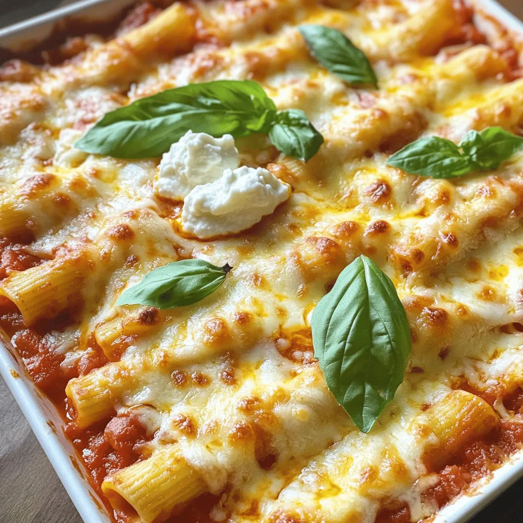 Für dieses Gericht brauche ich einige Hauptzutaten. Diese sind: - 340 g Ziti-Pasta - 480 ml Marinara-Sauce - 240 g Ricotta-Käse - 100 g Mozzarella-Käse, gerieben - 100 g Parmesan-Käse, gerieben - 1 großes Ei Diese Zutaten sind wichtig. Sie geben dem Ziti den tollen Geschmack und die richtige Konsistenz. Ich füge auch ein paar zusätzliche Zutaten hinzu. Diese machen das Gericht noch besser: - 2 Knoblauchzehen, fein gehackt - 1 Teelöffel getrockneter Oregano - 1 Teelöffel getrocknetes Basilikum - Salz und Pfeffer nach Geschmack - Frische Basilikumblätter zur Garnitur Der Knoblauch bringt einen feinen Geschmack. Die Kräuter machen das Gericht frisch und aromatisch. Wenn du keine bestimmten Zutaten hast, gibt es Alternativen. Hier sind ein paar Vorschläge: - Statt Ziti-Pasta kannst du Penne oder Fusilli verwenden. - Ricotta kann durch Hüttenkäse ersetzt werden, wenn du das magst. - Für einen veganen Ansatz, nutze pflanzliche Käsealternativen. Diese Alternativen helfen dir, das Gericht anzupassen. Du kannst nach dem [Full Recipe] kochen und die Zutaten nach deinem Geschmack variieren. Zuerst heizen Sie Ihren Ofen auf 190 °C vor. Dies sorgt dafür, dass das Baked Ziti gleichmäßig gart. Während der Ofen vorheizt, kochen Sie 340 g Ziti-Pasta. Folgen Sie den Anweisungen auf der Verpackung. Kochen Sie die Pasta, bis sie al dente ist. Achten Sie darauf, die Pasta gut abtropfen zu lassen, bevor Sie sie beiseite stellen. In einer Rührschüssel mischen Sie 240 g Ricotta-Käse mit der Hälfte des geriebenen Mozzarella und Parmesan. Fügen Sie ein großes Ei hinzu. Schneiden Sie zwei Knoblauchzehen fein und geben Sie sie ebenfalls in die Schüssel. Geben Sie einen Teelöffel getrockneten Oregano, einen Teelöffel getrocknetes Basilikum sowie Salz und Pfeffer nach Geschmack hinzu. Rühren Sie alles gut um, bis die Mischung schön cremig und gleichmäßig ist. In einer großen Schüssel vermengen Sie die abgetropfte Ziti-Pasta mit 480 ml Marinara-Sauce. Stellen Sie sicher, dass die Pasta gut mit der Sauce bedeckt ist. Nehmen Sie eine große Auflaufform und geben Sie die Hälfte der Ziti-Pasta-Mischung hinein. Setzen Sie Kleckse der Käsemischung darüber. Dann fügen Sie die restliche Ziti-Pasta-Mischung hinzu. Streuen Sie den restlichen Mozzarella und Parmesan gleichmäßig auf das Gericht. Backen Sie alles im vorgeheizten Ofen für 25-30 Minuten. Der Käse sollte sprudelnd und goldbraun sein. Nach dem Backen lassen Sie das Gericht etwa 5 Minuten ruhen. Garnieren Sie es mit frischen Basilikumblättern. Jetzt sind Sie bereit, Ihr köstliches Drei-Käse Gebackenes Ziti zu genießen! Ein häufiger Fehler beim Zubereiten ist, die Pasta zu lange zu kochen. Ziti sollte al dente sein, damit es beim Backen nicht matschig wird. Achten Sie darauf, die Anweisungen auf der Verpackung zu befolgen. Ein weiterer Fehler ist, die Käsemischung nicht gut zu vermengen. Jedes Käseelement sollte gleichmäßig verteilt sein, damit jeder Bissen cremig und lecker ist. Die Wahl der Käse spielt eine große Rolle. Ricotta gibt die nötige Cremigkeit. Mozzarella sorgt für die perfekte Decke aus geschmolzenem Käse. Parmesan bringt den herzhaften Geschmack. Experimentieren Sie mit anderen Käsesorten wie Gouda oder Fontina. Diese können interessante Aromen hinzufügen und Ihr Gericht einzigartig machen. Um Zeit zu sparen, können Sie die Ziti-Pasta und die Käsemischung im Voraus zubereiten. Lagern Sie sie dann im Kühlschrank. So können Sie den Auflauf schnell zusammenstellen, wenn Sie ihn brauchen. Wenn Sie die Marinara-Sauce selbst machen, bereiten Sie eine große Menge vor und frieren Sie sie in Portionen ein. So haben Sie immer eine leckere Grundlage bereit. Für das vollständige Rezept sehen Sie sich die [Full Recipe] an. {{image_4}} Wenn du eine vegetarische Option möchtest, gibt es viele Möglichkeiten. Du kannst Gemüse wie Spinat, Zucchini oder Paprika hinzufügen. Diese geben deinem Gericht mehr Farbe und Nährstoffe. Du kannst das Gemüse leicht anbraten, bevor du es hinzufügst. So bleibt der Geschmack frisch und lecker. Auch Pilze sind eine tolle Wahl, da sie umami Aromen bringen. Um mehr Protein hinzuzufügen, probiere Hähnchen oder Pute. Koche das Fleisch zuerst und schneide es klein. Mische das Fleisch dann mit der Ziti-Pasta. Du kannst auch Tofu verwenden, wenn du eine vegane Option magst. Tofu nimmt den Geschmack der Sauce gut auf und macht das Gericht sättigender. Die Gewürze machen einen großen Unterschied. Du kannst mehr Oregano oder Basilikum für einen intensiveren Geschmack benutzen. Eine Prise rote Paprikaflocken gibt dem Gericht eine schöne Schärfe. Experimentiere mit frischem Rosmarin oder Thymian, um neue Aromen zu entdecken. Ein Spritzer Zitronensaft kann das Gericht aufhellen und frischer machen. Diese kleinen Änderungen machen dein Drei-Käse Gebackenes Ziti noch besser. Für das ganze Rezept kannst du den [Full Recipe] Link besuchen. Um übrig gebliebenes Baked Ziti frisch zu halten, lassen Sie es zuerst abkühlen. Danach decken Sie die Auflaufform mit Frischhaltefolie oder Aluminiumfolie ab. So bleibt die Feuchtigkeit erhalten. Wenn Sie die Reste in einem anderen Behälter aufbewahren, nutzen Sie einen luftdichten Behälter. Dies hilft, den Geschmack zu bewahren. Wenn Sie mehr Baked Ziti zubereitet haben, können Sie es auch einfrieren. Teilen Sie die Portionen in gefriergeeignete Behälter auf. Vergessen Sie nicht, das Datum darauf zu schreiben. Das Ziti hält sich so bis zu drei Monate. Wenn Sie bereit sind zu essen, lassen Sie es über Nacht im Kühlschrank auftauen. Um das Baked Ziti wieder aufzuwärmen, können Sie den Ofen benutzen. Heizen Sie ihn auf 180 °C vor. Geben Sie das Ziti in eine Auflaufform und decken Sie es mit Folie ab. So bleibt es saftig. Backen Sie es etwa 20 Minuten, bis es warm ist. Alternativ können Sie die Mikrowelle nutzen, aber der Ofen sorgt für die beste Textur. Die Zubereitung von Drei-Käse Gebackenes Ziti dauert etwa 45 Minuten. Die Vorbereitungszeit beträgt 15 Minuten, und das Backen im Ofen dauert 25 bis 30 Minuten. So können Sie schnell ein köstliches Gericht zaubern, das alle begeistert. Ja, Sie können die Pasta im Voraus kochen. Kochen Sie die Ziti-Pasta einfach al dente und lassen Sie sie abkühlen. Bewahren Sie sie in einem luftdichten Behälter im Kühlschrank auf. So sparen Sie Zeit, wenn es Zeit zum Zusammenstellen des Gerichts ist. Zu Baked Ziti passen viele leckere Beilagen. Hier sind einige Vorschläge: - Ein einfacher grüner Salat mit Vinaigrette - Knoblauchbrot oder Focaccia - Gegrilltes Gemüse - Ein frischer Tomatensalat Diese Beilagen ergänzen den Käse und die Pasta perfekt und machen das Essen noch besser. Zusammenfassend haben wir die wichtigsten Zutaten für Drei-Käse Gebackenes Ziti besprochen. Du hast gelernt, wie man die richtigen Käsemischungen wählt und Fehler vermeidet. Variationen und Lagerungshinweise helfen dir, das Gericht perfekt zuzubereiten und aufzubewahren. Mit diesen Tipps gelingt dir ein köstliches Essen. Ich hoffe, du probierst es aus und genießt jedes Stück. Kochen macht Spaß, besonders mit leckeren Rezepten wie diesem!
