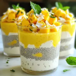 Für den Mango-Kokos-Chia-Pudding brauchst du: - 1 Tasse Kokosmilch (aus Dose oder Tetrapak) - 1/2 Tasse Mandelmilch (oder eine andere pflanzliche Milch) - 1/4 Tasse Chiasamen - 2 Esslöffel Ahornsirup (oder Honig) - 1 reife Mango, gewürfelt - 1/4 Teelöffel Vanilleextrakt - Eine Prise Salz Diese Zutaten geben dem Pudding seinen tollen Geschmack und die schöne Textur. Kokosmilch sorgt für die Cremigkeit. Chiasamen sind wichtig, weil sie den Pudding dick machen. Um den Pudding noch schöner zu machen, kannst du Folgendes verwenden: - Geröstete Kokosraspel - Frische Minzblätter Diese Zutaten bringen frische Aromen und machen das Gericht noch appetitlicher. Die gerösteten Kokosraspel geben einen knusprigen Biss. Achte darauf, frische und reife Zutaten zu wählen. - Kokosmilch: Wähle eine vollfette Variante für den besten Geschmack. - Mango: Sie sollte weich und süß sein. Das macht den Pudding lecker. - Chiasamen: Verwende frische Samen, die gut aussehen und nicht alt sind. Hochwertige Zutaten machen den Unterschied. Wenn du die besten Zutaten wählst, wird dein Mango-Kokos-Chia-Pudding toll schmecken! Um den Mango-Kokos-Chia-Pudding zuzubereiten, beginne mit einer großen Schüssel. Gib dort eine Tasse Kokosmilch und eine halbe Tasse Mandelmilch hinzu. Füge zwei Esslöffel Ahornsirup und einen viertel Teelöffel Vanilleextrakt dazu. Streue eine Prise Salz hinein. Rühre alles gut um, bis es gut vermischt ist. Jetzt kommen die Chiasamen. Sei vorsichtig beim Einrühren der Chiasamen. Sie neigen dazu, Klumpen zu bilden. Rühre langsam und gleichmäßig, damit sich die Samen gut verteilen. Es hilft, die Mischung für ein paar Minuten stehen zu lassen und dann erneut umzurühren. So vermeidest du Klumpen. Jetzt decke die Schüssel mit einem Deckel oder Frischhaltefolie ab. Stelle sie für mindestens drei Stunden in den Kühlschrank. Am besten über Nacht. Während dieser Zeit wird die Mischung dick und bekommt eine puddingartige Konsistenz. Wenn du bereit bist zu servieren, rühre den Pudding gut um. So löst du eventuell vorhandene Klumpen. Verteile ihn in Tassen und schichte ihn mit der gewürfelten Mango. Zum Schluss mit Kokosraspeln und frischen Minzblättern garnieren. Folge der [Full Recipe] für mehr Details. Ein häufiger Fehler ist, die Chiasamen nicht richtig einzurühren. Wenn du die Samen einfach hinzufügst, können sie Klumpen bilden. Mische sie gut, um eine gleichmäßige Textur zu erreichen. Ein weiterer Fehler ist, den Pudding nicht lange genug zu kühlen. Lass ihn mindestens drei Stunden im Kühlschrank, besser über Nacht. So wird die Konsistenz perfekt. Um den Geschmack zu verbessern, kannst du frische Vanille verwenden. Das bringt eine schöne Note. Ein Spritzer Limettensaft kann die Süße der Mango ausgleichen. Wenn du es noch süßer magst, füge mehr Ahornsirup oder Honig hinzu. Experimentiere auch mit Gewürzen. Eine Prise Zimt oder Muskatnuss kann das Aroma aufpeppen. Serviere den Pudding in klaren Gläsern. So kannst du die schönen Schichten sehen. Beginne mit Pudding, dann frische Mango und wieder Pudding. Garniere den Pudding mit gerösteten Kokosraspeln und frischen Minzblättern. Das sieht nicht nur toll aus, sondern schmeckt auch frisch. Für besondere Anlässe kannst du noch essbare Blüten hinzufügen. Sie machen dein Gericht noch attraktiver. {{image_4}} Für eine vegane Variante können Sie die Mandelmilch verwenden. Die Kokosmilch ist bereits vegan. Ahornsirup ist eine gute Wahl, da er keinen Honig enthält. Diese Zutaten machen den Pudding reichhaltig und cremig. Sie können auch andere pflanzliche Milchsorten probieren, wie Hafer- oder Sojamilch. Alle Zutaten in diesem Rezept sind glutenfrei. Achten Sie darauf, dass die Chiasamen rein sind. So sorgen Sie für eine sichere und leckere Option. Kombinieren Sie die Chiasamen mit Kokosmilch für eine glutenfreie Delikatesse. Diese Mischung ist perfekt für alle, die Gluten meiden. Mango ist lecker, aber Sie können auch andere Früchte verwenden. Versuchen Sie Ananas, Papaya oder Beeren. Diese Früchte bringen frische Aromen und Farben. Fügen Sie etwas Zimt oder Kardamom hinzu, um den Geschmack zu variieren. So wird Ihr Pudding jedes Mal anders und spannend! Ich bewahre meinen Mango-Kokos-Chia-Pudding immer im Kühlschrank auf. Verwende dazu einen luftdichten Behälter. So bleibt der Pudding frisch und lecker. Achte darauf, den Pudding gut abzudecken. Dadurch vermeidest du, dass er Gerüche aus dem Kühlschrank aufnimmt. Der Mango-Kokos-Chia-Pudding hält sich in der Regel 4 bis 5 Tage im Kühlschrank. Nach dieser Zeit kann die Textur weich werden. Der Geschmack bleibt jedoch lecker, solange er gut gelagert ist. Ich empfehle, den Pudding spätestens nach einer Woche zu essen, um die beste Frische zu genießen. Du kannst Reste des Puddings kreativ nutzen. Füge ihn zu Smoothies hinzu für extra Nährstoffe. Du kannst ihn auch als Topping für Joghurt verwenden oder in Müslis mischen. Wenn du Gebäck machst, ist er eine tolle Füllung für gesunde Snacks. Das macht deinen Mango-Kokos-Chia-Pudding vielseitig und köstlich! Du kannst den Chia-Pudding bis zu fünf Tage im Kühlschrank aufbewahren. Achte darauf, ihn in einem luftdichten Behälter zu lagern. So bleibt er frisch und lecker. Nach ein paar Tagen kann die Konsistenz etwas dicker werden. Rühre ihn einfach gut durch, bevor du ihn genießt. Ja, du kannst andere Früchte hinzufügen! Frische Beeren, Kiwi oder Banane passen gut zu Mango. Diese Früchte bringen Farbe und Geschmack. Du kannst sie einfach in die Schichten des Puddings einfügen. Sei kreativ und finde deine Lieblingskombination. Ja, Mango-Kokos-Chia-Pudding ist gesund. Chiasamen sind reich an Ballaststoffen, Proteinen und Omega-3-Fettsäuren. Außerdem liefert die Mango Vitamine und Antioxidantien. Die Kokosmilch gibt gesunde Fette und einen tollen Geschmack. Diese Zutaten machen den Pudding nährstoffreich und sättigend. Die Nährwerte können je nach Marke der Zutaten variieren. Im Durchschnitt enthält eine Portion (1/4 des Rezepts) etwa: - Kalorien: 200 - Fett: 10 g - Kohlenhydrate: 28 g - Zucker: 10 g - Protein: 4 g Diese Werte zeigen, dass der Pudding ein guter Snack oder Frühstück ist. Du bekommst Energie und Nährstoffe in einer köstlichen Form. Für genauere Werte schaue auf die Verpackungen deiner Zutaten. Mango-Kokos-Chia-Pudding ist einfach und lecker. Wir haben die besten Zutaten besprochen und wie man sie auswählt. Die Schritt-für-Schritt-Anleitung macht die Zubereitung leicht. Ich habe Tipps gegeben, um Fehler zu vermeiden und den Geschmack zu verbessern. Außerdem gibt es viele Variationen, um deinen Pudding spannend zu machen. Denke daran, ihn richtig aufzubewahren. So bleibt er frisch. Genieße diesen gesunden Snack und lasse deiner Kreativität freien Lauf bei den Zutaten!