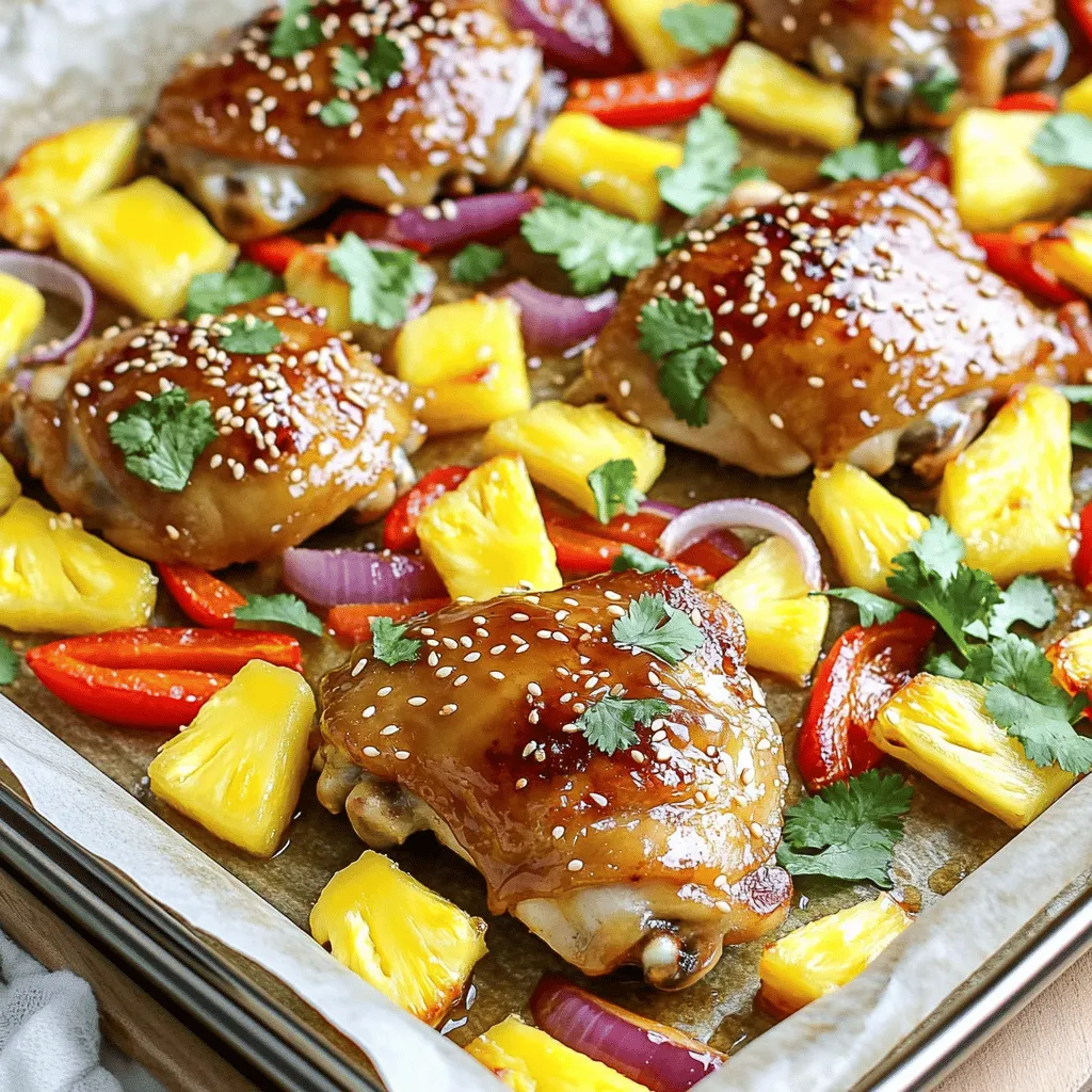 Für dieses leckere Gericht benötigst du einige frische, einfache Zutaten. Hier sind die Hauptzutaten: - 4 knochenlose, hautlose Hähnchenschenkel - 1 Tasse frische Ananas, gewürfelt - 1 rote Paprika, in Scheiben geschnitten - 1 gelbe Paprika, in Scheiben geschnitten - 1 rote Zwiebel, in Spalten geschnitten Diese Zutaten machen das Gericht bunt und gesund. Das Hähnchen ist die Hauptquelle für Protein. Die Ananas bringt eine süße Note, die perfekt zu den anderen Zutaten passt. Die Gewürze und Saucen sind entscheidend für den Geschmack. Du brauchst: - 3 Esslöffel Sojasauce (vorzugsweise natriumarm) - 2 Esslöffel Honig - 1 Esslöffel Sesamöl - 2 Knoblauchzehen, zerdrückt - 1 Teelöffel frischer Ingwer, gerieben - Salz und Pfeffer nach Geschmack Diese Mischung bringt die Aromen zusammen. Die Sojasauce gibt eine salzige Tiefe. Der Honig sorgt für die Süße, während der Ingwer und der Knoblauch einen scharfen Kick hinzufügen. Um das Gericht abzurunden, verwende einige Garnierungen. Diese machen das Essen nicht nur schön, sondern auch schmackhaft. Du brauchst: - 1 Esslöffel Sesamkörner zum Garnieren - Frischer Koriander zur Garnierung Die Sesamkörner fügen einen angenehmen Crunch hinzu. Der frische Koriander bringt Farbe und einen frischen Geschmack. Diese kleinen Details machen dein Gericht besonders. Wenn du die Anleitung befolgst, wirst du das volle Aroma genießen. Für die vollständige Anleitung schau dir das Rezept an: [Full Recipe]. Heizen Sie den Ofen auf 200°C vor. Legen Sie ein großes Backblech mit Backpapier aus. Das macht die Reinigung einfach. Ein gutes Blech sorgt dafür, dass das Hähnchen gleichmäßig gart. Für die Marinade mischen Sie die Sojasauce, den Honig und das Sesamöl in einer Schüssel. Fügen Sie die zerdrückten Knoblauchzehen und den geriebenen Ingwer hinzu. Rühren Sie alles gut um. Jetzt nehmen Sie die Hähnchenschenkel und legen sie auf das Backblech. Gießen Sie die Hälfte der Marinade über das Hähnchen. Stellen Sie sicher, dass es gleichmäßig benetzt ist. Jetzt ist es Zeit für das Gemüse. Verteilen Sie die gewürfelte Ananas, die Paprika und die Zwiebelspalten um das Hähnchen. Gießen Sie die restliche Marinade über das Gemüse. Rösten Sie alles im Ofen für 25-30 Minuten. Das Hähnchen sollte eine innere Temperatur von 75°C erreichen. Das Gemüse wird schön zart. Nach dem Garen nehmen Sie das Blech heraus. Garnieren Sie das Gericht mit Sesamkörnern und frischem Koriander. Servieren Sie es heiß mit Reis oder Quinoa. So genießen Sie die köstlichen Säfte. Die Garzeit für Hähnchen ist wichtig. Bei 200°C braucht das Hähnchen 25-30 Minuten. Achte darauf, dass die innere Temperatur 75°C erreicht. Ein Fleischthermometer ist hilfreich. So bleibt das Hähnchen saftig und zart. Variiere die Marinade nach deinem Geschmack. Füge zum Beispiel Limettensaft hinzu für mehr Frische. Du kannst auch Chili für Schärfe verwenden. Experimentiere mit verschiedenen Kräutern wie Basilikum oder Oregano. Diese geben dem Gericht eine neue Note und machen es spannend. Die Präsentation macht viel aus. Verwende einen schönen Teller. Arrangiere das Hähnchen und das Gemüse kunstvoll. Streue die Sesamkörner gleichmäßig darüber. Füge frischen Koriander hinzu für Farbe. Ein wenig Limettenscheibe neben dem Gericht sieht toll aus und gibt einen frischen Kick. {{image_4}} Wenn Sie eine vegetarische Variante suchen, probieren Sie Tofu. Tofu hat einen milden Geschmack und nimmt die Aromen gut auf. Schneiden Sie den Tofu in Würfel und marinieren Sie ihn wie das Hähnchen. Verwenden Sie die gleiche Marinade aus Sojasauce, Honig und Gewürzen. Legen Sie den Tofu auf das Blech und fügen Sie frisches Gemüse hinzu. Rösten Sie alles wie im Originalrezept. So erhalten Sie ein leckeres, pflanzliches Gericht. Saisonal zu kochen macht Spaß und ist gesund. Sie können das Gemüse nach Saison ändern. Im Frühling verwenden Sie z.B. Zucchini und Spargel. Im Herbst sind Kürbis und Karotten toll. Diese Gemüsesorten bringen neue Geschmäcker ins Gericht. Schneiden Sie das Gemüse in gleich große Stücke. So garen sie gleichmäßig. Achten Sie darauf, das Gemüse passend zur Garzeit hinzuzufügen, damit alles perfekt gegart wird. Ananas verleiht dem Gericht einen süßen Geschmack. Aber Sie können variieren! Fügen Sie Mango oder Papaya hinzu für mehr Tropenflair. Eine frische Salsa bringt extra Frische. Mischen Sie gewürfelte Tomaten, Zwiebel, Koriander und Limettensaft. Servieren Sie die Salsa neben dem Hähnchen. So haben Sie einen bunten, leckeren Mix. Experimentieren Sie mit verschiedenen Früchten. Es macht Spaß, neue Geschmäcker zu entdecken! Wenn Sie Reste von Ihrem Sheet Pan Hawaiian Chicken haben, lagern Sie diese gut. Lassen Sie das Hähnchen und das Gemüse auf Raumtemperatur abkühlen. Danach legen Sie alles in einen luftdichten Behälter. So bleibt der Geschmack frisch. Zum Aufwärmen verwenden Sie den Ofen. Stellen Sie ihn auf 180°C ein und backen Sie das Gericht für etwa 10 bis 15 Minuten. So wird das Hähnchen wieder zart und saftig. Die Reste halten sich gut im Kühlschrank. Sie sollten sie innerhalb von drei bis vier Tagen essen. Achten Sie darauf, dass der Behälter gut verschlossen ist. So bleibt das Hähnchen frisch und schmackhaft. Wenn Sie Gerüche im Kühlschrank vermeiden wollen, legen Sie ein Stück Brot in den Behälter. Es absorbiert die Feuchtigkeit. Wenn Sie mehr Portionen zubereitet haben, können Sie das Gericht einfrieren. Teilen Sie das Hähnchen und das Gemüse in Portionen auf. Verwenden Sie gefriergeeignete Beutel oder Behälter. Achten Sie darauf, die Luft herauszudrücken, bevor Sie sie verschließen. So bleibt die Frische erhalten. Das Hähnchen kann bis zu drei Monate eingefroren werden. Zum Auftauen legen Sie es einfach über Nacht in den Kühlschrank. Erwärmen Sie es dann wie oben beschrieben. Für das vollständige Rezept werfen Sie einen Blick auf das Full Recipe. Die Gesamtzeit zum Kochen beträgt etwa 45 Minuten. Sie brauchen 15 Minuten für die Vorbereitung und etwa 25 bis 30 Minuten zum Rösten im Ofen. Achten Sie darauf, dass das Hähnchen eine innere Temperatur von 75°C erreicht. Ja, Sie können das Rezept leicht anpassen. Verdoppeln Sie einfach die Zutaten. Achten Sie darauf, ein größeres Blech oder mehrere Bleche zu verwenden. So bleibt alles gleichmäßig gar und lecker. Zu diesem Gericht passen viele Beilagen gut. Reis oder Quinoa sind perfekt, um die Säfte aufzusaugen. Auch gedünstetes Gemüse oder ein frischer Salat sind tolle Optionen. Sie bringen Farbe und Geschmack auf den Tisch. Diese Anleitung zeigt, wie man ein leckeres tropisches Blechpfannen-Hähnchen zubereitet. Zuerst brauchst du frische Zutaten und viele Gewürze. Der gesamte Kochprozess ist einfach, vom Marinieren bis zum Rösten. Achte auf die Garzeit, um ein saftiges Ergebnis zu erzielen. Probiere auch verschiedene Variationen und vegane Optionen aus. Lagere Reste richtig für spätere Mahlzeiten. Mit diesen Tipps und Tricks gelingt dir ein tolles Gericht. Kochen macht Spaß und du kannst kreativ sein!