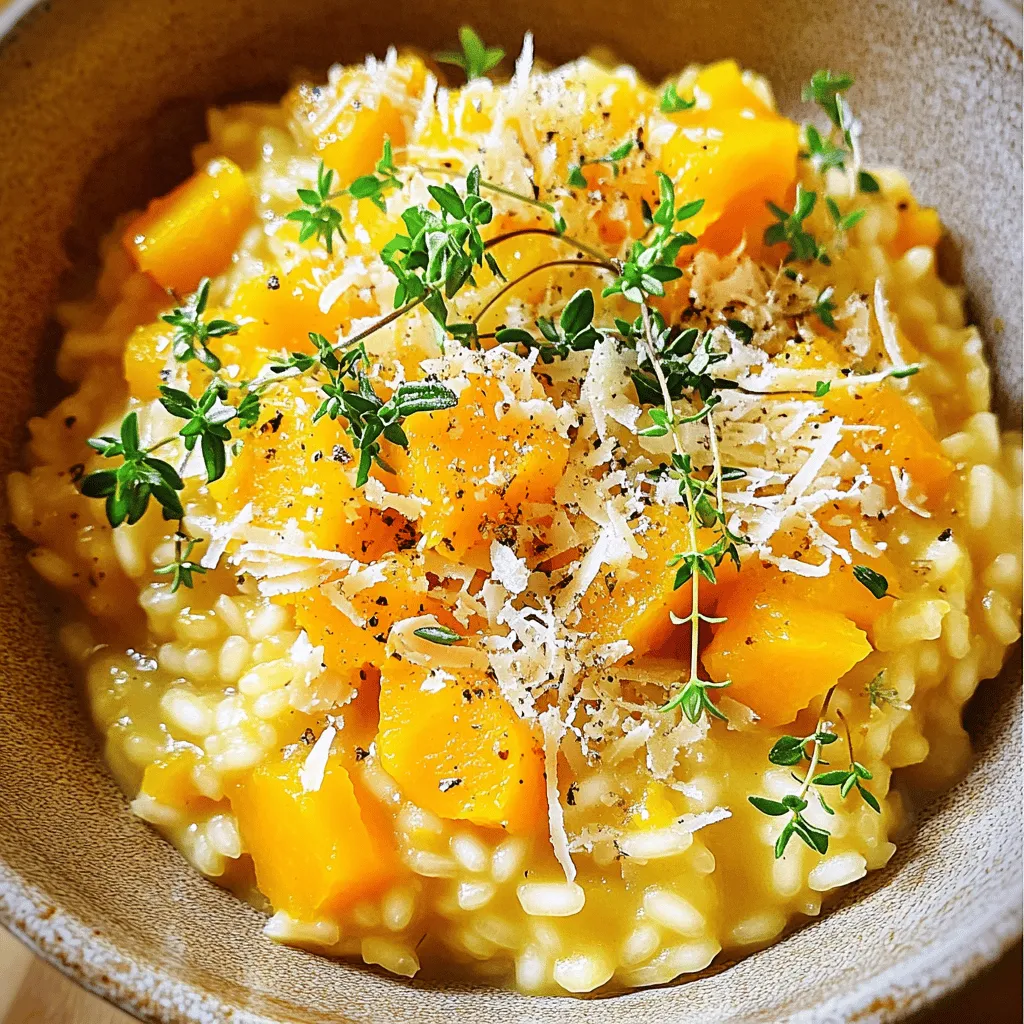 - Arborio-Reis: Dieser Reis hat einen hohen Stärkegehalt. Er macht das Risotto cremig. - Butternut-Kürbis und seine Vorteile: Butternut-Kürbis bringt Süße und Farbe. Er ist auch reich an Vitaminen und Ballaststoffen. - Gemüsebrühe und ihre Rolle: Brühe gibt Geschmack. Sie kocht das Risotto und sorgt für die perfekte Konsistenz. - Zwiebel und Knoblauch: Diese Zutaten sorgen für ein tolles Aroma. Sie machen das Gericht noch schmackhafter. - Thymian und seine Verwendung: Thymian hat einen frischen, erdigen Geschmack. Er passt perfekt zum Kürbis. - Parmesan oder vegane Optionen: Parmesan macht das Risotto schön würzig. Für eine vegane Option kannst du Nährhefe verwenden. Du kannst alle Zutaten im Full Recipe finden. Zuerst erhitze die Gemüsebrühe. Du solltest sie in einem mittleren Topf bei schwacher Hitze warm halten. So bleibt sie bereit, wenn du sie brauchst. Bereite dann das Gemüse und den Reis vor. Würfle den Butternut-Kürbis und hacke die Zwiebel sowie den Knoblauch. Stelle auch den Arborio-Reis bereit. So hast du alles zur Hand. Erhitze in einem großen Topf das Olivenöl und die Butter bei mittlerer Hitze. Füge die gehackte Zwiebel hinzu und schwitze sie etwa 3-4 Minuten an. Sie sollte glasig werden. Danach kommt der Knoblauch und der gewürfelte Kürbis in den Topf. Koche beides für 5-7 Minuten. Rühre gelegentlich um, bis der Kürbis leicht weich wird. Jetzt ist es Zeit, den Reis hinzuzufügen. Röste den Arborio-Reis für 1-2 Minuten unter ständigem Rühren. So nimmt er die Aromen auf und wird leicht durchsichtig. Beginne nun, die warme Gemüsebrühe portionsweise hinzuzufügen. Rühre häufig um und warte, bis die Flüssigkeit fast vollständig aufgenommen ist. Mach das 18-20 Minuten lang, bis der Reis cremig und al dente ist. Nun rühre den geriebenen Parmesan und frischen Thymian unter. Schmecke mit Salz und Pfeffer ab. Falls der Risotto zu dick ist, füge mehr Brühe hinzu, bis die richtige Konsistenz erreicht ist. Nimm den Topf vom Herd und lasse ihn eine Minute ruhen. So dickt der Risotto leicht ein. Serviere den Risotto in Schalen. Garniere ihn mit frischer Petersilie und eventuell einer weiteren Prise Parmesan. Wenn du mehr erfahren möchtest, schau dir das [Full Recipe] an. Um das beste Risotto zu kochen, achte auf die Temperatur. Halte die Brühe warm, aber lasse sie nicht kochen. Das hilft dem Reis, gleichmäßig zu garen. Verwende einen Holzlöffel zum Rühren. Rühre oft, aber nicht zu stark. So bleibt der Reis ganz und entwickelt eine schöne Cremigkeit. Wie erzielt man cremigen Risotto? Das Geheimnis liegt im langsamen Hinzufügen der Brühe. Gib eine Schöpfkelle Brühe auf einmal hinzu. Warten, bis der Reis die Flüssigkeit fast vollständig aufnimmt, bevor du mehr hinzufügst. Dieser Prozess dauert etwa 18 bis 20 Minuten. Ein häufiger Fehler ist das Überkochen des Reises. Das passiert, wenn du zu viel Brühe auf einmal hinzufügst. Der Reis wird weich und matschig. Halte dich an die Portionsgröße und warte auf die Absorption. Ein weiterer Fehler ist, zu wenig Flüssigkeit hinzuzufügen. Risotto braucht viel Flüssigkeit, um die perfekte Konsistenz zu erreichen. Wenn du zu wenig Brühe verwendest, bleibt der Risotto trocken und hart. Füge immer genug Brühe hinzu, damit der Reis gut gart. Wenn du unsicher bist, sieh dir das [Full Recipe] an, um die richtige Menge zu überprüfen. {{image_4}} Für eine vegane Version des Risottos kann Nährhefe anstelle von Parmesan verwendet werden. Nährhefe hat einen käsigen Geschmack und ist reich an Vitaminen. Sie gibt deinem Risotto die nötige Tiefe, ohne tierische Produkte zu nutzen. Du kannst auch verschiedene Gemüsesorten anpassen. Zum Beispiel, füge Karotten oder Zucchini hinzu. Diese Gemüsesorten bringen Farbe und Geschmack ins Gericht. Sie sind zudem reich an Nährstoffen, die gut für die Gesundheit sind. Um mehr Tiefe in den Geschmack zu bringen, kannst du gesunde Zusatzstoffe wie Spinat oder Pilze verwenden. Spinat hat viele Vitamine und macht dein Risotto noch nahrhafter. Pilze bringen eine erdige Note und eine schöne Textur. Gewürze und Kräuter sind auch wichtig. Zum Beispiel kann frischer Rosmarin oder Oregano dem Gericht einen neuen Twist geben. Diese Kräuter sind einfach zu verwenden und heben die Aromen hervor. Experimentiere mit verschiedenen Kombinationen, um deinen perfekten Geschmack zu finden. Für das vollständige Rezept schaue dir die [Full Recipe] an. Kühlschrank: Wie lange ist es haltbar? Risotto bleibt im Kühlschrank für 3 bis 5 Tage frisch. Stelle sicher, dass du es in einem luftdichten Behälter aufbewahrst. So bleibt der Geschmack gut erhalten. Wenn du das Risotto länger aufbewahren möchtest, gibt es bessere Optionen. Gefrieroptionen und Tipps Du kannst Risotto auch einfrieren. Teile die Portionen in Behälter auf. Es hält sich bis zu 3 Monate im Gefrierfach. Achte darauf, dass der Behälter gut verschlossen ist, um Gefrierbrand zu vermeiden. Vor dem Einfrieren lasse das Risotto abkühlen. Methoden für besten Geschmack Um Risotto aufzuwärmen, benutze am besten einen Topf. Gib etwas Brühe oder Wasser dazu, damit es nicht trocken wird. Erhitze es bei niedriger Hitze. Rühre oft um, damit es gleichmäßig warm wird. Alternativ kannst du die Mikrowelle nutzen. Stelle sie auf mittlere Hitze ein und füge etwas Flüssigkeit hinzu. Vermeidung von Trockenheit beim Aufwärmen Die Schlüssel zu gutem Aufwärmen sind Flüssigkeit und Geduld. Wenn das Risotto zu dick ist, füge mehr Brühe hinzu. Achte darauf, dass der Geschmack nicht verloren geht. So bleibt das Risotto cremig und lecker. Wie lange dauert die Zubereitung von Risotto? Die Zubereitung von Risotto dauert insgesamt etwa 40 Minuten. Zuerst benötigst du 10 Minuten für die Vorbereitung. Dann kochst du das Risotto für etwa 30 Minuten. In dieser Zeit rührst du ständig, bis der Reis schön cremig ist. Kann ich andere Reisarten verwenden? Ja, du kannst auch andere Reisarten verwenden. Arborio-Reis ist jedoch am besten für Risotto. Er hat die richtige Stärke, um die cremige Konsistenz zu erzielen. Wenn du keinen Arborio-Reis hast, probiere Carnaroli oder Vialone Nano. Ist Risotto gesund? Risotto kann gesund sein, besonders wenn du frisches Gemüse hinzufügst. Butternut-Kürbis bringt Vitamine und Ballaststoffe. Wenn du weniger Käse verwendest, wird es leichter. Achte auf die Portionen, um die Kalorien im Blick zu behalten. Gibt es glutenfreie Alternativen? Ja, Risotto ist von Natur aus glutenfrei, solange du keinen Weizen oder ähnliches hinzufügst. Verwende einfach die Zutaten aus dem Rezept. Achte darauf, dass die Brühe ebenfalls glutenfrei ist. Was passt gut zu Risotto? Zu Risotto passen viele Beilagen. Ein einfacher grüner Salat ist frisch und leicht. Gegrilltes Gemüse oder knuspriges Brot ergänzen das Gericht gut. Auch ein gutes Stück Fisch oder Huhn harmoniert wunderbar. Welchen Wein sollte man zu Butternut-Kürbis-Risotto servieren? Ein leichter Weißwein passt gut zu Butternut-Kürbis-Risotto. Probiere einen Sauvignon Blanc oder einen Chardonnay. Diese Weine bringen frische Aromen, die gut mit dem Kürbis harmonieren. Risotto ist einfach zuzubereiten und lecker. Wir haben die Hauptzutaten, die Schritte und Tipps behandelt. Vor allem der herzhafte Butternut-Kürbis macht das Gericht besonders. Kümmere dich um die Brühe und wähle gute Gewürze. Das perfekte Risotto bekommt seinen Geschmack durch die richtige Technik. Experimentiere mit Variationen, um neue Aromen zu entdecken. Lagere und wärme Risotto richtig auf. Indem du diese Punkte beachtest, wirst du ein köstliches Risotto zaubern. Viel Spaß beim Kochen!