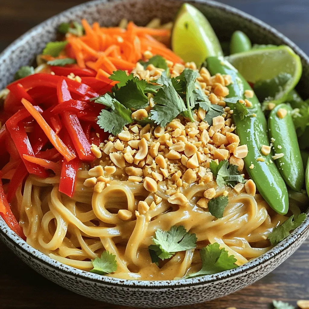 Um die würzigen Thai-Erdnussnudeln zuzubereiten, benötigen Sie einige Hauptzutaten. Hier ist eine Liste: - 225 g Reisnudeln - 60 ml cremige Erdnussbutter - 45 ml Sojasauce - 30 ml Limettensaft - 15 ml Honig oder Agavensirup - 15 ml Sesamöl - 2 Knoblauchzehen, fein gehackt - 1 Teelöffel frisch geriebener Ingwer - 1 rote Paprika, dünn geschnitten - 1 Tasse geraspelte Karotten - 1 Tasse Schuhschnabel (Snap Peas), geputzt - 1/4 Tasse frischer Koriander, gehackt - Zerstoßene Erdnüsse zur Dekoration - Limettenspalten zum Servieren Diese Zutaten bilden die Basis für ein köstliches Gericht. Die Kombination aus Erdnussbutter, Sojasauce und Limettensaft sorgt für eine tolle Balance zwischen süß, salzig und sauer. Wenn Sie einige Zutaten nicht finden, gibt es gute Alternativen. Hier sind einige Vorschläge: - Anstelle von Reisnudeln können Sie auch Vollkornnudeln verwenden. - Erdnussbutter kann durch Mandelbutter ersetzt werden. - Für eine glutenfreie Option nehmen Sie Tamari statt Sojasauce. - Limettensaft kann durch Zitronensaft ersetzt werden. - Statt Schuhschnabel können Sie Zuckerschoten oder Brokkoli verwenden. Diese Alternativen helfen, das Rezept an Ihre Vorlieben oder diätetische Bedürfnisse anzupassen. Frische Zutaten machen einen großen Unterschied im Geschmack. Hier sind einige Tipps zur Auswahl: - Wählen Sie Reisnudeln, die weich und gleichmäßig sind. - Achten Sie bei der Erdnussbutter auf eine cremige und natürliche Konsistenz. - Frisches Gemüse sollte knackig und leuchtend sein. - Koriander sollte ein starkes Aroma haben und grün sein. - Kaufen Sie Limetten, die fest sind und eine glatte Haut haben. Durch die Auswahl hochwertiger Zutaten stellen Sie sicher, dass Ihre würzigen Thai-Erdnussnudeln richtig lecker werden. Für das vollständige Rezept schauen Sie sich die [Full Recipe] an. Um die Reisnudeln zuzubereiten, folge diesen einfachen Schritten: 1. Nimm einen großen Topf und fülle ihn mit Wasser. 2. Bring das Wasser zum Kochen. 3. Füge die Reisnudeln hinzu und koche sie nach den Anweisungen auf der Verpackung. 4. Nach dem Kochen, gieße die Nudeln ab. 5. Spüle sie mit kaltem Wasser, um das Kochen zu stoppen. 6. Lass die Nudeln beiseite, während du die Sauce und das Gemüse vorbereitest. Die Erdnusssauce ist der Star dieses Gerichts. Hier ist, wie du sie machst: 1. Nimm eine mittelgroße Schüssel. 2. Gib die cremige Erdnussbutter hinein. 3. Füge Sojasauce, Limettensaft und Honig (oder Agavensirup) hinzu. 4. Gib das Sesamöl, den gehackten Knoblauch und den geriebenen Ingwer dazu. 5. Rühre alles gut um, bis die Sauce glatt ist. 6. Wenn die Sauce zu dick ist, füge einen Spritzer Wasser hinzu. Das Gemüse bringt Farbe und Frische in dein Gericht. Hier ist der Prozess: 1. Erhitze etwas Öl in einer großen Pfanne oder einem Wok bei mittlerer Hitze. 2. Füge die geschnittene rote Paprika, die geraspelten Karotten und die Schuhschnabel hinzu. 3. Brate das Gemüse 3-4 Minuten lang, bis es zart, aber knackig ist. 4. Gib die gekochten Reisnudeln in die Pfanne. 5. Gieße die Erdnusssauce darüber und mische alles gut. 6. Brate alles 2-3 Minuten, bis alles heiß ist. 7. Mische kurz vor dem Servieren den frischen Koriander unter. Jetzt hast du die perfekte Basis für deine würzigen Thai-Erdnussnudeln. Du kannst das ganze Rezept [Full Recipe] nachlesen, um alle Schritte zu sehen. Um die Erdnusssauce perfekt zu machen, beginnen Sie mit cremiger Erdnussbutter. Sie sorgt für die beste Textur. Wenn die Sauce zu dick ist, fügen Sie einfach einen Spritzer Wasser hinzu. Rühren Sie gut um, bis alles glatt ist. Ein weiterer Trick: Lassen Sie die Sauce nach dem Mischen 10 Minuten ruhen. So können die Aromen besser verschmelzen. Frische Kräuter bringen Leben in Ihre Thai-Erdnussnudeln. Koriander ist eine tolle Wahl. Er hat einen frischen, würzigen Geschmack, der die Erdnüsse ergänzt. Fügen Sie den Koriander erst kurz vor dem Servieren hinzu. So bleibt er frisch und knackig. Auch frische Minze kann eine spannende Ergänzung sein, wenn Sie einen anderen Geschmack ausprobieren möchten. Ein häufiger Fehler ist, die Nudeln zu lange zu kochen. Achten Sie darauf, sie al dente zu lassen. Sie sollten noch etwas Biss haben. Ein weiterer Fehler ist, die Sauce zu früh hinzuzufügen. Mischen Sie sie erst, wenn das Gemüse zart, aber knackig ist. So bleibt der Geschmack frisch. Und vergessen Sie nicht, die Reste gut zu lagern. Sie können die Nudeln später wieder aufwärmen. {{image_4}} Für eine vegane Erdnusssauce können Sie Honig durch Agavensirup ersetzen. Diese Zutat macht die Sauce süß, ohne tierische Produkte zu verwenden. Auch die Sojasauce können Sie durch eine glutenfreie Variante ersetzen. Sie erhalten so eine leckere, vegane Option. Fühlen Sie sich frei, das Gemüse zu variieren. Brokkoli, Zucchini oder Spinat passen gut zu diesen Nudeln. Auch Tofu ist eine großartige Proteinquelle. Braten Sie den Tofu vor dem Hinzufügen leicht an, um ihm mehr Geschmack zu verleihen. Wenn Sie es schärfer mögen, fügen Sie etwas Sriracha oder rote Chili-Flocken hinzu. Für eine mildere Variante lassen Sie diese Zutaten einfach weg. Es ist wichtig, den eigenen Geschmack zu berücksichtigen. So wird das Gericht genau nach Ihrem Wunsch zubereitet. Die Variationen für die würzigen Thai-Erdnussnudeln bieten Ihnen viele Möglichkeiten, um das Rezept anzupassen. Genießen Sie die Freiheit, Ihren eigenen Stil zu finden! Für das vollständige Rezept, schauen Sie sich die [Full Recipe] an. Wenn du Reste von den würzigen Thai-Erdnussnudeln hast, bewahre sie gut auf. Lass die Nudeln zuerst abkühlen. Nutze dann einen luftdichten Behälter. So bleiben die Nudeln frisch. Du kannst sie bis zu drei Tage im Kühlschrank aufbewahren. Beim Wiedererwärmen ist es wichtig, die Nudeln sanft zu erhitzen. Du kannst sie in der Mikrowelle oder in einer Pfanne erwärmen. Füge etwas Wasser oder Brühe hinzu, um die Nudeln nicht austrocknen zu lassen. Erhitze sie langsam, bis sie warm sind. Achte darauf, die Nudeln dabei gut zu rühren. Im Kühlschrank halten sich die Nudeln bis zu drei Tage. Wenn du sie länger aufbewahren möchtest, friere sie ein. In der Gefriertruhe bleiben sie bis zu drei Monate frisch. Achte darauf, die Nudeln in Portionen zu verpacken. So kannst du sie später einfach auftauen und wieder genießen. Du kannst die würzigen Thai-Erdnussnudeln bis zu drei Tage im Kühlschrank aufbewahren. Achte darauf, sie in einem luftdichten Behälter zu lagern. So bleiben die Nudeln frisch. Wenn du sie länger aufbewahren möchtest, friere sie ein. So bleiben die Aromen erhalten. Ja, du kannst die würzigen Thai-Erdnussnudeln im Voraus zubereiten. Koche die Nudeln und das Gemüse, aber lass sie ungemischt. Bereite die Erdnusssauce separat vor. Mische alles kurz vor dem Servieren. So bleibt die Textur der Nudeln und des Gemüses besser. Zu den würzigen Thai-Erdnussnudeln passen viele Beilagen. Probiere frische Frühlingsrollen oder einen leichten Gurkensalat. Auch gegrilltes Hähnchen oder Tofu sind tolle Ergänzungen. Sie bringen zusätzliches Protein und Geschmack. Zusammengefasst haben wir die Zutaten und die Zubereitung für würzige Thai-Erdnussnudeln besprochen. Ich erklärte, wie man die perfekte Erdnusssauce herstellt und frisches Gemüse wählt. Tipps zur perfekten Konsistenz und häufige Fehler helfen dir, das Gericht zu meistern. Variationen machen das Rezept flexibel, und Lagerungshinweise sind sehr wichtig. Du kannst das Rezept anpassen und genießen, wann immer du willst. Probiere das Rezept aus und entdecke die Vielfalt!